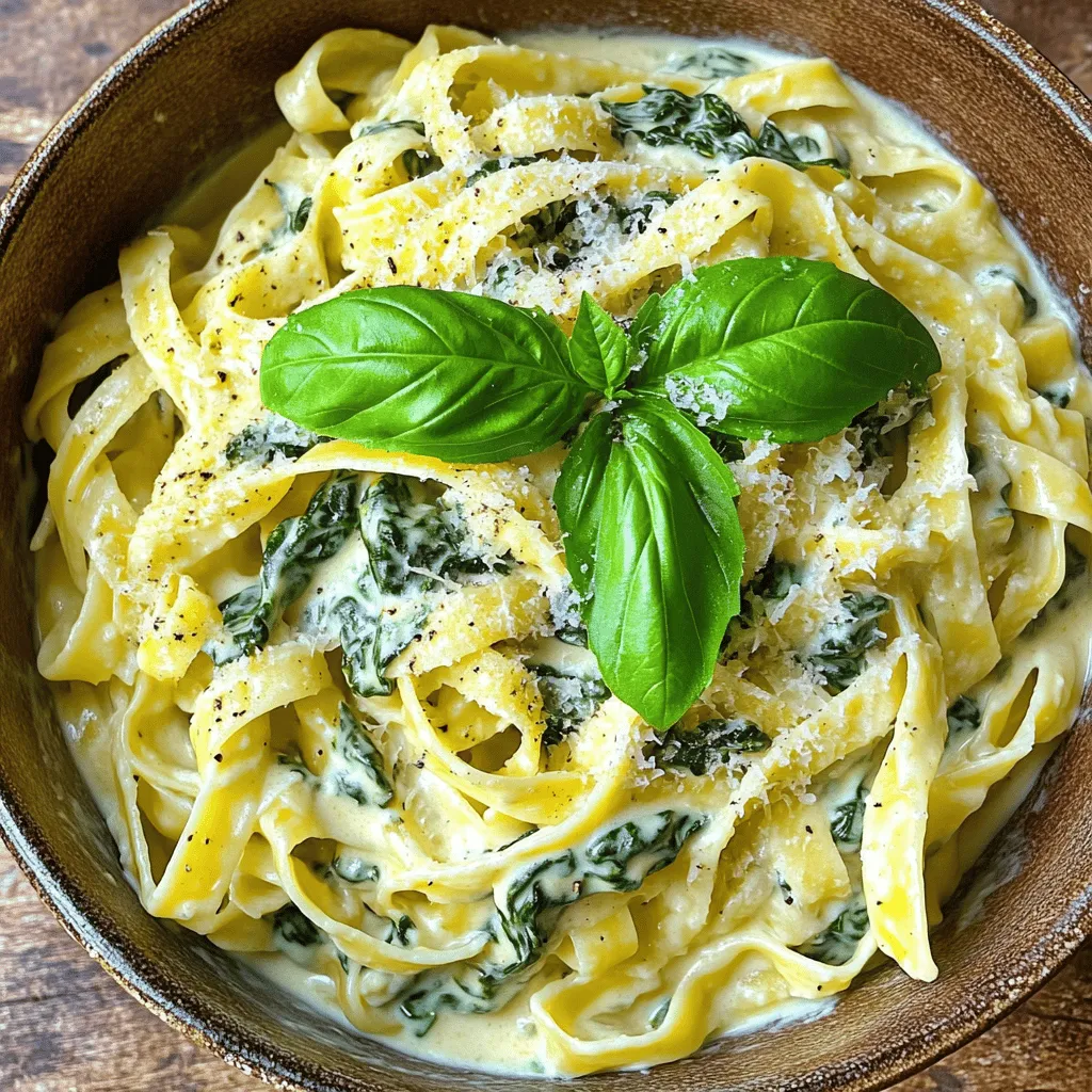 - 340 g Pasta (nach Wahl, z.B. Fettuccine oder Penne) - 2 Esslöffel Olivenöl - 3 Knoblauchzehen, fein gehackt - 180 g frischer Spinat, grob gehackt - 240 g Ricotta-Käse - 50 g geriebener Parmesan-Käse - ½ Teelöffel Muskatnuss - 120 ml Schlagsahne - Schale von 1 Zitrone - Frische Basilikumblätter zur Garnitur Die Zutaten für cremige Spinach und Ricotta Pasta sind einfach und frisch. Du kannst jede Pasta verwenden, die du magst. Fettuccine und Penne sind meine Favoriten. Olivenöl bringt Geschmack. Knoblauch fügt ein tolles Aroma hinzu. Der frische Spinat gibt der Sauce Farbe und Nährstoffe. Ricotta-Käse sorgt für die cremige Basis. Parmesan-Käse bringt zusätzlichen Geschmack. Muskatnuss fügt eine warme Note hinzu. Schlagsahne macht die Sauce noch reichhaltiger. Die Zitronenschale gibt einen frischen Kick. Frische Basilikumblätter sind perfekt zum Garnieren. Diese Zutaten machen das Gericht nicht nur lecker, sondern auch schön. Wenn du mehr über die Zubereitung erfahren möchtest, schau dir das Full Recipe an. Bringe einen großen Topf mit gesalzenem Wasser zum Kochen. Füge die Pasta hinzu und koche sie al dente. Hebe 240 ml Nudelwasser auf, bevor du die Pasta abgießt und beiseite stellst. Erhitze in einer großen Pfanne das Olivenöl bei mittlerer Hitze. Füge den gehackten Knoblauch hinzu. Brate ihn etwa 1 Minute, bis er duftet. Achte darauf, dass er nicht verbrennt. Rühre den gehackten Spinat ein. Koche ihn 3 bis 4 Minuten lang, bis er zusammenfällt. Würze mit Salz und Pfeffer nach Geschmack. Reduziere die Hitze. Füge den Ricotta, den geriebenen Parmesan, die Muskatnuss und die Schlagsahne zur Pfanne hinzu. Rühre gründlich, bis die Käsesorten glatt sind. Falls die Mischung zu dick ist, füge nach und nach das aufbewahrte Nudelwasser hinzu. Gib die gekochte Pasta in die Pfanne. Mische sie vorsichtig in der cremigen Spinatmischung. Rühre die Zitronenschale ein, um einen frischen Geschmack zu setzen. Sobald die Pasta gut durchgewärmt ist, nimm die Pfanne vom Herd. Richte die cremige Pasta auf Tellern an. Garniere mit frischen Basilikumblättern und zusätzlichem Parmesan, wenn gewünscht. Für eine cremige Sauce ist Nudelwasser der Schlüssel. Wenn du die Pasta kochst, hebe etwas von dem stärkehaltigen Wasser auf, bevor du die Pasta abgießt. Die Stärke im Wasser hilft, die Sauce zu binden und macht sie schön cremig. Füge nach und nach das Nudelwasser zur Sauce hinzu, bis du die gewünschte Konsistenz erreichst. So wird dein Gericht perfekt. Frisch gehackter Knoblauch sorgt für mehr Geschmack. Ich empfehle, die Knoblauchzehen vor dem Anbraten gut zu hacken. So wird der Geschmack intensiver und aromatischer. Achte darauf, den Knoblauch nicht zu verbrennen, da er sonst bitter wird. Ein kurzer Anbratprozess reicht aus, um das volle Aroma zu entfalten. Jeder hat seinen eigenen Geschmack. Du kannst die Gewürze nach deinem persönlichen Vorlieben anpassen. Magst du es würziger? Füge etwas Chili oder mehr Pfeffer hinzu. Vielleicht möchtest du auch mehr Zitronenschale für einen frischen Kick. Sei kreativ und probiere verschiedene Kombinationen aus, um dein perfektes Gericht zu kreieren. {{image_4}} Für eine noch buntere Pasta kannst du zusätzlich Pilze oder Paprika verwenden. Diese Gemüsesorten bringen mehr Geschmack und Farbe. Einfach ein paar Scheiben Pilze in die Pfanne geben, wenn du den Knoblauch anbrätst. Paprika kannst du ebenfalls in Würfel schneiden und mit dem Spinat hinzufügen. So wird dein Gericht noch gesünder und schmackhafter. Möchtest du mehr Protein in deinem Gericht? Dann füge Hähnchen oder Garnelen hinzu. Brate das Hähnchen zuerst an, bis es gut durch ist. Danach kannst du es in Würfel schneiden und zur cremigen Sauce geben. Garnelen sind eine schnelle Variante. Sie brauchen nur ein paar Minuten in der Pfanne. Beide Optionen machen die Pasta nahrhafter und sättigender. Für alle, die glutenfrei essen, gibt es gute Nachrichten! Du kannst einfach glutenfreie Pasta verwenden. Diese gibt es in vielen Sorten, wie Reis- oder Maisnudeln. Achte darauf, die Kochzeit anzupassen. So bleibt die Pasta al dente und schmeckt einfach lecker. Damit kannst du das Rezept ganz leicht anpassen und genießen. Wenn du mehr über die Zubereitung erfahren möchtest, schau dir die ausführliche Anleitung im Full Recipe an. Bewahre die cremige Spinach und Ricotta Pasta in einem luftdichten Behälter auf. Decke sie gut ab, um die Frische zu erhalten. So bleibt der Geschmack lange erhalten. Du kannst die Pasta im Kühlschrank bis zu drei Tage lagern. Vor dem Einfrieren solltest du die Pasta vollständig abkühlen lassen. Fülle sie dann in einen gefrierfesten Behälter. Achte darauf, die Luft möglichst herauszudrücken, um Frostschäden zu vermeiden. So kannst du die Pasta bis zu zwei Monate einfrieren. Um die Pasta wieder aufzuwärmen, kannst du sie im Ofen oder in der Mikrowelle erhitzen. Im Ofen solltest du sie bei 180 Grad Celsius für etwa 15 Minuten backen. In der Mikrowelle erhitzt du sie in Intervallen von 1 bis 2 Minuten. Füge etwas Wasser oder Sahne hinzu, um die Cremigkeit zu bewahren. So bleibt der Geschmack frisch und lecker. Du kannst die Pasta im Kühlschrank für bis zu 3 Tage aufbewahren. Achte darauf, sie in einem luftdichten Behälter zu lagern. So bleibt der Geschmack frisch und die Konsistenz angenehm. Ja, das ist möglich! Du kannst pflanzliche Alternativen für Ricotta und Sahne verwenden. Zum Beispiel bieten sich Cashew-Creme oder Tofu als gute Optionen an. Diese ersetzen die Milchprodukte und sorgen für eine tolle cremige Textur. Zu dieser Pasta passen Salate oder geröstetes Brot sehr gut. Ein frischer grüner Salat bringt einen schönen Kontrast zur cremigen Sauce. Geröstetes Brot eignet sich perfekt zum Dippen. Du kannst Fettuccine, Penne oder jede andere Lieblingssorte verwenden. Jede Pasta bringt ihren eigenen Charme. Wähle die, die dir am besten gefällt! Ja, auch gefrorener Spinat kann verwendet werden. Achte darauf, ihn vorher gut abzutropfen. So wird die Sauce nicht zu wässrig. Frischer Spinat bietet zwar einen tollen Geschmack, aber die gefrorene Variante ist eine praktische Alternative. Diese cremige Spinach-Ricotta-Pasta ist einfach zuzubereiten und lecker. Du brauchst nur ein paar Hauptzutaten wie Pasta, Knoblauch, Spinat und Käse. Beachte die Tipps für die perfekte Sauce und Variationen, die du ausprobieren kannst. Lagere die Reste richtig und genieße sie später. Jede Zutat spielt eine Rolle für den Geschmack. Lass dich beim Kochen inspirieren und passe das Rezept nach deinem Geschmack an. Dieses Gericht ist ideal für Familienessen oder Überraschungen. Probier es aus und überrasch deine Gäste!