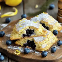 - 2 Tassen Allzweckmehl - 1/3 Tasse Kristallzucker - 1 Esslöffel Backpulver - 1/2 Teelöffel Salz Die Hauptzutaten sind einfach zu finden. Diese Basis gibt den Scones ihre Struktur und Süße. Mehl sorgt für die richtige Konsistenz. Zucker fügt eine angenehme Süße hinzu. Backpulver hilft den Scones beim Aufgehen, während das Salz den Geschmack abrundet. - 1/4 Tasse ungesalzene Butter, kalt und gewürfelt - 1 Tasse frische Blaubeeren - Schale von 1 großen Zitrone - 1/2 Tasse Schlagsahne - 1 großes Ei - 1 Teelöffel Vanilleextrakt - 1 Esslöffel Zitronensaft (frisch gepresst) Diese Zutaten bringen frische Aromen in die Scones. Kalte Butter macht die Scones flauschig. Blaubeeren fügen Farbe und Geschmack hinzu. Die Zitronenschale gibt einen zarten Zitrusgeschmack. Schlagsahne sorgt für eine feuchte Textur. Das Ei hilft, die Scones zusammenzuhalten. Vanilleextrakt rundet das Aroma ab, während frischer Zitronensaft den Geschmack verstärkt. Diese Kombination ist in meinem [Full Recipe] perfekt ausgearbeitet. Heize zuerst deinen Ofen auf 220°C vor. Lege ein Backblech mit Backpapier aus. Dies hilft den Scones, nicht zu kleben. Jetzt mische die trockenen Zutaten in einer großen Schüssel. Du benötigst 2 Tassen Allzweckmehl, 1/3 Tasse Kristallzucker, 1 Esslöffel Backpulver und 1/2 Teelöffel Salz. Mische alles gut, damit sich die Zutaten gleichmäßig verteilen. Jetzt kommt der spaßige Teil! Füge 1/4 Tasse kalte, gewürfelte Butter zu deiner Mehlmischung hinzu. Verwende deine Fingerspitzen oder einen Teigschneider, um die Butter einzuarbeiten. Du möchtest eine krümelige Textur erreichen. Danach füge vorsichtig 1 Tasse frische Blaubeeren und die Schale von 1 großen Zitrone hinzu. Sei vorsichtig, damit du die Blaubeeren nicht zerdrückst. In einer separaten Schüssel verquirle 1/2 Tasse Schlagsahne, 1 großes Ei, 1 Teelöffel Vanilleextrakt und 1 Esslöffel frisch gepressten Zitronensaft. Gieße die feuchten Zutaten in die trockene Mischung. Rühre alles vorsichtig um, bis die Zutaten gerade so kombiniert sind. Übermische es nicht, sonst werden die Scones hart. Lege den Teig auf eine leicht bemehlte Fläche. Forme ihn zu einem Kreis, etwa 2,5 cm dick. Schneide den Teig in 8 Keile. Lege die Keile auf das vorbereitete Backblech. Achte darauf, dass zwischen den Scones etwa 5 cm Platz ist. Backe die Scones im vorgeheizten Ofen für 15-17 Minuten. Sie sind fertig, wenn die Ränder goldbraun sind. Nimm sie aus dem Ofen und lasse sie kurz auf dem Blech abkühlen. Danach kannst du sie auf ein Abkühlgitter legen. Für das volle Rezept schaue dir das Rezept an. Um die besten Scones zu backen, ist die Handhabung des Teigs wichtig. Verwende kalte Butter, um die Scones fluffig zu machen. Mische die trockenen Zutaten gut. Füge die Butter hinzu und arbeite schnell, bis die Mischung krümelig ist. Übermische den Teig nicht, das macht die Scones hart. Achte darauf, die Blaubeeren vorsichtig unterzuheben, um sie nicht zu zerdrücken. Die Temperatur spielt auch eine große Rolle. Heize deinen Ofen auf 220°C (425°F) vor. So backen die Scones gleichmäßig und werden schön goldbraun. Achte darauf, die Scones in der Mitte des Ofens zu platzieren, um eine gleichmäßige Hitzeverteilung zu gewährleisten. Überprüfe die Scones nach 15 Minuten. Sie sollten leicht goldbraun sein. Wenn die Scones fertig sind, serviere sie warm. Bestäube sie leicht mit Puderzucker, um das Aussehen zu verbessern. Lege ein paar frische Blaubeeren daneben für einen schönen Kontrast. Du kannst die Scones auch mit Clotted Cream oder Zitronencreme genießen. Diese Beilagen geben den Scones einen zusätzlichen Kick und machen sie noch leckerer. Für mehr Details, schau dir das Full Recipe an. {{image_4}} Wenn Sie glutenfreie Scones möchten, haben Sie gute Optionen. Sie können glutenfreies Mehl verwenden. Achten Sie darauf, eine Mischung zu wählen, die Xanthan beinhaltet. Dies hilft, die Struktur der Scones zu bewahren. Zutatenanpassungen: - 2 Tassen glutenfreies Mehl - 1 Teelöffel Xanthan Backanweisungen für glutenfreies Mehl: 1. Mischen Sie das glutenfreie Mehl und Xanthan gut mit den anderen trockenen Zutaten. 2. Gehen Sie dann wie im Rezept beschrieben vor. Die Backzeit bleibt gleich. Für eine vegane Variante können Sie tierische Produkte ersetzen. Dies macht die Scones pflanzenfreundlich. Ersatzstoffe für tierische Produkte: - Verwenden Sie pflanzliche Butter anstelle von normaler Butter. - Ersetzen Sie die Schlagsahne durch pflanzliche Sahne. - Nutzen Sie einen Chia- oder Leinsamen-Ei-Ersatz: 1 Esslöffel gemahlene Samen mit 2,5 Esslöffel Wasser vermischen und 5 Minuten ruhen lassen. Tipps zur Konsistenz des Teigs: 1. Achten Sie darauf, dass der Teig nicht zu trocken wird. Fügen Sie nach Bedarf etwas mehr pflanzliche Sahne hinzu. 2. Arbeiten Sie den Teig sanft, um die Scones locker zu halten. Um die Scones frisch zu halten, lagern Sie sie bei Raumtemperatur. Legen Sie sie in eine luftdichte Box. So bleiben sie weich und lecker. Wenn Sie die Scones länger aufbewahren möchten, nutzen Sie die Kühloption. Wickeln Sie die Scones in Frischhaltefolie und legen Sie sie in den Kühlschrank. Wie lange bleiben die Scones frisch? Bei Raumtemperatur bleiben sie etwa 2 bis 3 Tage gut. Im Kühlschrank halten sie bis zu einer Woche. Wenn Sie die Scones aufwärmen möchten, nutzen Sie den Ofen oder die Mikrowelle. Im Ofen bei 180°C für 5 bis 10 Minuten aufwärmen. In der Mikrowelle reichen 15 bis 20 Sekunden. So schmecken die Scones fast wie frisch gebacken. Für das beste Ergebnis, genießen Sie sie frisch aus dem Ofen. Wenn Sie den gesamten Prozess von der Zubereitung bis zur Aufbewahrung sehen wollen, schauen Sie sich das Full Recipe an. Die Zubereitung dieser Scones dauert nur 15 Minuten. Sie müssen zuerst den Ofen auf 220°C vorheizen. Während der Ofen aufheizt, mischen Sie die trockenen Zutaten in einer großen Schüssel. Danach fügen Sie die Butter und die Blaubeeren hinzu. Sobald der Teig fertig ist, formen Sie ihn in einen Kreis. Schneiden Sie ihn in Keile. Dann backen Sie die Scones für 15 bis 17 Minuten. Sie sind fertig, wenn sie goldbraun sind. Insgesamt benötigen Sie also etwa 30 Minuten von Anfang bis Ende. Ja, Sie können gefrorene Blaubeeren verwenden. Sie sind eine tolle Option, wenn frische Beeren nicht verfügbar sind. Achten Sie darauf, die gefrorenen Blaubeeren nicht aufzutauen, bevor Sie sie in den Teig geben. Wenn Sie frisch gefrorene Beeren verwenden, bleiben sie besser in Form. So vermeiden Sie, dass der Teig blau wird. Dies gibt den Scones ein schöneres Aussehen und einen leckeren Geschmack. Der Geschmack dieser Scones kann leicht angepasst werden. Sie können verschiedene Zitrusfrüchte verwenden, wie Limetten oder Orangen. Fügen Sie auch einige Nüsse hinzu, um einen knusprigen Biss zu bekommen. Kräuter wie Rosmarin oder Thymian können auch eine interessante Note hinzufügen. Experimentieren Sie mit verschiedenen Aromen, um Ihre perfekte Mischung zu finden. Schauen Sie sich auch das [Full Recipe] an, um weitere Ideen zu erhalten. Zusammenfassend haben wir die Hauptzutaten für köstliche Scones betrachtet. Dazu gehören Mehl, Zucker und frische Blaubeeren. Ich habe dir einen klaren Schritt-für-Schritt-Plan zum Backen gegeben. Denke daran, Tipps zur perfekten Teighandhabung und Präsentation zu nutzen. Du kannst sogar glutenfreie oder vegane Scones machen. Lagere die Scones richtig, damit sie lange frisch bleiben. Mit diesen Tricks und Variationen bist du bereit, deine idealen Scones zu backen. Viel Spaß beim Ausprobieren!