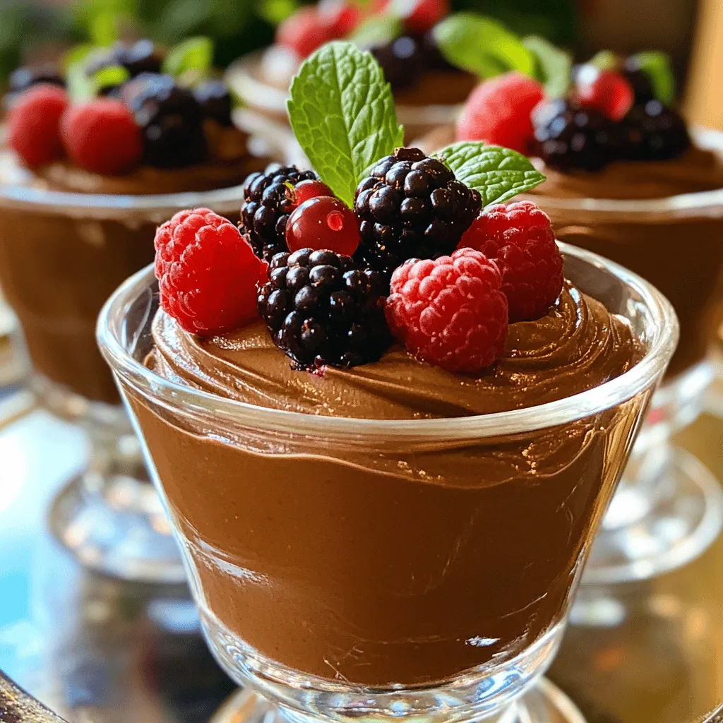 Für die Schokoladen-Avocado-Mousse brauchst du folgende Hauptzutaten: - 2 reife Avocados, geschält und entsteint - 125 g ungesüßtes Kakaopulver - 80 ml Ahornsirup (oder Honig) - 60 ml Mandelmilch (oder eine beliebige Milch nach Wahl) - 1 Teelöffel Vanilleextrakt - Eine Prise Salz Diese Zutaten ergeben eine cremige und schokoladige Mousse. Die Avocados sind der Geheimtipp. Sie bringen die Mousse in die perfekte Konsistenz. Kakaopulver sorgt für den intensiven Schokoladengeschmack. Ahornsirup süßt das Ganze auf natürliche Weise. Um deine Mousse zu dekorieren, kannst du folgende Zutaten verwenden: - Frische Beeren (Himbeeren, Erdbeeren oder Blaubeeren) - Minzblätter Die Garnierungen bringen nicht nur Farbe, sondern auch Frische. Beeren sind gesund und machen das Dessert noch leckerer. Minze gibt einen tollen Kontrast zur Süße der Mousse. Die Wahl der Avocado ist sehr wichtig. Hier sind einige Tipps: - Wähle reife Avocados. Diese sind weich, aber nicht matschig. - Drücke sanft auf die Avocado. Sie sollte leicht nachgeben. - Achte auf die Farbe. Eine dunkle Haut zeigt oft Reife. Wenn du diese Tipps befolgst, bekommst du die besten Avocados für deine Mousse. Eine gute Avocado macht den Unterschied! Du findest das vollständige Rezept im Abschnitt „Full Recipe“. Um deine Schokoladen-Avocado-Mousse zuzubereiten, beginne mit der Vorbereitung. Du brauchst zwei reife Avocados. Achte darauf, dass sie weich sind, aber nicht überreif. Schäle die Avocados und entferne die Kerne. Dann wiege 125 g ungesüßtes Kakaopulver ab. Du brauchst auch 80 ml Ahornsirup oder Honig. Wähle die Süße, die dir am besten gefällt. Messe 60 ml Mandelmilch oder eine Milch deiner Wahl ab. Vergiss nicht den Teelöffel Vanilleextrakt und eine Prise Salz. Diese Zutaten machen deine Mousse besonders lecker. Gib alle Zutaten in eine Küchenmaschine. Mixe die Mischung bei hoher Geschwindigkeit. Achte darauf, die Seiten der Schüssel abzuschaben. So vermischst du alles gut. Die Mousse sollte glatt und cremig sein. Probier die Mischung und passe die Süße an. Wenn du mehr Süße möchtest, füge einfach mehr Ahornsirup hinzu. Mixe dann ein weiteres Mal. Fülle die Mousse in Servierschalen oder Gläser. Sieht toll aus und schmeckt noch besser! Lass die Mousse für mindestens 30 Minuten im Kühlschrank ruhen. So wird sie fester und noch köstlicher. Vor dem Servieren kannst du frische Beeren und Minzblätter hinzufügen. Diese geben einen frischen Kick und sehen schön aus. Deine Schokoladen-Avocado-Mousse ist jetzt fertig zum Genießen! Du kannst das Rezept hier finden: [Full Recipe]. Um die perfekte Konsistenz für deine Schokoladen-Avocado-Mousse zu erzielen, achte darauf, die Avocados gut zu reifen. Sie sollten weich, aber nicht matschig sein. Mixe die Zutaten in einer Küchenmaschine, bis sie ganz glatt sind. Wenn die Mousse zu dick ist, füge einen Spritzer Mandelmilch hinzu. Für eine luftigere Textur kannst du die Mousse auch länger mixen. Jeder hat einen anderen Geschmack. Probiere die Mousse während der Zubereitung. Wenn du mehr Süße möchtest, füge mehr Ahornsirup hinzu. Du kannst auch Honig verwenden, wenn du es magst. Denke daran, dass die Süße nach dem Kühlen intensiver wird. Also, sei vorsichtig mit der Menge! Für dieses Rezept brauchst du nur ein paar einfache Werkzeuge. Eine Küchenmaschine ist das Hauptgerät. Sie hilft, die Avocados und das Kakaopulver gut zu vermischen. Ein Spatel ist hilfreich, um die Mousse aus der Schüssel zu kratzen. Du benötigst außerdem Messbecher für die genauen Mengen. Mit diesen Tools bist du bestens gerüstet für deine Schokoladen-Avocado-Mousse! {{image_4}} Du kannst die Grundrezeptur leicht ändern. Füge einen Esslöffel Kaffeepulver hinzu. Dieser Schritt verleiht deiner Mousse einen tiefen, reichen Geschmack. Für einen tropischen Twist kannst du Kokosmilch statt Mandelmilch verwenden. Der Kokosgeschmack ergänzt die Schokolade perfekt und gibt einen Hauch von Urlaub. Die Schokoladen-Avocado-Mousse ist schon vegan, wenn du Ahornsirup verwendest. Achte darauf, dass du glutenfreie Zutaten wählst. Die Mousse selbst enthält keine Gluten. Das macht sie ideal für viele Diäten. Verwende für eine nussfreie Option Hafermilch. Diese Milch ist leicht und hat einen milden Geschmack. Du kannst die Mousse kreativ servieren. Fülle sie in kleine Tassen oder Gläser. Das sieht hübsch aus und ist praktisch. Für ein Schichtdessert schichte die Mousse mit frischen Beeren. Beginne mit einer Schicht Mousse, gefolgt von einer Schicht Beeren. Wiederhole das bis zum Rand. Das sieht toll aus und schmeckt himmlisch. Du kannst die Mousse auch in einer großen Schüssel servieren und die Gäste selbst schöpfen lassen. Egal für welche Variation du dich entscheidest, die Mousse bleibt ein Genuss. Du kannst die [Full Recipe] als Grundlage nutzen und deiner Kreativität freien Lauf lassen. Um deine Schokoladen-Avocado-Mousse frisch zu halten, lagere sie in einem luftdichten Behälter. Das schützt sie vor anderen Gerüchen im Kühlschrank. Stelle sicher, dass der Behälter gut verschlossen ist, um die Mousse optimal zu schützen. Du kannst die Mousse auch in kleine Gläser füllen. So bleibt sie ansprechend und bereit zum Servieren. Die Mousse hält sich im Kühlschrank etwa drei Tage. Achte darauf, sie vor dem Servieren kurz durchzurühren. Du kannst die Mousse auch einfrieren, aber nur für etwa einen Monat. Um sie nach dem Einfrieren zu genießen, lasse sie einfach im Kühlschrank auftauen. Rühre sie dann gut durch, um die Textur zu verbessern. Avocados neigen dazu, schnell zu oxidieren. Dies führt zu einer braunen Farbe. Um dies zu vermeiden, füge einen Spritzer Zitronensaft zur Mousse hinzu. Das hilft, die frische grüne Farbe zu bewahren. Eine andere Möglichkeit ist, die Mousse sofort nach der Zubereitung zu lagern. So bleibt sie lange schön und lecker. Ja, diese Mousse ist gesund. Sie enthält gesunde Fette aus Avocados. Diese Fette fördern die Herzgesundheit. Zudem liefert das Kakaopulver Antioxidantien. Es ist auch eine großartige Quelle für Ballaststoffe. Der Ahornsirup bietet eine natürliche Süße. So ist es eine süße Leckerei ohne schlechtes Gewissen. Ja, Sie können andere Süßstoffe verwenden. Honig ist eine gute Option. Agavensirup oder Kokosblütenzucker funktionieren auch gut. Achten Sie darauf, die Menge anzupassen. Jeder Süßstoff hat einen anderen Geschmack und Süßegrad. Probieren Sie es aus, um Ihre perfekte Mischung zu finden. Die Mousse kann bis zu drei Tage im Kühlschrank bleiben. Stellen Sie sicher, dass sie gut abgedeckt ist. So bleibt sie frisch und lecker. Wenn Sie sie länger aufbewahren möchten, können Sie sie einfrieren. In einem luftdichten Behälter kann sie bis zu einem Monat halten. Denken Sie daran, sie vor dem Servieren im Kühlschrank aufzutauen. Die Schokoladen-Avocado-Mousse ist eine leckere und gesunde Wahl. Wir haben die Hauptzutaten, Tipps zur Vorbereitung, und Schritt-für-Schritt-Anweisungen behandelt. Variationen bieten spannende Möglichkeiten, und die Lagerung sorgt dafür, dass sie frisch bleibt. Diese Mousse ist einfach zuzubereiten und anpassbar. Probiere neue Geschmäcker und genieße sie in verschiedenen Formen. Jetzt bist du bereit, diese köstliche Mousse selbst zu machen. Viel Spaß beim Ausprobieren!