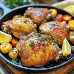 Um smokey paprika Hühnchenkeulen herzustellen, brauchst du einige wichtige Zutaten. Diese sind: - 4 Hühnchenkeulen (mit Haut und Knochen) - 2 Esslöffel geräuchertes Paprika - 1 Esslöffel Knoblauchpulver - 1 Teelöffel Zwiebelpulver - 1 Teelöffel Kreuzkümmel - 1 Teelöffel Salz - 1/2 Teelöffel schwarzer Pfeffer - 1/4 Teelöffel Cayennepfeffer (nach Geschmack anpassen) - 2 Esslöffel Olivenöl - 1 Esslöffel Apfelessig - Frische Petersilie, gehackt (zum Garnieren) Diese Zutaten bringen den vollen Geschmack hervor und geben den Hühnchenkeulen eine tolle rauchige Note. Die Gewürze sind der Schlüssel zu diesem Gericht. Geräuchertes Paprika gibt dem Hühnchen seine besondere Note. Es hat einen tiefen, rauchigen Geschmack. Knoblauchpulver und Zwiebelpulver fügen einen herzhaften Geschmack hinzu. Kreuzkümmel bringt eine leichte Erdtönung, die perfekt passt. Salz und Pfeffer sind wichtig, um die Aromen zu heben. Cayennepfeffer sorgt für eine angenehme Schärfe. Du kannst die Menge anpassen, je nach deinem Geschmack. Falls du keine Hühnchenkeulen hast, kannst du auch Hähnchenbrust verwenden. Die Zubereitung bleibt gleich. Für eine vegetarische Option kannst du Paprika-Tofu verwenden. Tofu nimmt die Gewürze gut auf und wird lecker. Wenn du keinen geräucherten Paprika hast, benutze normalen Paprika und füge einen Hauch von Flüssigrauch hinzu. So kannst du den rauchigen Geschmack nachahmen. Für die vollständige Anleitung schau dir das [Full Recipe] an. Zuerst mische die Gewürze in einer großen Schüssel. Du brauchst geräuchertes Paprika, Knoblauchpulver, Zwiebelpulver, Kreuzkümmel, Salz, schwarzen Pfeffer und Cayennepfeffer. Rühre alles gut um, bis die Gewürze gleichmäßig verteilt sind. Dies gibt dem Hühnchen einen tiefen, rauchigen Geschmack. Jetzt kommen die Hühnchenkeulen ins Spiel. Gib sie in die Schüssel mit der Gewürzmischung. Beträufle sie mit Olivenöl und Apfelessig. Wende die Keulen vorsichtig in der Mischung. Achte darauf, dass die Gewürze gut unter die Haut gelangen. So wird das Fleisch aromatisch und saftig. Lass die Keulen für mindestens 30 Minuten marinieren. Du kannst sie auch über Nacht im Kühlschrank lassen. Heize deinen Ofen auf 200°C vor. Nimm eine ofenfeste Pfanne und erhitze sie bei mittlerer bis hoher Hitze. Wenn die Pfanne heiß ist, lege die Hühnchenkeulen mit der Hautseite nach unten hinein. Brate sie für 5-7 Minuten. Die Haut sollte knusprig und goldbraun sein. Drehe die Keulen dann um und stelle die Pfanne in den Ofen. Backe sie für 25-30 Minuten, bis die Innentemperatur 75°C erreicht hat. Lass das Hühnchen nach dem Backen 5 Minuten ruhen. Bestreue es vor dem Servieren mit frischer Petersilie. Für das gesamte Rezept kannst du [Full Recipe] nutzen. Um die Haut deiner Hühnchenkeulen perfekt knusprig zu machen, achte auf die Temperatur. Beginne mit einer heißen Pfanne. Die Hautseite sollte in die heiße Pfanne gelegt werden. So wird sie schnell goldbraun und knusprig. Lass die Keulen nicht zu früh wenden. Ein bisschen Geduld zahlt sich aus. Die Marinade ist der Schlüssel zu intensivem Geschmack. Mische die Gewürze gut und reibe sie unter die Haut. Lasse die Hühnchenkeulen mindestens eine Stunde marinieren. Je länger, desto besser. Über Nacht im Kühlschrank ist ideal. So ziehen die Aromen ein und das Fleisch wird zart. Serviere die Hühnchenkeulen auf einem rustikalen Holzbrett. Kombiniere sie mit geröstetem Gemüse. Eine frische Petersilie bringt Farbe ins Spiel. Zitronenspalten dazu geben einen frischen Kick. Für eine tolle Präsentation kannst du auch einen Dip anbieten. Vorschläge sind Joghurt oder eine scharfe Sauce. Diese kleinen Extras machen das Gericht besonders. Du kannst das volle Rezept für diese köstlichen Hühnchenkeulen [hier finden](#). {{image_4}} Wenn du eine vegetarische Option wünschst, probiere Paprika-Tofu. Tofu nimmt Aromen gut auf. Schneide den Tofu in Würfel und mariniere ihn. Verwende das gleiche Gewürzrezept. Brate den Tofu in der Pfanne an, bis er goldbraun ist. Dann backe ihn für 15 Minuten im Ofen. So erhältst du ein leckeres, rauchiges Gericht. Für mehr Hitze füge Chili hinzu. Du kannst frische, getrocknete oder Pulver verwenden. Mische eine halbe Teelöffel rote Pfefferflocken oder frische Jalapeños in die Marinade. Das sorgt für einen tollen Kick. Achte auf deine Gäste und passe die Menge an. So wird das Gericht spannend und passt zu jedem Geschmack. Die Hühnchenkeulen passen gut zu vielen Beilagen. Hier sind ein paar Ideen: - Gegrilltes Gemüse: Zucchini, Paprika und Auberginen sind perfekt. - Reis: Ein einfacher, fluffiger Reis ergänzt das Gericht. - Kartoffeln: Probiere gebratene oder pürierte Kartoffeln. - Salat: Ein frischer grüner Salat bringt Leichtigkeit. Kombiniere diese Beilagen, um ein komplettes Menü zu kreieren. Die rauchigen Aromen der Hühnchenkeulen harmonieren perfekt. Wenn du die rauchigen Paprika-Hühnchenkeulen im Kühlschrank aufbewahren möchtest, lass sie zuerst auf Raumtemperatur abkühlen. Lege sie dann in einen luftdichten Behälter. So bleiben sie frisch und lecker. Du kannst sie bis zu drei Tage im Kühlschrank lagern. Für längere Lagerung kannst du die Hühnchenkeulen einfrieren. Wickele sie gut in Frischhaltefolie ein und lege sie in einen Gefrierbeutel. So vermeidest du Gefrierbrand. Diese Hühnchenkeulen halten bis zu drei Monate im Gefrierfach. Um sie aufzutauen, lege sie einfach über Nacht in den Kühlschrank. Wenn du die Hühnchenkeulen wieder aufwärmen willst, mache das im Ofen. Heize den Ofen auf 180°C (350°F) vor. Lege die Keulen in eine ofenfeste Form und decke sie mit Alufolie ab. So bleiben sie saftig. Erhitze sie für etwa 15-20 Minuten oder bis sie gut durchwarmt sind. Du kannst auch die Haut für ein paar Minuten ohne Folie bräunen, um sie knusprig zu machen. Die Zubereitung dauert insgesamt etwa 45 Minuten. Die Vorbereitungszeit beträgt nur 10 Minuten. Danach backen die Hühnchenkeulen im Ofen für 25 bis 30 Minuten. Diese Zeit reicht aus, um die Hühnchenkeulen schön zart und aromatisch zu machen. Ja, du kannst die Hühnchenkeulen auch auf dem Grill zubereiten. Grillen gibt dem Fleisch einen tollen Rauchgeschmack. Stelle sicher, dass die Grilltemperatur gleichmäßig ist. Grille die Hühnchenkeulen bei mittlerer Hitze, bis sie gut durchgegart sind. Das dauert etwa 25 bis 30 Minuten, abhängig von der Größe der Keulen. Zu den rauchigen Paprika-Hühnchenkeulen passen viele Beilagen. Hier sind einige Ideen: - Geröstetes Gemüse: Karotten, Zucchini und Paprika sind großartig. - Reis: Ein einfacher, lockerer Reis ergänzt die Aromen. - Kartoffeln: Ob püriert oder als Bratkartoffeln, sie sind immer eine gute Wahl. - Salate: Ein frischer grüner Salat bringt Frische ins Gericht. Experimentiere mit verschiedenen Beilagen, um dein perfektes Meal zu finden. Für das vollständige Rezept schaue dir die [Full Recipe] an! Zusammenfassend haben wir die Hauptzutaten für smokey paprika Hühnchenkeulen besprochen, sowie die Schritte zur Zubereitung. Sie lernen, wie Sie die Gewürze mischen, die Hühnchenkeulen marinieren und perfekt anbraten. Wir haben auch Tipps für knusprige Haut und Dabei geholfen, kreative Variationen und Lagerungshinweise zu finden. Denken Sie daran, dass leckeres Kochen Spaß macht. Experimentieren Sie mit verschiedenen Zutaten und genießen Sie Ihr Gericht!