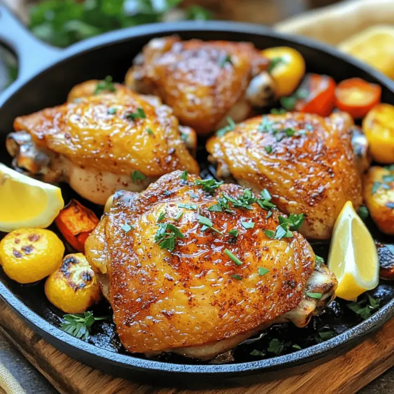 Um smokey paprika Hühnchenkeulen herzustellen, brauchst du einige wichtige Zutaten. Diese sind: - 4 Hühnchenkeulen (mit Haut und Knochen) - 2 Esslöffel geräuchertes Paprika - 1 Esslöffel Knoblauchpulver - 1 Teelöffel Zwiebelpulver - 1 Teelöffel Kreuzkümmel - 1 Teelöffel Salz - 1/2 Teelöffel schwarzer Pfeffer - 1/4 Teelöffel Cayennepfeffer (nach Geschmack anpassen) - 2 Esslöffel Olivenöl - 1 Esslöffel Apfelessig - Frische Petersilie, gehackt (zum Garnieren) Diese Zutaten bringen den vollen Geschmack hervor und geben den Hühnchenkeulen eine tolle rauchige Note. Die Gewürze sind der Schlüssel zu diesem Gericht. Geräuchertes Paprika gibt dem Hühnchen seine besondere Note. Es hat einen tiefen, rauchigen Geschmack. Knoblauchpulver und Zwiebelpulver fügen einen herzhaften Geschmack hinzu. Kreuzkümmel bringt eine leichte Erdtönung, die perfekt passt. Salz und Pfeffer sind wichtig, um die Aromen zu heben. Cayennepfeffer sorgt für eine angenehme Schärfe. Du kannst die Menge anpassen, je nach deinem Geschmack. Falls du keine Hühnchenkeulen hast, kannst du auch Hähnchenbrust verwenden. Die Zubereitung bleibt gleich. Für eine vegetarische Option kannst du Paprika-Tofu verwenden. Tofu nimmt die Gewürze gut auf und wird lecker. Wenn du keinen geräucherten Paprika hast, benutze normalen Paprika und füge einen Hauch von Flüssigrauch hinzu. So kannst du den rauchigen Geschmack nachahmen. Für die vollständige Anleitung schau dir das [Full Recipe] an. Zuerst mische die Gewürze in einer großen Schüssel. Du brauchst geräuchertes Paprika, Knoblauchpulver, Zwiebelpulver, Kreuzkümmel, Salz, schwarzen Pfeffer und Cayennepfeffer. Rühre alles gut um, bis die Gewürze gleichmäßig verteilt sind. Dies gibt dem Hühnchen einen tiefen, rauchigen Geschmack. Jetzt kommen die Hühnchenkeulen ins Spiel. Gib sie in die Schüssel mit der Gewürzmischung. Beträufle sie mit Olivenöl und Apfelessig. Wende die Keulen vorsichtig in der Mischung. Achte darauf, dass die Gewürze gut unter die Haut gelangen. So wird das Fleisch aromatisch und saftig. Lass die Keulen für mindestens 30 Minuten marinieren. Du kannst sie auch über Nacht im Kühlschrank lassen. Heize deinen Ofen auf 200°C vor. Nimm eine ofenfeste Pfanne und erhitze sie bei mittlerer bis hoher Hitze. Wenn die Pfanne heiß ist, lege die Hühnchenkeulen mit der Hautseite nach unten hinein. Brate sie für 5-7 Minuten. Die Haut sollte knusprig und goldbraun sein. Drehe die Keulen dann um und stelle die Pfanne in den Ofen. Backe sie für 25-30 Minuten, bis die Innentemperatur 75°C erreicht hat. Lass das Hühnchen nach dem Backen 5 Minuten ruhen. Bestreue es vor dem Servieren mit frischer Petersilie. Für das gesamte Rezept kannst du [Full Recipe] nutzen. Um die Haut deiner Hühnchenkeulen perfekt knusprig zu machen, achte auf die Temperatur. Beginne mit einer heißen Pfanne. Die Hautseite sollte in die heiße Pfanne gelegt werden. So wird sie schnell goldbraun und knusprig. Lass die Keulen nicht zu früh wenden. Ein bisschen Geduld zahlt sich aus. Die Marinade ist der Schlüssel zu intensivem Geschmack. Mische die Gewürze gut und reibe sie unter die Haut. Lasse die Hühnchenkeulen mindestens eine Stunde marinieren. Je länger, desto besser. Über Nacht im Kühlschrank ist ideal. So ziehen die Aromen ein und das Fleisch wird zart. Serviere die Hühnchenkeulen auf einem rustikalen Holzbrett. Kombiniere sie mit geröstetem Gemüse. Eine frische Petersilie bringt Farbe ins Spiel. Zitronenspalten dazu geben einen frischen Kick. Für eine tolle Präsentation kannst du auch einen Dip anbieten. Vorschläge sind Joghurt oder eine scharfe Sauce. Diese kleinen Extras machen das Gericht besonders. Du kannst das volle Rezept für diese köstlichen Hühnchenkeulen [hier finden](#). {{image_4}} Wenn du eine vegetarische Option wünschst, probiere Paprika-Tofu. Tofu nimmt Aromen gut auf. Schneide den Tofu in Würfel und mariniere ihn. Verwende das gleiche Gewürzrezept. Brate den Tofu in der Pfanne an, bis er goldbraun ist. Dann backe ihn für 15 Minuten im Ofen. So erhältst du ein leckeres, rauchiges Gericht. Für mehr Hitze füge Chili hinzu. Du kannst frische, getrocknete oder Pulver verwenden. Mische eine halbe Teelöffel rote Pfefferflocken oder frische Jalapeños in die Marinade. Das sorgt für einen tollen Kick. Achte auf deine Gäste und passe die Menge an. So wird das Gericht spannend und passt zu jedem Geschmack. Die Hühnchenkeulen passen gut zu vielen Beilagen. Hier sind ein paar Ideen: - Gegrilltes Gemüse: Zucchini, Paprika und Auberginen sind perfekt. - Reis: Ein einfacher, fluffiger Reis ergänzt das Gericht. - Kartoffeln: Probiere gebratene oder pürierte Kartoffeln. - Salat: Ein frischer grüner Salat bringt Leichtigkeit. Kombiniere diese Beilagen, um ein komplettes Menü zu kreieren. Die rauchigen Aromen der Hühnchenkeulen harmonieren perfekt. Wenn du die rauchigen Paprika-Hühnchenkeulen im Kühlschrank aufbewahren möchtest, lass sie zuerst auf Raumtemperatur abkühlen. Lege sie dann in einen luftdichten Behälter. So bleiben sie frisch und lecker. Du kannst sie bis zu drei Tage im Kühlschrank lagern. Für längere Lagerung kannst du die Hühnchenkeulen einfrieren. Wickele sie gut in Frischhaltefolie ein und lege sie in einen Gefrierbeutel. So vermeidest du Gefrierbrand. Diese Hühnchenkeulen halten bis zu drei Monate im Gefrierfach. Um sie aufzutauen, lege sie einfach über Nacht in den Kühlschrank. Wenn du die Hühnchenkeulen wieder aufwärmen willst, mache das im Ofen. Heize den Ofen auf 180°C (350°F) vor. Lege die Keulen in eine ofenfeste Form und decke sie mit Alufolie ab. So bleiben sie saftig. Erhitze sie für etwa 15-20 Minuten oder bis sie gut durchwarmt sind. Du kannst auch die Haut für ein paar Minuten ohne Folie bräunen, um sie knusprig zu machen. Die Zubereitung dauert insgesamt etwa 45 Minuten. Die Vorbereitungszeit beträgt nur 10 Minuten. Danach backen die Hühnchenkeulen im Ofen für 25 bis 30 Minuten. Diese Zeit reicht aus, um die Hühnchenkeulen schön zart und aromatisch zu machen. Ja, du kannst die Hühnchenkeulen auch auf dem Grill zubereiten. Grillen gibt dem Fleisch einen tollen Rauchgeschmack. Stelle sicher, dass die Grilltemperatur gleichmäßig ist. Grille die Hühnchenkeulen bei mittlerer Hitze, bis sie gut durchgegart sind. Das dauert etwa 25 bis 30 Minuten, abhängig von der Größe der Keulen. Zu den rauchigen Paprika-Hühnchenkeulen passen viele Beilagen. Hier sind einige Ideen: - Geröstetes Gemüse: Karotten, Zucchini und Paprika sind großartig. - Reis: Ein einfacher, lockerer Reis ergänzt die Aromen. - Kartoffeln: Ob püriert oder als Bratkartoffeln, sie sind immer eine gute Wahl. - Salate: Ein frischer grüner Salat bringt Frische ins Gericht. Experimentiere mit verschiedenen Beilagen, um dein perfektes Meal zu finden. Für das vollständige Rezept schaue dir die [Full Recipe] an! Zusammenfassend haben wir die Hauptzutaten für smokey paprika Hühnchenkeulen besprochen, sowie die Schritte zur Zubereitung. Sie lernen, wie Sie die Gewürze mischen, die Hühnchenkeulen marinieren und perfekt anbraten. Wir haben auch Tipps für knusprige Haut und Dabei geholfen, kreative Variationen und Lagerungshinweise zu finden. Denken Sie daran, dass leckeres Kochen Spaß macht. Experimentieren Sie mit verschiedenen Zutaten und genießen Sie Ihr Gericht!