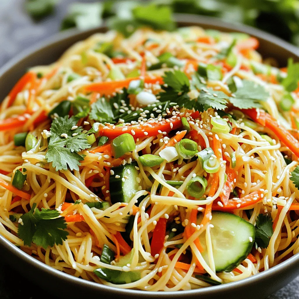 Für den perfekten Sesame Ginger Noodle Salad benötigst du: - 225 g Reisnudeln - 1 Tasse Karotten, gerieben - 1 rote Paprika, dünn geschnitten - 1 Gurke, in Julienne geschnitten - ¼ Tasse Frühlingszwiebeln, in Ringe geschnitten - ¼ Tasse frischer Koriander, grob gehackt - ¼ Tasse Sesamsamen, geröstet Diese Zutaten bringen Frische und Farbe in deinen Salat. Die Reisnudeln sind leicht und machen satt. Das Gemüse sorgt für Crunch und Nährstoffe. Frischer Koriander gibt einen tollen Geschmack. Für das Dressing brauchst du: - 3 Esslöffel Sojasauce oder Tamari - 2 Esslöffel Sesamöl - 1 Esslöffel Ingwer, gerieben - 1 Esslöffel Honig oder Ahornsirup - 1 Esslöffel Reisessig - 1 Knoblauchzehe, gehackt Das Dressing ist der Schlüssel zu diesem Salat. Es ist süß, salzig und hat einen tollen Umami-Geschmack. Die Kombination aus Sojasauce und Sesamöl bringt Tiefe in den Salat. Du kannst den Honig durch Ahornsirup ersetzen, wenn du es vegan magst. Für das vollständige Rezept, schau dir bitte die [Full Recipe] an. - Bringen Sie einen großen Topf Wasser zum Kochen. - Fügen Sie die Reisnudeln hinzu und kochen Sie sie gemäß der Verpackungsanweisung, etwa 5-7 Minuten. - Nach dem Kochen, gießen Sie die Nudeln ab und spülen Sie sie mit kaltem Wasser. - Reiben Sie die Karotten in feine Stücke. - Schneiden Sie die rote Paprika in dünne Streifen. - Schneiden Sie die Gurke in Julienne. - Bereiten Sie die Frühlingszwiebeln vor, indem Sie sie in Ringe schneiden. - Hacken Sie den frischen Koriander grob. - In einer kleinen Schüssel mischen Sie die Sojasauce, das Sesamöl, den geriebenen Ingwer, den Honig oder Ahornsirup, den Reisessig und den gehackten Knoblauch. - Verquirlen Sie alles gut, bis die Zutaten gut vermischt sind. - In einer großen Rührschüssel geben Sie die gekochten Reisnudeln. - Fügen Sie die geriebenen Karotten, die Paprikastreifen, die Gurke, die Frühlingszwiebeln und den Koriander hinzu. - Gießen Sie das Dressing gleichmäßig über die Zutaten. - Vermengen Sie alle Zutaten vorsichtig, bis die Nudeln und das Gemüse gleichmäßig mit dem Dressing überzogen sind. - Optional: Kühlen Sie den Salat für 15-30 Minuten, um den Geschmack zu intensivieren. - Vor dem Servieren den Salat nochmals vorsichtig durchmischen. - Richten Sie den Salat an und garnieren Sie ihn mit frischem Koriander und gerösteten Sesamsamen. Für die vollständige Anleitung, sehen Sie sich das [Full Recipe] an. Um das Dressing für den Sesame Ginger Noodle Salad zu perfektionieren, ist die Balance wichtig. Sie möchten eine gute Mischung aus süß und salzig. Sojasauce bringt den salzigen Teil, während Honig oder Ahornsirup die Süße hinzufügt. Experimentieren Sie mit Aromen! Fügen Sie etwas Limettensaft oder einen Spritzer Chili hinzu. So geben Sie dem Dressing einen frischen Kick. Für den Salat können Sie viele Gemüsesorten verwenden. Karotten, Paprika und Gurke sind ideal. Sie bringen Geschmack und Farbe. Aber warum nicht auch saisonales Gemüse nutzen? Erbsen, Zucchini oder sogar Spargel können gut passen. So bleibt der Salat immer spannend und bunt. Wenn Sie glutenfrei essen, gibt es tolle Alternativen. Reisnudeln sind eine gute Wahl. Sie sind leicht und lecker. Sie können auch Zucchininudeln oder Buchweizennudeln ausprobieren. Diese Optionen bringen neuen Geschmack und Textur in den Salat. Achten Sie darauf, die Nudeln nicht zu lange zu kochen, um den besten Geschmack zu erreichen. Für das vollständige Rezept besuchen Sie [Full Recipe]. {{image_4}} Um deinen Sesame Ginger Noodle Salad noch nahrhafter zu machen, kannst du Protein hinzufügen. Gegrilltes Hähnchen ist eine tolle Wahl. Es liefert dir viel Eiweiß und passt gut zu den Aromen. Du kannst auch Tofu verwenden, wenn du eine pflanzliche Option suchst. Tofu nimmt die Gewürze gut auf und fügt eine schöne Textur hinzu. Garnelen sind eine weitere leckere Option. Sie bringen einen süßen, salzigen Geschmack mit, der das Gericht aufwertet. Für noch mehr Geschmack kannst du zusätzliche Gewürze oder Kräuter hinzufügen. Frisches Basilikum oder Minze passen hervorragend. Sie bringen Frische und ein neues Aroma in den Salat. Wenn du es schärfer magst, versuche, etwas Chili hinzuzufügen. Frische Chilis oder Chiliflocken geben dem Salat einen aufregenden Kick. Diese kleinen Änderungen helfen dir, immer wieder neue Variationen zu kreieren. Du kannst das Rezept an deinen Geschmack anpassen und so immer wieder genießen. Um den Nudelsalat frisch zu halten, kühlen Sie ihn im Kühlschrank. Das hilft, die Aromen zu bewahren. Verwenden Sie einen luftdichten Behälter, um den Salat zu lagern. So bleibt er knackig und lecker. Sie können den Nudelsalat bis zu 2 Tage aufbewahren. Achten Sie darauf, ihn gut zu verschließen. Um die Frische zu erhalten, prüfen Sie den Salat vor dem Essen. Ein frischer Geruch zeigt, dass er noch gut ist. Wenn Sie den Salat zubereiten möchten, finden Sie das Rezept hier: [Full Recipe]. Sie können den Salat bis zu zwei Tage im Voraus machen. Er bleibt frisch und lecker. Planen Sie Ihre Zubereitung, sodass Sie den Salat rechtzeitig haben. Das gibt den Aromen Zeit, sich zu entfalten. Wenn Sie ihn früher zubereiten, kühlen Sie ihn gut ab. So bleibt er knackig und frisch. Ja, das Dressing können Sie im Voraus zubereiten. Mischen Sie die Zutaten und stellen Sie es in den Kühlschrank. So bleibt es frisch und hält sich bis zu einer Woche. Stellen Sie sicher, dass das Dressing gut verschlossen ist. Vor dem Servieren schütteln Sie es gut, damit sich die Zutaten wieder vermischen. Zu diesem Nudel-Salat passen viele Beilagen gut. Sie können gegrilltes Gemüse oder frische Frühlingsrollen servieren. Auch ein einfacher Gurkensalat harmoniert gut. Für etwas Protein sind gegrilltes Hühnchen oder Tofu eine tolle Wahl. Lassen Sie Ihrer Kreativität freien Lauf! Ja, das Rezept kann glutenfrei gemacht werden. Verwenden Sie Tamari anstelle von Sojasauce. Achten Sie darauf, glutenfreie Reisnudeln zu verwenden. Diese Alternativen sind einfach zu finden und schmecken toll. So können alle genießen, ohne sich Sorgen zu machen. Sesamöl finden Sie in den meisten Supermärkten. Schauen Sie in der asiatischen Abteilung nach. Achten Sie auf hochwertige Marken, um den besten Geschmack zu erhalten. Sie können auch online bestellen. So haben Sie immer Sesamöl zur Hand. Ja, das Rezept ist vegan, wenn Sie Honig durch Ahornsirup ersetzen. Alle anderen Zutaten sind pflanzlich. So können Sie einen leckeren, veganen Salat genießen. Experimentieren Sie mit weiteren Gemüse- oder Kräuteroptionen. So machen Sie das Rezept noch individueller. Sie können das gesamte Rezept hier finden: [Full Recipe]. Der Nudelsalat ist einfach zuzubereiten und voll von frischen Zutaten. Wir haben Reisnudeln, knackiges Gemüse und ein schmackhaftes Dressing mit Sojasauce besprochen. Du kannst ihn nach Belieben abwandeln, wie mit Protein oder neuen Gewürzen. Denke daran, den Salat kühl und luftdicht zu lagern. So bleibt er frisch und schmackhaft. Mit diesen Tipps und Variationen kannst du immer wieder neue Geschmäcker entdecken und deine Gäste beeindrucken. Viel Spaß beim Ausprobieren!