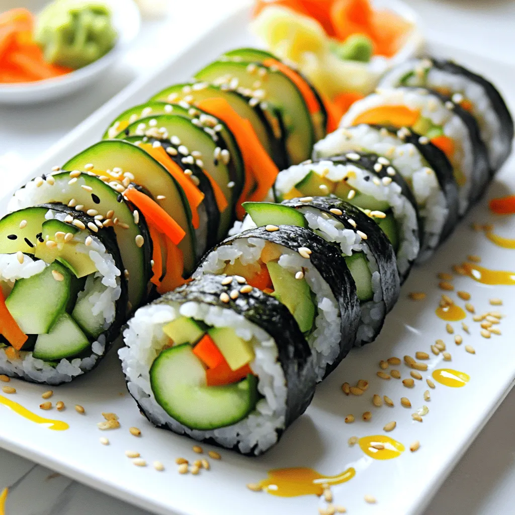 - 1 Tasse Sushi-Reis - 1 1/4 Tassen Wasser - 4 Blätter Nori (Seetang) - 1 große Gurke, in Julienne geschnitten - 1 mittelgroße Karotte, in Julienne geschnitten - 1 Avocado, in Scheiben geschnitten - 1/4 Tasse Paprika, dünn geschnitten Sushi-Reis ist der Schlüssel für leckere Rollen. Er hat eine klebrige Textur. Diese hilft, die Zutaten zusammenzuhalten. Nori-Blätter sind auch wichtig. Sie geben den Rollen Geschmack und Struktur. Frisches Gemüse macht das Sushi bunt und knackig. - 2 Esslöffel Reisessig - 1 Teelöffel Zucker - 1/2 Teelöffel Salz - Sojasauce, zum Dippen - Eingelegter Ingwer und Wasabi, zum Servieren (optional) Reisessig, Zucker und Salz geben dem Reis einen tollen Geschmack. Diese Mischung macht den Reis gleichmäßiger. Sojasauce ist perfekt zum Dippen. Eingelegter Ingwer und Wasabi bringen einen zusätzlichen Kick. Diese Zutaten machen jede Rolle besonders. Wenn Sie mehr erfahren möchten, schauen Sie sich das [Full Recipe] an. Um perfekten Sushi-Reis zu machen, spülen Sie ihn gründlich ab. Dies entfernt überschüssige Stärke. Kochen Sie den Reis mit Wasser in einem Topf. Bringen Sie das Wasser zum Kochen. Decken Sie den Topf ab und reduzieren Sie die Hitze. Lassen Sie den Reis 18-20 Minuten dünsten. Der Reis ist fertig, wenn das Wasser aufgesogen ist. Lassen Sie den Reis dann 10 Minuten ruhen. Würzen Sie den Reis mit einer Mischung aus Reisessig, Zucker und Salz. Diese Mischung sorgt für den leckeren Geschmack. Gießen Sie sie über den Reis und heben Sie ihn vorsichtig mit einem Holzspatel um. Lassen Sie den Reis auf Zimmertemperatur abkühlen. Legen Sie eine Bambus-Sushi-Matte auf die Arbeitsfläche. Platzieren Sie ein Blatt Nori mit der glänzenden Seite nach unten. Befeuchten Sie Ihre Hände, um den Reis nicht zu kleben. Nehmen Sie etwa ein Viertel des Reis und verteilen Sie ihn gleichmäßig auf dem Nori. Lassen Sie an der oberen Kante etwa 2,5 cm frei. Fügen Sie eine Linie aus Gurke, Karotte, Avocado und Paprika in die Mitte hinzu. Heben Sie den Rand der Matte an und rollen Sie langsam. Drücken Sie die Rolle sanft, damit sie fest wird. Verwenden Sie etwas Wasser, um die Kante zu versiegeln. Um die Rolle zu schneiden, verwenden Sie ein scharfes Messer. Wischen Sie das Messer nach jedem Schnitt mit einem feuchten Tuch ab. Dies hilft, saubere und schöne Stücke zu erhalten. Schneiden Sie die Rolle in 6-8 gleich große Stücke. Für die Präsentation arrangieren Sie die Sushi-Rollen ordentlich auf einer Servierplatte. Garnieren Sie sie mit eingelegtem Ingwer und einer kleinen Schale Sojasauce. Ein Hauch von Sesamsamen obenauf sorgt für zusätzlichen Geschmack. Für das gesamte Rezept schauen Sie in das [Full Recipe]. Sushi-Reis ist der Schlüssel zu leckeren Sushi-Rollen. Der beste Reis ist Rundkornreis. Dieser Reis hat viel Stärke und bleibt nach dem Kochen klebrig. Diese Klebrigkeit hilft beim Rollen. Langkornreis ist nicht gut, da er nicht zusammenhält. Verwende immer frischen Reis. Eine Tasse Reis ergibt genug für vier Rollen. Wie viel Gemüse pro Rolle? Ich empfehle, etwa eine halbe Tasse Gemüse zu verwenden. Das sorgt für Geschmack und Textur. Du kannst Gurken, Karotten und Avocado kombinieren. Für mehr Geschmack probiere auch Paprika oder Radieschen. Diese Kombinationen bringen Farbe und Frische in deine Rollen. Fehlerquellen beim Rollen vermeiden ist wichtig. Übe, gleichmäßig Druck auszuüben. Wenn du zu fest drückst, zerdrückst du die Füllung. Wenn du zu locker rollst, fällt die Rolle auseinander. Hilfreiche Werkzeuge sind eine Bambusmatte und ein scharfes Messer. Die Matte hilft beim gleichmäßigen Rollen. Ein scharfes Messer sorgt für saubere Schnitte. So bleiben deine Rollen schön und appetitlich. {{image_4}} Du kannst viele andere Gemüsesorten verwenden. Probiere zum Beispiel Zucchini, Radieschen oder Spinat. Diese bringen frische und farbige Akzente in deine Sushi-Rollen. Du kannst auch Tofu hinzufügen. Tofu gibt einen tollen, herzhaften Geschmack und ist eine gute Proteinquelle. Frischkäse ist eine weitere spannende Option. Er macht deine Rollen cremig und lecker. Sushi ohne Reis ist eine spannende Idee. Du kannst Salatblätter nutzen, um die Füllung zu umhüllen. Das macht die Rollen leicht und frisch. Eine andere Möglichkeit ist, Gurken in dünne Streifen zu schneiden. Damit kannst du auch kalorienarme Alternativen schaffen. Diese Optionen sind ideal für Menschen, die weniger Kohlenhydrate essen möchten. Einfache selbstgemachte Soßen machen dein Sushi noch besser. Mischt Sojasauce mit etwas Sesamöl für einen tollen Dip. Du kannst auch eine scharfe Sauce mit Chili oder Knoblauch ausprobieren. Weitere Dips können Erdnusssauce oder Avocado-Dip sein. Diese bringen einen besonderen Geschmack und passen perfekt zu den Sushi-Rollen. Wenn du mehr über die Zubereitung erfahren möchtest, schau dir das [Full Recipe] an. Um die Sushi-Rollen frisch zu halten, lege sie in eine luftdichte Box. Stelle die Box in den Kühlschrank. So bleiben die Rollen knackig. Verwende Frischhaltefolie für zusätzlichen Schutz. Sushi-Rollen halten sich gut für 24 Stunden im Kühlschrank. Die Zutaten sind ebenfalls wichtig für die Haltbarkeit. Gurken und Avocados verlieren schnell ihre Frische. Schneide sie erst kurz vor dem Rollen. So bleiben sie frisch und lecker. Sushi wird am besten kalt serviert. Wenn du Reste hast, genieße sie kalt. Du kannst sie auch leicht aufwärmen. Dies geschieht am besten in einer Pfanne bei niedriger Hitze. So bleibt die Textur der Füllung erhalten. Hast du Reste? Verwandle sie in eine bunte Sushi-Bowl. Schneide die Rolle in Stücke und lasse sie über Reis oder Salat gleiten. Füge etwas Sojasauce hinzu, um den Geschmack zu verstärken. Wenn Sie keine Sushi-Matte haben, können Sie auch ein sauberes Küchentuch verwenden. Legen Sie das Nori auf das Tuch. Dann verteilen Sie den Reis wie gewohnt. Heben Sie das Tuch an, um die Rolle zu formen. Dies funktioniert gut, wenn Sie sanft drücken. Ein weiteres Hilfsmittel ist ein Bogen Backpapier. Es hilft, die Rolle gleichmäßig zu formen. Die besten Gemüsesorten für Sushi sind frisch und knackig. Ich empfehle: - Gurken - Karotten - Avocado - Paprika - Rettich Diese Gemüsesorten bringen Farbe und Geschmack. Sie sind leicht zu schneiden und gut zu rollen. Ja, gewürzter Reis ist wichtig. Er gibt dem Sushi den besonderen Geschmack. Der Mix aus Essig, Zucker und Salz macht den Reis schmackhaft. Ohne diesen Geschmack wirkt das Sushi fad. Der gewürzte Reis hilft auch, die Zutaten zusammenzuhalten. So bleibt alles an seinem Platz. Veggie Sushi ist einfach und macht Spaß. Die Vorbereitung umfasst frische Zutaten wie Gemüse und Reis. Ich habe die Schritte zur Zubereitung des Sushi-Reis und zum Rollen erklärt. Tipps helfen dir, einige Fehler zu vermeiden und die perfekten Rollen zu erreichen. Du kannst kreativ mit Füllungen und Dips sein. Egal, ob du die Rollen lagerst oder aufbewahrst, frisches Sushi bleibt schmackhaft. Jetzt kennst du alles, um leckere Veggie Sushi zu machen. Viel Spaß beim Ausprobieren!