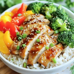 Für ein leckeres Teriyaki-Hähnchen brauchst du: - 2 Hähnchenbrustfilets, ohne Haut und Knochen, in Scheiben geschnitten - 1 Tasse Brokkoliröschen - 1 Tasse Paprika (rot und gelb), in Streifen geschnitten - 1 Tasse gekochter Jasminreis - 1 Esslöffel Sesamöl - 2 Esslöffel Sojasauce - 2 Esslöffel Honig - 1 Esslöffel Reisessig - 1 Teelöffel Ingwer, gerieben - 1 Teelöffel Knoblauch, fein gehackt - 2 Frühlingszwiebeln, gehackt (zum Garnieren) - Sesamsamen (zum Garnieren) Diese Zutaten geben deinem Gericht den klassischen Teriyaki-Geschmack. Du kannst die Mengen anpassen, je nach Hunger oder Vorlieben. Du kannst das Gemüse nach deinem Geschmack variieren. Hier sind einige Ideen: - Zucchini für eine frische Note - Karotten, in feinen Streifen - Erbsen für eine süße Ergänzung - Pilze für mehr Umami-Geschmack Diese Optionen sind leicht zu finden und bringen Farbe auf deinen Teller. Mische und kombiniere, was dir am besten schmeckt! Wenn du keinen Jasminreis magst, probiere diese Alternativen: - Basmatireis für einen nussigen Geschmack - Quinoa für mehr Protein - Vollkornreis für einen gesünderen Ansatz Diese Optionen sind nahrhaft und fügen deinem Gericht eine neue Dimension hinzu. Du kannst sogar Reste vom Vortag verwenden, um Zeit zu sparen. Für die vollständigen Details und das Rezept schaue dir die [Full Recipe] an. Zuerst mischen wir die Sojasauce. Nehmen Sie eine mittelgroße Schüssel. Geben Sie die Sojasauce hinein, gefolgt von Honig, Reisessig, geriebenem Ingwer und gehacktem Knoblauch. Rühren Sie alles gut um. Lassen Sie die Mischung kurz stehen. So entwickeln sich die Aromen besser. Jetzt kommt das Hähnchen. Erhitzen Sie ein Esslöffel Sesamöl in einer großen Pfanne bei mittlerer Hitze. Fügen Sie die Hähnchenbrustscheiben hinzu. Braten Sie sie 5 bis 7 Minuten lang. Rühren Sie das Hähnchen häufig um, bis es goldbraun und gar ist. Achten Sie darauf, dass es nicht austrocknet. Nachdem das Hähnchen fertig ist, fügen Sie das Gemüse hinzu. Geben Sie die Brokkoliröschen und die geschnittenen Paprika in die Pfanne. Gießen Sie die vorbereitete Teriyaki-Sauce darüber. Rühren Sie alles gut durch, damit die Sauce gleichmäßig verteilt ist. Lassen Sie die Mischung für weitere 5 bis 7 Minuten garen. Das Gemüse sollte zart, aber knackig sein. Servieren Sie das Teriyaki-Hähnchen und Gemüse über gekochtem Jasminreis. Garnieren Sie das Gericht mit gehackten Frühlingszwiebeln und Sesamsamen. Für die vollständige Anleitung schauen Sie sich das [Full Recipe] an. Um das Hähnchen zart zu halten, mariniere es vor dem Kochen. Eine Mischung aus Sojasauce und Honig hilft wirklich. Lass das Hähnchen mindestens 30 Minuten marinieren. Du kannst auch etwas Sesamöl hinzufügen. Achte darauf, das Hähnchen nicht zu lange zu braten. Es sollte innen saftig bleiben. Das Gemüse sollte knackig und frisch sein. Für Brokkoli sind 5 bis 7 Minuten Garzeit ideal. Paprika braucht nur 3 bis 5 Minuten. Du kannst das Gemüse auch vor dem Hähnchen hinzufügen. So bleibt es schön bunt und lecker. Achte darauf, das Gemüse regelmäßig zu wenden, damit es gleichmäßig gart. Um die Teriyaki-Sauce perfekt zu nutzen, gib sie erst in der Mitte der Garzeit hinzu. So kann die Sauce gut einziehen. Du kannst die Menge anpassen. Wenn du es süßer magst, füge mehr Honig hinzu. Für mehr Geschmack kannst du frischen Ingwer oder Knoblauch reiben. Die Sauce dickt beim Kochen ein und macht das Gericht noch besser. Für das vollständige Rezept schaue dir das [Full Recipe] an. {{image_4}} Reisnudeln sind eine tolle Wahl für Teriyaki-Hähnchen. Sie sind leicht und nehmen die Sauce gut auf. Um sie zuzubereiten, kochen Sie die Reisnudeln einfach nach Packungsanleitung. Mischen Sie die Nudeln dann mit der Teriyaki-Hähnchen-Mischung. Das ergibt eine schöne, sättigende Mahlzeit. Sie können die Nudeln auch mit etwas Sesamöl anbraten, um zusätzlichen Geschmack zu erhalten. Wenn Sie eine vegetarische Option suchen, probieren Sie Tofu. Tofu hat einen milden Geschmack und nimmt Aromen gut auf. Schneiden Sie den Tofu in Würfel und braten Sie ihn in Sesamöl an, bis er goldbraun ist. Verwenden Sie die gleiche Teriyaki-Sauce wie im Rezept. Das ergibt ein leckeres Gericht, das einfach zuzubereiten ist. Fügen Sie Ihr Lieblingsgemüse hinzu, um die Schüssel noch bunter zu machen. Gemüse macht das Teriyaki-Hähnchen noch besser. Fügen Sie Zucchini, Karotten oder Erbsen hinzu. Diese Gemüse sind einfach zuzubereiten und bringen Farbe ins Gericht. Sie können auch Beilagen wie Miso-Suppe oder einen einfachen Salat hinzufügen. So wird Ihr Essen noch abwechslungsreicher und gesünder. Experimentieren Sie mit verschiedenen Gemüsesorten, die Sie mögen. Wenn Sie Teriyaki-Hähnchen übrig haben, bewahren Sie es gut auf. Lassen Sie das Hähnchen auf Raumtemperatur abkühlen. Legen Sie es dann in einen luftdichten Behälter. So bleibt es frisch. Sie können auch das Gemüse und den Reis getrennt aufbewahren. So bleibt alles knackig und lecker. Die Reste halten im Kühlschrank etwa 3 bis 4 Tage. Achten Sie darauf, die Reste schnell zu kühlen. Wenn Sie die Teriyaki-Bowls länger aufbewahren möchten, frieren Sie sie ein. Im Gefrierschrank können sie bis zu 3 Monate halten. Denken Sie daran, die Bowls gut zu verpacken, um Gefrierbrand zu vermeiden. Um das Teriyaki-Hähnchen aufzuwärmen, nutzen Sie die Mikrowelle oder eine Pfanne. In der Mikrowelle erhitzen Sie das Hähnchen in kurzen Intervallen. So bleibt es saftig. In der Pfanne sollten Sie etwas Wasser oder Brühe hinzufügen. Dadurch bleibt das Hähnchen nicht trocken. Erwärmen Sie es bei schwacher Hitze. Genießen Sie Ihre Teriyaki-Bowls mit dem [Full Recipe] für das beste Ergebnis! Zu Teriyaki-Hähnchen passen viele Beilagen. Du kannst gedämpften Reis, Salat oder gedämpftes Gemüse wählen. Auch Frühlingsrollen oder Miso-Suppe sind gute Optionen. Wenn du etwas Knuspriges magst, probiere gebratene Teigtaschen. Diese Beilagen ergänzen den Geschmack des Hähnchens. Ja, du kannst die Teriyaki-Sauce ganz leicht selbst machen. Mische einfach Sojasauce, Honig, Reisessig, geriebenen Ingwer und Knoblauch. Diese Zutaten geben der Sauce einen tollen Geschmack. Lass die Mischung einige Minuten ziehen, damit die Aromen sich gut vermischen. Du kannst die Sauce nach deinem Geschmack anpassen, indem du mehr Honig oder Ingwer hinzufügst. Wenn du die Schärfe erhöhen möchtest, füge etwas rote Paprika oder Chili-Flocken hinzu. Du kannst auch frischen Chili verwenden. Wenn du es milder magst, lasse die scharfen Zutaten einfach weg. Experimentiere, um die perfekte Balance für dich zu finden. So wird dein Gericht immer lecker und nach deinem Geschmack. Teriyaki-Hähnchen ist einfach und lecker. Wir haben die Hauptzutaten und Zubereitungsschritte besprochen. Tipps helfen, das Fleisch zart und schmackhaft zu halten. Variationen bieten dir kreative Wege, das Gericht zu genießen. Du kannst Reste richtig lagern und aufwärmen. Genieße die Vielseitigkeit von Teriyaki-Hähnchen in deiner Küche. Es ist eine tolle Wahl für jedes Essen!