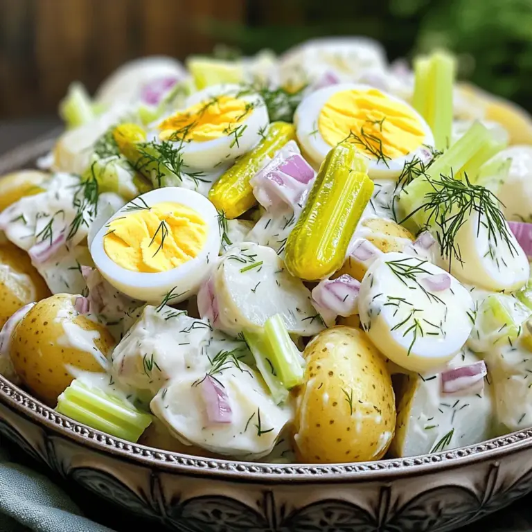 - 900 g Yukon Gold Kartoffeln - 240 ml Mayonnaise - 1 Esslöffel Dijon-Senf Die Hauptzutaten sind einfach, aber wichtig. Yukon Gold Kartoffeln bringen einen tollen Geschmack. Sie sind cremig und behalten ihre Form gut. Mayonnaise macht den Salat schön reichhaltig. Dijon-Senf fügt eine feine Würze hinzu. Diese Zutaten sind die Basis für jeden guten Kartoffelsalat. - 1 Esslöffel Apfelessig - 2 Selleriestangen, fein gehackt - 1/2 rote Zwiebel, fein gehackt Apfelessig sorgt für eine leichte Säure. Das hilft, die Aromen zu heben. Sellerie gibt Crunch und Frische. Rote Zwiebel bringt eine süße Note. Diese Zutaten machen den Salat lebendig und interessant. - 3 hartgekochte Eier - 60 ml süße Gewürzgurken - 2 Esslöffel frischer Dill (optional) Hartgekochte Eier sind eine tolle Ergänzung. Sie machen den Salat noch sättigender. Süße Gewürzgurken bringen eine schöne Süße. Dill ist frisch und duftend. Diese Zutaten sind nicht nötig, aber sie machen den Salat besonders. Für das vollständige Rezept schauen Sie sich die [Full Recipe] an. Zuerst schälen Sie die Kartoffeln. Nehmen Sie 900 g Yukon Gold Kartoffeln und schneiden Sie sie in kleine Würfel. Achten Sie darauf, dass die Würfel gleich groß sind. Dies hilft, dass die Kartoffeln gleichmäßig garen. Füllen Sie einen großen Topf mit Wasser. Geben Sie eine Prise Salz hinzu. Setzen Sie die gewürfelten Kartoffeln in den Topf. Bringen Sie das Wasser bei mittlerer bis hoher Hitze zum Kochen. Reduzieren Sie die Hitze, wenn das Wasser kocht. Lassen Sie die Kartoffeln 10 bis 15 Minuten köcheln, bis sie zart sind. Prüfen Sie die Zartheit mit einer Gabel. Gießen Sie die Kartoffeln ab und lassen Sie sie abkühlen. In einer großen Schüssel kombinieren Sie 240 ml Mayonnaise, 1 Esslöffel Dijon-Senf und 1 Esslöffel Apfelessig. Rühren Sie gut um, bis alles gut vermischt ist. Schmecken Sie die Sauce mit Salz und Pfeffer ab. Probieren Sie die Sauce, um sicherzustellen, dass sie gut schmeckt. Nehmen Sie die abgekühlten Kartoffeln und geben Sie sie vorsichtig in die Schüssel mit der Sauce. Heben Sie die Kartoffeln sanft unter die Sauce, ohne sie zu zerbrechen. Fügen Sie die restlichen Zutaten hinzu: 2 Selleriestangen, 1/2 rote Zwiebel, 3 hartgekochte Eier und 60 ml süße Gewürzgurken. Rühren Sie vorsichtig um, damit alles gut verteilt ist. Wenn Sie möchten, streuen Sie 2 Esslöffel frischen Dill darüber. Decken Sie den Salat mit Frischhaltefolie ab. Lassen Sie ihn mindestens 1 Stunde im Kühlschrank ruhen. So entfalten sich die Aromen. Für das vollständige Rezept schauen Sie sich die [Full Recipe] an. Um den besten Kartoffelsalat zu machen, wähle festkochende Kartoffeln. Yukon Gold sind eine gute Wahl, da sie gut die Form halten. Sie haben einen süßen Geschmack und eine cremige Textur. Um die Zartheit der Kartoffeln zu überprüfen, steche mit einer Gabel hinein. Wenn die Gabel leicht hineingleitet, sind die Kartoffeln fertig. Achte darauf, sie nicht zu lange zu kochen. Sie sollten nicht zerfallen. Die Kühlzeit ist sehr wichtig. Lass den Salat mindestens eine Stunde im Kühlschrank. So können die Aromen sich gut verbinden. Kalte Zutaten schmecken frischer und leckerer. Frische Kräuter bringen zusätzlichen Geschmack. Dill passt besonders gut zu Kartoffelsalat. Füge zwei Esslöffel frischen Dill hinzu, um das Aroma zu verbessern. Frische Kräuter sind ein einfacher Weg, den Salat aufzupeppen. Präsentiere den Kartoffelsalat in einer schönen Schüssel. Garniere ihn mit einem Hauch Dill und einigen Scheiben hartgekochter Eier. So sieht der Salat ansprechend aus und macht Lust auf mehr. Kartoffelsalat passt gut zu vielen Beilagen. Serviere ihn zu Gegrilltem, Würstchen oder Fisch. Ein frischer grüner Salat rundet das Essen ab. Wenn du möchtest, kannst du auch frisches Brot dazu reichen. Für das vollständige Rezept, schau dir die Anleitung zum Cremigen Kartoffelsalat mit Liebe an. {{image_4}} Kartoffelsalat hat viele regionale Varianten. In Deutschland ist der Kartoffelsalat oft etwas anders. Er hat oft Brühe und Essig. Manchmal wird er mit Speck oder Zwiebeln gemischt. Diese Version ist frisch und leicht. In den USA wird Kartoffelsalat meist mit Mayonnaise gemacht. Er enthält oft hartgekochte Eier und Sellerie. Amerikanischer Kartoffelsalat ist cremig und reichhaltig. Beide Varianten sind lecker, aber sehr unterschiedlich. Du kannst mit dem Rezept mehr Spaß haben. Füge Gewürze wie Paprika oder Kümmel hinzu. Diese Gewürze geben dem Salat eine neue Note. Du kannst auch mehr Gemüse hinzufügen. Gurken, Paprika oder Erbsen sind tolle Optionen. Diese Zutaten bringen mehr Farbe und Geschmack. Wenn du eine vegane Option möchtest, gibt es Alternativen für Mayonnaise. Verwende Avocado oder eine Cashew-Creme. Diese Optionen sind gesund und lecker. Außerdem, achte darauf, dass alle Zutaten glutenfrei sind. Viele Kartoffeln und frisches Gemüse sind von Natur aus glutenfrei. So kannst du den Salat genießen, ohne dir Sorgen zu machen. Für das vollständige Rezept, schau dir das [Full Recipe] an. Um Ihren Kartoffelsalat frisch zu halten, stellen Sie ihn in den kältesten Bereich des Kühlschranks. Das ist oft die hintere Ecke. Verwenden Sie einen luftdichten Behälter. So bleibt der Salat länger gut. Vermeiden Sie es, ihn in einer Schüssel ohne Deckel zu lassen. Das kann den Geschmack beeinträchtigen. Kartoffelsalat bleibt im Kühlschrank etwa drei bis fünf Tage frisch. Nach dieser Zeit kann er schlecht werden. Achten Sie auf Geruch oder Veränderungen in der Farbe. Wenn der Salat komisch riecht oder schleimig wird, entsorgen Sie ihn. Sicherheit geht vor! Ja, man kann Kartoffelsalat aufwärmen, aber es ist selten nötig. Die meisten Menschen essen ihn kalt. Wenn Sie ihn aufwärmen möchten, verwenden Sie die Mikrowelle bei niedriger Stufe. Rühren Sie den Salat zwischendurch um, damit er gleichmäßig warm wird. So bleibt der Geschmack erhalten. Für die besten Ergebnisse genießen Sie ihn jedoch kalt. Denken Sie daran, das Rezept für einen köstlichen Kartoffelsalat zu probieren! [Full Recipe] Um deinen Kartoffelsalat cremiger zu machen, benutze mehr Mayonnaise. Du kannst auch etwas Joghurt hinzufügen. Ein Spritzer Zitronensaft bringt Frische. Wenn du magst, versuche, die Kartoffeln warm zu mischen. Das hilft der Sauce, besser einzuziehen. Ja, Kartoffelsalat ist perfekt für Partys. Er lässt sich leicht in großen Mengen zubereiten. Du kannst ihn im Voraus machen. So sparst du Zeit am Tag der Feier. Serviere ihn in einer großen Schüssel. Das sieht toll aus und lädt zum Teilen ein. Zu Kartoffelsalat passen viele Beilagen. Grillspezialitäten sind sehr beliebt. Gegrilltes Hähnchen oder Würstchen ergänzen ihn gut. Auch frisches Brot oder Baguette sind gute Optionen. Ein einfacher grüner Salat rundet das Menü ab. Der klassische Kartoffelsalat hat viele Wurzeln. Er stammt ursprünglich aus Deutschland. Viele Regionen haben eigene Versionen. In Deutschland wird oft Brühe und Essig verwendet. In anderen Ländern gibt es cremigere Varianten. Jedes Land bringt seinen eigenen Stil ein. Ja, du kannst die Zutaten nach deinem Geschmack anpassen. Füge mehr Gemüse hinzu, wie Paprika oder Gurken. Du kannst auch verschiedene Kräuter verwenden. Wenn du kein Fan von Mayonnaise bist, probiere Joghurt oder Avocado. So machst du den Salat ganz persönlich. Kartoffelsalat ist ein leckeres Gericht, das viele Varianten hat. Wir haben die Hauptzutaten und die Step-by-Step-Anleitung besprochen. Die Kühlzeit ist wichtig für den Geschmack. Du kannst mit verschiedenem Gemüse oder Gewürzen experimentieren. Denke daran, ihn gut zu lagern, damit er frisch bleibt. Kartoffelsalat ist perfekt für Partys oder als Beilage. Probiere es aus und mache es zu deinem eigenen Rezept!