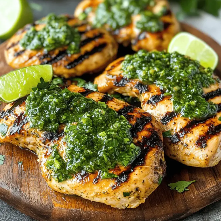 Für das gegrillte Hühnchen brauchen Sie nur einige einfache Zutaten. Hier sind die Hauptzutaten: - 4 Hähnchenbrustfilets, ohne Haut und Knochen - Salz und Pfeffer nach Geschmack Diese Zutaten sind leicht zu finden und bilden die Basis für das Gericht. Die Chimichurri-Sauce bringt Frische und Geschmack. Sie benötigen: - 1 Tasse frische Petersilie, fein gehackt - 1/2 Tasse frischer Koriander, fein gehackt - 4 Knoblauchzehen, fein gehackt - 1/2 Tasse Olivenöl - 2 Esslöffel Rotweinessig (oder Apfelessig) - 1 Teelöffel getrockneter Oregano - 1/2 Teelöffel rote Pfefferflocken - Schale und Saft von 1 Limette Die Kombination dieser Zutaten macht die Sauce besonders aromatisch. Sie können das Rezept anpassen. Hier sind einige Variationen: - Ersetzen Sie Koriander durch Minze für einen anderen Geschmack. - Fügen Sie mehr oder weniger Knoblauch hinzu, je nach Vorliebe. - Nutzen Sie Zitronensaft anstelle von Limettensaft. Diese Optionen helfen Ihnen, die Chimichurri-Sauce nach Ihrem Geschmack zu gestalten. Für das vollständige Rezept, sehen Sie sich [Full Recipe] an. Um die Chimichurri-Sauce zu machen, nimm eine mittelgroße Schüssel. Füge die gehackte Petersilie und den Koriander hinzu. Jetzt kommen die fein gehackten Knoblauchzehen dazu. Gieße dann das Olivenöl in die Schüssel. Füge den Essig, den Oregano und die roten Pfefferflocken hinzu. Danach reibe die Limettenschale hinein und presse den Saft aus. Rühre alles gut um. Schmecke die Sauce mit Salz und Pfeffer ab. Lass die Sauce mindestens 30 Minuten ruhen. So verbinden sich die Aromen besser. Während die Sauce zieht, bereite das Hähnchen vor. Heize den Grill auf mittelhohe Hitze vor. Nimm die Hähnchenbrustfilets und tupfe sie mit Küchenpapier trocken. Würze beide Seiten gut mit Salz und Pfeffer. Dies gibt dem Hähnchen einen tollen Geschmack. Lege die Hähnchenbrustfilets vorsichtig auf den Grill. Grill die Filets für etwa 6-7 Minuten auf einer Seite. Lass sie in Ruhe, damit sie schöne Grillstreifen bekommen. Drehe die Filets um und grille sie weitere 6-7 Minuten. Überprüfe die Innentemperatur. Sie sollte 75°C erreichen. In den letzten Minuten des Grillens, bestreiche jedes Filet mit etwas Chimichurri. Das gibt extra Geschmack. Nach dem Grillen nimm die Filets vom Grill und lass sie 5 Minuten ruhen. So bleibt das Fleisch saftig. Wenn du die Schritte befolgst, hast du ein tolles Gericht. Für die vollständige Anleitung, schau dir das Full Recipe an. Beim Grillen ist die Temperatur der Schlüssel. Heizen Sie den Grill gut vor. Mittlere Hitze ist ideal für Hähnchen. Warten Sie, bis der Grill heiß ist, bevor Sie das Fleisch auflegen. So bekommen Sie schöne Streifen und vermeiden ein Ankleben. Verwenden Sie auch ein Thermometer, um die Innentemperatur zu prüfen. Das Hähnchen sollte 75°C (165°F) erreichen. Nach dem Grillen ist die Ruhezeit wichtig. Nehmen Sie das Hähnchen vom Grill und lassen Sie es 5 Minuten ruhen. Dies hilft, die Säfte im Fleisch zu halten. So bleibt es saftig und zart. Wenn Sie das Hähnchen sofort schneiden, laufen die Säfte aus. Die Chimichurri-Sauce ist vielseitig. Sie können die Kräuter nach Geschmack variieren. Fügen Sie mehr Koriander oder weniger Knoblauch hinzu. Experimentieren Sie mit verschiedenen Essigen für neue Aromen. Wenn Sie es schärfer mögen, erhöhen Sie die roten Pfefferflocken. Diese Sauce passt auch gut zu anderen Grillgerichten. Nutzen Sie die Chimichurri-Sauce, um Ihre eigenen Kreationen zu verfeinern. Für das vollständige Rezept besuchen Sie den Abschnitt „Full Recipe“. {{image_4}} Wenn du eine vegetarische Option suchst, probiere gegrilltes Gemüse. Zucchini, Paprika und Auberginen schmecken toll mit Chimichurri. Schneide das Gemüse in dicke Scheiben. Mariniere es mit etwas Olivenöl, Salz und Pfeffer. Grill es dann, bis es weich und leicht gebräunt ist. Du kannst auch Tofu verwenden, um eine proteinreiche Variante zu schaffen. Die Chimichurri-Sauce ist sehr anpassbar. Du kannst verschiedene Kräuter verwenden. Probiere frische Minze oder Basilikum für einen neuen Geschmack. Ein Spritzer Zitrone kann die Frische erhöhen. Wenn du es schärfer magst, füge mehr rote Pfefferflocken hinzu. Experimentiere mit zusätzlichen Gewürzen wie Kreuzkümmel oder Paprika. Passende Beilagen machen das Gericht noch besser. Eine einfache Beilagensalat mit Tomaten und Gurken passt gut. Auch gebratene Kartoffeln oder Reis sind tolle Optionen. Knuspriges Brot hilft, die leckere Chimichurri-Sauce aufzusaugen. Du kannst auch gegrilltes Maisbrot oder Quinoa-Salat servieren. Diese Beilagen runden dein Essen perfekt ab. Wenn Sie Hähnchen übrig haben, lagern Sie es in einem luftdichten Behälter. Das Hähnchen bleibt so frisch. Stellen Sie sicher, dass es gut abgekühlt ist, bevor Sie es in den Kühlschrank legen. Es hält sich bis zu drei Tage im Kühlschrank. Wenn Sie es länger aufbewahren möchten, frieren Sie es ein. Das Hähnchen kann bis zu drei Monate im Gefrierschrank bleiben. Achten Sie darauf, es gut einzuwickeln, um Gefrierbrand zu vermeiden. Die Chimichurri-Sauce kann ebenfalls in einem luftdichten Behälter aufbewahrt werden. Sie ist im Kühlschrank bis zu einer Woche haltbar. Lassen Sie die Sauce vor dem Lagern vollständig abkühlen. Um die Aromen zu bewahren, verwenden Sie ein Glasgefäß. Wenn Sie die Sauce länger aufbewahren möchten, können Sie sie auch einfrieren. In Eiswürfelschalen portioniert, ist sie bis zu sechs Monate haltbar. Das macht es einfach, sie bei Bedarf zu verwenden. Die frischen Zutaten, die Sie nicht verwendet haben, sind ebenfalls wichtig. Petersilie und Koriander halten sich im Kühlschrank etwa eine Woche. Wickeln Sie sie in ein feuchtes Tuch, um sie frisch zu halten. Knoblauch kann in einem kühlen, trockenen Ort bis zu einem Monat gelagert werden. Rote Pfefferflocken und getrocknete Kräuter bleiben in einem luftdichten Behälter bis zu einem Jahr frisch. Sie können sie auch in anderen Gerichten verwenden, um Geschmack hinzuzufügen. Experimentieren Sie mit den restlichen Zutaten, um neue Rezepte zu kreieren! Das Hühnchen sollte etwa 12 bis 14 Minuten auf dem Grill sein. Grillen Sie jede Seite für 6 bis 7 Minuten. Warten Sie, bis die Innentemperatur 75°C erreicht. Dies stellt sicher, dass das Hühnchen durchgängig gar ist. Ja, Sie können die Chimichurri-Sauce im Voraus machen. Bereiten Sie sie bis zu zwei Tage vorher zu. Lassen Sie die Sauce im Kühlschrank ruhen. So ziehen die Aromen richtig ein und werden intensiver. Das gegrillte Hühnchen mit Chimichurri passt gut zu vielen Beilagen. Probieren Sie gegrilltes Gemüse oder einen frischen grünen Salat. Auch Reis oder Quinoa sind tolle Optionen. Diese Gerichte ergänzen den Geschmack der Chimichurri-Sauce perfekt. Zusammenfassend haben wir die Hauptzutaten für gegrilltes Hühnchen und Chimichurri besprochen. Ich habe dir Schritt-für-Schritt-Anleitungen gegeben, um köstliches Hühnchen zuzubereiten. Du hast auch nützliche Tipps für das Grillen und Anpassungen für die Sauce erhalten. Denk daran, dass du Variationen und Beilagen auswählen kannst, die deinen Geschmack treffen. Die Lagerung und Haltbarkeit der Zutaten sind ebenfalls wichtig. Experimentiere und entdecke neue Geschmäcker für dein Grillvergnügen. Guten Appetit!