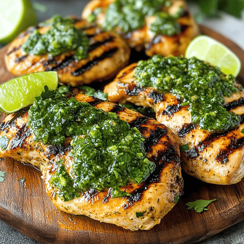 Für das gegrillte Hühnchen brauchen Sie nur einige einfache Zutaten. Hier sind die Hauptzutaten: - 4 Hähnchenbrustfilets, ohne Haut und Knochen - Salz und Pfeffer nach Geschmack Diese Zutaten sind leicht zu finden und bilden die Basis für das Gericht. Die Chimichurri-Sauce bringt Frische und Geschmack. Sie benötigen: - 1 Tasse frische Petersilie, fein gehackt - 1/2 Tasse frischer Koriander, fein gehackt - 4 Knoblauchzehen, fein gehackt - 1/2 Tasse Olivenöl - 2 Esslöffel Rotweinessig (oder Apfelessig) - 1 Teelöffel getrockneter Oregano - 1/2 Teelöffel rote Pfefferflocken - Schale und Saft von 1 Limette Die Kombination dieser Zutaten macht die Sauce besonders aromatisch. Sie können das Rezept anpassen. Hier sind einige Variationen: - Ersetzen Sie Koriander durch Minze für einen anderen Geschmack. - Fügen Sie mehr oder weniger Knoblauch hinzu, je nach Vorliebe. - Nutzen Sie Zitronensaft anstelle von Limettensaft. Diese Optionen helfen Ihnen, die Chimichurri-Sauce nach Ihrem Geschmack zu gestalten. Für das vollständige Rezept, sehen Sie sich [Full Recipe] an. Um die Chimichurri-Sauce zu machen, nimm eine mittelgroße Schüssel. Füge die gehackte Petersilie und den Koriander hinzu. Jetzt kommen die fein gehackten Knoblauchzehen dazu. Gieße dann das Olivenöl in die Schüssel. Füge den Essig, den Oregano und die roten Pfefferflocken hinzu. Danach reibe die Limettenschale hinein und presse den Saft aus. Rühre alles gut um. Schmecke die Sauce mit Salz und Pfeffer ab. Lass die Sauce mindestens 30 Minuten ruhen. So verbinden sich die Aromen besser. Während die Sauce zieht, bereite das Hähnchen vor. Heize den Grill auf mittelhohe Hitze vor. Nimm die Hähnchenbrustfilets und tupfe sie mit Küchenpapier trocken. Würze beide Seiten gut mit Salz und Pfeffer. Dies gibt dem Hähnchen einen tollen Geschmack. Lege die Hähnchenbrustfilets vorsichtig auf den Grill. Grill die Filets für etwa 6-7 Minuten auf einer Seite. Lass sie in Ruhe, damit sie schöne Grillstreifen bekommen. Drehe die Filets um und grille sie weitere 6-7 Minuten. Überprüfe die Innentemperatur. Sie sollte 75°C erreichen. In den letzten Minuten des Grillens, bestreiche jedes Filet mit etwas Chimichurri. Das gibt extra Geschmack. Nach dem Grillen nimm die Filets vom Grill und lass sie 5 Minuten ruhen. So bleibt das Fleisch saftig. Wenn du die Schritte befolgst, hast du ein tolles Gericht. Für die vollständige Anleitung, schau dir das Full Recipe an. Beim Grillen ist die Temperatur der Schlüssel. Heizen Sie den Grill gut vor. Mittlere Hitze ist ideal für Hähnchen. Warten Sie, bis der Grill heiß ist, bevor Sie das Fleisch auflegen. So bekommen Sie schöne Streifen und vermeiden ein Ankleben. Verwenden Sie auch ein Thermometer, um die Innentemperatur zu prüfen. Das Hähnchen sollte 75°C (165°F) erreichen. Nach dem Grillen ist die Ruhezeit wichtig. Nehmen Sie das Hähnchen vom Grill und lassen Sie es 5 Minuten ruhen. Dies hilft, die Säfte im Fleisch zu halten. So bleibt es saftig und zart. Wenn Sie das Hähnchen sofort schneiden, laufen die Säfte aus. Die Chimichurri-Sauce ist vielseitig. Sie können die Kräuter nach Geschmack variieren. Fügen Sie mehr Koriander oder weniger Knoblauch hinzu. Experimentieren Sie mit verschiedenen Essigen für neue Aromen. Wenn Sie es schärfer mögen, erhöhen Sie die roten Pfefferflocken. Diese Sauce passt auch gut zu anderen Grillgerichten. Nutzen Sie die Chimichurri-Sauce, um Ihre eigenen Kreationen zu verfeinern. Für das vollständige Rezept besuchen Sie den Abschnitt „Full Recipe“. {{image_4}} Wenn du eine vegetarische Option suchst, probiere gegrilltes Gemüse. Zucchini, Paprika und Auberginen schmecken toll mit Chimichurri. Schneide das Gemüse in dicke Scheiben. Mariniere es mit etwas Olivenöl, Salz und Pfeffer. Grill es dann, bis es weich und leicht gebräunt ist. Du kannst auch Tofu verwenden, um eine proteinreiche Variante zu schaffen. Die Chimichurri-Sauce ist sehr anpassbar. Du kannst verschiedene Kräuter verwenden. Probiere frische Minze oder Basilikum für einen neuen Geschmack. Ein Spritzer Zitrone kann die Frische erhöhen. Wenn du es schärfer magst, füge mehr rote Pfefferflocken hinzu. Experimentiere mit zusätzlichen Gewürzen wie Kreuzkümmel oder Paprika. Passende Beilagen machen das Gericht noch besser. Eine einfache Beilagensalat mit Tomaten und Gurken passt gut. Auch gebratene Kartoffeln oder Reis sind tolle Optionen. Knuspriges Brot hilft, die leckere Chimichurri-Sauce aufzusaugen. Du kannst auch gegrilltes Maisbrot oder Quinoa-Salat servieren. Diese Beilagen runden dein Essen perfekt ab. Wenn Sie Hähnchen übrig haben, lagern Sie es in einem luftdichten Behälter. Das Hähnchen bleibt so frisch. Stellen Sie sicher, dass es gut abgekühlt ist, bevor Sie es in den Kühlschrank legen. Es hält sich bis zu drei Tage im Kühlschrank. Wenn Sie es länger aufbewahren möchten, frieren Sie es ein. Das Hähnchen kann bis zu drei Monate im Gefrierschrank bleiben. Achten Sie darauf, es gut einzuwickeln, um Gefrierbrand zu vermeiden. Die Chimichurri-Sauce kann ebenfalls in einem luftdichten Behälter aufbewahrt werden. Sie ist im Kühlschrank bis zu einer Woche haltbar. Lassen Sie die Sauce vor dem Lagern vollständig abkühlen. Um die Aromen zu bewahren, verwenden Sie ein Glasgefäß. Wenn Sie die Sauce länger aufbewahren möchten, können Sie sie auch einfrieren. In Eiswürfelschalen portioniert, ist sie bis zu sechs Monate haltbar. Das macht es einfach, sie bei Bedarf zu verwenden. Die frischen Zutaten, die Sie nicht verwendet haben, sind ebenfalls wichtig. Petersilie und Koriander halten sich im Kühlschrank etwa eine Woche. Wickeln Sie sie in ein feuchtes Tuch, um sie frisch zu halten. Knoblauch kann in einem kühlen, trockenen Ort bis zu einem Monat gelagert werden. Rote Pfefferflocken und getrocknete Kräuter bleiben in einem luftdichten Behälter bis zu einem Jahr frisch. Sie können sie auch in anderen Gerichten verwenden, um Geschmack hinzuzufügen. Experimentieren Sie mit den restlichen Zutaten, um neue Rezepte zu kreieren! Das Hühnchen sollte etwa 12 bis 14 Minuten auf dem Grill sein. Grillen Sie jede Seite für 6 bis 7 Minuten. Warten Sie, bis die Innentemperatur 75°C erreicht. Dies stellt sicher, dass das Hühnchen durchgängig gar ist. Ja, Sie können die Chimichurri-Sauce im Voraus machen. Bereiten Sie sie bis zu zwei Tage vorher zu. Lassen Sie die Sauce im Kühlschrank ruhen. So ziehen die Aromen richtig ein und werden intensiver. Das gegrillte Hühnchen mit Chimichurri passt gut zu vielen Beilagen. Probieren Sie gegrilltes Gemüse oder einen frischen grünen Salat. Auch Reis oder Quinoa sind tolle Optionen. Diese Gerichte ergänzen den Geschmack der Chimichurri-Sauce perfekt. Zusammenfassend haben wir die Hauptzutaten für gegrilltes Hühnchen und Chimichurri besprochen. Ich habe dir Schritt-für-Schritt-Anleitungen gegeben, um köstliches Hühnchen zuzubereiten. Du hast auch nützliche Tipps für das Grillen und Anpassungen für die Sauce erhalten. Denk daran, dass du Variationen und Beilagen auswählen kannst, die deinen Geschmack treffen. Die Lagerung und Haltbarkeit der Zutaten sind ebenfalls wichtig. Experimentiere und entdecke neue Geschmäcker für dein Grillvergnügen. Guten Appetit!