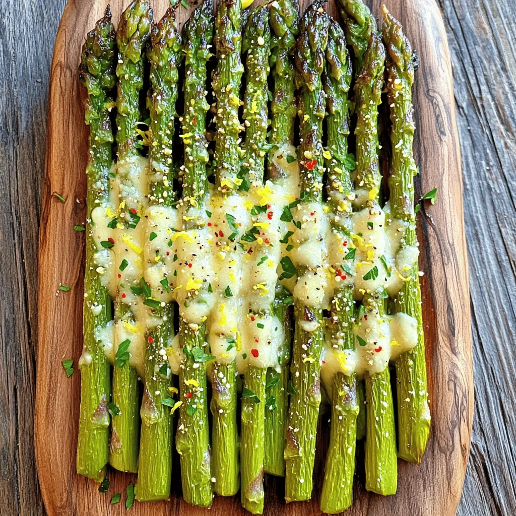 - 450 g frischer Spargel - 3 Esslöffel Olivenöl - 4 Knoblauchzehen, fein gehackt - 120 g geriebener Parmesan - 1 Teelöffel Zitronenschale - Salz und schwarzer Pfeffer - 1/4 Teelöffel Chiliflocken - Frische Petersilie zur Garnitur Um den perfekten Knoblauch-Parmesan-gerösteten Spargel zuzubereiten, wählen Sie frischen Spargel. Der Spargel sollte fest und knackig sein. Ich empfehle, die Enden des Spargels leicht abzuschneiden. So entfernen Sie den harten Teil. Olivenöl sorgt für den tollen Geschmack und die richtige Textur. Knoblauch bringt ein intensives Aroma. Ich schneide den Knoblauch sehr fein, damit der Geschmack gleichmäßig verteilt wird. Für die Gewürze ist geriebener Parmesan der Star. Er schmilzt schön und gibt dem Spargel eine köstliche Kruste. Zitronenschale sorgt für Frische. Salz und schwarzer Pfeffer bringen den Geschmack zur Geltung. Wenn Sie es etwas schärfer mögen, fügen Sie Chiliflocken hinzu. Frische Petersilie rundet das Gericht ab. Sie sorgt für Farbe und einen frischen Geschmack. Alle diese Zutaten finden Sie in meinem Full Recipe. Heize deinen Ofen auf 220 °C vor. So wird der Spargel gleichmäßig gegart. Ein heißer Ofen sorgt für eine schöne Röstaroma. Verteile den geputzten Spargel gleichmäßig auf einem großen Backblech. Achte darauf, dass die Stangen in einer einzigen Schicht liegen. So gart der Spargel perfekt und wird knusprig. Nimm eine kleine Schüssel und füge 3 Esslöffel Olivenöl und 4 fein gehackte Knoblauchzehen hinzu. Mische sie gut. Beträufle dann den Spargel gleichmäßig mit dieser Mischung. Bestreue den Spargel jetzt mit 120 g geriebenem Parmesan. Füge 1 Teelöffel Zitronenschale, Salz, schwarzen Pfeffer und optional 1/4 Teelöffel Chiliflocken hinzu. Vermenge alles vorsichtig, damit die Gewürze gut verteilt sind. Gare den Spargel im vorgeheizten Ofen für 12-15 Minuten. Achte darauf, dass er weich und leicht knusprig wird. Für eine extra goldene Kruste, schalte die Grillfunktion für 2-3 Minuten ein. Pass gut auf, dass der Spargel nicht anbrennt. Dann nimm das Blech heraus und garniere den Spargel mit frischer, gehackter Petersilie. Das ist die einfache Zubereitung für Knoblauch-Parmesan-gerösteten Spargel. Du kannst das gesamte Rezept hier finden: [Full Recipe]. - Warum die Grillfunktion nutzen? Die Grillfunktion gibt dem Spargel eine goldene Kruste. Diese Kruste macht das Gericht knusprig. Achten Sie darauf, den Spargel im Auge zu behalten. So verhindern Sie, dass er anbrennt. - Die richtige Garzeit für verschiedene Spargelstärken Dünner Spargel braucht weniger Zeit. Rösten Sie ihn etwa 10-12 Minuten. Dickere Stangen benötigen 12-15 Minuten. Testen Sie den Spargel mit einer Gabel. Er sollte weich, aber noch bissfest sein. - Vorteile von frischem gegenüber gefrorenem Spargel Frischer Spargel hat mehr Geschmack und bessere Textur. Er enthält auch mehr Nährstoffe. Gefrorener Spargel kann wässrig werden. Frischer Spargel ist in der Saison am besten. Achten Sie auf feste, grüne Stangen ohne braune Flecken. - Optische Tipps zur Präsentation des Gerichts Legen Sie den Spargel auf einen schönen Teller. Streuen Sie etwas geriebenen Parmesan darüber für einen hübschen Look. Garnieren Sie mit frischer Petersilie. Diese Farben machen das Gericht einladend und appetitlich. Für das vollständige Rezept, schauen Sie sich die [Full Recipe] an. {{image_4}} Um den Geschmack zu verändern, probiere andere Kräuter. Rosmarin passt gut zu Spargel. Thymian bringt eine frische Note. Du kannst auch italienische Gewürzmischungen verwenden. Diese Aromen geben dem Spargel einen neuen Kick. Experimentiere mit unterschiedlichen Kombinationen. So entdeckst du deinen Lieblingsgeschmack. Wenn du keinen Parmesan magst, gibt es viele Optionen. Feta ist eine gute Wahl. Er gibt einen salzigen, cremigen Geschmack. Auch Pecorino oder Gouda funktionieren gut. Diese Käsesorten schmelzen schön und ergänzen den Spargel. Du kannst sogar einen veganen Käse verwenden. So bleibt das Gericht für alle lecker. Füge weitere Gemüse hinzu, um das Gericht zu bereichern. Karotten oder Paprika rösten gut mit Spargel. Auch Zucchini und Brokkoli sind tolle Ergänzungen. Sie bringen Farbe und Nährstoffe ins Gericht. Die Röstdauer bleibt gleich. So hast du eine bunte und gesunde Beilage. Für die [Full Recipe] kannst du alle Variationen ausprobieren. Um Ihren Knoblauch-Parmesan-gerösteten Spargel frisch zu halten, lagern Sie ihn richtig. Lassen Sie den Spargel auf Raumtemperatur abkühlen. Danach legen Sie ihn in einen luftdichten Behälter. Dies hilft, die Feuchtigkeit zu bewahren. Sie können auch Frischhaltefolie verwenden, um den Spargel abzudecken. Stellen Sie den Behälter in den Kühlschrank. So bleibt der Spargel bis zu drei Tage frisch. Wenn Sie den Spargel wieder aufwärmen möchten, verwenden Sie den Ofen. Heizen Sie ihn auf 175 °C vor. Legen Sie den Spargel auf ein Backblech. Bedecken Sie ihn leicht mit Folie, um ein Austrocknen zu verhindern. Erwärmen Sie ihn für etwa 10 Minuten. Alternativ können Sie eine Pfanne verwenden. Erhitzen Sie etwas Öl und braten Sie den Spargel kurz an. Dies gibt ihm wieder etwas Knusprigkeit. Übrig gebliebener Spargel ist im Kühlschrank bis zu drei Tage genießbar. Nach dieser Zeit kann der Geschmack nachlassen. Achten Sie darauf, den Spargel auf Gerüche oder Veränderungen in der Farbe zu überprüfen. Wenn alles gut aussieht, ist er noch gut. Wenn Sie ihn länger aufbewahren möchten, können Sie ihn einfrieren. Legen Sie ihn in einen gefrierfesten Behälter. So bleibt er bis zu drei Monate haltbar. Rösten Sie Spargel für 12-15 Minuten. Die genaue Zeit hängt von der Dicke des Spargels ab. Dünner Spargel braucht weniger Zeit, während dickerer Spargel etwas länger benötigt. Achten Sie darauf, dass der Spargel weich und leicht knusprig ist. Ja, Sie können verschiedene Käsesorten verwenden. Feta oder Gouda sind tolle Alternativen. Sie geben dem Spargel einen anderen Geschmack. Wenn Sie etwas Würziges mögen, probieren Sie Pecorino. Lassen Sie Ihrer Kreativität freien Lauf! Ja, dieses Rezept ist glutenfrei. Alle Zutaten enthalten kein Gluten. Olivenöl, Knoblauch und Parmesan sind sicher für eine glutenfreie Diät. Wenn Sie Beilagen hinzufügen, überprüfen Sie deren Zutaten. Der beste Spargel kommt oft aus der Region, in der er wächst. Achten Sie beim Kauf auf frischen Spargel im Supermarkt. Suchen Sie nach festen, grünen Stangen ohne braune Stellen. Saisonaler Spargel ist am besten, normalerweise im Frühling. Knoblauch-Parmesan-gerösteter Spargel passt gut zu vielen Gerichten. Servieren Sie ihn zu gebratenem Hähnchen oder Lachs. Er ergänzt auch Pasta- und Reisgerichte. Der Spargel bringt Farbe und Geschmack auf den Teller. Entdecken Sie die verschiedenen Kombinationen! Zusammengefasst zeigt dieses Rezept, wie man Spargel einfach und lecker zubereitet. Mit frischen Zutaten wie Knoblauch und Parmesan wird dieser Spargel zum Star jeder Mahlzeit. Vergessen Sie nicht, die Grillfunktion für die perfekte Kruste zu nutzen. Experimentieren Sie mit Kräutern und Käse, um neue Aromen zu entdecken. Richtig gelagert, bleibt der übrig gebliebene Spargel frisch. Genießen Sie die Vielseitigkeit dieses Gerichts und finden Sie Ihre eigene Lieblingsvariante. Kochen Sie mit Freude!