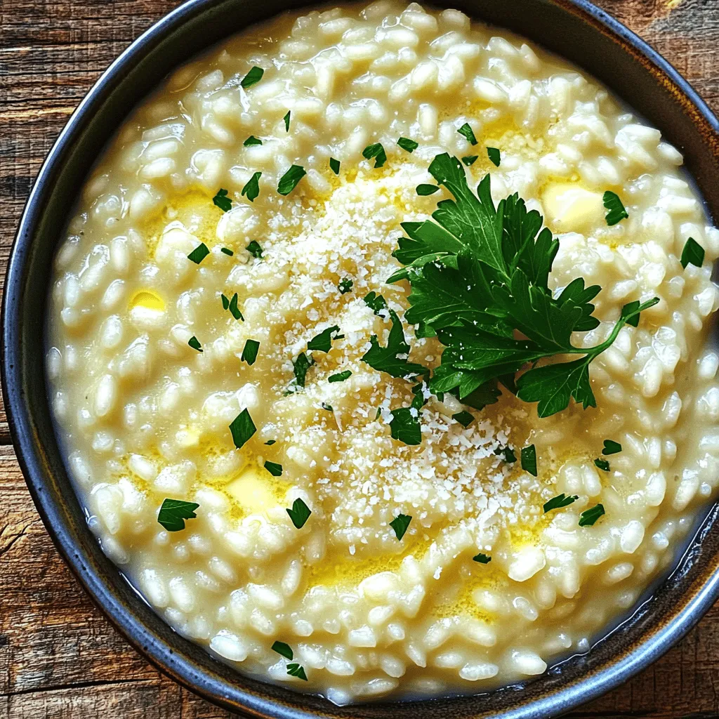 Um ein perfektes cremiges Knoblauch-Parmesan-Risotto zu kochen, benötigst du einige wichtige Zutaten. Diese Zutaten bringen den vollen Geschmack und die richtige Textur hervor. Hier sind die Hauptbestandteile: - 1 Tasse Arborio-Reis - 4 Tassen Gemüsebrühe - 1 Tasse fein gehackte Zwiebel - 2 Knoblauchzehen, fein gehackt - 1 Tasse frisch geriebener Parmesan-Käse - 2 Esslöffel Olivenöl - 2 Esslöffel ungesalzene Butter - Salz und Pfeffer nach Geschmack - Frische Petersilie, gehackt zum Garnieren - Arborio-Reis: Dieser Reis hat einen hohen Stärkegehalt. Er sorgt für eine cremige Konsistenz. - Gemüsebrühe: Verwende eine gute Gemüsebrühe für mehr Geschmack. Dies ist die Basis für das Risotto. - Zwiebel: Eine fein gehackte Zwiebel gibt Tiefe und Süße. Sie ist ein wichtiger Teil beim Anbraten. - Knoblauch: Frischer Knoblauch bringt ein tolles Aroma. Achte darauf, ihn nicht zu verbrennen. - Parmesan-Käse: Frisch geriebener Parmesan sorgt für einen herzhaften Geschmack. - Olivenöl: Olivenöl ist ideal zum Anbraten. Es gibt dem Risotto einen feinen Geschmack. - Butter: Ungesalzene Butter macht das Risotto besonders cremig. - Salz und Pfeffer: Diese Gewürze sind wichtig, um den Geschmack abzugleichen. - Petersilie: Frisch gehackt, bringt sie Farbe und Frische ins Gericht. Beim Einkaufen ist Qualität wichtig. Hier sind einige Tipps, die dir helfen: - Gemüsebrühe: Wähle eine Brühe ohne künstliche Zusatzstoffe. Das macht den Geschmack besser. - Zwiebeln: Hol dir feste Zwiebeln ohne Druckstellen. Sie sind frisch und saftig. - Knoblauch: Achte auf feste, trockene Knoblauchzehen. Sie haben mehr Aroma. - Parmesan: Kaufe Blockkäse und reibe ihn selbst. Das schmeckt frischer als geriebener Käse aus der Packung. - Petersilie: Wähle frische, grüne Blätter ohne Flecken. So bleibt der Geschmack kräftig. Wenn du diese Tipps beachtest, wird dein Risotto noch köstlicher. Für das komplette Rezept schau dir das [Full Recipe] an. Zuerst musst du die Brühe vorbereiten. Erhitze die Gemüsebrühe in einem Topf bei mittlerer Hitze. Lass sie leicht köcheln. Halte die Brühe warm, während du das Risotto machst. Dies hilft dem Reis, die Flüssigkeit gleichmäßig aufzunehmen. Nehme eine große Pfanne und erhitze das Olivenöl. Füge 1 Esslöffel Butter hinzu. Dann gib die fein gehackte Zwiebel in die Pfanne. Brate sie etwa 5 Minuten lang, bis sie glasig wird. Jetzt kommt der gehackte Knoblauch dazu. Rühre ihn für 1-2 Minuten ein, aber achte darauf, dass er nicht bräunt. Jetzt ist der Arborio-Reis an der Reihe. Gib ihn in die Pfanne und röste ihn 2-3 Minuten. Rühre häufig, bis die Ränder des Reises leicht transparent sind. Beginne dann, die warme Brühe hinzuzufügen, Kelle für Kelle. Rühre ständig, bis die Brühe fast ganz absorbiert ist. Wiederhole diesen Schritt für 18-20 Minuten. Der Reis sollte dann cremig und al dente sein. Nimm die Pfanne vom Herd. Rühre die restliche Butter und den geriebenen Parmesan ein. Schmecke das Risotto mit Salz und Pfeffer ab. Lass es eine Minute ruhen. Dann serviere es heiß und garniere es mit frisch gehackter Petersilie. Für die vollständige Anleitung, schaue dir das Rezept an: [Full Recipe]. Beim Kochen von Risotto gibt es einige häufige Fehler. Ein großer Fehler ist, die Brühe nicht warm zu halten. Kalte Brühe stoppt den Kochprozess. Ein weiterer Fehler ist, nicht genug zu rühren. Rühren hilft, die Cremigkeit zu erreichen. Zu schnelles Hinzufügen der Brühe kann auch das Ergebnis ruinieren. Gib die Brühe kellenweise hinzu und warte, bis sie fast ganz aufgenommen ist. Um die perfekte Cremigkeit zu erreichen, benutze Arborio-Reis. Dieser Reis hat viel Stärke, die beim Kochen freigesetzt wird. Füge am Ende auch Butter und Parmesan hinzu. Diese Zutaten machen das Risotto schön cremig. Wenn du noch mehr Cremigkeit möchtest, kannst du etwas Sahne einrühren. Lass das Risotto nach dem Kochen kurz ruhen. So verbinden sich die Aromen besser. Für deinen Risotto empfehle ich, frische Kräuter zu verwenden. Petersilie passt gut dazu. Du kannst auch Thymian oder Basilikum ausprobieren. Für einen zusätzlichen Kick füge eine Prise Muskatnuss hinzu. Die Gewürze verstärken den Geschmack. Achte darauf, die Gewürze schrittweise hinzuzufügen. So kannst du den Geschmack gut abstimmen. Wenn du mehr über das Rezept erfahren möchtest, schaue dir das [Full Recipe] an. {{image_4}} Um ein veganes cremiges Knoblauch-Parmesan-Risotto zu machen, kannst du einige einfache Änderungen vornehmen. Ersetze die Butter durch pflanzliche Margarine oder Kokosöl. Für den Parmesan kannst du eine Mischung aus Cashewkernen, Hefeflocken und etwas Salz verwenden. Dies gibt deinem Risotto einen nussigen Geschmack. Du kannst auch einen veganen Käse aus dem Handel verwenden. Um das Risotto noch geschmackvoller zu machen, füge frische oder getrocknete Pilze hinzu. Brate sie einfach zusammen mit der Zwiebel an. Du kannst auch Spargel verwenden. Schneide ihn in kleine Stücke und füge ihn in der letzten Garzeit hinzu. Er wird zart und gibt dem Gericht eine frische Note. Auch Erbsen oder Spinat passen gut dazu und bringen Farbe ins Spiel. Wenn du keinen Parmesan magst oder ihn nicht hast, gibt es viele Alternativen. Pecorino ist eine gute Wahl, da er einen ähnlichen Geschmack hat. Für eine milde Note kannst du auch einen milden Gouda verwenden. Veganer Käse ist auch eine Option, aber achte darauf, dass er gut schmilzt. So bleibt die cremige Konsistenz des Risottos erhalten. Für mehr Details und die vollständige Zubereitung, schau dir die Full Recipe an. Um dein cremiges Knoblauch-Parmesan-Risotto frisch zu halten, lasse es zuerst abkühlen. Verwende dann einen luftdichten Behälter. Stelle sicher, dass der Behälter gut verschlossen ist. So bleibt das Risotto feucht und lecker. Du kannst es bis zu drei Tage im Kühlschrank lagern. Achte darauf, es nicht länger als nötig offen zu lassen. Beim Wiedererwärmen ist es wichtig, das Risotto sanft zu behandeln. Gib das Risotto in einen Topf und füge einen Spritzer Gemüsebrühe oder Wasser hinzu. Erhitze es bei schwacher Hitze und rühre häufig. So bleibt das Risotto cremig und wird gleichmäßig warm. Vermeide die Mikrowelle, da diese das Risotto austrocknen kann. Das fertige Risotto hält sich im Kühlschrank für etwa drei Tage. Wenn du es länger aufbewahren möchtest, kannst du es auch einfrieren. Teile das Risotto in Portionen auf und lege es in gefriergeeignete Behälter. So bleibt es bis zu drei Monate haltbar. Achte darauf, es gut zu beschriften, damit du weißt, wann du es eingefroren hast. Die Zubereitung von cremigem Knoblauch-Parmesan-Risotto dauert etwa 30 Minuten. Du solltest 10 Minuten für die Vorbereitung und 20 Minuten zum Kochen einplanen. Mit etwas Übung wirst du die Zeit sogar noch verkürzen. Risotto braucht ständige Aufmerksamkeit. Rühre ständig, um die perfekte Cremigkeit zu erreichen. Ja, du kannst andere Reissorten verwenden, aber Arborio-Reis ist am besten. Arborio hat einen hohen Stärkegehalt, der für die cremige Textur sorgt. Du kannst Carnaroli oder Vialone Nano ausprobieren, wenn du möchtest. Diese Sorten sind ebenfalls gut für Risotto. Vermeide jedoch Langkornreis, da er nicht die gleiche Cremigkeit ergibt. Ja, Risotto ist glutenfrei, solange du keine glutenhaltigen Zutaten hinzufügst. Die Hauptzutat, Arborio-Reis, enthält kein Gluten. Achte darauf, bei Brühen und anderen Zutaten ebenfalls glutenfreie Optionen zu wählen. So bleibt dein Risotto sicher für Glutenempfindliche. Wenn du mehr über die Zubereitung erfahren möchtest, schau dir das [Full Recipe] für cremiges Knoblauch-Parmesan-Risotto an. Zusammengefasst zeigt das Rezept für cremiges Knoblauch-Parmesan-Risotto, wie einfach und köstlich es ist. Wir haben die notwendigen Zutaten, die Schritte zur Zubereitung und nützliche Tipps besprochen. Variationen wie vegane Optionen erweitern die Möglichkeiten. Die richtige Lagerung sichert den Geschmack. Risotto kann leicht an deinen Stil angepasst werden. Ich hoffe, du fühlst dich bereit, dieses Gericht selbst zu probieren. Genieße das Kochen und lass es dir schmecken!