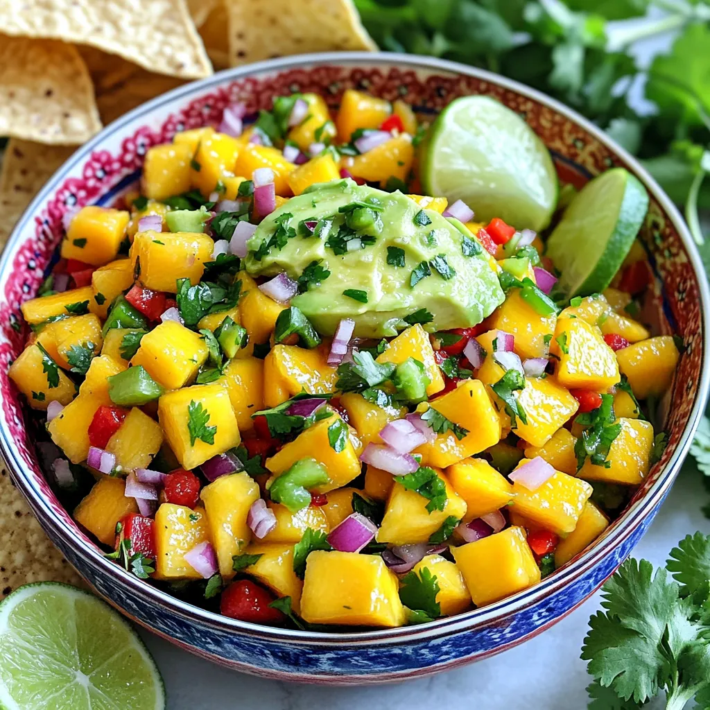 - 2 reife Mangos, gewürfelt - 1 kleine rote Zwiebel, fein gehackt - 1 rote Paprika, gewürfelt - 1 Jalapeño, entkernt und fein gehackt - 1/4 Tasse frischer Koriander, gehackt - Saft von 2 Limetten - 1 Esslöffel Olivenöl - Salz nach Geschmack - 1/2 Teelöffel gemahlener Kreuzkümmel - Optional: 1 Avocado, gewürfelt Ich liebe es, diese Zutaten zu verwenden. Die süßen Mangos bringen viel Geschmack. Die rote Zwiebel gibt einen würzigen Kick. Rote Paprika sorgt für Farbe und Süße. Die Jalapeño fügt eine angenehme Schärfe hinzu. Koriander gibt Frische und einen tollen Duft. Der Limettensaft bringt eine saftige Säure. Olivenöl macht die Salsa glatt. Kreuzkümmel fügt einen warmen, erdigen Geschmack hinzu. Wenn du Avocado hinzufügst, wird die Salsa noch cremiger. Für die Zubereitung brauchst du nur frische Zutaten. Je frischer, desto besser wird der Geschmack. Ich empfehle, die Mangos kurz vor der Zubereitung zu schneiden. So bleiben sie saftig und lecker. Wenn du mehr über das Rezept erfahren möchtest, schaue dir die Full Recipe an. Es ist einfach und macht viel Spaß! Beginne mit dem Zerkleinern der Zutaten. Nimm zwei reife Mangos und würfle sie. Die Mangos sollten süß und saftig sein. Hacke eine kleine rote Zwiebel fein. Dann würfle eine rote Paprika. Für etwas Schärfe, nimm eine Jalapeño. Entkerne sie und hacke sie fein. Jetzt ist es Zeit, alles zu mischen. Gib die gewürfelten Mangos, die Zwiebel, die Paprika und die Jalapeño in eine Schüssel. Füge 1/4 Tasse frischen Koriander hinzu. Drücke den Saft von zwei Limetten über die Mischung. Achte darauf, die Kerne nicht mit hineinzubekommen. Träufle 1 Esslöffel Olivenöl darüber. Streue 1/2 Teelöffel gemahlenen Kreuzkümmel hinein. Würze mit Salz nach Geschmack. Mische alles vorsichtig, bis die Zutaten gut verteilt sind. Decke die Schüssel mit Frischhaltefolie ab. Stelle sie für mindestens 30 Minuten in den Kühlschrank. So können sich die Aromen gut entfalten. Du kannst die würzige Mangosalsa auch länger kühlen, wenn du möchtest. - Vorbereitungszeit: 15 Minuten - Gesamtzeit: 45 Minuten - Portionen: 6 Jetzt bist du bereit, die Salsa zu genießen! Schau dir auch das [Full Recipe] an, um weitere Tipps zu erhalten. Um die Schärfe deiner würzigen Mango Salsa anzupassen, kannst du verschiedene Chilis nutzen. Wenn du es milder magst, wähle eine mildere Paprika. Für mehr Schärfe, nimm eine Jalapeño oder sogar Habanero. Denk daran, die Samen zu entfernen, denn sie sind die schärfste Stelle. Wenn die Salsa zu scharf wird, füge etwas Zucker hinzu. Zucker hilft, die Hitze auszugleichen. Du musst nur eine kleine Menge verwenden. Ein Teelöffel kann einen großen Unterschied machen. Um den Geschmack deiner Salsa zu verbessern, sind frische Kräuter wichtig. Frischer Koriander passt hervorragend zu Mangos. Du kannst auch Minze oder Petersilie ausprobieren. Sie geben der Salsa eine neue Note. Das Verwenden von frischen Zutaten ist immer besser als getrocknete. Frische Zutaten haben mehr Geschmack und Aroma. Wenn du frische Limetten und Mangos nutzt, wird der Geschmack viel intensiver. Vermeide getrocknete Limetten, denn sie können die Salsa trocken machen. Für die vollständige Zubereitung, schau dir das Full Recipe an. {{image_4}} Wenn du die Würzige Mango Salsa aufpeppen möchtest, probiere fruchtige Varianten aus. Ananas oder Papaya bringen eine neue Note. Diese Früchte sind süß und saftig. Sie ergänzen die Mango perfekt. Füge einfach gewürfelte Ananas oder Papaya zur Salsa hinzu. Du fühlst dich sofort in tropische Gefilde versetzt. Diese exotischen Früchte machen die Salsa noch frischer. Die Kombination sorgt für mehr Geschmack und Textur. Um der Salsa mehr Crunch zu verleihen, füge Bohnen oder Mais hinzu. Schwarze Bohnen passen besonders gut. Sie bringen Proteine und eine tolle Farbe. Mais gibt der Salsa eine süße Note und einen schönen Biss. Eine Handvoll gehackte Nüsse kann auch spannend sein. Mandeln oder Cashews geben der Salsa zusätzlichen Crunch. Diese Texturen machen deine Salsa besonders lecker und interessant. Für das volle Rezept schau dir die Zesty Spicy Mango Salsa an. Die Lagerung im Kühlschrank ist einfach. Fülle die Salsa in einen luftdichten Behälter. So bleiben die Aromen frisch. Die optimale Temperatur liegt bei etwa 4 Grad Celsius. Die Haltbarkeit der Salsa beträgt etwa 3 bis 5 Tage. Achte darauf, sie gut abzudecken. So vermeidest du, dass sie Gerüche von anderen Lebensmitteln aufnimmt. Wenn du die Salsa länger aufbewahren möchtest, kannst du sie einfrieren. Fülle die Salsa in einen gefriergeeigneten Behälter oder einen Gefrierbeutel. Achte darauf, etwas Platz für die Ausdehnung beim Einfrieren zu lassen. Tipps zum Auftauen: Nimm die Salsa aus dem Gefrierfach und lege sie in den Kühlschrank. Dort taut sie langsam auf. Du kannst sie auch in der Mikrowelle auf niedriger Stufe auftauen. Beim Wiederverwenden schau, ob die Textur noch gut ist. Manchmal kann die Salsa nach dem Einfrieren etwas wässrig sein. Mische sie einfach gut durch. So wird sie wieder lecker. Für die besten Ergebnisse empfehle ich, die Salsa frisch zu genießen. Probiere die vollständige Rezeptur für diese köstliche würzige Mangosalsa! Die Spicy Mango Salsa hält sich etwa 3 bis 5 Tage im Kühlschrank. Achte darauf, die Salsa in einem luftdichten Behälter zu lagern. So bleibt sie frisch und lecker. Wenn du sie länger aufbewahren möchtest, ist das Einfrieren eine gute Option. Ja, du kannst die Salsa im Voraus machen. Bereite sie bis zu 24 Stunden vorher zu. Das gibt den Aromen Zeit, sich zu vermischen. Lagere die Salsa im Kühlschrank in einem luftdichten Behälter. Vor dem Servieren umrühren, um die Frische zu erhalten. Mangosalsa passt super zu vielen Gerichten. Hier sind einige Ideen: - Gegrilltes Hähnchen oder Fisch - Tacos oder Burritos - Nachos mit Käse - Salate für einen frischen Kick - Sandwiches und Wraps Die Kombination macht die Gerichte lebendig und lecker. Verwende die Salsa auch als Dip für Tortilla-Chips oder Gemüse. Es gibt viele Wege, diese würzige Mango Salsa zu genießen! Zusammenfassend haben wir die Zutaten und die Schritt-für-Schritt-Anleitung für die würzige Mangosalsa erkundet. Du hast gelernt, wie du sie einfach zubereitest, anpasst und lagerst. Denke daran, dass du die Schärfe variieren und verschiedene Früchte hinzufügen kannst. Diese Salsa ist frisch, bunt und passt zu vielen Gerichten. Lass deiner Kreativität freien Lauf und genieße die Aromen. Experimentiere mit neuen Zutaten und finde deine perfekte Mischung!