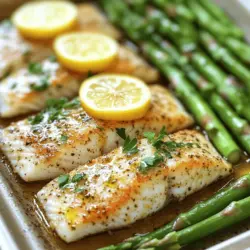 Für dieses köstliche Gericht brauchen Sie folgende Zutaten: - 4 Tilapiafilets - 1 Bund frischer Spargel, Fußenden abgeschnitten - 2 Esslöffel Olivenöl - 2 Zitronen (1 zum Schneiden, 1 zum Auspressen) - 3 Knoblauchzehen, fein gehackt - 1 Teelöffel getrockneter Oregano - 1 Teelöffel getrockneter Thymian - Salz und Pfeffer nach Geschmack - Frische Petersilie zum Garnieren Frische Kräuter bringen einen tollen Geschmack. Ich empfehle Ihnen: - Frischer Dill für einen frischen Hauch. - Frischer Estragon für einen leicht süßlichen Geschmack. - Frische Basilikumblätter für eine aromatische Note. Diese Kräuter passen gut zu Tilapia und Spargel. Sie können sie leicht in die Marinade einarbeiten. Für eine vollständige Mahlzeit können Sie einfache Beilagen hinzufügen. Hier sind einige Ideen: - Quinoa oder Reis für eine nahrhafte Basis. - Ein frischer grüner Salat für einen knackigen Biss. - Kartoffeln, ob gebacken oder püriert, sind immer beliebt. Diese Beilagen ergänzen das Gericht perfekt und machen es noch leckerer. Um den Spargel vorzubereiten, nehme ich einen frischen Bund und schneide die Fußenden ab. Dies hilft, die holzigen Teile zu entfernen. Ich wasche den Spargel gründlich unter kaltem Wasser. Danach lege ich ihn auf ein Backblech. Es ist wichtig, dass der Spargel gleichmäßig verteilt ist. Ich träufle dann 1 Esslöffel Olivenöl darüber und würze ihn mit Salz und Pfeffer. So erhält der Spargel einen tollen Geschmack. Für die Marinade nehme ich eine kleine Schüssel. Ich gebe dort das restliche Olivenöl, frisch gepressten Zitronensaft, und die gehackten Knoblauchzehen hinein. Außerdem füge ich einen Teelöffel getrockneten Oregano und einen Teelöffel getrockneten Thymian hinzu. Dann würze ich mit Salz und Pfeffer. Ich rühre alles gut um, bis die Zutaten gut gemischt sind. Diese Marinade gibt dem Tilapia einen frischen und würzigen Geschmack. Jetzt ist es Zeit, alles zu backen. Ich lege die Tilapiafilets auf das Backblech, neben dem Spargel. Dann gieße ich die Marinade großzügig über die Filets. Es ist wichtig, dass sie gut bedeckt sind. Ich schneide die zweite Zitrone in dünne Scheiben und lege einige auf die Filets. Dann heize ich den Ofen auf 200°C vor und backe das Gericht für 15 bis 20 Minuten. Der Tilapia sollte leicht zerfallen, wenn ich mit einer Gabel hineingehe. Nach dem Backen lasse ich das Blech kurz abkühlen. Ich garniere das Gericht mit frischer Petersilie. So sieht es schön und appetitlich aus. Für die vollständige Zubereitung schauen Sie sich das [Full Recipe] an. Die perfekte Backzeit für Tilapia liegt zwischen 15 und 20 Minuten. Bei 200°C (400°F) wird der Fisch schön zart. Überprüfen Sie den Tilapia nach 15 Minuten. Er ist fertig, wenn er leicht mit einer Gabel zerfällt. Der Spargel sollte zart, aber noch knackig sein. Wenn Sie eine knusprige Textur wünschen, backen Sie ihn etwas länger. Die Marinade ist der Schlüssel zu diesem Rezept. Nutzen Sie frische Zutaten für den besten Geschmack. Mischen Sie Olivenöl, Zitronensaft und Gewürze in einer kleinen Schüssel. Lassen Sie die Marinade kurz ziehen, damit die Aromen sich verbinden. Gießen Sie die Marinade großzügig über die Tilapiafilets. So wird jeder Bissen aromatisch und lecker. Präsentation ist wichtig. Servieren Sie den Tilapia direkt auf dem Spargel. Fügen Sie frische Zitronenscheiben und gehackte Petersilie hinzu. Das sieht nicht nur gut aus, sondern schmeckt auch frisch. Sie können das Gericht mit einer Beilage aus Reis oder Quinoa ergänzen. Diese Kombination rundet das Essen perfekt ab. Für das vollständige Rezept besuchen Sie die [Full Recipe]. {{image_4}} Wenn Sie Tilapia nicht mögen, probieren Sie andere Fische. Forelle ist eine gute Wahl. Sie hat einen feinen Geschmack und ein zartes Fleisch. Auch Kabeljau eignet sich gut. Er ist fest und nimmt die Aromen gut auf. Lachs kann auch verwendet werden. Er sorgt für einen reichhaltigen, nussigen Geschmack. Wenn Sie eine vegetarische Option suchen, sind gebratene Zucchini oder Paprika ideal. Beide Gemüse lassen sich gut würzen und passen zu den Aromen. Auch Brokkoli oder Blumenkohl sind schmackhafte Alternativen. Sie können sie einfach im Ofen rösten. So bleibt ihr Geschmack frisch und lebendig. Variieren Sie die Kräuter, um neue Geschmäcker zu entdecken. Dill passt gut zu Fisch und hat einen frischen Geschmack. Basilikum gibt dem Gericht eine süße Note. Fügen Sie auch etwas Zitronenzeste hinzu. Das bringt mehr Frische in das Gericht. Wenn Sie es schärfer mögen, probieren Sie etwas Paprika oder Cayennepfeffer. Diese Gewürze geben dem Ganzen einen spannenden Kick. Für das vollständige Rezept und mehr Details schauen Sie sich das [Full Recipe] an. Um die Reste von gebackenem Zitronen-Kräuter-Tilapia mit Spargel gut zu lagern, verwenden Sie einen luftdichten Behälter. Lassen Sie das Gericht zuerst auf Raumtemperatur abkühlen. Decken Sie den Behälter gut ab, um Frische zu erhalten. So bleibt der Geschmack und die Textur erhalten. Beim Wiedererwärmen empfehle ich, den Tilapia und den Spargel im Ofen aufzuwärmen. Stellen Sie den Ofen auf 180°C ein. Legen Sie das Gericht auf ein Backblech und decken Sie es mit Aluminiumfolie ab. So bleibt die Feuchtigkeit erhalten. Erwärmen Sie das Gericht etwa 10 bis 15 Minuten lang, bis es durchgehend heiß ist. Im Kühlschrank bleibt der gebratene Tilapia mit Spargel etwa 2 bis 3 Tage frisch. Wenn Sie ihn länger aufbewahren möchten, ist das Gefrierfach eine gute Option. Dort hält sich das Gericht bis zu 3 Monate. Achten Sie darauf, es gut zu verpacken, um Gefrierbrand zu vermeiden. Denken Sie daran, die Reste vor dem Einfrieren in Portionen zu teilen. So können Sie genau die Menge auftauen, die Sie brauchen. Der Tilapia muss 15-20 Minuten im Ofen gebacken werden. Die genaue Zeit hängt von der Dicke der Filets ab. Wenn der Fisch leicht mit einer Gabel zerfällt, ist er fertig. Überprüfen Sie das Gericht nach 15 Minuten. Achten Sie darauf, dass der Spargel zart, aber nicht matschig ist. Ja, frischer Spargel ist perfekt für dieses Rezept. Er hat einen knackigen Biss und tollen Geschmack. Schneiden Sie die Fußenden ab, damit er gleichmäßig gart. Wenn der Spargel frisch ist, wird er im Ofen zart und bleibt farbenfroh. Zu Baked Lemon Herb Tilapia mit Spargel passen viele Beilagen gut. Hier sind einige Ideen: - Reis oder Quinoa für eine sättigende Basis. - Ein frischer Salat mit Zitronen-Dressing. - Ofenkartoffeln oder Kartoffelpüree für mehr Komfort. - Geröstetes Gemüse für zusätzlichen Geschmack. Diese Beilagen ergänzen den Fisch und den Spargel gut. Ergänzen Sie das Gericht mit einer weiteren Zitrone, um den Geschmack zu heben. Um das vollständige Rezept zu sehen, schauen Sie sich die vollständige Anleitung an. In diesem Blogbeitrag haben wir die wichtigsten Zutaten für unser Rezept besprochen. Ich habe Ihnen gezeigt, wie Sie Spargel und Tilapia perfekt zubereiten können. Tipps zur richtigen Backzeit und Ideen für Variationen haben das Ganze abgerundet. Denken Sie daran, wie Sie Reste richtig lagern. So bleibt Ihr Gericht frisch und lecker. Experimentieren Sie mit neuen Aromen und genießen Sie jede Biss!