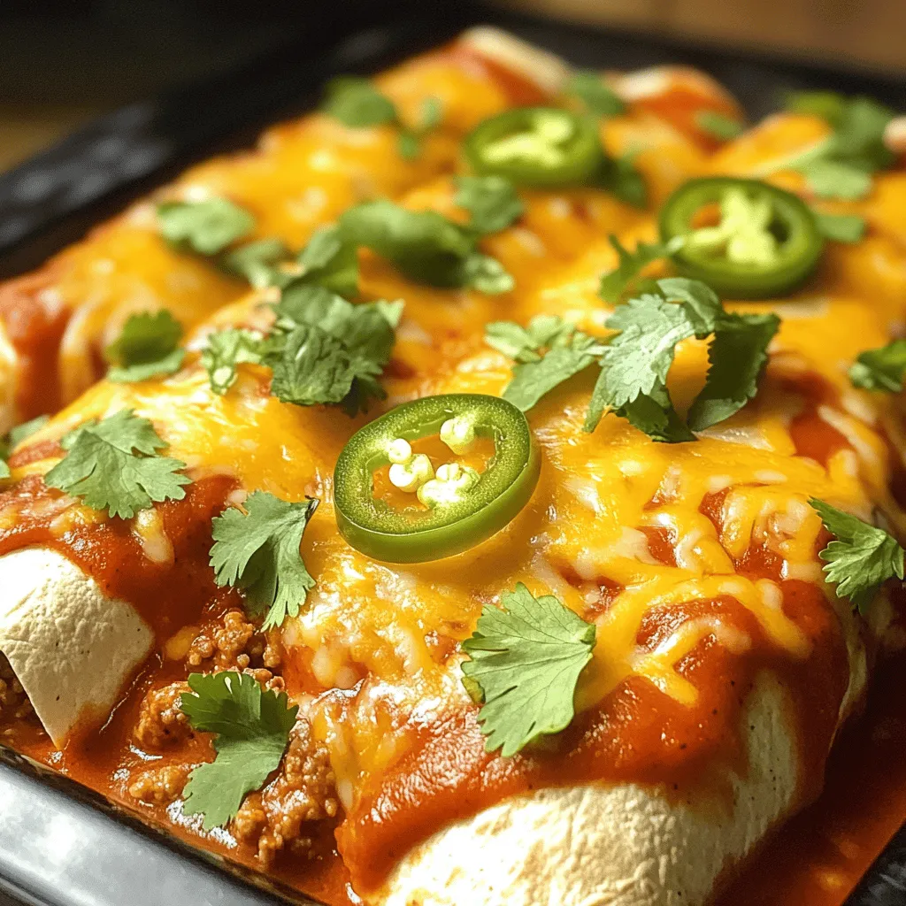 - 450 g Rinderhackfleisch - 1 Tasse Zwiebel, gehackt - 2 Zehen Knoblauch, fein gehackt Die Hauptzutaten für Beef Enchiladas sind einfach und lecker. Ich starte mit 450 g Rinderhackfleisch. Es bringt den herzhaften Geschmack, den wir wollen. Dann addiere ich 1 Tasse gehackte Zwiebel. Sie gibt Süße und Aroma. 2 zerdrückte Knoblauchzehen fügen einen kräftigen Geschmack hinzu. Diese Zutaten bilden die Basis für die Füllung. - 1 Esslöffel Chilipulver - 1 Teelöffel Kreuzkümmel - 2 Tassen rote Enchiladasauce Die Gewürze sind wichtig für den Charakter der Enchiladas. 1 Esslöffel Chilipulver sorgt für die nötige Wärme. 1 Teelöffel Kreuzkümmel bringt eine erdige Note. Die 2 Tassen rote Enchiladasauce sind das Herzstück. Sie macht alles saftig und lecker. Du kannst sie kaufen oder selbst machen, je nach Vorliebe. - Frischer Koriander - In Scheiben geschnittene Jalapeños und saure Sahne Die Garnituren machen die Enchiladas noch besser. Frischer Koriander bringt Farbe und Frische. In Scheiben geschnittene Jalapeños fügen einen zusätzlichen Kick hinzu. Saure Sahne rundet das Ganze ab. Diese Beilagen machen das Gericht perfekt für jeden Anlass. Für das vollständige Rezept besuche die Seite mit dem Full Recipe. - Ofen auf 190°C (375°F) vorheizen. - Rinderhackfleisch anbraten und überschüssiges Fett abgießen. Heizt euren Ofen auf 190°C (375°F) vor. Dies hilft, die Enchiladas gleichmäßig zu garen. In einer großen Pfanne fügt ihr das Rinderhackfleisch hinzu. Bratet das Fleisch bei mittlerer Hitze an. Zerkleinert es mit einem Pfannenwender. Bratet es, bis es schön braun ist. Denkt daran, das überschüssige Fett abzugießen. Zu viel Fett macht die Enchiladas schwer. - Zwiebeln und Knoblauch dazugeben. - Mit Chilipulver, Kreuzkümmel, Salz und Pfeffer würzen. Jetzt kommen die Aromen ins Spiel. Gebt die gehackten Zwiebeln in die Pfanne. Füge den fein gehackten Knoblauch hinzu. Kocht alles zusammen, bis die Zwiebeln glasig sind. Das dauert etwa fünf Minuten. Dann fügt ihr die Gewürze hinzu: Chilipulver, Kreuzkümmel, Salz und Pfeffer. Vermischt alles gut. Lasst die Mischung für zwei bis drei Minuten köcheln. Die Gewürze bringen einen tollen Geschmack. - Maistortillas erwärmen. - Tortillas mit Rinderfleischmischung und Käse füllen und aufrollen. Um die Tortillas gut rollen zu können, müsst ihr sie erwärmen. Legt die Maistortillas in eine trockene Pfanne. Erwärmt sie jeweils etwa 30 Sekunden auf jeder Seite. Das macht sie geschmeidig. Jetzt könnt ihr eine Tortilla flach auf die Arbeitsfläche legen. Gebt etwa 1/4 Tasse der Rinderfleischmischung in die Mitte. Streut etwas geriebenen Käse darüber. Rollt die Tortilla fest auf und legt sie mit der Naht nach unten in eine gefettete Auflaufform. Wiederholt dies für alle Tortillas. So entsteht eine köstliche Füllung in jeder Enchilada. Für das vollständige Rezept, schau dir [Full Recipe] an. Um die besten Enchiladas zu machen, erwärme die Tortillas vor dem Füllen. Dies hilft, sie geschmeidig zu machen. Wenn die Tortillas kalt sind, reißen sie oft. Nutze nicht zu viel Füllung. Eine kleine Menge hält die Enchiladas zusammen. Etwa 1/4 Tasse der Rinderfleischmischung ist perfekt. Für den besten Geschmack nutze eine Kombination aus Cheddar und Monterey Jack. Diese Käsesorten schmelzen gut und geben einen tollen Geschmack. Wenn du Käse liebst, probiere auch andere Sorten. Gouda oder Queso Fresco können interessante Alternativen sein. Du benötigst einige wichtige Geräte für diese Enchiladas. Eine große Pfanne ist nötig, um das Fleisch zu braten. Eine Auflaufform hilft beim Backen. Aluminiumfolie ist wichtig, um die Enchiladas während des Backens abzudecken. Ein Pfannenwender und ein Kochlöffel sind ebenfalls wichtig, um das Fleisch gut zu rühren und die Tortillas zu rollen. {{image_4}} Für eine fleischfreie Option probiere ich vegetarische Enchiladas. Ich benutze häufig schwarze Bohnen und frisches Gemüse. Du kannst Paprika, Zucchini oder Spinat hinzufügen. Diese Füllungen geben Geschmack und Nährstoffe. Wenn du das Rinderhackfleisch weglässt, verwende eine Mischung aus Bohnen und Gemüse. So kannst du die Enchiladas leicht anpassen. Wenn du es schärfer magst, füge zusätzliche Gewürze hinzu. Ich mag Cayennepfeffer oder geräucherten Chipotle. Diese Gewürze bringen mehr Hitze in die Enchiladas. Du kannst auch eine scharfe Enchiladasauce selbst machen. Mische frische Tomaten, Knoblauch, Zwiebeln und die gewünschten Gewürze. Koche alles zusammen und püriere es für eine glatte Sauce. Für eine kohlenhydratarme Version kann ich Zucchini oder Auberginen statt Tortillas verwenden. Diese Gemüsesorten sind leicht und gesund. Schneide sie dünn und grilliere sie leicht. So bleiben sie geschmackvoll. Du kannst die gefüllten Zucchini oder Auberginen in der Auflaufform backen. Achte darauf, die Füllung gut zu würzen, damit sie lecker bleibt. Nach dem Genuss deiner Beef Enchiladas bleibt oft etwas übrig. Du kannst die Reste im Kühlschrank für 3 bis 5 Tage aufbewahren. Achte darauf, sie in einem versiegelten Behälter zu lagern. So bleiben die Enchiladas frisch und schmackhaft. Wenn du sie so lagerst, kannst du sie später ganz einfach aufwärmen. Wenn du mehr Enchiladas zubereitet hast, als du essen kannst, ist das Einfrieren eine gute Option. Friere die Enchiladas vor dem Backen ein. Wickele sie gut ein oder lege sie in einen gefrierfesten Behälter. So bleiben sie bis zu drei Monate frisch. Wenn du sie aufwärmen möchtest, lass sie einfach im Kühlschrank auftauen, bevor du sie backst. Beim Aufwärmen hast du zwei Optionen: die Mikrowelle oder den Ofen. Die Mikrowelle ist schnell, aber der Ofen macht die Enchiladas knuspriger. Wenn du den Ofen nutzt, heize ihn auf 180°C vor. Backe die Enchiladas etwa 20 Minuten lang, bis sie heiß sind. Achte darauf, sie mit Folie abzudecken, damit sie nicht austrocknen. So bleiben sie schön saftig und lecker. Um die Enchiladas schärfer zu machen, gibt es einfache Gewürze. Du kannst Cayennepfeffer oder Chipotle verwenden. Diese Gewürze bringen den richtigen Kick. Auch frische Jalapeños sind eine gute Wahl. Einfach in die Füllung oder als Garnitur geben. Ja, die rote Enchiladasauce kannst du selber machen. Eine einfache Rezeptur besteht aus Tomaten, Zwiebeln und Gewürzen. Du kannst auch Chili und Knoblauch hinzufügen. Koche alles zusammen und püriere es. So hast du eine frische, leckere Sauce. Diese Enchiladas ergeben 4 bis 6 Portionen. Du kannst die Portionsgröße anpassen. Wenn du mehr Gäste hast, verdopple einfach die Zutaten. So kannst du sicherstellen, dass jeder satt wird. Die gesamte Zubereitungszeit beträgt etwa 50 Minuten. Die Vorbereitungszeit ist 15 Minuten. Das Kochen im Ofen dauert 35 Minuten. So kannst du schnell eine leckere Mahlzeit zubereiten. Rinder-Enchiladas sind einfach und lecker. Wir haben die Hauptzutaten, Zubereitung und Tipps besprochen. Du kannst deine Enchiladas auch anpassen, um sie vegetarisch oder schärfer zu machen. Achte darauf, sie richtig zu lagern, damit du sie länger genießen kannst. Probiere deine eigenen Varianten aus und find heraus, was dir am besten schmeckt. Enchiladas sind nicht nur ein tolles Essen; sie bringen auch Spaß in die Küche. Lass deiner Kreativität freien Lauf und genieße jede Bissen!