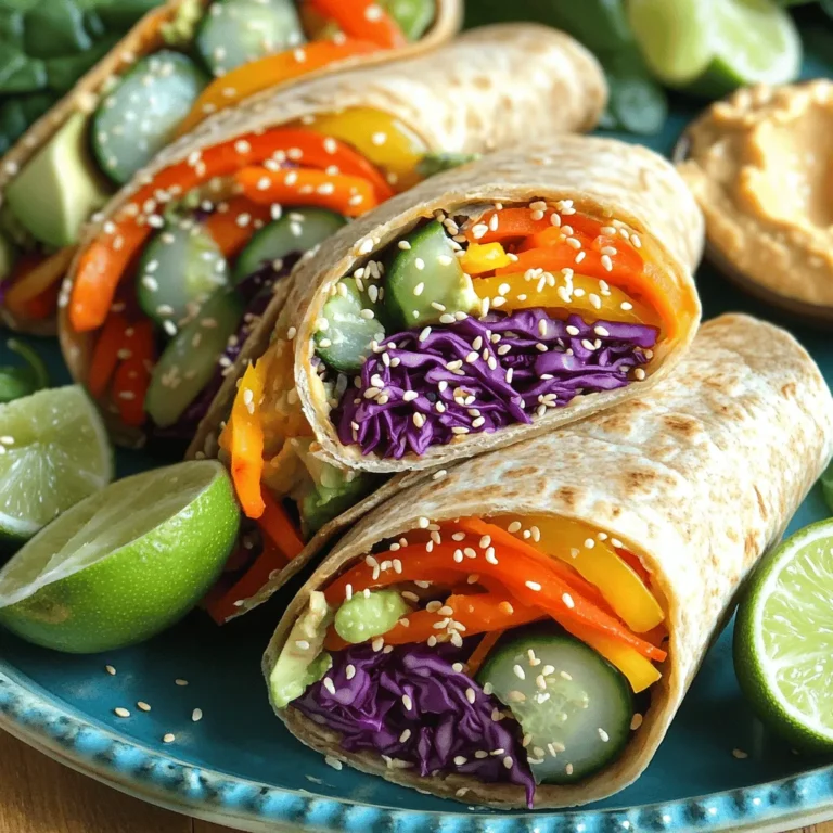 Für die Rainbow Veggie Wraps brauchst du folgende Zutaten: - 4 große Vollkorn-Tortillas - 1 Tasse lila Kohl, fein gehackt - 1 rote Paprika, in dünne Streifen geschnitten - 1 gelbe Paprika, in dünne Streifen geschnitten - 1 Karotte, in Julienne geschnitten - 1 Gurke, in dünne Scheiben geschnitten - 1 Avocado, in Scheiben geschnitten - 1 Tasse frische Spinatblätter - ½ Tasse Hummus (dein Lieblingsgeschmack) - Saft von 1 Limette - Salz und Pfeffer nach Geschmack - Sesamsamen zur Garnitur Bei der Auswahl von Gemüse kannst du kreativ sein. Nutze, was dir gefällt. Frisches, knackiges Gemüse macht den Wrap bunt und lecker. Hummus gibt den Wraps eine schöne cremige Textur. Achte auf die Gewürze. Sie heben den Geschmack hervor. Du kannst nach Belieben Salz und Pfeffer hinzufügen. Wenn du mehr über die Zubereitung erfahren möchtest, schau dir das [Full Recipe] an. Beginne mit dem Schneiden des Gemüses. Zuerst raspel den lila Kohl in feine Stücke. Schneide die rote und gelbe Paprika in dünne Streifen. Die Karotte schneidest du in Julienne, und die Gurke in dünne Scheiben. Für die Avocado schneide sie einfach in Scheiben. Sobald das Gemüse bereit ist, gib alles in eine große Schüssel. Füge den Limettensaft hinzu. Würze die Mischung mit Salz und Pfeffer. Rühre alles gut um, damit die Aromen sich verbinden. Lege eine Tortilla flach auf eine saubere Fläche. Nimm etwa zwei Esslöffel Hummus und verteile ihn gleichmäßig. Lass einen Rand von etwa 2,5 cm an den Rändern frei. Auf einer Seite der Tortilla platzierst du eine Handvoll frischer Spinatblätter. Darauf kommt eine Portion des vorbereiteten Gemüses und einige Scheiben Avocado. Klappe die Ränder der Tortilla über die Füllung. Achte darauf, dass alles gut eingepackt ist. Rolle die Tortilla dann fest von der Füllseite bis zum anderen Ende. Sichere den Wrap, damit alle Zutaten an ihrem Platz bleiben. Wiederhole diesen Schritt mit allen Tortillas, bis du alle Zutaten aufgebraucht hast. Wenn du die Wraps fertig hast, schneide sie diagonal in zwei Hälften. Richte sie auf einem schönen Teller an und garniere sie mit Sesamsamen für extra Knusprigkeit. Für die vollständige Anleitung, schaue dir die Full Recipe an. Um die perfekten Wraps zu machen, musst du das Gemüse richtig schneiden. Hier sind einige Tipps: - Schneide das Gemüse in gleichmäßige Stücke. So sieht es schöner aus. - Verwende einen scharfen Messer für saubere Schnitte. Das hilft dir, Verletzungen zu vermeiden. - Halte die Stücke klein, damit sie leicht in den Wrap passen. Die Anordnung der Zutaten ist wichtig für das Aussehen. Das Auge isst mit! Hier sind ein paar Ideen: - Beginne mit einer Schicht Spinat. Das sorgt für eine frische Basis. - Lege das geschnittene Gemüse in bunten Reihen. Das sieht toll aus und macht Spaß. - Achte darauf, dass die Farben gut verteilt sind. So wird der Wrap lebendig und einladend. Beilagen und Dips machen die Wraps noch leckerer. Hier sind einige Vorschläge: - Serviere die Wraps mit frischem Hummus. Du kannst verschiedene Geschmäcker verwenden. - Guacamole passt auch gut dazu. Sie bringt eine cremige Note. - Eine einfache Joghurtsoße mit Kräutern ist eine gute Wahl. Bei der Präsentation kannst du kreativ sein. Hier sind einige Tipps: - Platziere die Wraps auf einem bunten Teller. Das zieht Blicke an. - Schneide die Wraps diagonal, um die Farben zu zeigen. Das sieht appetitlich aus. - Garniere die Wraps mit Sesamsamen und Limettenspalten. Das macht alles noch frischer. Für das vollständige Rezept schaue dir die gesamte Anleitung an. {{image_4}} Für deine Rainbow Veggie Wraps kannst du je nach Saison verschiedene Gemüse verwenden. Im Frühling sind zarte Erbsen und Radieschen toll. Im Sommer probiere Zucchini oder Paprika. Im Herbst sind Kürbis und Rote Bete spannend. Der Winter bringt Wurzelgemüse wie Karotten und Sellerie. Zusätzlich kannst du proteinreiche Zutaten einfügen. Tofu ist eine hervorragende Wahl. Einfach würzen und anbraten. Hähnchenbrust ist ebenfalls lecker. Koche es einfach und schneide es in Streifen. So wird dein Wrap noch nahrhafter und sättigender. Hummus kann in vielen Geschmäckern zubereitet werden. Klassischer Hummus mit Kichererbsen ist immer gut. Probiere auch Rote Bete-Hummus für einen süßen Geschmack. Avocado-Hummus bringt Cremigkeit und Frische. Wer es scharf mag, kann Chili oder Paprika hinzufügen. Soßen und Dressings sind ebenfalls wichtig. Ein einfacher Joghurtdip mit Kräutern passt gut. Ein Zitrus-Dressing kann Frische bringen. Experimentiere mit verschiedenen Kombinationen, um dein Geschmackserlebnis zu verbessern. Diese Variationen machen die Rainbow Veggie Wraps immer neu und spannend. Um deine Rainbow Veggie Wraps frisch zu halten, lege sie in einen luftdichten Behälter. Du kannst sie auch in Frischhaltefolie wickeln. So bleiben sie knackig und lecker. Stelle sicher, dass der Kühlschrank nicht zu warm ist. Ideal sind Temperaturen unter 4 Grad Celsius. Bei richtiger Lagerung bleiben die Wraps bis zu 3 Tage frisch. Wenn du einen großen Vorrat hast, kannst du die Wraps auch einfrieren. Wickele sie fest in Frischhaltefolie und lege sie in einen Gefrierbeutel. So bleiben sie bis zu 2 Monate haltbar. Um sie zu genießen, taue die Wraps über Nacht im Kühlschrank auf. Du kannst sie auch kurz in der Mikrowelle erwärmen. Hast du noch Wraps übrig? Es gibt viele kreative Wege, sie zu nutzen! Du kannst die Wraps in kleine Stücke schneiden und sie in einen Salat geben. Das gibt einen schönen Crunch. Du kannst sie auch in einer Bowl verwenden. Füge dazu etwas Quinoa oder Reis hinzu und toppe es mit einer leckeren Sauce. Eine andere Idee ist, die Reste zu grillen. Einfach die Wraps auf den Grill legen, bis sie goldbraun sind. Das gibt ihnen einen tollen Geschmack. So verwandelst du Reste in ein neues, köstliches Gericht. Wenn du mehr Ideen brauchst, schau dir das [Full Recipe] für weitere Inspirationen an! Die Wraps bleiben frisch, wenn du sie richtig lagerst. Lagere sie in einem luftdichten Behälter im Kühlschrank. So bleiben sie bis zu drei Tage gut. Achte darauf, dass die Wraps nicht gequetscht werden. Wenn du sie nicht sofort isst, wickel sie in Frischhaltefolie. So trocknen sie nicht aus. Ja, du kannst die Wraps glutenfrei zubereiten. Suche nach glutenfreien Tortillas aus Reis oder Mais. Diese sind meist leicht erhältlich. Achte darauf, die Zutaten gut zu prüfen, um Gluten zu vermeiden. Du wirst sehen, dass der Geschmack auch ohne Gluten klasse bleibt. Zu den Wraps passen viele Dips gut. Beliebte Optionen sind Hummus, Guacamole oder eine Joghurtsoße. Wenn du etwas mehr Würze magst, probiere scharfen Salsa. Ein frischer Kräuterdip bringt auch Geschmack. Du kannst die Dips selbst machen oder kaufen. Sie machen die Wraps noch leckerer! Diese Wraps sind einfach zuzubereiten. Du brauchst Vollkorn-Tortillas, frisches Gemüse und Hummus. Bereite die Zutaten vor und rolle die Tortillas gut auf. Du kannst verschiedene Gemüse und Hummus-Geschmäcker verwenden. Tipps zur Lagerung helfen dir, die Wraps frisch zu halten. Experimentiere gerne mit Beilagen und Dips. Diese Wraps sind lecker und gesund. Probiere sie aus und finde deine Lieblingsvariationen!