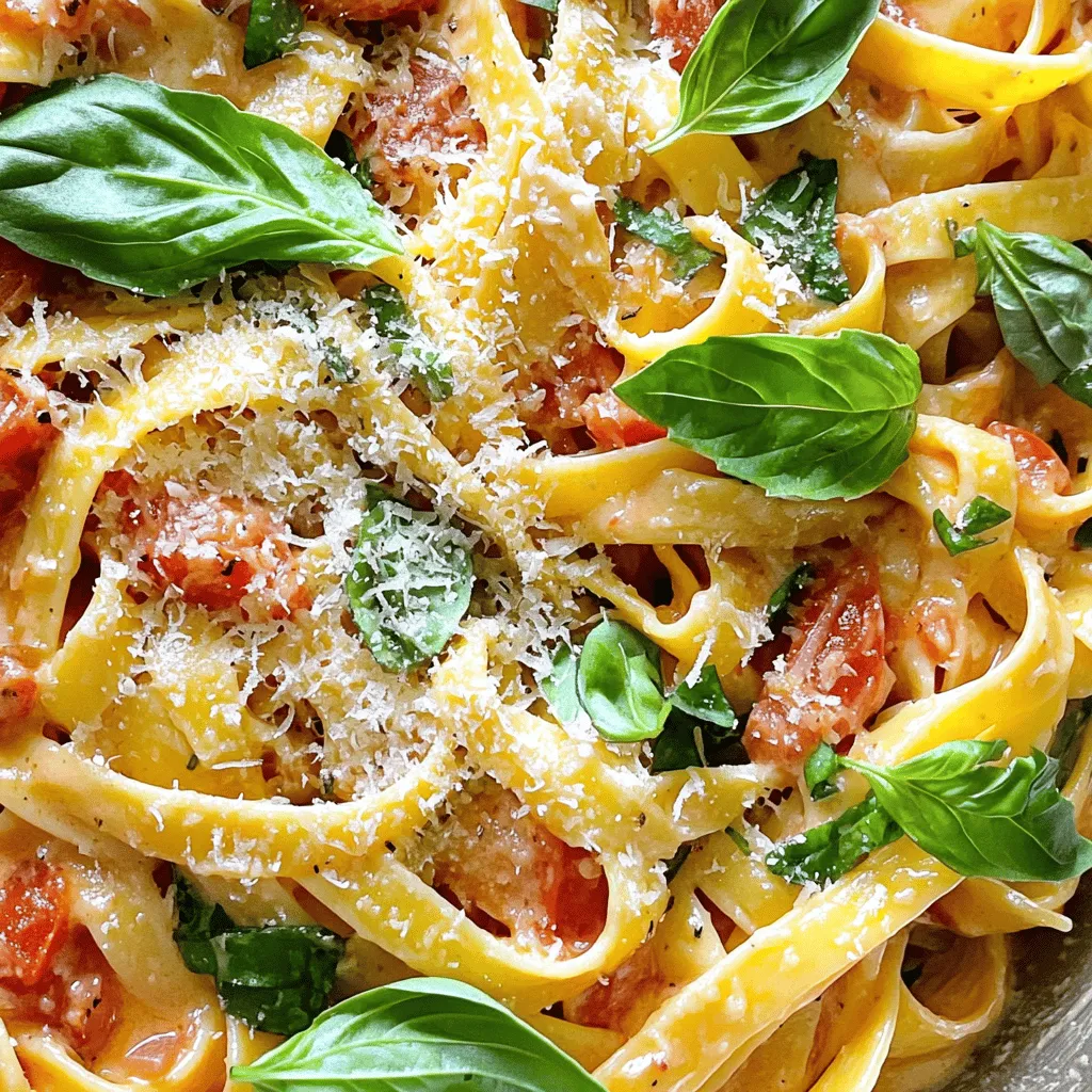 Um eine leckere cremige Tomaten-Basilikum-Pasta zu machen, braucht man folgende Hauptzutaten: - 225 g Fettuccine-Nudeln - 2 Esslöffel Olivenöl - 3 Knoblauchzehen, fein gehackt - 1 Dose (400 g) gehackte Tomaten - 240 ml Schlagsahne - 1 Tasse frische Basilikumblätter, gehackt - 1 Teelöffel getrockneter Oregano - 1 Teelöffel Zucker - Salz und Pfeffer nach Geschmack - 50 g geriebener Parmesan - Frische Basilikumblätter zur Dekoration Diese Zutaten sind einfach zu finden und geben der Pasta ihren tollen Geschmack. Zusätzlich zu den Hauptzutaten kann man einige Zutaten für mehr Geschmack hinzufügen: - Frische Kräuter wie Petersilie oder Thymian - Eine Prise Chili für etwas Schärfe - Zwiebeln für mehr Tiefe im Geschmack Diese Zutaten sind nicht notwendig, aber sie können das Gericht wirklich aufwerten. Die Qualität der Zutaten macht einen großen Unterschied. Hier sind meine Tipps: - Wählen Sie frische Basilikumblätter. Sie geben der Pasta ein intensives Aroma. - Nutzen Sie hochwertiges Olivenöl. Es verbessert den Geschmack der Sauce. - Kaufen Sie reife, ganze Tomaten. Diese sind oft geschmackvoller als die gehackten Varianten. Wenn Sie diese Tipps befolgen, schmeckt Ihre cremige Tomaten-Basilikum-Pasta noch besser. Für das gesamte Rezept schauen Sie sich die [Full Recipe] an. Um die Sauce für die cremige Tomaten-Basilikum-Pasta zu machen, folgen Sie diesen Schritten: 1. Kochen Sie die Fettuccine-Nudeln in einem großen Topf mit Salzwasser. Halten Sie sich an die Packungsanweisung, bis die Nudeln al dente sind. 2. Gießen Sie die Nudeln ab, aber bewahren Sie 120 ml Nudelwasser auf. Das hilft später, die Sauce zu verdünnen. 3. In einer großen Pfanne erhitzen Sie das Olivenöl bei mittlerer Hitze. 4. Fügen Sie den gehackten Knoblauch hinzu und braten Sie ihn für etwa eine Minute. Achten Sie darauf, dass er nicht anbrennt, sonst wird er bitter. 5. Geben Sie die gehackten Tomaten in die Pfanne. Rühren Sie dann die Schlagsahne, den getrockneten Oregano, Zucker, Salz und Pfeffer ein. 6. Lassen Sie die Mischung für fünf Minuten köcheln. Rühren Sie zwischendurch um, damit nichts ansetzt. Um die perfekte Konsistenz zu erreichen, beachten Sie diese Tipps: - Wenn die Sauce zu dick ist, fügen Sie nach und nach das aufbewahrte Nudelwasser hinzu. - Rühren Sie gut um, um die Sauce cremig zu machen. - Die Sauce sollte glatt und nicht klumpig sein. - Achten Sie darauf, den geriebenen Parmesan erst am Ende hinzuzufügen. Er schmilzt schnell und macht die Sauce noch cremiger. Das Anrichten ist der letzte Schritt: 1. Geben Sie die gekochten Fettuccine in die Pfanne mit der Sauce. Vermengen Sie alles gründlich. 2. Fügen Sie die gehackten frischen Basilikumblätter hinzu und mischen Sie sie unter. 3. Nehmen Sie die Pfanne vom Herd und servieren Sie die Pasta sofort. 4. Garnieren Sie die Pasta mit frischen Basilikumblättern und einem Hauch Parmesan. Dieses Rezept für cremige Tomaten-Basilikum-Pasta ist einfach und schnell. Es ist perfekt für ein schnelles Abendessen. Wenn Sie mehr Details möchten, schauen Sie sich die [Full Recipe] an. Um den Geschmack der Sauce zu verbessern, nutzen Sie frische Zutaten. Frische Basilikumblätter bringen einen intensiven Geschmack. Verwenden Sie guten Olivenöl, um die Aromen zu heben. Ein Teelöffel Zucker hilft, die Säure der Tomaten auszugleichen. Fügen Sie auch etwas Zitronensaft hinzu, um die Frische zu steigern. Experimentieren Sie mit Gewürzen, wie Chili oder Paprika, um neue Geschmacksrichtungen zu entdecken. Ein häufiger Fehler ist, die Sauce zu lange zu kochen. Dies kann die Aromen schwächen. Achten Sie darauf, den Knoblauch nicht zu verbrennen. Er wird bitter, wenn er zu lange erhitzt wird. Ein weiterer Fehler ist, die Pasta nicht al dente zu kochen. So bleibt die Textur perfekt. Wenn Sie die Sauce zu dick finden, fügen Sie nach und nach das Nudelwasser hinzu, um die gewünschte Konsistenz zu erreichen. Ein gutes Kochmesser hilft beim Schneiden von Zutaten wie Knoblauch und Basilikum. Eine große Pfanne ist wichtig, um die Sauce gleichmäßig zu erhitzen. Ein Kochlöffel aus Holz vermeidet Kratzer in der Pfanne. Verwenden Sie einen Messbecher, um die Sahne und das Nudelwasser genau abzumessen. Eine große Schüssel ist nützlich, um die gekochte Pasta zu vermengen. Diese Utensilien machen die Zubereitung einfach und effizient. {{image_4}} Für eine vegetarische Version können Sie die Schlagsahne durch pflanzliche Sahne ersetzen. Diese gibt der Sauce die nötige Cremigkeit. Sie können auch einen veganen Parmesan verwenden, um den Käsegeschmack zu erhalten. Diese Alternativen bieten tollen Geschmack und sind einfach zuzubereiten. Wenn Sie glutenfrei essen, verwenden Sie glutenfreie Pasta. Es gibt viele gute Optionen auf dem Markt. Für eine kalorienärmere Variante können Sie die Sahne reduzieren und mehr Tomaten verwenden. Dies hält die Pasta leicht und frisch, ohne den Geschmack zu verlieren. Fügen Sie Spinat oder Erbsen hinzu, um mehr Farbe und Nährstoffe zu bekommen. Sie können auch gebratene Pilze oder Zucchini hinzufügen, um der Pasta mehr Tiefe zu verleihen. Eine Prise Chili gibt einen schönen Kick. Diese Variationen machen das Gericht noch spannender und leckerer. Sie finden das vollständige Rezept für diese cremige Tomaten-Basilikum-Pasta im Abschnitt „Vollständiges Rezept“. Um Reste von cremiger Tomaten-Basilikum-Pasta richtig zu lagern, nutzen Sie einen luftdichten Behälter. Lassen Sie die Pasta zuerst auf Raumtemperatur abkühlen. Dann decken Sie sie gut ab, um Feuchtigkeit zu vermeiden. Sie können die Reste bis zu drei Tage im Kühlschrank aufbewahren. Wenn Sie Ihre Pasta aufwärmen, gibt es ein paar einfache Tricks. Geben Sie die Reste in eine Pfanne bei mittlerer Hitze. Fügen Sie etwas Wasser oder Brühe hinzu. So bleibt die Pasta feucht und cremig. Rühren Sie regelmäßig, um ein Anbrennen zu verhindern. Alternativ können Sie die Pasta auch in der Mikrowelle erwärmen. Verwenden Sie dabei einen mikrowellengeeigneten Behälter und decken Sie ihn ab. Die Haltbarkeit dieser Pasta beträgt etwa drei Tage im Kühlschrank. Achten Sie darauf, die Reste so schnell wie möglich zu essen. Wenn die Pasta anfängt, schlecht zu riechen oder eine andere Farbe annimmt, entsorgen Sie sie. Die beste Verwendung von Resten ist in einem schnellen Mittagessen. Sie können sie auch zu einem Salat hinzufügen oder in einer Frittata verwenden. So genießen Sie die Aromen auch am nächsten Tag! Ja, frische Tomaten sind eine gute Wahl! Sie geben der Pasta einen tollen Geschmack. Verwenden Sie etwa 6 bis 8 reife Tomaten. Schneiden Sie sie klein und kochen Sie sie, bis sie weich sind. Das kann etwas länger dauern als bei gehackten Tomaten aus der Dose. Achten Sie darauf, die Haut vorher zu entfernen, damit die Sauce gut wird. Um die Pasta cremiger zu machen, fügen Sie mehr Schlagsahne hinzu. Sie können auch etwas Frischkäse oder Mascarpone verwenden. Diese Zutaten machen die Sauce sehr reichhaltig. Ein weiterer Trick ist, etwas von dem Nudelwasser hinzuzufügen. Das macht die Sauce weich und hilft, sie besser an der Pasta zu haften. Zu cremiger Tomaten-Basilikum-Pasta passen viele Getränke gut. Ein leichter Weißwein, wie Pinot Grigio, ergänzt die Aromen. Wenn Sie ein alkoholfreies Getränk bevorzugen, probieren Sie ein spritziges Mineralwasser mit Zitrone. Auch ein frischer Basilikum-Limonade ist eine tolle Wahl. Diese Getränke machen das Essen noch besser! Cremige Tomaten-Basilikum-Pasta ist einfach zuzubereiten. Sie bietet viele Varianten und Tipps. Hochwertige Zutaten machen einen großen Unterschied. Achten Sie auf die Konsistenz der Sauce, und vermeiden Sie häufige Fehler. Lagern Sie Reste richtig, damit sie frisch bleiben. Mit diesen Informationen können Sie köstliche Pasta zaubern. Probieren Sie es aus und genießen Sie es!