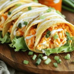 - 500 g gekochtes Hühnchen, zerkleinert - 60 ml Buffalo-Sauce - 120 g Frischkäse, weich Die Basis für meine Buffalo-Hühnchen-Wraps ist das zerkleinerte Hühnchen. Es sorgt für den nötigen Protein-Schub. Ich empfehle, Hühnchen vorher zu kochen oder die Reste vom Vortag zu nutzen. Die Buffalo-Sauce bringt die richtige Schärfe. Sie sorgt für einen tollen Geschmack. Der weiche Frischkäse macht die Mischung besonders cremig. So wird jeder Bissen zu einem Genuss. - 120 g Cheddarkäse, gerieben - 60 g frische Frühlingszwiebeln, gehackt - 100 g Kopfsalat, in feinen Streifen Jetzt kommen die weiteren Zutaten. Der geriebene Cheddarkäse bringt eine tolle Würze. Die frischen Frühlingszwiebeln geben einen knackigen Biss. Ich mag es, die Zwiebeln in kleine Stücke zu schneiden. Der Kopfsalat sorgt für Frische und Knackigkeit. Ich schneide ihn in feine Streifen, damit er gut in den Wrap passt. - 4 große Tortillas (aus Weizen oder Vollkorn) - 120 ml Ranch-Dressing (optional) Für die Wraps benutze ich große Tortillas. Sie sind einfach zu rollen. Du kannst Weizen- oder Vollkorn-Tortillas wählen. Beide sind lecker. Optional kannst du Ranch-Dressing hinzufügen. Es macht die Wraps noch cremiger und gibt einen tollen Geschmack. Du kannst das Dressing nach Belieben über die Füllung träufeln. Für die vollständige Anleitung und Tipps schau dir das [Full Recipe] an. - Mischen Sie das zerkleinerte Hühnchen mit der Buffalo-Sauce. - Rühren Sie den Frischkäse gut unter die Hühnchenmischung. Beginnen Sie mit dem Hühnchen. Nehmen Sie eine große Schüssel und geben Sie das zerkleinerte Hühnchen hinein. Fügen Sie die Buffalo-Sauce hinzu. Ich empfehle, die Sauce nach Geschmack anzupassen. Manche mögen es schärfer, andere weniger. Mischen Sie alles gut, bis das Hühnchen vollständig bedeckt ist. Jetzt kommt der Frischkäse. Er macht die Mischung cremig und lecker. Fügen Sie den weichen Frischkäse hinzu und rühren Sie alles gut durch. Die Mischung sollte jetzt schön glatt und einladend aussehen. - Heben Sie den Cheddar und die Frühlingszwiebeln unter. - Bereiten Sie die Tortillas und den Kopfsalat vor. Nehmen Sie nun die Hühnchenmischung und heben Sie den geriebenen Cheddar und die gehackten Frühlingszwiebeln vorsichtig unter. Diese Zutaten bringen zusätzlichen Geschmack und Frische. Jetzt ist es Zeit für die Tortillas. Legen Sie sie auf eine flache Fläche. Verteilen Sie den geschnittenen Kopfsalat gleichmäßig darauf. Der Salat gibt dem Wrap einen knackigen Biss und macht ihn angenehm frisch. - Geben Sie die Buffalo-Hühnchen-Mischung auf die Tortillas. - Rollen Sie die Wraps und schneiden Sie sie nach Belieben. Nehmen Sie nun eine Portion der Buffalo-Hühnchen-Mischung und geben Sie sie auf eine Tortilla. Platzieren Sie die Füllung an einem Ende der Tortilla. Wenn Sie möchten, träufeln Sie etwas Ranch-Dressing darüber. Jetzt rollen Sie die Tortilla auf. Klappen Sie die Seiten ein, um die Füllung zu sichern. Wenn Sie möchten, können Sie den Wrap in der Mitte durchschneiden. Das macht es einfacher zu essen. Für das vollständige Rezept, schauen Sie sich die [Full Recipe] an und genießen Sie Ihre leckeren Buffalo-Hühnchen-Wraps! Um die perfekte Konsistenz zu bekommen, wähle die richtige Menge Buffalo-Sauce. Beginne mit 60 ml. Probiere die Mischung und füge mehr hinzu, wenn du es würziger magst. Achte darauf, die Sauce gleichmäßig unter das Hühnchen zu mischen. Für weicheren Frischkäse lasse ihn vor der Verwendung etwas bei Raumtemperatur stehen. So wird das Mischen einfacher und die Mischung cremiger. Du kannst auch den Frischkäse mit einem Mixer aufschlagen, um ihn noch luftiger zu machen. Um den Geschmack zu variieren, kannst du verschiedene Käsesorten verwenden. Cheddar ist lecker, aber auch Gouda oder Mozzarella passen gut. Du kannst sogar eine Mischung aus verschiedenen Käsesorten ausprobieren. Frische oder getrocknete Kräuter bringen schöne Aromen in die Wraps. Schnittlauch oder Petersilie sind gute Optionen. Verwende sie, um die Füllung zu verfeinern und einen frischen Geschmack hinzuzufügen. Zu deinen Wraps passen viele Beilagen. Karotten und Selleriesticks sind knusprig und frisch. Auch ein einfacher grüner Salat ist eine gute Wahl. Für Dips und Saucen empfehle ich Ranch-Dressing. Es passt gut zu den Wraps und macht sie noch schmackhafter. Alternativ kannst du auch eine Joghurt-Sauce oder Guacamole servieren. Diese bringen eine cremige Note und runden das Gericht perfekt ab. {{image_4}} Wenn Sie eine vegetarische Option möchten, probieren Sie Blumenkohl oder Tofu. Blumenkohl kann in kleine Röschen zerteilt und dann gebacken werden. Er nimmt die Buffalo-Sauce gut auf und bietet einen tollen Geschmack. Tofu ist eine weitere gute Wahl. Schneiden Sie ihn in Würfel und braten Sie ihn leicht an. So wird der Tofu knusprig. Sie können die gleiche Buffalo-Sauce wie im Originalrezept verwenden. Für eine pflanzliche Variante ersetzen Sie Frischkäse durch einen veganen Aufstrich. Wenn Sie mehr Protein wollen, fügen Sie Bohnen oder Quinoa hinzu. Schwarze Bohnen oder Kichererbsen sind tolle Optionen, die auch Ballaststoffe bieten. Kochen Sie die Quinoa gemäß der Packungsanleitung und mischen Sie sie unter die Hühnchenmischung. Das gibt mehr Textur und Nährstoffe. Ein proteinreicher Wrap ist gesund und sättigend. Für eine aufregendere Geschmacksrichtung können Sie verschiedene Gewürze oder Saucen ausprobieren. Fügen Sie Paprika, Kreuzkümmel oder sogar etwas Knoblauchpulver hinzu. Diese Gewürze bringen mehr Tiefe in den Wrap. Kombinieren Sie die Mischung mit frischem Gemüse wie Paprika oder Tomaten. Das gibt mehr Biss und Farbe. Sie können auch Jalapeños für einen scharfen Kick hinzufügen. Für das vollständige Rezept besuchen Sie bitte die [Full Recipe]. Um ungegessene Wraps richtig aufzubewahren, lege sie in einen luftdichten Behälter. Du kannst auch Frischhaltefolie benutzen, um sie gut zu schützen. Stelle sicher, dass die Wraps vollständig abgekühlt sind, bevor du sie lagerst. Der Kühlschrank ist der beste Lagerungsort für deine Wraps. Hier bleiben sie frisch und lecker. Wenn du Wraps für später aufbewahren möchtest, kannst du sie auch einfrieren. Wickel sie gut in Folie oder lege sie in einen Gefrierbeutel. So bleiben sie frisch, auch wenn sie länger lagern. Wenn du sie auftauen möchtest, lege sie über Nacht in den Kühlschrank. Das sorgt für die besten Ergebnisse. Du kannst sie auch kurz in der Mikrowelle oder bei Raumtemperatur auftauen. Wraps bleiben im Kühlschrank bis zu drei Tage frisch. Achte auf Anzeichen von Verderb, wie einen schlechten Geruch oder eine schleimige Textur. Wenn du solche Anzeichen bemerkst, wirf sie weg. So bleibst du sicher und genießt immer frische Wraps. Wenn du einen milchfreien Wrap machen möchtest, gibt es gute Alternativen. Du kannst veganen Frischkäse verwenden. Produkte auf Nussbasis sind ebenfalls eine gute Wahl. Diese Optionen sind oft cremig und lecker. Für ungesüßte Varianten kannst du auch Hummus ausprobieren. Hummus gibt einen tollen Geschmack und bleibt gesund. Ja, du kannst die Hühnchenmischung im Voraus machen. Das spart Zeit, besonders bei einem Fest. Stelle sicher, dass du die Mischung in einem luftdichten Behälter aufbewahrst. So bleibt sie frisch. Du kannst die Mischung bis zu drei Tage im Kühlschrank lagern. Achte darauf, sie gut zu kühlen. Es gibt viele Beilagen, die gut zu Buffalo-Hühnchen-Wraps passen. Beliebte Optionen sind Karotten- und Selleriesticks. Diese bringen einen frischen Crunch. Auch Kartoffelchips sind eine tolle Ergänzung. Wenn du ein komplettes Menü planst, serviere einen einfachen grünen Salat. Der bringt Farbe und Frische auf den Tisch. Für mehr Details und ein komplettes Rezept, schau dir den Full Recipe an. Die Buffalo-Hühnchen-Wraps sind einfach und lecker. Sie bestehen aus Hühnchen, Buffalo-Sauce und Frischkäse. Wir haben auch Tipps für Variationen und optimale Lagerung gegeben. Mit diesen Wraps kannst du kreativ sein. Sei es vegetarisch oder proteinreich, die Möglichkeiten sind vielfältig. Experimentiere mit Gewürzen und Dips, um den Geschmack zu verbessern. Denke daran, dass die Lagerung wichtig für die Frische ist. Probiere die Ideen aus und genieße diese schnellen Wraps!
