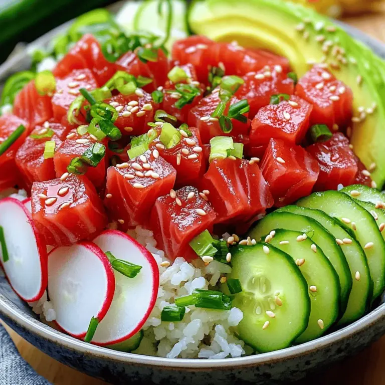 - 450 g Sushi-Qualität Thunfisch, gewürfelt - 200 g Sushi-Reis - 1 Avocado, in Scheiben geschnitten - 1 kleine Gurke, dünn geschnitten - 1 Radieschen, dünn geschnitten Die Hauptzutaten sind wichtig für den Geschmack. Sushi-Qualität Thunfisch ist frisch und zart. Wählen Sie das beste Stück für Ihre Bowl. Sushi-Reis hat die richtige Konsistenz, um die Aromen zu halten. Frisches Gemüse bringt Farbe und Crunch. Avocado macht das Gericht cremig. Gurken und Radieschen fügen Frische hinzu. - 2 Esslöffel Reisessig - 1 Esslöffel Sesamöl - 1 Esslöffel Sojasauce - 1 Teelöffel Sriracha (nach Geschmack anpassen) Diese Gewürze verleihen der Bowl ihren Kick. Reisessig sorgt für einen mild-sauren Geschmack. Sesamöl bringt nussige Noten. Sojasauce gibt Umami und Tiefe. Sriracha fügt die gewünschte Schärfe hinzu. Passen Sie die Menge an Sriracha an, um den perfekten Geschmack zu erreichen. - 1 Frühlingszwiebel, gehackt - 1 Esslöffel Sesamsamen - Nori-Blätter, in Streifen geschnitten - Eingelegter Ingwer (zur Garnitur) Garnituren machen die Bowl attraktiv und geschmackvoll. Gehackte Frühlingszwiebeln bringen frische Aromen. Sesamsamen fügen einen knackigen Biss hinzu. Nori-Blätter sorgen für einen maritimen Geschmack. Eingelegter Ingwer rundet das Gericht ab und bringt einen Hauch von Süße und Säure. Für das komplette Rezept schauen Sie sich die [Full Recipe] an. Zuerst spülst du den Sushi-Reis ab. Verwende kaltes Wasser, bis es klar bleibt. Gib den Reis in einen mittelgroßen Topf und füge 300 ml Wasser hinzu. Erhitze das Wasser auf hoher Stufe, bis es kocht. Reduziere dann die Hitze auf niedrig und decke den Topf ab. Lass den Reis etwa 18 Minuten köcheln. Der Reis sollte das Wasser aufnehmen und zart sein. Nimm den Topf vom Herd und lass den Reis 10 Minuten ruhen. Nach der Ruhezeit lockere den Reis mit einer Gabel auf. Mische in einer kleinen Schüssel 2 Esslöffel Reisessig, 1 Esslöffel Sesamöl und eine Prise Salz. Füge diese Mischung vorsichtig zum Reis hinzu. Lass den Reis auf Zimmertemperatur abkühlen. Während der Reis abkühlt, bereite den Thunfisch vor. Nimm 450 g Sushi-Qualität Thunfisch und würfle ihn in kleine Stücke. Gebe den gewürfelten Thunfisch in eine mittelgroße Schüssel. Füge 1 Esslöffel Sojasauce und 1 Teelöffel Sriracha hinzu. Mische alles gut, sodass der Thunfisch gleichmäßig bedeckt ist. Du kannst die Menge an Sriracha nach deinem Schärfewunsch anpassen. Jetzt ist es Zeit, die Poke Bowl zusammenzustellen. Nimm eine Schüssel und gib eine Portion des gewürzten Sushi-Reis hinein. Arrangiere die scharfen Thunfischwürfel, Avocadoscheiben, Gurkenscheiben und Radieschenscheiben schön auf dem Reis. Streue die gehackten Frühlingszwiebeln und Sesamsamen darüber. Diese geben zusätzlichen Geschmack und Textur. Füge Nori-Streifen als Garnitur hinzu. Serviere das Gericht mit einer Beilage von eingelegtem Ingwer. Präsentationstipps: Serviere die Poke Bowl in einer großen Schüssel. Die bunten Zutaten kommen so gut zur Geltung. Arrangiere alles ordentlich. Du kannst auch essbare Blumen oder Mikrogrün hinzufügen, um eine elegante Note zu erzielen. - Schärfegrad anpassen: Mögen Sie es scharf? Fügen Sie mehr Sriracha hinzu. Für weniger Schärfe verwenden Sie nur einen Teelöffel. So können Sie die Schärfe nach Ihrem Geschmack gestalten. - Reis richtig abkühlen lassen: Lassen Sie den Reis nach dem Kochen abkühlen. Dies sorgt für die perfekte Textur. Wenn der Reis zu warm ist, wird der Thunfisch leicht garen. Mischen Sie den Reis vorsichtig mit der Essigmischung, damit er nicht matschig wird. - Toppings und Beilagen: Experimentieren Sie mit verschiedenen Toppings. Fügen Sie Mango, Edamame oder sogar eingelegte Karotten hinzu. Diese geben mehr Farbe und Geschmack. - Stilvolle Präsentation: Servieren Sie die Poke Bowl in einer großen Schüssel. Arrangieren Sie die Zutaten schön. So wird das Gericht zu einem echten Hingucker. Essbare Blumen oder frische Kräuter verleihen dem Gericht eine elegante Note. - Reis nicht überkochen: Achten Sie darauf, den Reis genau 18 Minuten zu kochen. Überkochen macht den Reis klebrig und matschig. - Thunfisch nicht übermischen: Rühren Sie den Thunfisch sanft um. Zu kräftiges Rühren lässt die Stücke zerfallen. Dies beeinträchtigt die Textur und das Aussehen. {{image_4}} Wenn Sie eine vegetarische Option wünschen, probieren Sie Tofu oder Tempeh. Diese Zutaten sind reich an Proteinen und nehmen den Geschmack der Marinade gut auf. Würzen Sie den Tofu oder Tempeh mit Sojasauce und etwas Sriracha. Lassen Sie sie kurz marinieren, bevor Sie sie anrichten. Dies gibt der Poke Bowl eine leckere, herzliche Note. Wenn Sie Thunfisch nicht mögen, können Sie Lachs oder Garnelen verwenden. Lachs hat einen reicheren Geschmack und ist voll von Omega-3-Fettsäuren. Garnelen sind zart und schnell zuzubereiten. Kochen Sie die Garnelen kurz in einer Pfanne oder grillen Sie sie. Beide Optionen bringen frische Aromen in Ihre Bowl und sind einfach zu finden. Um Ihre Poke Bowl gesünder zu gestalten, verwenden Sie Vollkornreis oder Quinoa. Vollkornreis hat mehr Ballaststoffe und gibt Ihnen ein länger anhaltendes Sättigungsgefühl. Quinoa ist glutenfrei und reich an Proteinen. Beide Alternativen sind nahrhaft und verbessern die Textur der Bowl. Sie bieten eine tolle Basis für die frischen Zutaten. Für das vollständige Rezept, schauen Sie in den Abschnitt „Full Recipe“. Um deine Poke Bowl frisch zu halten, kannst du Reste kühlen oder einfrieren. Lagere den Thunfisch und den Reis getrennt. So bleibt der Thunfisch frisch und der Reis nicht matschig. Verwende luftdichte Behälter. Wenn du die Bowl einfrieren möchtest, achte darauf, dass der Thunfisch frisch ist. Dies hilft, den Geschmack zu bewahren. Die Haltbarkeit ist wichtig für Geschmack und Gesundheit. Frischer Thunfisch hält im Kühlschrank etwa zwei Tage. Achte darauf, ihn gut verpackt zu lagern. Avocado und Gurke halten sich etwa drei Tage. Verwende sie schnell, um die beste Frische zu genießen. Radieschen bleiben eine Woche lang frisch. Sie sind ein tolles Gemüse für deinen Poke Bowl. Meal Prep ist ein toller Weg, um Zeit zu sparen. Du kannst den Sushi-Reis und das Gemüse im Voraus zubereiten. Koche den Reis und lasse ihn abkühlen. Schneide das Gemüse in Stücke und bewahre alles in separaten Behältern auf. So kannst du schnell eine köstliche Poke Bowl zusammenstellen. Den Thunfisch solltest du erst kurz vor dem Essen würzen. Das hält ihn frisch und lecker. Für das gesamte Rezept, siehe [Full Recipe]. Die Poke Bowl bleibt im Kühlschrank etwa 1 bis 2 Tage frisch. Um die Qualität zu erhalten, lagere sie in einem luftdichten Behälter. Achte darauf, den Thunfisch und das Gemüse nicht zu lange aufzubewahren. Wenn du Reste hast, iss sie schnell, um den besten Geschmack zu genießen. Ja, du kannst die Poke Bowl vegan gestalten. Ersetze den Thunfisch durch gewürfelten Tofu oder Tempeh. Diese Optionen nehmen die Aromen gut auf. Verwende auch mehr frisches Gemüse wie Karotten, Paprika oder Edamame. So erhältst du eine leckere und nahrhafte Bowl. Du findest frischen Sushi-Thunfisch in gut sortierten Fischmärkten oder in asiatischen Lebensmittelgeschäften. Achte darauf, dass der Thunfisch für Sushi geeignet ist. Frisches Gemüse bekommst du auf Wochenmärkten oder in Bioläden. Dort findest du oft auch gute Nori-Blätter und eingelegten Ingwer. Poke Bowls sind nährstoffreich und gesund. Sie enthalten hochwertige Proteine aus Thunfisch oder Tofu. Frisches Gemüse liefert Vitamine und Mineralien. Sushi-Reis bietet Kohlenhydrate für Energie. Die Kombination dieser Zutaten unterstützt eine ausgewogene Ernährung und kann dir helfen, fit und gesund zu bleiben. Die Poke Bowl bringt frische Zutaten und einfachen Genuss in deine Küche. Wir haben die Hauptzutaten und die perfekten Gewürze betrachtet. Die Schritt-für-Schritt-Anleitung hilft dir, das Gericht richtig zuzubereiten. Tipps und Variationen zeigen, wie du dein Poke Bowl-Erlebnis anpassen kannst. Denke daran, frische Zutaten zu wählen und Fehler zu vermeiden. Mit diesen Kenntnissen kannst du jederzeit eine leckere Poke Bowl kreieren. Viel Spaß beim Ausprobieren!