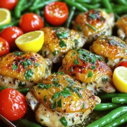 - 4 Hähnchenschenkel ohne Knochen und Haut - 2 Esslöffel Olivenöl - 3 Esslöffel frisch gepresster Zitronensaft - Abgeriebene Schale von 1 Zitrone - 1 Teelöffel getrockneter Oregano - 1 Teelöffel getrockneter Thymian - 4 Knoblauchzehen, fein gehackt - Salz und Pfeffer nach Geschmack Ich liebe Hähnchenschenkel, weil sie saftig bleiben. Das Olivenöl und der Zitronensaft geben dem Gericht Frische. Die Gewürze und frischen Kräuter bringen Aromen, die das Hähnchen perfekt ergänzen. Oregano und Thymian sind Klassiker in der mediterranen Küche. Sie verleihen dem Hähnchen einen tollen Geschmack. - 1 Tasse Kirschtomaten, halbiert - 1 Tasse grüne Bohnen, geputzt - Frische Petersilie zum Garnieren Die Kirschtomaten sind süß und sorgen für eine schöne Farbe. Grüne Bohnen bringen einen knackigen Biss. Ich mag es, frische Petersilie zum Garnieren zu verwenden. Sie gibt dem Gericht das gewisse Etwas. Diese Kombination macht das Essen sowohl lecker als auch gesund. Schauen Sie sich das Rezept für Ein-Pfannen-Zitronenkräuterhähnchen an, um mehr über die Zubereitung zu erfahren. - Marinade zubereiten: Mische in einer kleinen Schüssel Olivenöl, Zitronensaft, Zitronenschale, Oregano, Thymian, Knoblauch, Salz und Pfeffer. Diese Mischung wird deine Marinade. - Hähnchen marinieren: Lege die Hähnchenschenkel in eine große Schüssel oder einen Beutel. Gieße die Marinade darüber. Lass das Hähnchen mindestens 15 Minuten bei Raumtemperatur oder bis zu 2 Stunden im Kühlschrank marinieren. So wird das Hähnchen zart und voller Geschmack. - Hähnchen und Gemüse anordnen: Nimm eine große, ofenfeste Pfanne. Arrangiere die marinierten Hähnchenschenkel in einer einzigen Schicht. Lege die halbierten Kirschtomaten und die grünen Bohnen rund um das Hähnchen. Gieße die restliche Marinade über das Gemüse. - Backen im Ofen: Heize den Ofen auf 200°C vor. Stelle die Pfanne in den Ofen und backe das Gericht für 25-30 Minuten. Das Hähnchen ist gar, wenn es eine Innentemperatur von 74°C erreicht hat und das Gemüse zart ist. - Ruhezeit und Garnieren: Nimm die Pfanne aus dem Ofen. Lass das Gericht 5 Minuten ruhen. Dies hilft den Säften, sich zu setzen. - Serviervorschläge: Serviere das Hähnchen mit den gerösteten Tomaten und Bohnen auf einem großen Teller. Streue frische Petersilie darüber für einen tollen Farbtupfer. Wenn du mehr über die Zubereitung erfahren möchtest, schau dir das Full Recipe an. Um das Marinieren zu verbessern, lasse das Hähnchen länger ziehen. Wenn du es 2 Stunden im Kühlschrank ruhen lässt, nimmt es mehr Geschmack auf. Du kannst auch frische Kräuter in die Marinade geben. Das gibt einen tollen Aroma-Boost. Für gleichmäßiges Garverhalten lege die Hähnchenschenkel in einer einzigen Schicht in die Pfanne. Wenn sie sich überlappen, garen sie ungleichmäßig. Die richtige Temperatur ist wichtig. Stelle sicher, dass der Ofen vorgeheizt ist, damit das Hähnchen gleichmäßig gart. Frische Kräuter machen einen großen Unterschied. Sie geben dem Gericht einen helleren und frischeren Geschmack. Verwende Basilikum oder Rosmarin für eine neue Note. Diese Kräuter passen gut zu Zitrone und Hähnchen. Wenn du Oregano oder Thymian nicht magst, probiere andere Kräuter. Estragon oder Dill sind tolle Alternativen. Sie verleihen dem Gericht eine besondere Note. Experimentiere mit diesen Kräutern, um deinen eigenen Twist zu finden. Du kannst die vollständige Anleitung für das Gericht in der Full Recipe finden. {{image_4}} Sie können dieses Rezept leicht verändern, um neue Geschmäcker zu entdecken. Zum Beispiel können Sie andere Gemüsesorten verwenden. Mögen Sie Zucchini oder Paprika? Diese passen gut zu Hähnchen und geben Farbe. Auch Brokkoli oder Karotten sind tolle Optionen. Sie bringen mehr Nährstoffe und Geschmack in das Gericht. Würzige Varianten sind ebenfalls möglich. Fügen Sie etwas Cayennepfeffer oder Paprika hinzu, um das Gericht zu schärfen. Sie können auch frische Kräuter wie Basilikum oder Rosmarin ausprobieren. Diese Kräuter verleihen dem Hähnchen eine besondere Note. Das Gericht schmeckt hervorragend mit Reis oder Quinoa. Diese Beilagen sind leicht und gesund. Sie absorbieren die köstlichen Säfte des Hähnchens gut. Damit wird jede Gabel ein Genuss. Frisches Brot ist auch eine tolle Wahl. Es eignet sich perfekt, um die Sauce aufzutunken. Ein knuspriges Baguette oder ein einfaches Weißbrot passen gut dazu. So haben Sie ein vollwertiges, schmackhaftes Essen. Das ist nur ein kleiner Einblick in die Variationen. Für das vollständige Rezept schauen Sie sich die Full Recipe an. - Kühlschranklagerung: Lagern Sie das Hähnchen in einem luftdichten Behälter. Es bleibt 3 bis 4 Tage frisch. Kühlen Sie es nach dem Abkühlen auf Zimmertemperatur. So bleibt der Geschmack erhalten. - Gefriermöglichkeiten: Sie können das Hähnchen auch einfrieren. Wickeln Sie es gut in Folie oder verwenden Sie einen gefrierfesten Behälter. Es hält bis zu 3 Monate. Lassen Sie das Gericht vollständig abkühlen, bevor Sie es einfrieren. So verhindern Sie Gefrierbrand. - Zubereitungsmethoden: Sie können das Hähnchen in der Mikrowelle aufwärmen. Stellen Sie die Leistung auf mittel und erwärmen Sie es in kurzen Intervallen. Alternativ nutzen Sie eine Pfanne. Fügen Sie etwas Wasser oder Brühe hinzu, um es saftig zu halten. - Vermeidung von Austrocknen: Decken Sie das Hähnchen beim Aufwärmen ab. Das hilft, die Feuchtigkeit zu bewahren. Achten Sie darauf, es nicht zu lange zu erhitzen. So bleibt das Hähnchen zart und lecker. Die Vorbereitung für dieses Gericht dauert etwa 15 Minuten. Die gesamte Kochzeit beträgt 25 bis 30 Minuten. Das macht insgesamt 45 Minuten von Anfang bis Ende. Diese Zeit ist ideal, um eine frische und köstliche Mahlzeit zu genießen. Ja, du kannst das Rezept im Slow Cooker zubereiten. Stelle sicher, dass du die Marinade gut einziehst. Brate das Hähnchen vorher in einer Pfanne an, um eine schöne Farbe zu bekommen. Gib dann alles in den Slow Cooker. Koche es für 4 bis 6 Stunden auf niedriger Stufe. Das Hähnchen wird zart und voller Geschmack sein. Ja, dieses Gericht ist glutenfrei. Alle Zutaten sind sicher für eine glutenfreie Ernährung. Achte jedoch darauf, dass die verwendeten Gewürze und Öle keine glutenhaltigen Zusätze enthalten. So kannst du sicher sein, dass dein Essen für alle geeignet ist. Das Gericht kombinierte frisches Hähnchen, knackiges Gemüse und aromatische Kräuter. Ich habe Ihnen gezeigt, wie Sie die Marinade zubereiten und das Hähnchen perfekt backen. Achten Sie auf die Tipps zur Perfektionierung, um das Beste aus diesem Rezept herauszuholen. Variationen und passende Beilagen bieten Ihnen neue Geschmackserlebnisse. Nutzen Sie die Aufbewahrungstipps für leckere Reste. Viel Spaß beim Ausprobieren und Genießen!