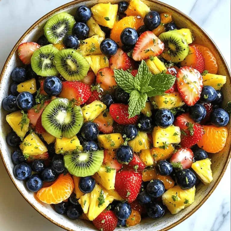 - 1 Tasse Heidelbeeren - 1 Tasse Erdbeeren, entkelcht und in Scheiben geschnitten - 1 Tasse Ananas, gewürfelt - 1 Tasse Kiwi, geschält und in Scheiben geschnitten - 1 Tasse Orangenschnitten - 3 Esslöffel Honig - 2 Esslöffel frischer Limettensaft - Schale von 1 Limette - Frische Minzblätter zur Dekoration (optional) Ich liebe es, frische und leckere Zutaten auszuwählen. Heidelbeeren sind süß und voll von Antioxidantien. Erdbeeren bringen einen frischen Geschmack und eine schöne Farbe. Ananas ist saftig und gibt dem Salat einen tropischen Touch. Kiwi fügt eine interessante Textur hinzu und ist reich an Vitamin C. Orangen bringen eine spritzige Note und helfen, alles zu verbinden. Honig ist der perfekte Süßstoff. Er macht das Dressing einfach köstlich. Limettensaft und -schale fügen einen frischen, zitrischen Kick hinzu. Frische Minzblätter sind optional, aber sie machen den Salat noch schöner und aromatischer. Um den Honig-Limetten-Fruchtsalat zuzubereiten, benötigen Sie die genannten Zutaten. Diese Mischung sorgt für ein gesundes und erfrischendes Gericht. Wenn Sie die Zutaten bereit haben, können Sie direkt mit dem Rezept beginnen. Besuchen Sie die [Full Recipe] für die vollständige Anleitung! Zuerst waschen Sie die Heidelbeeren gründlich. Das wird helfen, den Schmutz zu entfernen. Dann nehmen Sie die Erdbeeren. Entfernen Sie die grünen Blätter und schneiden Sie sie in Scheiben. Als Nächstes bereiten Sie die Ananas vor. Schneiden Sie sie in kleine Würfel. Für die Kiwi schälen Sie sie und schneiden sie in Scheiben. Schließlich teilen Sie die Orangen in Segmente. Das ist wichtig, um die süßen Aromen zu entfalten. Jetzt kommt das Dressing. In einer kleinen Schüssel vermischen Sie drei Esslöffel Honig, zwei Esslöffel Limettensaft und die Schale von einer Limette. Rühren Sie gut um, bis alles gut vermischt ist. Das Dressing wird den Früchten einen frischen und süßen Geschmack geben. Geben Sie alle vorbereiteten Früchte in eine große Schüssel. Träufeln Sie das Honig-Limetten-Dressing über die Früchte. Mischen Sie alles vorsichtig, damit die Früchte gleichmäßig bedeckt sind. Lassen Sie den Salat für 10 bis 15 Minuten bei Zimmertemperatur ruhen. So können sich die Aromen verbinden und der Salat wird noch besser schmecken. Vor dem Servieren können Sie ihn mit frischen Minzblättern dekorieren. Genießen Sie den Honig-Limetten-Fruchtsalat! Sie finden das vollständige Rezept unter [Full Recipe]. Um einen leckeren Honig-Limetten-Fruchtsalat zu machen, wähle die besten Früchte. Saisonale Früchte sind oft frischer und geschmackvoller. Achte auf die Farben. Sie sollten lebhaft und einladend aussehen. - Heidelbeeren: Wähle tiefblaue, feste Beeren ohne Druckstellen. - Erdbeeren: Suche nach leuchtend roten Beeren mit grünem Blattansatz. - Ananas: Drücke leicht auf die Schale. Sie sollte fest, aber leicht nachgeben. - Kiwi: Sie sollte weich, aber nicht matschig sein. - Orangen: Die Schale sollte glänzen und keine Druckstellen haben. Wenn du diese Tipps befolgst, wirst du die besten Früchte finden! Die Präsentation ist wichtig. Ein schön angerichteter Salat macht jeden Anlass besonders. Ich dekoriere oft mit frischen Minzblättern. Sie geben einen tollen Farbkontrast. - Serviertipps: - Für ein Picknick, serviere den Salat in kleinen Gläsern. - Bei einem Brunch, stelle eine große Schüssel in die Mitte des Tisches. - Für ein Dinner, richte den Salat auf einem schönen Teller an. Mit ein paar Tricks wird dein Honig-Limetten-Fruchtsalat zum Star des Tisches! {{image_4}} Du kannst deine Fruchtsalat-Mischung leicht aufpeppen. Eine gute Idee ist, Melonen oder Trauben hinzuzufügen. Diese Früchte bringen zusätzliche Süße und Textur in den Salat. Melonen sind saftig und erfrischend. Trauben sind klein und süß, perfekt für den Genuss. Tropische Früchte wie Mango sind auch großartig. Sie bringen einen süßen und saftigen Geschmack. Mango passt sehr gut zu Limette und Honig. Probiere es aus und finde deine Lieblingskombination! Wenn du etwas Neues probieren möchtest, kannst du alternative Dressings verwenden. Ein Joghurt-Honig-Dressing ist eine tolle Option. Es macht den Salat cremig und noch leckerer. Mische einfach Joghurt mit etwas Honig. Das bringt Frische und Süße. Ein Zitronen- oder Orangendressing ist ebenfalls eine gute Wahl. Die Zitrusfrüchte geben dem Salat einen spritzigen Kick. Einfach den Saft einer Zitrone oder Orange mit Honig vermischen. So hast du eine fruchtige und leckere Variante. Für die vollständige Anleitung und Zubereitung, schaue dir das [Full Recipe] an! Wie lange hält der Salat? Der Honig-Limetten-Fruchtsalat bleibt frisch für zwei bis drei Tage. Lagern Sie ihn in einem luftdichten Behälter. So bleibt der Geschmack gut. Optimale Aufbewahrungsmethoden sind wichtig. Stellen Sie sicher, dass er gut abgedeckt ist. Vermeiden Sie Überfüllung, damit die Früchte nicht zerdrückt werden. Vorbereitung der Früchte im Voraus kann helfen. Waschen Sie die Heidelbeeren und schneiden Sie die Erdbeeren am Tag vorher. Würfeln Sie die Ananas und schälen Sie die Kiwi. So sparen Sie Zeit. Tipps für die Auffrischung vor dem Servieren sind einfach. Mischen Sie den Salat wieder gut durch. Fügen Sie etwas frischen Limettensaft hinzu. So wirkt er frisch und lecker. Sie können das Rezept für den Honig-Limetten-Fruchtsalat hier [Full Recipe] finden. Sie können den Honig-Limetten-Fruchtsalat bis zu drei Tage im Kühlschrank aufbewahren. Lagern Sie ihn in einem luftdichten Behälter. Achten Sie darauf, den Salat nicht zu lange stehen zu lassen. Anzeichen von Verderb sind eine matschige Konsistenz oder ein unangenehmer Geruch. Wenn die Früchte an Farbe verlieren oder braun werden, ist es Zeit, den Salat wegzuwerfen. Ja, Sie können den Honig durch Agavendicksaft oder Ahornsirup ersetzen. Beide Optionen haben einen ähnlichen Geschmack. Sie sind süß und passen gut zu den Früchten. Verwenden Sie die gleiche Menge wie im Rezept angegeben. So bleibt der Geschmack lecker und frisch. Ja, dieser Salat ist vegan, solange Sie den Honig ersetzen. Alle anderen Zutaten stammen von Pflanzen. Die Früchte sind frisch und gesund. Sie bieten natürliche Süße und viele Nährstoffe. Wenn Sie den Honig durch eine vegane Option ersetzen, bleibt der Salat rein pflanzlich. Der Honig-Limetten-Fruchtsalat ist reich an Vitaminen und Mineralien. Heidelbeeren sind voller Antioxidantien. Erdbeeren unterstützen das Immunsystem. Kiwi liefert Vitamin C und Ballaststoffe. Ananas hat entzündungshemmende Eigenschaften. Orangen sind eine großartige Quelle für Vitamin C. Zusammen bieten sie viele gesundheitliche Vorteile und halten Sie fit und vital. Dieser Blogbeitrag hat Ihnen gezeigt, wie Sie einen köstlichen Honig-Limetten-Fruchtsalat zubereiten. Wir haben die Zutaten, die Vorbereitung, das Dressing und die Zusammenstellung behandelt. Außerdem haben wir Tipps gegeben, um die besten Früchte auszuwählen. Variationen und Aufbewahrungshinweise rundeten das Thema ab. Nutzen Sie diese Schritte, um eine frische und gesunde Mahlzeit zu genießen. Denken Sie daran, den Salat nach Ihren Wünschen anzupassen, um neue Aromen zu entdecken. Viel Spaß beim Zubereiten und Genießen Ihres leckeren Fruchtsalates!