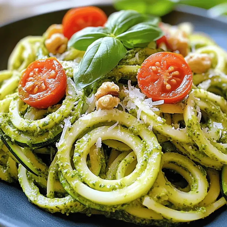 - 300 g Pasta (Spaghetti oder Penne) - 2 mittelgroße Zucchini (spiralisiert oder in Scheiben geschnitten) - 1 Tasse frische Basilikumblätter - 1/2 Tasse Walnüsse oder Pinienkerne - 2 Knoblauchzehen (fein gehackt) - 1/2 Tasse frisch geriebener Parmesan oder Nährhefe - 1/4 Tasse natives Olivenöl extra - Salz und Pfeffer nach Geschmack - Kirschtomaten (zur Garnierung) - Zusätzliche Basilikumblätter (zur Garnierung) Mit diesen Zutaten bereitest du eine leckere Zucchini Pesto Pasta zu. Ich liebe es, frische und gesunde Zutaten zu verwenden. Du kannst die Zucchini je nach Vorliebe schneiden. Spiralisiert sieht sie toll aus und gibt dem Gericht einen Hauch von Spaß. Die Kombination mit Basilikum und Nüssen macht das Pesto besonders aromatisch. Du kannst Parmesan verwenden, um dem Pesto einen cremigen Geschmack zu geben. Wenn du vegan bist, greife zu Nährhefe. Diese gibt einen ähnlichen Geschmack. Das native Olivenöl ist ein Muss. Es sorgt für die perfekte Konsistenz und macht das Pesto geschmeidig. Wenn du möchtest, kannst du die Kirschtomaten für die Garnitur halbieren. Sie bringen Farbe und Frische auf den Teller. Vergiss nicht, die zusätzlichen Basilikumblätter für die Garnitur zu verwenden. Sie machen das Gericht noch schöner. Wenn du mehr über die Zubereitung erfahren möchtest, schau dir das vollständige Rezept an. Bringe einen großen Topf mit gesalzenem Wasser zum Kochen. Füge die Pasta hinzu und koche sie bis sie al dente ist. Dies dauert meist 8 bis 10 Minuten. Vergiss nicht, 1 Tasse vom Nudelwasser zu reservieren. Gieße die restlichen Nudeln ab und stelle sie beiseite. Erhitze eine beschichtete Pfanne bei mittlerer Hitze. Schneide die Zucchini in Scheiben oder spiralisiere sie. Füge die Zucchini in die Pfanne und sautierte sie etwa 3 bis 4 Minuten. Die Zucchini sollten zart, aber noch knackig sein. Nimm sie vom Herd und stelle sie beiseite. Gib die Basilikumblätter, Walnüsse, den gehackten Knoblauch und den Parmesan in eine Küchenmaschine. Pulsier die Zutaten, bis sie fein zerkleinert sind. Lass die Küchenmaschine weiterlaufen und füge langsam das Olivenöl hinzu. So erhältst du eine glatte, cremige Konsistenz. Wenn das Pesto zu dick ist, füge etwas vom reservierten Nudelwasser hinzu. Gib die abgetropfte Pasta, die sautierten Zucchini und das Pesto in den Topf zurück. Mische alles gut durch. Wenn nötig, füge mehr vom reservierten Nudelwasser hinzu. So haftet die Sauce gleichmäßig an der Pasta. Probiere das Gericht und würze nach Belieben mit Salz und Pfeffer. Verteile die Pasta in Schüsseln. Garniere sie mit halbierten Kirschtomaten und frischen Basilikumblättern. Diese Farben machen das Gericht noch ansprechender. Du kannst auch etwas extra Parmesan obendrauf streuen. Das sieht toll aus und schmeckt gut. Um die Zucchini perfekt zuzubereiten, achte auf die Kochzeit. Sautiere sie für 3-4 Minuten. So bleiben sie zart, aber knackig. Überhitze die Zucchini nicht, sonst werden sie matschig. Du kannst auch etwas Salz hinzufügen, um den Geschmack zu verstärken. Das Pesto ist der Star des Gerichts. Probiere verschiedene Nüsse wie Mandeln oder Cashews aus. Sie geben dem Pesto einen neuen Geschmack. Auch bei den Käsesorten kannst du kreativ sein. Verwende Pecorino für mehr Würze oder halte es vegan mit Nährhefe. Mische die Zutaten gut, bis die Konsistenz cremig ist. Die Präsentation ist wichtig. Verwende bunte Zutaten wie Kirschtomaten und frische Basilikumblätter. Lege sie schön auf die Pasta. Ein zusätzlicher Hauch von Parmesan oben drauf macht den Anblick noch besser. Serviere das Gericht in weißen Schalen, um die Farben hervorzuheben. Ein Spritzer Olivenöl bringt Glanz und Geschmack. {{image_4}} Für eine vegane Zucchini Pesto Pasta kann man Nährhefe verwenden. Nährhefe hat einen tollen, käsigen Geschmack. Sie ist eine großartige Alternative zu Parmesan. Diese Zutat macht das Gericht gesund und lecker. Einfach die Nährhefe im Pesto statt Parmesan hinzufügen. So bleibt der Geschmack voll und reichhaltig. Wenn du glutenfrei essen möchtest, gibt es viele Pastaalternativen. Du kannst Reisnudeln, Quinoa-Pasta oder Linsenpasta wählen. Diese Optionen sind leicht zu finden und sehr schmackhaft. Achte darauf, die Kochzeit der Pasta zu überprüfen. Jede Sorte hat ihre eigenen Anforderungen. Um deine Zucchini Pesto Pasta zu verbessern, füge mehr Zutaten hinzu. Du kannst gebratene Pilze oder geröstete Paprika verwenden. Auch Kichererbsen oder Linsen sind gute Proteinquellen. Sie machen das Gericht sättigender. Ein bisschen frischer Zitronensaft kann dem Pesto einen tollen Kick geben. Experimentiere mit verschiedenen Gemüsesorten, um deinen eigenen Geschmack zu finden. Um die Reste deiner Zucchini Pesto Pasta frisch zu halten, lege sie in einen luftdichten Behälter. Achte darauf, dass die Pasta gut abgekühlt ist, bevor du sie lagerst. Im Kühlschrank bleibt sie bis zu drei Tage genießbar. Wenn du die Reste aufwärmst, füge einen Schuss Olivenöl oder etwas von dem reservierten Nudelwasser hinzu. So bleibt die Pasta schön cremig. Wenn du die Pasta länger aufbewahren möchtest, kannst du sie einfrieren. Teile die Pasta in Portionen und lege sie in gefriergeeignete Behälter oder Beutel. Achte darauf, die Luft so gut wie möglich herauszudrücken. So bleibt die Pasta bis zu drei Monate frisch. Zum Auftauen lege die Portionen einfach für einige Stunden in den Kühlschrank oder erwärme sie direkt in der Mikrowelle. Die Reste der Zucchini Pesto Pasta sind sehr vielseitig. Du kannst sie in ein Omelett geben oder mit frischem Gemüse und Ei vermengen. Auch als Füllung für Wraps oder Sandwiches machen sie sich gut. Denke daran, dass die Aromen mit jedem Tag intensiver werden. So kannst du jeden Bissen genießen und die Reste kreativ nutzen. Die Zubereitung dauert nur 30 Minuten. Du brauchst 10 Minuten für die Vorbereitung und 20 Minuten zum Kochen. Diese schnelle Zeit macht das Gericht ideal für ein einfaches Abendessen. Du kannst die Pasta und die Zucchini gleichzeitig zubereiten, um Zeit zu sparen. Ja, du kannst die Pasta im Voraus zubereiten. Koche die Pasta und das Pesto, dann lagere sie in einem luftdichten Behälter. Du kannst die Zucchini auch vorher sautieren. Lagere alles im Kühlschrank und genieße es innerhalb von drei Tagen. Wenn du es aufwärmst, füge etwas Nudelwasser hinzu, um die Sauce wieder cremig zu machen. Ja, Zucchini Pesto Pasta ist gesund. Zucchini sind kalorienarm und reich an Vitaminen. Basilikum bietet Antioxidantien, und die Walnüsse liefern gesunde Fette. Parmesan bringt Geschmack und Protein. So bekommst du eine nahrhafte Mahlzeit, die gut für deinen Körper ist. Du kannst das Pesto leicht anpassen. Versuche, verschiedene Nüsse wie Mandeln oder Cashewkerne zu verwenden. Wenn du eine vegane Variante möchtest, nimm einfach Nährhefe statt Parmesan. Füge auch andere Kräuter wie Petersilie oder Spinat hinzu, um den Geschmack zu variieren. Du kannst die vollständige Rezeptbeschreibung (Full Recipe) für Zucchini Pesto Pasta weiter oben im Artikel finden. Dort sind alle Schritte und Zutaten genau aufgelistet. Zucchini Pesto Pasta ist einfach zuzubereiten und lecker. Wir haben die Hauptzutaten, die Zubereitung und wertvolle Tipps besprochen. Du kannst verschiedene Nüsse und Käse für dein Pesto ausprobieren. Denk daran, Reste richtig zu lagern oder sogar einzufrieren. Dieses Gericht ist nicht nur gesund, sondern auch vielseitig. Egal, ob vegan oder glutenfrei, es gibt Anpassungen für jeden. Probiere es aus und teile die Freude an dieser leckeren Pasta!