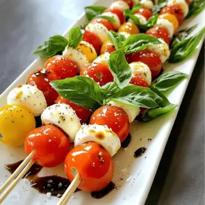 Um einfache Caprese-Spieße zu machen, brauchst du: - 1 Pint Kirschtomaten - 225 g frische Mozzarellabällchen (Bocconcini) - Frische Basilikumblätter - 2 Esslöffel Balsamico-Glasur - 1 Esslöffel Olivenöl - Salz und Pfeffer nach Geschmack - Spieße (15 cm oder 20 cm) Falls du keine Kirschtomaten findest, nimm kleine Roma-Tomaten. Du kannst auch andere Käsesorten verwenden. Feta oder Ziegenkäse geben einen tollen Geschmack. Für eine vegane Option kannst du pflanzlichen Käse nutzen. Statt Balsamico-Glasur kannst du auch Apfelessig oder Zitronensaft verwenden. Frische Zutaten sind der Schlüssel zu guten Spießen. Wähle reife Kirschtomaten. Sie sollten fest und glänzend sein. Achte darauf, dass die Mozzarellabällchen weich sind, aber nicht zerfallen. Basilikumblätter sollten grün und knackig sein. Lagere sie in einem feuchten Tuch, um sie frisch zu halten. Wenn du alles frisch bekommst, wird der Geschmack deiner Spieße großartig sein. Zuerst wasche ich die Kirschtomaten und Basilikumblätter. Das kalte Wasser hilft, Schmutz zu entfernen. Ich tupfe sie dann mit einem Küchenpapier trocken. Wenn die Mozzarellabällchen groß sind, halbiere ich sie. So passen sie besser zu den Tomaten. Größere Stücke können das Aussehen stören. Jetzt beginne ich mit dem Zusammenbauen der Spieße. Ich stecke zuerst eine Kirschtomate auf den Spieß. Dann kommt ein Basilikumblatt und danach die Mozzarellakugel. Diese Reihenfolge wiederhole ich. Am Ende lasse ich etwas Platz, damit ich die Spieße gut halten kann. Das macht das Essen einfacher und sauberer. Ich beträufele die fertigen Spieße mit Olivenöl und Balsamico-Glasur. Dann streue ich Salz und Pfeffer darüber. Das bringt den Geschmack zur Geltung. Jetzt richte ich die Spieße auf einer Servierplatte an und gebe etwas Balsamico-Glasur oben drauf. Für einen zusätzlichen Farbtupfer kann ich frische Basilikumblätter verwenden. Optional kühl ich die Spieße 15 Minuten im Kühlschrank. So schmecken sie frisch und lecker. Diese einfache Zubereitung macht die Caprese-Spieße perfekt für jede Gelegenheit! Um die perfekten Caprese-Spieße zu machen, müssen die Zutaten frisch sein. Wähle süße Kirschtomaten. Sie geben den Spießen einen tollen Geschmack. Achte darauf, die Mozzarellabällchen gleich groß zu wählen. So sieht alles gut aus. Beginne mit einer Kirschtomate am Spieß. Füge dann ein Basilikumblatt und eine Mozzarellakugel hinzu. Wiederhole dies, bis der Spieß fast voll ist. Lass am Ende Platz, um den Spieß zu halten. Die Anordnung der Spieße ist wichtig. Serviere sie auf einem langen weißen Teller. Der Kontrast macht die Farben lebendig. Du kannst die Spieße in einer Reihe anordnen oder kreisförmig. Das sieht toll aus! Garniere die Spieße mit frischen Basilikumblättern. Das gibt einen schönen Farbtupfer. Beträufle sie mit Balsamico-Glasur, um das Aussehen zu verbessern. Ein häufiger Fehler ist, die Zutaten nicht gut zu wählen. Verwende immer frische Tomaten und Mozzarella. Ein weiterer Fehler ist, die Spieße zu überladen. Halte einen Abstand zwischen den Zutaten. So bleibt der Geschmack frisch. Es ist auch wichtig, die Spieße nicht zu lange im Kühlschrank zu lassen. 15 Minuten sind genug, um sie kühl zu halten. Wenn du diese Tipps befolgst, werden deine Caprese-Spieße frisch und lecker sein! {{image_4}} Wenn Sie keinen Mozzarella mögen, probieren Sie Feta oder Ziegenkäse. Diese Käsesorten geben einen anderen Geschmack. Feta hat eine salzige Note, während Ziegenkäse mehr Würze hat. Beide Käsesorten sind gut für Caprese-Spieße. Experimentieren Sie und finden Sie Ihre Lieblingskombination. Basilikum ist klassisch, aber andere Kräuter sind toll. Petersilie oder Minze bringen frische Aromen. Schnittlauch kann auch gut passen. Mischen Sie die Kräuter für mehr Geschmack. Sie können auch getrocknete Kräuter verwenden, wenn frische nicht verfügbar sind. Das Dressing macht den Unterschied. Neben Balsamico-Glasur können Sie Honig-Dijon-Senf verwenden. Ein einfaches Olivenöl-Zitronen-Dressing passt auch gut. Für einen würzigen Kick probieren Sie Chiliöl. Variieren Sie die Dressings, um neue Geschmäcker zu entdecken. Sehen Sie die [Full Recipe] für mehr Ideen. Bewahren Sie die Spieße in einem luftdichten Behälter auf. Legen Sie ein feuchtes Tuch zwischen die Spieße, um sie frisch zu halten. Dies verhindert, dass sie austrocknen. Sie können die Spieße bis zu zwei Tage im Kühlschrank aufbewahren. Stellen Sie sicher, dass der Behälter gut verschlossen ist, damit keine Gerüche eindringen. Die Kirschtomaten sollten frisch und fest sein. So bleiben sie länger haltbar. Mozzarellabällchen halten sich etwa fünf bis sieben Tage im Kühlschrank, wenn sie ungeöffnet sind. Basilikum bleibt optimal, wenn Sie die Stiele ins Wasser stellen. So bleibt er bis zu einer Woche frisch. Achten Sie darauf, die Zutaten regelmäßig zu prüfen, um die beste Qualität zu gewährleisten. Falls Sie Spieße übrig haben, können Sie diese leicht aufpeppen. Fügen Sie sie zu einem Salat hinzu oder verwenden Sie sie als Beilage. Sie passen gut zu Nudeln oder auf einem Sandwich. Sie können auch die Spieße abändern, indem Sie anderes Gemüse oder Käse verwenden. So vermeiden Sie Lebensmittelverschwendung und genießen neue Geschmäcker. Für die vollständige Anleitung und weitere Tipps, sehen Sie sich das Full Recipe an. Sie können die Spieße bis zu zwei Tage im Kühlschrank aufbewahren. Lagern Sie sie in einem luftdichten Behälter. So bleiben sie frisch. Achten Sie darauf, die Spieße nicht zu lange draußen zu lassen, um die Qualität zu erhalten. Ja, das ist möglich! Sie können die Spieße bis zu vier Stunden im Voraus zubereiten. Stellen Sie sie dann in den Kühlschrank. Das gibt den Aromen Zeit, sich zu verbinden. Wenn Sie sie später servieren, nehmen Sie sie rechtzeitig heraus, damit sie Zimmertemperatur erreichen. Zu Caprese-Spießen passen viele Beilagen. Hier sind einige Ideen: - Ein frischer grüner Salat - Bruschetta mit Tomaten und Basilikum - Knuspriges Brot oder Baguette - Oliven oder eingelegtes Gemüse Diese Beilagen ergänzen den Geschmack der Spieße wunderbar. Für das vollständige Rezept, schauen Sie sich die [Full Recipe] an. In diesem Blogpost habe ich die besten Tipps für Caprese-Spieße geteilt. Du hast die Zutaten, die Zubereitung und kreative Variationen kennengelernt. Die richtigen Lagerhinweise helfen dir, die Spieße frisch zu halten. Vermeide häufige Fehler für perfekte Ergebnisse. Denke daran, mit den Zutaten zu spielen, um deinen eigenen Stil zu finden. So machst du jedes Mal tolle Spieße. Probiere es einfach aus und genieße sie!