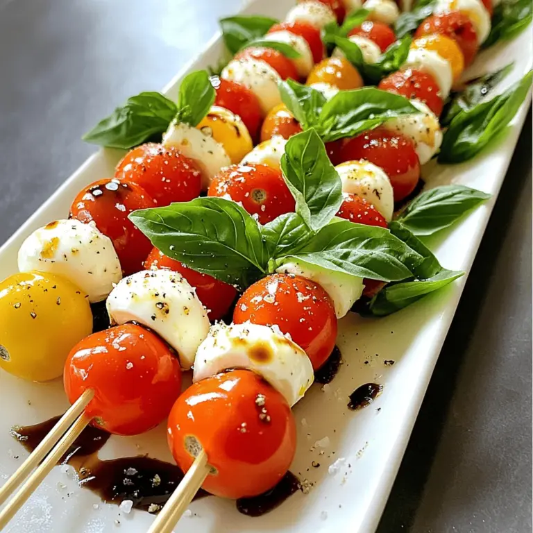 Um einfache Caprese-Spieße zu machen, brauchst du: - 1 Pint Kirschtomaten - 225 g frische Mozzarellabällchen (Bocconcini) - Frische Basilikumblätter - 2 Esslöffel Balsamico-Glasur - 1 Esslöffel Olivenöl - Salz und Pfeffer nach Geschmack - Spieße (15 cm oder 20 cm) Falls du keine Kirschtomaten findest, nimm kleine Roma-Tomaten. Du kannst auch andere Käsesorten verwenden. Feta oder Ziegenkäse geben einen tollen Geschmack. Für eine vegane Option kannst du pflanzlichen Käse nutzen. Statt Balsamico-Glasur kannst du auch Apfelessig oder Zitronensaft verwenden. Frische Zutaten sind der Schlüssel zu guten Spießen. Wähle reife Kirschtomaten. Sie sollten fest und glänzend sein. Achte darauf, dass die Mozzarellabällchen weich sind, aber nicht zerfallen. Basilikumblätter sollten grün und knackig sein. Lagere sie in einem feuchten Tuch, um sie frisch zu halten. Wenn du alles frisch bekommst, wird der Geschmack deiner Spieße großartig sein. Zuerst wasche ich die Kirschtomaten und Basilikumblätter. Das kalte Wasser hilft, Schmutz zu entfernen. Ich tupfe sie dann mit einem Küchenpapier trocken. Wenn die Mozzarellabällchen groß sind, halbiere ich sie. So passen sie besser zu den Tomaten. Größere Stücke können das Aussehen stören. Jetzt beginne ich mit dem Zusammenbauen der Spieße. Ich stecke zuerst eine Kirschtomate auf den Spieß. Dann kommt ein Basilikumblatt und danach die Mozzarellakugel. Diese Reihenfolge wiederhole ich. Am Ende lasse ich etwas Platz, damit ich die Spieße gut halten kann. Das macht das Essen einfacher und sauberer. Ich beträufele die fertigen Spieße mit Olivenöl und Balsamico-Glasur. Dann streue ich Salz und Pfeffer darüber. Das bringt den Geschmack zur Geltung. Jetzt richte ich die Spieße auf einer Servierplatte an und gebe etwas Balsamico-Glasur oben drauf. Für einen zusätzlichen Farbtupfer kann ich frische Basilikumblätter verwenden. Optional kühl ich die Spieße 15 Minuten im Kühlschrank. So schmecken sie frisch und lecker. Diese einfache Zubereitung macht die Caprese-Spieße perfekt für jede Gelegenheit! Um die perfekten Caprese-Spieße zu machen, müssen die Zutaten frisch sein. Wähle süße Kirschtomaten. Sie geben den Spießen einen tollen Geschmack. Achte darauf, die Mozzarellabällchen gleich groß zu wählen. So sieht alles gut aus. Beginne mit einer Kirschtomate am Spieß. Füge dann ein Basilikumblatt und eine Mozzarellakugel hinzu. Wiederhole dies, bis der Spieß fast voll ist. Lass am Ende Platz, um den Spieß zu halten. Die Anordnung der Spieße ist wichtig. Serviere sie auf einem langen weißen Teller. Der Kontrast macht die Farben lebendig. Du kannst die Spieße in einer Reihe anordnen oder kreisförmig. Das sieht toll aus! Garniere die Spieße mit frischen Basilikumblättern. Das gibt einen schönen Farbtupfer. Beträufle sie mit Balsamico-Glasur, um das Aussehen zu verbessern. Ein häufiger Fehler ist, die Zutaten nicht gut zu wählen. Verwende immer frische Tomaten und Mozzarella. Ein weiterer Fehler ist, die Spieße zu überladen. Halte einen Abstand zwischen den Zutaten. So bleibt der Geschmack frisch. Es ist auch wichtig, die Spieße nicht zu lange im Kühlschrank zu lassen. 15 Minuten sind genug, um sie kühl zu halten. Wenn du diese Tipps befolgst, werden deine Caprese-Spieße frisch und lecker sein! {{image_4}} Wenn Sie keinen Mozzarella mögen, probieren Sie Feta oder Ziegenkäse. Diese Käsesorten geben einen anderen Geschmack. Feta hat eine salzige Note, während Ziegenkäse mehr Würze hat. Beide Käsesorten sind gut für Caprese-Spieße. Experimentieren Sie und finden Sie Ihre Lieblingskombination. Basilikum ist klassisch, aber andere Kräuter sind toll. Petersilie oder Minze bringen frische Aromen. Schnittlauch kann auch gut passen. Mischen Sie die Kräuter für mehr Geschmack. Sie können auch getrocknete Kräuter verwenden, wenn frische nicht verfügbar sind. Das Dressing macht den Unterschied. Neben Balsamico-Glasur können Sie Honig-Dijon-Senf verwenden. Ein einfaches Olivenöl-Zitronen-Dressing passt auch gut. Für einen würzigen Kick probieren Sie Chiliöl. Variieren Sie die Dressings, um neue Geschmäcker zu entdecken. Sehen Sie die [Full Recipe] für mehr Ideen. Bewahren Sie die Spieße in einem luftdichten Behälter auf. Legen Sie ein feuchtes Tuch zwischen die Spieße, um sie frisch zu halten. Dies verhindert, dass sie austrocknen. Sie können die Spieße bis zu zwei Tage im Kühlschrank aufbewahren. Stellen Sie sicher, dass der Behälter gut verschlossen ist, damit keine Gerüche eindringen. Die Kirschtomaten sollten frisch und fest sein. So bleiben sie länger haltbar. Mozzarellabällchen halten sich etwa fünf bis sieben Tage im Kühlschrank, wenn sie ungeöffnet sind. Basilikum bleibt optimal, wenn Sie die Stiele ins Wasser stellen. So bleibt er bis zu einer Woche frisch. Achten Sie darauf, die Zutaten regelmäßig zu prüfen, um die beste Qualität zu gewährleisten. Falls Sie Spieße übrig haben, können Sie diese leicht aufpeppen. Fügen Sie sie zu einem Salat hinzu oder verwenden Sie sie als Beilage. Sie passen gut zu Nudeln oder auf einem Sandwich. Sie können auch die Spieße abändern, indem Sie anderes Gemüse oder Käse verwenden. So vermeiden Sie Lebensmittelverschwendung und genießen neue Geschmäcker. Für die vollständige Anleitung und weitere Tipps, sehen Sie sich das Full Recipe an. Sie können die Spieße bis zu zwei Tage im Kühlschrank aufbewahren. Lagern Sie sie in einem luftdichten Behälter. So bleiben sie frisch. Achten Sie darauf, die Spieße nicht zu lange draußen zu lassen, um die Qualität zu erhalten. Ja, das ist möglich! Sie können die Spieße bis zu vier Stunden im Voraus zubereiten. Stellen Sie sie dann in den Kühlschrank. Das gibt den Aromen Zeit, sich zu verbinden. Wenn Sie sie später servieren, nehmen Sie sie rechtzeitig heraus, damit sie Zimmertemperatur erreichen. Zu Caprese-Spießen passen viele Beilagen. Hier sind einige Ideen: - Ein frischer grüner Salat - Bruschetta mit Tomaten und Basilikum - Knuspriges Brot oder Baguette - Oliven oder eingelegtes Gemüse Diese Beilagen ergänzen den Geschmack der Spieße wunderbar. Für das vollständige Rezept, schauen Sie sich die [Full Recipe] an. In diesem Blogpost habe ich die besten Tipps für Caprese-Spieße geteilt. Du hast die Zutaten, die Zubereitung und kreative Variationen kennengelernt. Die richtigen Lagerhinweise helfen dir, die Spieße frisch zu halten. Vermeide häufige Fehler für perfekte Ergebnisse. Denke daran, mit den Zutaten zu spielen, um deinen eigenen Stil zu finden. So machst du jedes Mal tolle Spieße. Probiere es einfach aus und genieße sie!