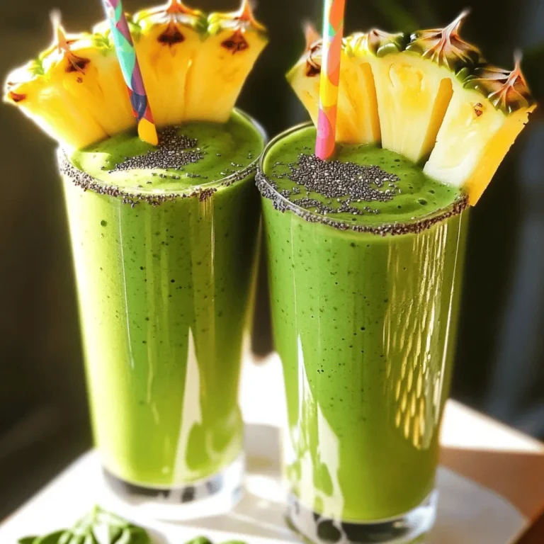 - 1 Tasse frischer Spinat - 1 reife Banane - 1/2 Tasse gefrorene Ananasstücke - 1/2 Tasse gefrorene Mangostücke Die Hauptzutaten sind wichtig für den Geschmack. Spinat bringt einen gesunden Kick. Er ist voll mit Vitaminen. Die Banane macht den Smoothie cremig. Ananas und Mango geben den tropischen Touch. Zusammen ergeben sie eine frische Mischung. - 1/2 Tasse Kokoswasser - 1/2 Tasse griechischer Joghurt - 1 Esslöffel Honig oder Agavensirup Kokoswasser sorgt für Erfrischung. Es ist leicht süß und hydratisierend. Griechischer Joghurt macht den Smoothie reichhaltig und cremig. Honig oder Agavensirup fügt eine süße Note hinzu. Diese Zusätze helfen, die perfekte Konsistenz zu erreichen. - 1 Esslöffel Chiasamen - Ein Spritzer Limettensaft Chiasamen sind nicht nur lecker, sie sind auch gesund. Sie bieten Ballaststoffe und Omega-3-Fettsäuren. Ein Spritzer Limettensaft bringt zusätzlich Frische. Es hebt die Aromen hervor und macht den Smoothie noch besser. Für das Full Recipe schauen Sie sich die gesamte Anleitung an. - Spinat waschen und trocknen: Beginne mit einer Tasse frischem Spinat. Wasche ihn gut unter fließendem Wasser, um Schmutz zu entfernen. Danach tupfe ihn mit einem Küchentuch trocken. So bleibt der Smoothie frisch und lecker. - Obst vorbereiten: Jetzt ist es Zeit für die Früchte! Du brauchst eine reife Banane, gefrorene Ananas- und Mangostücke. Schneide die Banane in Stücke. Die gefrorenen Früchte sind schon bereit. Das macht den Smoothie kalt und erfrischend. - Zutaten in der richtigen Reihenfolge hinzufügen: Gib zuerst den Spinat in den Mixer. Danach kommen die Bananenstücke, die gefrorenen Ananas- und Mangostücke dazu. Füge dann das Kokoswasser und den griechischen Joghurt hinzu. Diese Reihenfolge sorgt für eine gute Mischung. - Tipps für den perfekten Mix: Mixe alles auf hoher Stufe. Achte darauf, dass du die Seiten des Mixers mit einem Spatel abkratzt, falls nötig. Das hilft, die Zutaten gut zu vermischen. Mixe, bis der Smoothie cremig und glatt ist. - Gießen in Gläser oder Schalen: Wenn alles gut gemixt ist, gieße den Smoothie in hohe Gläser oder Schalen. So sieht er toll aus und du kannst ihn einfach genießen. - Garniturideen: Dekoriere deinen Smoothie mit ein paar Chiasamen oder frischen Obstscheiben. Eine Ananasscheibe am Rand macht ihn besonders schön. Verwende einen bunten Strohhalm für den tropischen Look. Für das komplette Rezept schau dir bitte die [Full Recipe] an. - Optimale Mixdauer: Mixen Sie den Smoothie etwa 30 bis 60 Sekunden. Achten Sie darauf, dass die Mischung cremig wird. Wenn es zu klumpig ist, mixen Sie einfach länger. - Verwendung von gefrorenem Obst: Gefrorenes Obst macht den Smoothie kalt und dick. Das gibt eine erfrischende Textur. Ich empfehle, die Ananas und Mango gefroren zu verwenden. So brauchen Sie kein Eis. - Alternate Süßungsmittel: Wenn der Smoothie nicht süß genug ist, probieren Sie Honig oder Agavensirup. Sie können auch Datteln verwenden, um die Süße zu erhöhen. - Geschmack anpassen: Fügen Sie mehr Limettensaft hinzu, wenn Sie einen frischeren Geschmack wollen. Jeder mag es anders. Probieren Sie und passen Sie die Süße nach Ihrem Geschmack an. - Zutaten im Voraus vorbereiten: Sie können den Spinat und das Obst am Vorabend vorbereiten. So sparen Sie Zeit am Morgen. Lagern Sie alles in einem Behälter im Kühlschrank. - Smoothie aufbewahren: Wenn Sie Reste haben, bewahren Sie den Smoothie in einem verschlossenen Behälter auf. Im Kühlschrank hält er sich 1 bis 2 Tage. Schütteln Sie ihn gut, bevor Sie ihn trinken. Für das vollständige Rezept schauen Sie sich den Abschnitt "Vollständiges Rezept" an. {{image_4}} Für einen nahrhaften Smoothie kann ich Proteinpulver hinzufügen. Wähle einfach dein Lieblingspulver, um den Smoothie zu verstärken. Eine andere tolle Idee ist, Nüsse oder Samen hinzuzufügen. Mandeln oder Walnüsse geben einen knackigen Biss und mehr Nährstoffe. Wenn du keine Mango oder Ananas magst, probiere andere Früchte! Du kannst auch Erdbeeren oder Himbeeren verwenden. Diese Beeren bringen einen süßen und frischen Geschmack. Auch Papaya oder Kiwi sind leckere Alternativen. Experimentiere mit verschiedenen Kombinationen, um deinen perfekten Smoothie zu finden. Um den Smoothie vegan zu machen, ersetze den griechischen Joghurt. Kokosjoghurt oder Mandeljoghurt sind großartige Alternativen. Statt Kuhmilch kannst du pflanzliche Milch wie Mandel- oder Hafermilch nutzen. Diese Optionen machen den Smoothie leicht und pflanzlich. Entdecke die verschiedenen Variationen und finde deinen Favoriten mit dem Full Recipe. Um den tropischen grünen Smoothie frisch zu genießen, bereiten Sie ihn am besten sofort zu. So bleibt der Geschmack lebendig und die Nährstoffe intakt. Wenn Sie ihn aufbewahren müssen, denken Sie daran, ihn in einem luftdichten Behälter zu lagern. - Hinweise zur besten Frische: Trinken Sie den Smoothie innerhalb von 24 Stunden. Nach dieser Zeit kann der Geschmack nachlassen. - Kühlschrankaufbewahrung: Lagern Sie ihn im Kühlschrank. Verwenden Sie ein Glas oder eine Flasche, die gut schließt. Wenn Sie Smoothies im Voraus zubereiten wollen, können Sie sie auch einfrieren. Das ist eine gute Möglichkeit, Zeit zu sparen und gesunde Snacks bereit zu haben. - Einfrieren und späteres Mischen: Gießen Sie den Smoothie in Eiswürfelformen oder in einen gefrierfesten Behälter. So können Sie Portionen leicht entnehmen. - Tipps zur richtigen Portionierung: Füllen Sie die Behälter nicht ganz voll, da die Flüssigkeit beim Gefrieren expandiert. Entnehmen Sie die Portionen, wenn Sie Hunger haben, und mixen Sie sie frisch. Diese Tipps helfen Ihnen, den vollen Geschmack und die Nährstoffe des tropischen grünen Smoothies zu genießen. Wenn Sie mehr über die Zubereitung erfahren möchten, schauen Sie sich das [Full Recipe] an. Das Rezept ergibt zwei Portionen. Jede Portion ist ideal für einen Snack oder ein leichtes Frühstück. Servieren Sie den Smoothie in hohen Gläsern. Für eine festliche Note können Sie eine Ananasscheibe am Rand anbringen. Ein bunter Strohhalm macht das Getränk noch einladender. Ja, Sie können auch andere Blattgemüse verwenden. Zum Beispiel eignen sich Grünkohl oder Mangold gut. Diese bieten ähnliche Nährstoffe und bringen einen anderen Geschmack. Experimentieren Sie mit verschiedenen Gemüsesorten, um neue Aromen zu entdecken. Wenn Sie eine mildere Note suchen, probieren Sie Rucola oder Blattgemüse aus dem Garten. Ja, dieser Smoothie hat viele gesunde Vorteile. Er enthält Ballaststoffe, Vitamine und Mineralien. Die Kombination aus Spinat und Obst liefert wertvolle Nährstoffe. Der griechische Joghurt sorgt für Eiweiß und hält Sie lange satt. Nutzen Sie diesen Smoothie als Teil einer ausgewogenen Ernährung. Er passt gut zu vielen Diäten. Der beste Zeitpunkt für einen Smoothie ist morgens oder nach dem Sport. Morgens gibt er einen gesunden Start in den Tag. Nach dem Sport hilft er bei der Erholung und liefert Energie. Sie können ihn auch als Snack zwischendurch genießen. Vermeiden Sie es, ihn zu spät am Tag zu trinken, um Schlafprobleme zu verhindern. Dieser Blogbeitrag zeigt Ihnen, wie Sie einen leckeren Smoothie zubereiten. Sie lernen, welche Zutaten wichtig sind, wie Sie alles richtig mixen und tolle Tipps für Variationen erhalten. Denken Sie daran, frische Zutaten zu verwenden und mit Toppings zu experimentieren. Smoothies sind nicht nur frisch und gesund, sie machen auch Spaß. Testen Sie verschiedene Kombinationen und finden Sie Ihre Lieblingsrezepte. Mit diesen Informationen können Sie tolle Smoothies genießen, die Ihnen gut tun. Viel Spaß beim Ausprobieren!