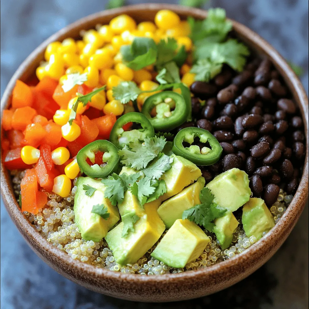 Für eine tolle vegane Burrito-Bowl brauchst du einige wichtige Zutaten. Hier sind die Hauptbestandteile: - 1 Tasse Quinoa, gründlich gewaschen - 1 Dose (425 g) schwarze Bohnen, abgetropft und gewaschen - 1 Tasse Mais (frisch oder gefroren) - 1 Paprika, gewürfelt (beliebige Farbe) - 1 kleine rote Zwiebel, fein gehackt - 1 Tasse Cherrytomaten, halbiert Quinoa ist eine großartige Quelle für Protein und Ballaststoffe. Die schwarzen Bohnen bringen zusätzliche Proteine und Eisen. Das Gemüse macht die Bowl bunt und gesund. Die Gewürze und Öle geben dem Gericht den richtigen Kick. Hier sind die, die du brauchst: - 1 Teelöffel gemahlener Kreuzkümmel - 1 Teelöffel Chili-Pulver - 1 Esslöffel Olivenöl - Saft von 1 Limette - Salz und Pfeffer nach Geschmack Kreuzkümmel und Chili-Pulver sorgen für eine warme, würzige Note. Das Olivenöl hilft beim Anbraten des Gemüses und macht alles geschmeidig. Garnierungen machen die Bowl noch besser. Hier sind einige leckere Optionen: - 1 Avocado, gewürfelt - Frischer Koriander, gehackt - Jalapeños (optional für Schärfe) Die Avocado fügt Cremigkeit hinzu. Frischer Koriander bringt einen tollen Geschmack. Die Jalapeños geben dir die Möglichkeit, mehr Würze hinzuzufügen, wenn du es magst. Für die vollständige Anleitung, schau dir das [Full Recipe] an! Zuerst bringe ich die Gemüsebrühe in einem mittelgroßen Topf zum Kochen. Das Wasser muss sprudelnd sein. Dann füge ich die gewaschene Quinoa hinzu. Ich reduziere die Hitze und decke den Topf ab. Nach etwa 15 Minuten gart die Quinoa perfekt. Sie wird fluffig und weich. Nach dem Kochen lasse ich die Quinoa für 5 Minuten stehen. Danach lockere ich sie vorsichtig mit einer Gabel auf. Während die Quinoa kocht, erhitze ich Olivenöl in einer großen Pfanne bei mittlerer Hitze. Ich gebe die fein gehackte rote Zwiebel hinein. Sie brate ich für 3 bis 4 Minuten an. Die Zwiebel wird weich und duftet toll. Dann füge ich die gewürfelte Paprika und den Mais hinzu. Ich streue Kreuzkümmel, Chili-Pulver, Salz und Pfeffer darüber. Nach weiteren 5 bis 7 Minuten sind das Gemüse und die Gewürze gut vermischt. In einer großen Schüssel vermenge ich die gekochte Quinoa mit den schwarzen Bohnen. Dann gebe ich das angebratene Gemüse dazu. Es ist wichtig, dass alles gleichmäßig verteilt ist. Ich füge vorsichtig die gewürfelte Avocado und die halbierten Cherrytomaten hinzu. Mit frischem Limettensaft verfeinere ich die Mischung. Jetzt rühre ich alles sanft zusammen, damit die Aromen sich verbinden. Quinoa richtig zu waschen ist sehr wichtig. Beginne mit einer feinen Sieb. Spüle die Quinoa unter kaltem Wasser ab. Dadurch entfernst du Bitterstoffe. Diese Stoffe können den Geschmack beeinträchtigen. Nach dem Kochen sollte die Quinoa ruhen. Lass sie etwa fünf Minuten abgedeckt stehen. Diese Ruhezeit hilft, die Körner aufzulockern. So wird die Quinoa schön fluffig. Die Hitze beim Anbraten ist entscheidend. Beginne bei mittlerer Hitze und passe sie nach Bedarf an. Zu hohe Hitze kann das Gemüse anbrennen. Häufiges Rühren ist auch wichtig. Es sorgt dafür, dass das Gemüse gleichmäßig gart. So bleibt es knackig und behält seine Farbe. Gewürze sind der Schlüssel zu einem tollen Geschmack. Passe die Menge an Kreuzkümmel und Chili-Pulver nach deinem Geschmack an. Ein kleines bisschen mehr kann den Unterschied machen. Frische Zutaten verwenden macht einen großen Unterschied. Frische Kräuter, wie Koriander, bringen neuen Geschmack. Frisches Gemüse hat mehr Aroma und Nährstoffe. {{image_4}} Für mehr Protein füge Tofu oder Tempeh hinzu. Tofu ist eine großartige Wahl. Er nimmt den Geschmack gut auf. Tempeh hat einen nussigen Geschmack. Beide sind einfach zuzubereiten. Du kannst sie auch anbraten oder grillen. Nüsse und Samen sind ebenfalls gute Optionen. Sie bringen Crunch und gesunde Fette. Mandeln oder Sonnenblumenkerne passen gut. Saisonales Gemüse macht deine Burrito-Bowls bunt und frisch. Du kannst Zucchini, Kürbis oder Brokkoli verwenden. Diese Gemüsesorten bringen Geschmack und Nährstoffe. Experimentiere mit anderen Bohnen. Weiße Bohnen oder Kidneybohnen sind klasse Alternativen. Sie bringen neue Texturen und Aromen. Wenn du es scharf magst, probiere verschiedene Chili-Sorten. Jalapeños sind eine beliebte Wahl. Sie sind nicht zu scharf und geben Geschmack. Du kannst auch Habaneros verwenden, wenn es intensiver sein soll. Salsa oder scharfe Soßen sind ebenfalls tolle Toppings. Sie fügen viel Geschmack hinzu und sorgen für eine leckere Schärfe. Du kannst deine Burrito-Bowls einfach im Kühlschrank aufbewahren. Stelle sicher, dass du sie in einem luftdichten Behälter lagerst. So bleiben die Zutaten frisch. Ich empfehle, die Bowls innerhalb von drei bis fünf Tagen zu essen. Um die Frische zu maximieren, halte die Avocado und die Tomaten separat. Diese Zutaten sind empfindlich und verlieren schnell ihre Qualität. Du kannst die Burrito-Bowls auch einfrieren. Nutze dafür geeignete Behälter oder Gefrierbeutel. Achte darauf, so viel Luft wie möglich zu entfernen, um Gefrierbrand zu vermeiden. Wenn du bereit bist, sie zu essen, lasse die Bowls im Kühlschrank auftauen. Du kannst sie auch in der Mikrowelle aufwärmen. Erhitze sie in kurzen Intervallen, um ein gleichmäßiges Ergebnis zu erzielen. Die Haltbarkeit deiner Burrito-Bowls hängt von den Zutaten ab. Achte auf Anzeichen von Verderb, wie unangenehmen Geruch oder verfärbte Zutaten. Im Kühlschrank sind sie in der Regel drei bis fünf Tage frisch. Wenn du sie eingefroren hast, halte sie bis zu drei Monate. So kannst du die leckeren Bowls jederzeit genießen! Um vegane Burrito-Bowls einfach zuzubereiten, folge diesen Schritten: 1. Koche die Quinoa. Verwende dafür Gemüsebrühe für mehr Geschmack. 2. Brate die Zwiebel in Olivenöl an, bis sie weich ist. 3. Füge Paprika, Mais, Kreuzkümmel und Chili-Pulver hinzu. 4. Mische die gekochte Quinoa mit schwarzen Bohnen und dem gebratenen Gemüse. 5. Garniere die Bowl mit Avocado, Cherrytomaten und Koriander. Es gibt viele gesunde und leckere Toppings für deine Burrito-Bowls. Hier sind einige Vorschläge: - Avocadoscheiben für Cremigkeit - Frischer Koriander für einen frischen Geschmack - Jalapeños für etwas Schärfe - Limettensaft für eine spritzige Note - Salsa oder Guacamole für zusätzlichen Geschmack Ja, Burrito-Bowls sind sehr gesund. Sie bieten viele Nährstoffe: - Quinoa ist eine großartige Proteinquelle. - Schwarze Bohnen sind reich an Ballaststoffen. - Frisches Gemüse liefert wichtige Vitamine und Mineralien. - Avocado enthält gesunde Fette, die gut für das Herz sind. Diese Zutaten helfen, deinen Körper mit Energie zu versorgen und dich satt zu halten. [Full Recipe]: Vibrante Vegane Burrito-Bowls Vegane Burrito-Bowls bieten dir eine bunte und gesunde Mahlzeit. Du hast günstige Zutaten wie Quinoa, schwarze Bohnen und frisches Gemüse genutzt. Gewürze wie Kreuzkümmel und Limettensaft bringen Geschmack. Mit Tipps zur Zubereitung und Aufbewahrung bewahrst du die Frische länger. Du kannst die Rezepte anpassen und deiner Kreativität freien Lauf lassen. Diese Bowls sind nicht nur lecker, sondern auch gesund. Probiere verschiedene Varianten aus und finde deine Lieblingskombination!