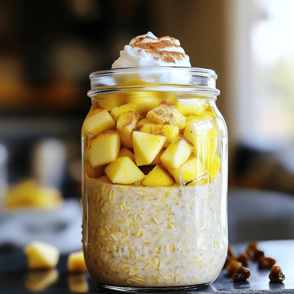 Für ein einfaches, leckeres Frühstück brauchst du folgende Grundzutaten: - 1 Tasse zarte Haferflocken - 1 ½ Tassen Mandelmilch (oder Milch nach Wahl) - 1 mittelgroßer Apfel, geschält und gewürfelt - 1 Esslöffel Ahornsirup (oder Honig) - 1 Teelöffel gemahlener Zimt - ½ Teelöffel Vanilleextrakt - Eine Prise Salz Diese Zutaten sorgen dafür, dass deine Haferflocken cremig und geschmackvoll sind. Der Apfel bringt Frische und eine natürliche Süße. Um deinen Apfelkuchen Übernacht Haferflocken noch besser zu machen, kannst du zusätzliche Zutaten hinzufügen: - 2 Esslöffel griechischer Joghurt (für Cremigkeit) - 2 Esslöffel Rosinen oder gehackte Walnüsse Diese Zutaten fügen nicht nur Geschmack hinzu, sondern auch eine tolle Textur. Die Nüsse geben einen schönen Crunch, und der Joghurt macht die Mischung schön cremig. Du kannst deine Haferflocken nach dem Kühlen noch garnieren. Hier sind einige Ideen: - Gewürfelte Äpfel - Eine Prise Zimt - Ein Schuss Ahornsirup Diese Toppings machen dein Frühstück nicht nur schöner, sondern auch noch leckerer. So wird jeder Bissen zum Genuss. Wenn du mehr über die Zubereitung erfahren möchtest, sieh dir das [Full Recipe] an. Beginne mit einer großen Schüssel oder einem Einmachglas. Gib die zarten Haferflocken hinein. Füge 1 ½ Tassen Mandelmilch hinzu. Rühre die Mischung gut um, bis alle Haferflocken gleichmäßig befeuchtet sind. Jetzt ist es Zeit, den Apfel vorzubereiten. Schäle einen mittelgroßen Apfel und schneide ihn in kleine Würfel. Füge die gewürfelten Äpfel zu den Haferflocken hinzu. Jetzt kommen die anderen Aromen. Gib 1 Esslöffel Ahornsirup, 1 Teelöffel gemahlenen Zimt, ½ Teelöffel Vanilleextrakt und eine Prise Salz dazu. Rühre erneut um, bis alles gut vermischt ist. Wenn du magst, kannst du 2 Esslöffel griechischen Joghurt für mehr Cremigkeit hinzufügen. Das ist optional, aber sehr lecker! Deck die Schüssel ab oder schließe das Einmachglas fest. Stelle es dann in den Kühlschrank. Lass die Mischung dort für mindestens 4 Stunden stehen, besser über Nacht. Dies gibt den Haferflocken Zeit, die Flüssigkeit aufzunehmen. Am nächsten Morgen sind sie weich und lecker. Wenn du bereit bist zu essen, nimm die Mischung aus dem Kühlschrank. Rühre die Haferflocken gut um. Wenn sie zu dick sind, füge einen Schuss Mandelmilch hinzu. Jetzt ist es Zeit zu servieren! Garniere die Haferflocken mit zusätzlichen gewürfelten Äpfeln, einer Prise Zimt und einem Schuss Ahornsirup. So schmeckt es noch besser! Du wirst deine Apfelkuchen Übernacht Haferflocken lieben. Um die perfekte Konsistenz der Haferflocken zu erreichen, probiere Folgendes: - Verwende die richtigen Haferflocken. Zarte Haferflocken sind ideal. - Mische die Haferflocken gut mit der Mandelmilch. Jede Flocke sollte feucht sein. - Lasse die Mischung über Nacht im Kühlschrank. So quellen die Flocken gut auf. - Wenn die Mischung am Morgen zu dick ist, füge etwas mehr Mandelmilch hinzu. Es gibt viele Möglichkeiten, Apfelkuchen Übernacht Haferflocken anzupassen: - Füge verschiedene Früchte hinzu. Birnen oder Beeren sind lecker. - Experimentiere mit verschiedenen Nüssen. Mandeln oder Pecannüsse passen gut. - Ändere die Süße. Verwende Honig, Agavendicksaft oder sogar Datteln. - Probiere andere Gewürze aus. Muskatnuss oder Ingwer geben einen tollen Kick. Diese Haferflocken bieten viele gesundheitliche Vorteile: - Hafer ist reich an Ballaststoffen. Das hilft der Verdauung. - Äpfel liefern Vitamine und Antioxidantien. Sie stärken das Immunsystem. - Mandeln sind eine gute Quelle für gesunde Fette. Sie unterstützen das Herz. - Joghurt enthält Probiotika. Diese fördern eine gesunde Darmflora. Apfelkuchen Übernacht Haferflocken sind also nicht nur lecker, sondern auch gesund! {{image_4}} Du kannst die Apfelkuchen Übernacht Haferflocken ganz einfach vegan gestalten. Statt Milch verwende Pflanzendrink. Mandelmilch oder Hafermilch sind perfekt. Auch der griechische Joghurt ist optional. Lass ihn einfach weg oder ersetze ihn durch einen veganen Joghurt. Diese Anpassungen machen das Rezept für alle zugänglich. Äpfel sind großartig, aber du kannst auch andere Früchte nutzen. Probiere Birnen für eine süße Note. Auch Bananen passen gut. Beeren wie Himbeeren oder Heidelbeeren geben frische Farben und Geschmäcker. Experimentiere mit deinem Lieblingsobst. Es macht das Frühstück aufregender und leckerer. Zimt ist klassisch, aber du kannst auch andere Gewürze hinzufügen. Muskatnuss oder Ingwer geben einen tollen Geschmack. Wenn du die Süße variieren möchtest, probiere Agavendicksaft oder Kokosblütenzucker. Diese Optionen bringen neue Aromen in dein Frühstück. So wird jede Portion einzigartig und spannend. Du kannst die vollständige Anleitung im Full Recipe finden. Die Lagerung von Apfelkuchen Übernacht Haferflocken ist ganz einfach. Du kannst die Haferflocken in einem luftdichten Behälter im Kühlschrank aufbewahren. Achte darauf, dass der Behälter gut verschlossen ist, um die Frische zu bewahren. So bleiben die Aromen und die Konsistenz optimal. Im Kühlschrank halten sich die Haferflocken etwa 3 bis 5 Tage. Nach dieser Zeit könnten die Zutaten an Frische verlieren. Du kannst die Mischung auch länger im Gefrierfach aufbewahren. Hier bleibt sie bis zu einem Monat gut. Achte darauf, sie in einem gefrierfreundlichen Behälter zu lagern. So verhinderst du Gefrierbrand. Um die Woche einfacher zu gestalten, bereite mehrere Portionen gleichzeitig vor. Nutze kleine Behälter und teile die Mischung auf. So hast du immer ein schnelles Frühstück bereit. Du kannst die Portionen auch variieren, indem du verschiedene Früchte hinzufügst. Das macht das Frühstück bunt und spannend. Du kannst Übernacht Haferflocken bis zu fünf Tage im Kühlschrank aufbewahren. Sie bleiben frisch und lecker. Achte darauf, sie in einem luftdichten Behälter zu lagern. So bleibt die Konsistenz optimal. Nach ein paar Tagen kann die Textur etwas weicher werden. Das ist normal und hat keinen Einfluss auf den Geschmack. Ja, du kannst die Haferflocken auch warm genießen! Einfach die Mischung in einen Topf geben und bei schwacher Hitze erwärmen. Rühre sie dabei gut um, damit sie gleichmäßig warm werden. Du kannst auch etwas mehr Milch hinzufügen, um die Mischung cremiger zu machen. Das gibt dir ein ganz anderes Geschmackserlebnis. Wenn du nach Alternativen suchst, probiere diese: - Honig - Agavendicksaft - Kokosblütenzucker - Stevia Jedes Süßungsmittel hat seinen eigenen Geschmack. Experimentiere, um das für dich Beste zu finden. Du kannst auch die Menge nach deinem Geschmack anpassen. Das macht deine Übernacht Haferflocken noch individueller. Wenn du mehr Ideen brauchst, schau dir das [Full Recipe] an. In diesem Artikel haben wir alles zu Apfelkuchen Übernacht Haferflocken behandelt. Wir haben die grundlegenden und optionalen Zutaten, die Schritt-für-Schritt-Anleitung, sowie Tipps zur Konsistenz und Variationen besprochen. Außerdem haben wir Lagerungsinformationen und häufige Fragen beantwortet. Diese Haferflocken sind nicht nur lecker, sondern auch gesund. Probiere sie aus und genieße den Geschmack! Lass deiner Kreativität freien Lauf und finde deine perfekte Mischung.