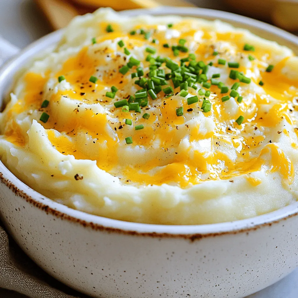 Für Käse Knoblauch-Stampfkartoffeln benötigen Sie einige einfache Zutaten. Diese sind: - 900 g Yukon Gold Kartoffeln, geschält und grob gewürfelt - 4 Knoblauchzehen, fein gehackt - 240 g scharfen Cheddar Käse, gerieben - 120 g Frischkäse, weich - 120 ml Vollmilch - 4 Esslöffel ungesalzene Butter - Salz und Pfeffer nach Geschmack - 2 Esslöffel frische Schnittlauch, gehackt (zum Garnieren) Diese Zutaten geben den Stampfkartoffeln ihren tollen Geschmack. Die besten Kartoffeln für Stampfkartoffeln sind cremig und stärkehaltig. Yukon Gold ist eine großartige Wahl. Sie machen die Kartoffeln weich und lecker. Andere gute Optionen sind Russet oder Maris Piper. Diese Sorten haben eine gute Textur und einen tollen Geschmack. Sie halten beim Kochen gut zusammen. Frischer Knoblauch hat eine feste Schale und sollte keine dunklen Flecken haben. Wenn der Knoblauch grün sprießt, ist er alt. Wählen Sie frischen Knoblauch für den besten Geschmack. Für den Käse empfehle ich, scharfen Cheddar zu verwenden. Achten Sie darauf, dass der Käse frisch ist und gut riecht. Geriebener Käse schmilzt besser und sorgt für eine cremige Konsistenz. Wenn Sie mit Käse experimentieren möchten, probieren Sie auch Gouda oder Gruyère. Für das vollständige Rezept, schauen Sie sich die Full Recipe an. Zuerst schälen Sie 900 g Yukon Gold Kartoffeln. Schneiden Sie sie in grobe Würfel. Diese Kartoffeln sind ideal für cremige Stampfkartoffeln. Nehmen Sie 4 Knoblauchzehen und hacken Sie sie fein. Der Knoblauch gibt den Kartoffeln einen tollen Geschmack. Füllen Sie einen großen Topf mit den gewürfelten Kartoffeln und decken Sie sie mit kaltem Wasser. Fügen Sie eine Prise Salz hinzu. Stellen Sie den Herd auf mittelhohe Hitze. Warten Sie, bis das Wasser kocht. Dann reduzieren Sie die Hitze auf mittel-niedrig. Lassen Sie die Kartoffeln 15-20 Minuten kochen. Sie sind fertig, wenn Sie sie mit einer Gabel leicht durchstechen können. In einem kleinen Topf schmelzen Sie 4 Esslöffel ungesalzene Butter bei mittlerer Hitze. Geben Sie den gehackten Knoblauch dazu und braten Sie ihn 2 Minuten lang. Achten Sie darauf, dass der Knoblauch nicht bräunt. Gießen Sie die gegarten Kartoffeln ab und geben Sie sie zurück in den Topf. Fügen Sie die geschmolzene Knoblauchbutter, 120 g Frischkäse, 240 g geriebenen scharfen Cheddar Käse und 120 ml Vollmilch hinzu. Würzen Sie mit Salz und Pfeffer nach Geschmack. Jetzt können Sie alles mit einem Kartoffelstampfer pürieren. Machen Sie die Kartoffeln so glatt und cremig, wie Sie es mögen. Probieren Sie die Stampfkartoffeln und passen Sie die Gewürze an. Geben Sie die fertigen Kartoffeln in eine Schüssel und garnieren Sie sie mit frisch gehacktem Schnittlauch. Sie können auch mehr Käse darüber streuen. Für die gesamte Zubereitung können Sie das Rezept [Full Recipe] folgen. Um die perfekte Konsistenz Ihrer Käse Knoblauch-Stampfkartoffeln zu erreichen, ist es wichtig, die richtigen Kartoffeln zu wählen. Yukon Gold Kartoffeln sind ideal. Sie sind cremig und haben einen tollen Geschmack. Kochen Sie die Kartoffeln, bis sie weich sind, aber nicht matschig. Ich empfehle, sie mit einem Kartoffelstampfer zu pürieren. Vermeiden Sie einen Mixer, da er die Kartoffeln zu klebrig macht. Fügen Sie Milch langsam hinzu, bis die gewünschte Cremigkeit erreicht ist. Der Geschmack dieser Stampfkartoffeln kommt aus der Kombination von Knoblauch und Käse. Verwenden Sie frischen Knoblauch für den besten Geschmack. Braten Sie ihn in Butter an, bis er duftet, aber nicht braun wird. Der scharfe Cheddar-Käse bringt Tiefe in das Gericht. Fügen Sie auch Frischkäse hinzu, um eine samtige Textur zu erzielen. Probieren Sie, die Kartoffeln mit frischem Schnittlauch zu garnieren. Das bringt einen frischen, zarten Geschmack. Ein häufiger Fehler ist, die Kartoffeln zu lange zu kochen. Achten Sie darauf, sie nicht zu zerfallen. Ein weiterer Fehler ist, zu viel Milch auf einmal hinzuzufügen. Fügen Sie die Milch nach und nach hinzu, um die Konsistenz zu steuern. Wenn Sie den Knoblauch überhitzen, wird er bitter. Braten Sie ihn nur kurz an. Diese Tipps helfen Ihnen, köstliche Käse Knoblauch-Stampfkartoffeln zu machen. Für das vollständige Rezept schauen Sie sich die [Full Recipe] an. {{image_4}} Um deinen Käse Knoblauch-Stampfkartoffeln mehr Kick zu geben, füge Kräuter hinzu. Frischer Thymian oder Rosmarin passt gut. Auch getrocknete Kräuter wie Oregano oder Basilikum sind toll. Eine Prise Paprika bringt Farbe und Geschmack. Experimentiere mit deinen Lieblingskräutern. Diese kleinen Änderungen machen viel aus. Du kannst verschiedene Käsesorten verwenden. Gouda oder Mozzarella geben eine milde Note. Für einen stärkeren Geschmack probiere Blauschimmelkäse oder Parmesan. Mischungen aus verschiedenen Käsesorten machen die Stampfkartoffeln spannend. Denke daran, die Menge anzupassen, um die perfekte Balance zu finden. Gemüse bringt Farbe und Nährstoffe in dein Gericht. Probiere, gerösteten Blumenkohl oder Karotten hinzuzufügen. Auch Spinat ist eine gute Wahl. Koche das Gemüse einfach mit den Kartoffeln, um Zeit zu sparen. Es macht die Mahlzeit gesünder und bunter. So bleiben die Käse Knoblauch-Stampfkartoffeln lecker und nahrhaft. Die richtige Lagerung ist wichtig für die Haltbarkeit deiner Käse Knoblauch-Stampfkartoffeln. Lass die Kartoffeln zuerst auf Raumtemperatur abkühlen. Dann kannst du sie in einen luftdichten Behälter füllen. Stelle sicher, dass der Behälter gut verschlossen ist. So bleiben die Aromen frisch und die Konsistenz bleibt gut. Du kannst die Stampfkartoffeln bis zu drei Tage im Kühlschrank aufbewahren. Wenn du die restlichen Stampfkartoffeln wieder aufwärmen möchtest, gibt es ein paar einfache Schritte. Du kannst sie in der Mikrowelle oder auf dem Herd erhitzen. Bei der Mikrowelle stellst du die Kartoffeln in eine Schüssel. Füge einen Schuss Milch hinzu, um sie cremig zu halten. Erhitze sie für 1-2 Minuten und rühre gut um. Auf dem Herd solltest du die Kartoffeln bei niedriger Hitze in einem Topf erwärmen. Rühre regelmäßig um, damit sie nicht anbrennen. Füge nach Bedarf mehr Milch hinzu. Im Kühlschrank halten sich die Käse Knoblauch-Stampfkartoffeln bis zu drei Tage. Wenn du sie länger aufbewahren willst, kannst du sie einfrieren. Fülle die Kartoffeln in einen gefriergeeigneten Behälter. Sie sind bis zu zwei Monate haltbar. Zum Auftauen lasse sie über Nacht im Kühlschrank. Danach kannst du sie wie oben beschrieben wieder aufwärmen. So bleiben sie lecker und schmackhaft. Um die Stampfkartoffeln glutenfrei zu machen, sollten Sie nur Zutaten verwenden, die kein Gluten enthalten. Alle Hauptzutaten, wie Kartoffeln, Käse, Frischkäse und Milch, sind von Natur aus glutenfrei. Achten Sie darauf, dass die Butter und der Käse ebenfalls glutenfrei sind. Überprüfen Sie die Verpackungen auf etwaige Spuren von Gluten. So können Sie sicher sein, dass Ihre Käse Knoblauch-Stampfkartoffeln für alle geeignet sind. Ja, Sie können die Stampfkartoffeln im Voraus zubereiten. Kochen Sie die Kartoffeln und bereiten Sie die Mischung wie im Rezept beschrieben vor. Lassen Sie die Stampfkartoffeln dann abkühlen. Füllen Sie sie in einen luftdichten Behälter und stellen Sie sie in den Kühlschrank. Wenn Sie bereit sind, sie zu servieren, können Sie sie vorsichtig aufwärmen. Fügen Sie eventuell etwas Milch hinzu, um die Konsistenz zu verbessern. Um die Käse Knoblauch-Stampfkartoffeln vegan zu machen, ersetzen Sie die Milch durch pflanzliche Milch wie Mandel- oder Hafermilch. Verwenden Sie anstelle von Käse vegane Käsealternativen. Auch Frischkäse kann durch einen veganen Frischkäse ersetzt werden. Diese Alternativen bieten den gleichen cremigen Geschmack ohne tierische Produkte. Dadurch bleibt das Gericht lecker und frisch, auch ohne Milchprodukte. Käse Knoblauch-Stampfkartoffeln sind einfach und lecker. Wir haben die Zutaten für die besten Kartoffeln untersucht. Frischer Knoblauch und Käse machen den Geschmack aus. Die Schritt-für-Schritt-Anleitung hilft Ihnen beim Kochen. Tipps und Tricks zeigen, wie Sie die perfekte Konsistenz erreichen. Variationen mit Kräutern oder Gemüse bringen Abwechslung. Schließlich erfahren Sie, wie Sie die Reste richtig lagern. Diese kreativen Möglichkeiten machen Ihr Essen noch besser. Probieren Sie es aus, und kommen Sie immer wieder zurück für mehr!