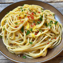 - 400g Spaghetti - 6 Knoblauchzehen, dünn geschnitten - 1/2 Tasse natives Olivenöl extra - 1 Teelöffel rote Chiliflocken - Salz nach Geschmack - Frisch gemahlener schwarzer Pfeffer - 1/2 Tasse frische Petersilie, gehackt - Zeste von 1 Zitrone - Parmesan, gerieben (optional, zum Servieren) Spaghetti Aglio e Olio ist ein einfaches, aber köstliches Gericht. Die Hauptzutaten sind Spaghetti, Knoblauch und Olivenöl. Diese drei Zutaten machen das Gericht besonders. Der Knoblauch bringt einen tollen Geschmack. Das Olivenöl sorgt für die nötige Feuchtigkeit. Die Gewürze sind auch wichtig. Rote Chiliflocken geben dem Gericht eine feurige Note. Du kannst die Menge nach deinem Geschmack anpassen. Salz und Pfeffer runden die Aromen ab. Frische Zutaten wie Petersilie und Zitronenzeste machen das Gericht lebendig. Sie bringen Farbe und einen frischen Geschmack. Parmesan ist optional, aber sehr lecker. Er fügt eine cremige Textur hinzu. Für das vollständige Rezept, schau dir die Full Recipe an. Bringen Sie in einem großen Topf reichlich Salzwasser zum Kochen. Fügen Sie die Spaghetti hinzu und kochen Sie sie nach Packungsanweisung. Achten Sie darauf, die Pasta al dente zu garen. Bevor Sie die Spaghetti abgießen, bewahren Sie eine Tasse Nudelwasser auf. Dann gießen Sie die Spaghetti ab. Erhitzen Sie in einer großen Pfanne das Olivenöl bei mittlerer Hitze. Geben Sie die dünn geschnittenen Knoblauchzehen dazu. Braten Sie den Knoblauch häufig rührend an, bis er goldbraun und duftend ist. Dies dauert etwa 3 bis 4 Minuten. Seien Sie vorsichtig, denn verbrannter Knoblauch wird bitter. Geben Sie die abgetropften Spaghetti direkt in die Pfanne mit dem Knoblauchöl. Rühren Sie sanft um, damit die Pasta gleichmäßig mit dem Öl überzogen wird. Wenn die Pasta zu trocken aussieht, fügen Sie nach und nach etwas von dem reservierten Nudelwasser hinzu. Passen Sie die Konsistenz nach Ihrem Geschmack an. Nehmen Sie die Pfanne vom Herd. Fügen Sie die gehackte Petersilie und die Zitronenzeste hinzu. Schmecken Sie das Gericht mit Salz und frisch gemahlenem schwarzem Pfeffer ab. Richten Sie die Spaghetti auf Tellern an. Optional können Sie das Gericht mit etwas mehr Olivenöl beträufeln. Wenn gewünscht, streuen Sie geriebenen Parmesan darüber. So servieren Sie ein einfaches, aber köstliches Gericht. Für die vollständige Zubereitung schauen Sie sich das Full Recipe an. - Timing beim Kochen: Achte auf die Zeit. Koche die Spaghetti bis sie al dente sind. Das bedeutet, sie sind weich, aber haben noch einen kleinen Biss. - Salzwasser richtig nutzen: Verwende viel Salzwasser. Es sollte wie das Meer schmecken. So wird die Pasta besser gewürzt. - Vermeidung von verbranntem Knoblauch: Achte darauf, den Knoblauch nicht zu verbrennen. Wenn er schwarz wird, schmeckt er bitter. Rühre ständig um, während du ihn anbrätst. - Die richtige Hitze wählen: Stelle die Hitze auf mittlere Stufe. So wird der Knoblauch goldbraun, ohne zu verbrennen. - Schärfe variieren: Du kannst die Schärfe leicht anpassen. Füge mehr oder weniger Chiliflocken hinzu. Fang mit einem Teelöffel an und taste dich langsam heran. - Alternativen zu Chiliflocken: Wenn du es milder magst, kannst du Paprika oder Pfeffer verwenden. Sie geben auch guten Geschmack, ohne zu scharf zu sein. Für das vollständige Rezept, schau dir den Abschnitt [Full Recipe] an. {{image_4}} Um Spaghetti Aglio e Olio noch spannender zu machen, kann man einfach weitere Zutaten hinzufügen. Mögen Sie Meeresfrüchte? Fügen Sie Shrimp hinzu. Diese kleinen Krebstiere passen perfekt zu Knoblauch und Chili. Sie werden schnell gar und bringen einen tollen Geschmack. Hähnchen ist eine weitere köstliche Option. Schneiden Sie es in kleine Stücke und braten Sie es an, bevor Sie den Knoblauch hinzufügen. Das Hähnchen wird zart und saftig. Gemüse bringt Farbe und Nährstoffe in das Gericht. Zucchini oder Paprika sind großartige Wahlmöglichkeiten. Sie können auch Spinat oder Brokkoli verwenden. Einfach in die Pfanne geben, wenn der Knoblauch fast fertig ist. Für alle, die glutenfrei essen, gibt es gute Nachrichten. Sie können glutenfreie Spaghetti verwenden. Diese sind mittlerweile in vielen Geschäften erhältlich. Sie kochen ähnlich wie normale Spaghetti und schmecken ebenfalls köstlich. Eine andere Methode ist, Zucchini oder Karotten in lange Streifen zu schneiden. Diese können Sie in einer Pfanne anbraten und als Basis verwenden. So erhalten Sie ein leichtes und gesundes Gericht ohne Gluten. Wenn Sie auf Ihre Gesundheit achten, probieren Sie, das Olivenöl durch Avocadoöl zu ersetzen. Avocadoöl hat einen milden Geschmack und ist reich an guten Fetten. Das Öl hält das Gericht leicht und nährstoffreich. Sie können auch weniger Käse verwenden, um Kalorien zu sparen. Parmesan ist lecker, aber nicht unbedingt nötig. Versuchen Sie, nur eine kleine Menge über das Gericht zu streuen. Genießen Sie die Aromen der anderen Zutaten in Ihrem Spaghetti Aglio e Olio. Wenn Sie Reste von Spaghetti Aglio e Olio haben, lagern Sie sie richtig. Im Kühlschrank bleiben die Reste ideal für 3-4 Tage frisch. Sie können die Spaghetti auch einfrieren. In der Tiefkühlung halten sie bis zu 2 Monate. Achten Sie darauf, die Reste in einem luftdichten Behälter aufzubewahren. Zum Aufwärmen können Sie die Mikrowelle oder den Herd nutzen. Wenn die Spaghetti trocken wirken, geben Sie etwas von dem reservierten Nudelwasser hinzu. Das Wasser hilft, die Konsistenz wiederherzustellen und das Gericht saftig zu halten. Um das Austrocknen der Spaghetti zu verhindern, beträufeln Sie die Reste vor dem Lagern mit Olivenöl. Dies sorgt für zusätzlichen Geschmack und Feuchtigkeit. Decken Sie die Spaghetti mit Frischhaltefolie ab. So bleibt die Frische erhalten und die Nudeln bleiben geschmeidig. Die Zubereitung benötigt etwa 10 Minuten. Die Kochzeit für die Spaghetti beträgt ungefähr 10 Minuten. Insgesamt sind es also etwa 20 Minuten bis zum fertigen Gericht. Das ist schnell und einfach! Ja, frischer Knoblauch ist ideal! Er gibt mehr Geschmack als getrockneter Knoblauch. Frischer Knoblauch hat einen starken, süßen Geschmack. Achten Sie darauf, ihn nicht zu verbrennen. Für eine vegane Option können Sie Nusskäse verwenden. Auch Hefeflocken sind eine gute Wahl. Diese Alternativen geben einen herzhaften Geschmack. Die Schärfe hängt von der Menge der Chiliflocken ab. Ein Teelöffel ergibt eine milde Schärfe. Sie können mehr oder weniger hinzufügen, je nach Geschmack. Ja, Sie können die Reste aufbewahren. Lagern Sie sie im Kühlschrank für 3 bis 4 Tage. In der Tiefkühltruhe halten sie bis zu 2 Monate. Erwärmen Sie sie einfach in der Mikrowelle oder auf dem Herd. - 400g Spaghetti - 6 Knoblauchzehen, dünn geschnitten - 1/2 Tasse natives Olivenöl extra - 1 Teelöffel rote Chiliflocken (nach Geschmack anpassen) - 1/2 Tasse frische Petersilie, gehackt - Zeste von 1 Zitrone - Salz nach Geschmack - Frisch gemahlener schwarzer Pfeffer nach Geschmack - Parmesan, gerieben (optional, zum Servieren) Um Spaghetti Aglio e Olio zu machen, beginne mit dem Kochen der Pasta. Bring dazu in einem großen Topf viel Salzwasser zum Kochen. Gib die Spaghetti hinein und koche sie nach Anleitung bis sie al dente sind. Bevor du sie abgießt, bewahre etwas Nudelwasser auf. Während die Spaghetti kochen, bereite das Knoblauchöl vor. Gieße das Olivenöl in eine große Pfanne und erhitze es bei mittlerer Hitze. Füge die geschnittenen Knoblauchzehen hinzu und brate sie an. Rühre oft um, bis der Knoblauch goldbraun ist, etwa drei bis vier Minuten. Pass auf, dass der Knoblauch nicht verbrennt, da er sonst bitter wird. Jetzt ist es Zeit, die Schärfe hinzuzufügen. Streue die roten Chiliflocken in die Pfanne und brate sie für 30 Sekunden mit dem Knoblauch. Das bringt ihr Aroma zur Geltung. Gib nun die abgetropften Spaghetti direkt in die Pfanne. Rühre vorsichtig um, damit sie gleichmäßig mit dem Öl überzogen sind. Wenn die Pasta zu trocken wirkt, füge nach und nach etwas von dem reservierten Nudelwasser hinzu, bis die gewünschte Konsistenz erreicht ist. Nimm die Pfanne vom Herd und rühre die gehackte Petersilie sowie die Zitronenzeste ein. Schmecke das Gericht mit Salz und frisch gemahlenem schwarzem Pfeffer ab. Richte die Spaghetti auf Tellern an. Du kannst sie mit etwas mehr Olivenöl und geriebenem Parmesan garnieren, wenn du magst. Serviere sie mit frischer Petersilie und einem Spritzer Chiliflocken für einen schönen Farbkontrast. Für das vollständige Rezept, schau dir die oben genannten Schritte an. Guten Appetit! Spaghetti Aglio e Olio ist einfach und lecker. Wir haben die Zutaten, Zubereitung und Tipps durchgesehen. Du hast gelernt, wie man perfekte Pasta kocht und das Gericht verfeinert. Denk an die Variationen, um neue Geschmäcker zu entdecken. Lagere Reste richtig, damit sie frisch bleiben. Probiere auch die FAQs aus, um weitere Fragen zu klären. Jetzt bist du bereit, dieses Gericht zu kochen und zu genießen. Viel Spaß beim Ausprobieren!