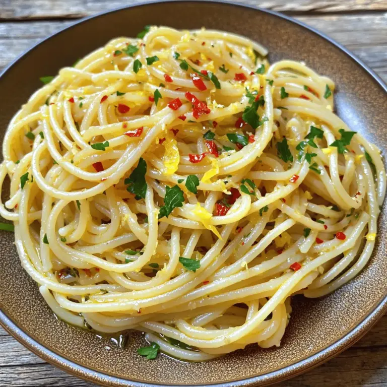 - 400g Spaghetti - 6 Knoblauchzehen, dünn geschnitten - 1/2 Tasse natives Olivenöl extra - 1 Teelöffel rote Chiliflocken - Salz nach Geschmack - Frisch gemahlener schwarzer Pfeffer - 1/2 Tasse frische Petersilie, gehackt - Zeste von 1 Zitrone - Parmesan, gerieben (optional, zum Servieren) Spaghetti Aglio e Olio ist ein einfaches, aber köstliches Gericht. Die Hauptzutaten sind Spaghetti, Knoblauch und Olivenöl. Diese drei Zutaten machen das Gericht besonders. Der Knoblauch bringt einen tollen Geschmack. Das Olivenöl sorgt für die nötige Feuchtigkeit. Die Gewürze sind auch wichtig. Rote Chiliflocken geben dem Gericht eine feurige Note. Du kannst die Menge nach deinem Geschmack anpassen. Salz und Pfeffer runden die Aromen ab. Frische Zutaten wie Petersilie und Zitronenzeste machen das Gericht lebendig. Sie bringen Farbe und einen frischen Geschmack. Parmesan ist optional, aber sehr lecker. Er fügt eine cremige Textur hinzu. Für das vollständige Rezept, schau dir die Full Recipe an. Bringen Sie in einem großen Topf reichlich Salzwasser zum Kochen. Fügen Sie die Spaghetti hinzu und kochen Sie sie nach Packungsanweisung. Achten Sie darauf, die Pasta al dente zu garen. Bevor Sie die Spaghetti abgießen, bewahren Sie eine Tasse Nudelwasser auf. Dann gießen Sie die Spaghetti ab. Erhitzen Sie in einer großen Pfanne das Olivenöl bei mittlerer Hitze. Geben Sie die dünn geschnittenen Knoblauchzehen dazu. Braten Sie den Knoblauch häufig rührend an, bis er goldbraun und duftend ist. Dies dauert etwa 3 bis 4 Minuten. Seien Sie vorsichtig, denn verbrannter Knoblauch wird bitter. Geben Sie die abgetropften Spaghetti direkt in die Pfanne mit dem Knoblauchöl. Rühren Sie sanft um, damit die Pasta gleichmäßig mit dem Öl überzogen wird. Wenn die Pasta zu trocken aussieht, fügen Sie nach und nach etwas von dem reservierten Nudelwasser hinzu. Passen Sie die Konsistenz nach Ihrem Geschmack an. Nehmen Sie die Pfanne vom Herd. Fügen Sie die gehackte Petersilie und die Zitronenzeste hinzu. Schmecken Sie das Gericht mit Salz und frisch gemahlenem schwarzem Pfeffer ab. Richten Sie die Spaghetti auf Tellern an. Optional können Sie das Gericht mit etwas mehr Olivenöl beträufeln. Wenn gewünscht, streuen Sie geriebenen Parmesan darüber. So servieren Sie ein einfaches, aber köstliches Gericht. Für die vollständige Zubereitung schauen Sie sich das Full Recipe an. - Timing beim Kochen: Achte auf die Zeit. Koche die Spaghetti bis sie al dente sind. Das bedeutet, sie sind weich, aber haben noch einen kleinen Biss. - Salzwasser richtig nutzen: Verwende viel Salzwasser. Es sollte wie das Meer schmecken. So wird die Pasta besser gewürzt. - Vermeidung von verbranntem Knoblauch: Achte darauf, den Knoblauch nicht zu verbrennen. Wenn er schwarz wird, schmeckt er bitter. Rühre ständig um, während du ihn anbrätst. - Die richtige Hitze wählen: Stelle die Hitze auf mittlere Stufe. So wird der Knoblauch goldbraun, ohne zu verbrennen. - Schärfe variieren: Du kannst die Schärfe leicht anpassen. Füge mehr oder weniger Chiliflocken hinzu. Fang mit einem Teelöffel an und taste dich langsam heran. - Alternativen zu Chiliflocken: Wenn du es milder magst, kannst du Paprika oder Pfeffer verwenden. Sie geben auch guten Geschmack, ohne zu scharf zu sein. Für das vollständige Rezept, schau dir den Abschnitt [Full Recipe] an. {{image_4}} Um Spaghetti Aglio e Olio noch spannender zu machen, kann man einfach weitere Zutaten hinzufügen. Mögen Sie Meeresfrüchte? Fügen Sie Shrimp hinzu. Diese kleinen Krebstiere passen perfekt zu Knoblauch und Chili. Sie werden schnell gar und bringen einen tollen Geschmack. Hähnchen ist eine weitere köstliche Option. Schneiden Sie es in kleine Stücke und braten Sie es an, bevor Sie den Knoblauch hinzufügen. Das Hähnchen wird zart und saftig. Gemüse bringt Farbe und Nährstoffe in das Gericht. Zucchini oder Paprika sind großartige Wahlmöglichkeiten. Sie können auch Spinat oder Brokkoli verwenden. Einfach in die Pfanne geben, wenn der Knoblauch fast fertig ist. Für alle, die glutenfrei essen, gibt es gute Nachrichten. Sie können glutenfreie Spaghetti verwenden. Diese sind mittlerweile in vielen Geschäften erhältlich. Sie kochen ähnlich wie normale Spaghetti und schmecken ebenfalls köstlich. Eine andere Methode ist, Zucchini oder Karotten in lange Streifen zu schneiden. Diese können Sie in einer Pfanne anbraten und als Basis verwenden. So erhalten Sie ein leichtes und gesundes Gericht ohne Gluten. Wenn Sie auf Ihre Gesundheit achten, probieren Sie, das Olivenöl durch Avocadoöl zu ersetzen. Avocadoöl hat einen milden Geschmack und ist reich an guten Fetten. Das Öl hält das Gericht leicht und nährstoffreich. Sie können auch weniger Käse verwenden, um Kalorien zu sparen. Parmesan ist lecker, aber nicht unbedingt nötig. Versuchen Sie, nur eine kleine Menge über das Gericht zu streuen. Genießen Sie die Aromen der anderen Zutaten in Ihrem Spaghetti Aglio e Olio. Wenn Sie Reste von Spaghetti Aglio e Olio haben, lagern Sie sie richtig. Im Kühlschrank bleiben die Reste ideal für 3-4 Tage frisch. Sie können die Spaghetti auch einfrieren. In der Tiefkühlung halten sie bis zu 2 Monate. Achten Sie darauf, die Reste in einem luftdichten Behälter aufzubewahren. Zum Aufwärmen können Sie die Mikrowelle oder den Herd nutzen. Wenn die Spaghetti trocken wirken, geben Sie etwas von dem reservierten Nudelwasser hinzu. Das Wasser hilft, die Konsistenz wiederherzustellen und das Gericht saftig zu halten. Um das Austrocknen der Spaghetti zu verhindern, beträufeln Sie die Reste vor dem Lagern mit Olivenöl. Dies sorgt für zusätzlichen Geschmack und Feuchtigkeit. Decken Sie die Spaghetti mit Frischhaltefolie ab. So bleibt die Frische erhalten und die Nudeln bleiben geschmeidig. Die Zubereitung benötigt etwa 10 Minuten. Die Kochzeit für die Spaghetti beträgt ungefähr 10 Minuten. Insgesamt sind es also etwa 20 Minuten bis zum fertigen Gericht. Das ist schnell und einfach! Ja, frischer Knoblauch ist ideal! Er gibt mehr Geschmack als getrockneter Knoblauch. Frischer Knoblauch hat einen starken, süßen Geschmack. Achten Sie darauf, ihn nicht zu verbrennen. Für eine vegane Option können Sie Nusskäse verwenden. Auch Hefeflocken sind eine gute Wahl. Diese Alternativen geben einen herzhaften Geschmack. Die Schärfe hängt von der Menge der Chiliflocken ab. Ein Teelöffel ergibt eine milde Schärfe. Sie können mehr oder weniger hinzufügen, je nach Geschmack. Ja, Sie können die Reste aufbewahren. Lagern Sie sie im Kühlschrank für 3 bis 4 Tage. In der Tiefkühltruhe halten sie bis zu 2 Monate. Erwärmen Sie sie einfach in der Mikrowelle oder auf dem Herd. - 400g Spaghetti - 6 Knoblauchzehen, dünn geschnitten - 1/2 Tasse natives Olivenöl extra - 1 Teelöffel rote Chiliflocken (nach Geschmack anpassen) - 1/2 Tasse frische Petersilie, gehackt - Zeste von 1 Zitrone - Salz nach Geschmack - Frisch gemahlener schwarzer Pfeffer nach Geschmack - Parmesan, gerieben (optional, zum Servieren) Um Spaghetti Aglio e Olio zu machen, beginne mit dem Kochen der Pasta. Bring dazu in einem großen Topf viel Salzwasser zum Kochen. Gib die Spaghetti hinein und koche sie nach Anleitung bis sie al dente sind. Bevor du sie abgießt, bewahre etwas Nudelwasser auf. Während die Spaghetti kochen, bereite das Knoblauchöl vor. Gieße das Olivenöl in eine große Pfanne und erhitze es bei mittlerer Hitze. Füge die geschnittenen Knoblauchzehen hinzu und brate sie an. Rühre oft um, bis der Knoblauch goldbraun ist, etwa drei bis vier Minuten. Pass auf, dass der Knoblauch nicht verbrennt, da er sonst bitter wird. Jetzt ist es Zeit, die Schärfe hinzuzufügen. Streue die roten Chiliflocken in die Pfanne und brate sie für 30 Sekunden mit dem Knoblauch. Das bringt ihr Aroma zur Geltung. Gib nun die abgetropften Spaghetti direkt in die Pfanne. Rühre vorsichtig um, damit sie gleichmäßig mit dem Öl überzogen sind. Wenn die Pasta zu trocken wirkt, füge nach und nach etwas von dem reservierten Nudelwasser hinzu, bis die gewünschte Konsistenz erreicht ist. Nimm die Pfanne vom Herd und rühre die gehackte Petersilie sowie die Zitronenzeste ein. Schmecke das Gericht mit Salz und frisch gemahlenem schwarzem Pfeffer ab. Richte die Spaghetti auf Tellern an. Du kannst sie mit etwas mehr Olivenöl und geriebenem Parmesan garnieren, wenn du magst. Serviere sie mit frischer Petersilie und einem Spritzer Chiliflocken für einen schönen Farbkontrast. Für das vollständige Rezept, schau dir die oben genannten Schritte an. Guten Appetit! Spaghetti Aglio e Olio ist einfach und lecker. Wir haben die Zutaten, Zubereitung und Tipps durchgesehen. Du hast gelernt, wie man perfekte Pasta kocht und das Gericht verfeinert. Denk an die Variationen, um neue Geschmäcker zu entdecken. Lagere Reste richtig, damit sie frisch bleiben. Probiere auch die FAQs aus, um weitere Fragen zu klären. Jetzt bist du bereit, dieses Gericht zu kochen und zu genießen. Viel Spaß beim Ausprobieren!