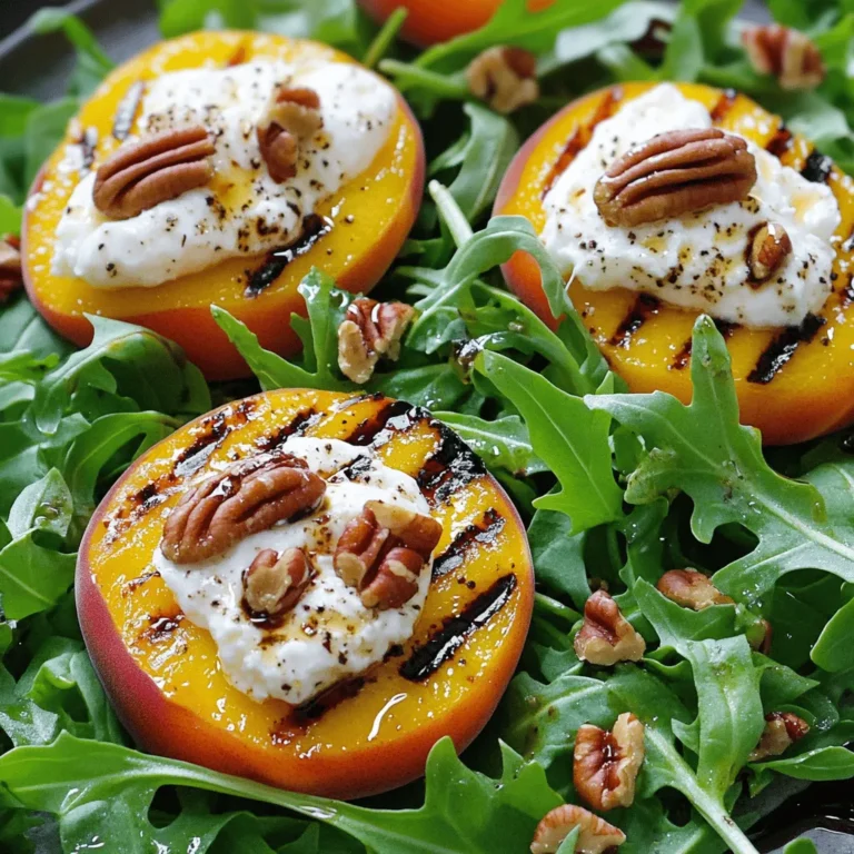 - 2 reife Pfirsiche, halbiert und entkernt - 225 g Burrata-Käse - 3 Tassen Rucola oder gemischte Blattsalate - 60 g geröstete Pekannüsse - 3 Esslöffel natives Olivenöl extra - 2 Teelöffel Balsamico-Glasur - Salz und Pfeffer nach Geschmack - Frische Basilikumblätter, zur Garnitur Die Zutaten für den gegrillten Pfirsich Burrata Salat sind frisch und einfach zu finden. Reife Pfirsiche bringen Süße und Geschmack. Burrata-Käse macht den Salat cremig. Rucola oder gemischte Blattsalate geben dem Gericht frische und Crunch. Geröstete Pekannüsse fügen eine nussige Note hinzu. Olivenöl und Balsamico-Glasur sorgen für eine tolle Würze. Salz und Pfeffer sind wichtig für den Geschmack. Die frischen Basilikumblätter geben eine schöne Garnitur. Diese Zutaten machen den Salat zu einem Genuss. Für das komplette Rezept, schauen Sie sich die [Full Recipe] an. Heizen Sie Ihren Grill oder Grillpfanne auf mittlere Hitze vor. Eine gute Temperatur ist wichtig für die Pfirsiche. Wenn der Grill heiß ist, können Sie die Pfirsiche perfekt grillen. Bestreichen Sie die Schnittflächen der Pfirsichhälften mit Olivenöl. Fügen Sie eine Prise Salz hinzu. Das Öl hilft, die Pfirsiche zu bräunen. Legen Sie die Pfirsiche mit der Schnittseite nach unten auf den Grill. Grillen Sie sie etwa 3-4 Minuten lang. Achten Sie auf schöne Grillstreifen. Wenn sie weich sind, sind sie fertig. Geben Sie Rucola in eine große Servierschüssel. Fügen Sie den zerissenen Burrata hinzu. Schneiden Sie die gegrillten Pfirsiche in Scheiben oder Keile. Fügen Sie die Pfirsiche zum Salat hinzu. Streuen Sie die gerösteten Pekannüsse darüber. Träufeln Sie das restliche Olivenöl und die Balsamico-Glasur darauf. Würzen Sie mit Salz und Pfeffer. Mischen Sie alles vorsichtig. Achten Sie darauf, den Burrata nicht zu zerdrücken. Garnieren Sie den Salat mit frischen Basilikumblättern. Für das vollständige Rezept sehen Sie sich die [Full Recipe] an. Grillen Sie die Pfirsiche nicht zu lange. Halten Sie sie bei mittlerer Hitze. Etwa 3-4 Minuten reichen, um die Zartheit zu bewahren. Sie wollen schöne Grillstreifen und einen süßen, rauchigen Geschmack. Wenn sie zu weich werden, verlieren sie ihre Form und den Biss. Seien Sie kreativ mit den Zutaten! Verwenden Sie verschiedene Nüsse wie Walnüsse oder Mandeln. Probieren Sie unterschiedliche Käsesorten aus, wie Ziegenkäse oder Feta. Diese Variationen bringen neue Geschmäcker und Texturen in den Salat. Es macht Spaß, mit den Aromen zu spielen. Präsentation ist wichtig! Servieren Sie den Salat auf einer großen flachen Schüssel oder einer Holzplatte. Das gibt ihm einen rustikalen Look. Fügen Sie frische Basilikumblätter oder essbare Blüten hinzu, um die Farben zu betonen. Ein schöner Salat macht das Essen noch besser. {{image_4}} Wenn Sie nach neuen Geschmäckern suchen, probieren Sie andere Früchte. Anstelle von Pfirsichen können Sie Mangos oder Ananas verwenden. Diese Früchte bringen eine süße und saftige Note. Sie sind auch einfach zu grillen. Denken Sie daran, die Früchte gut zu reifen, damit sie beim Grillen weich werden. Möchten Sie eine vegane Option? Ersetzen Sie den Burrata-Käse durch eine pflanzliche Käsealternative. Es gibt viele leckere Optionen auf dem Markt. Diese Käsealternativen bieten einen ähnlichen Geschmack. So bleibt der Salat frisch und lecker, ganz ohne tierische Produkte. Fügen Sie weitere Gemüsesorten hinzu, um den Salat zu bereichern. Tomaten bringen Farbe und Frische, während Avocado Cremigkeit hinzufügt. Diese Zutaten ergänzen die anderen Aromen perfekt. Sie können auch verschiedene Nüsse probieren, um mehr Textur zu bieten. Seien Sie kreativ und genießen Sie die Vielfalt! Bewahren Sie Reste im Kühlschrank in einem luftdichten Behälter auf. So bleibt der Salat frisch. Achten Sie darauf, dass der Behälter gut verschlossen ist. Dadurch vermeiden Sie, dass der Salat austrocknet oder andere Gerüche annimmt. Der Salat sollte innerhalb von 1-2 Tagen verzehrt werden, um die Frische zu gewährleisten. Nach dieser Zeit könnten die Pfirsiche und der Burrata ihre Textur verlieren. Genießen Sie ihn also schnell, damit Sie den besten Geschmack erleben. Zutaten können im Voraus vorbereitet und kurz vor dem Servieren zusammengefügt werden. Grillen Sie die Pfirsiche und bereiten Sie den Rucola vor. Den Burrata können Sie ebenfalls schon bereitstellen. Mischen Sie alles erst, wenn Sie bereit sind zu servieren. So bleibt der Salat frisch und lecker. Reste sollten innerhalb von 1-2 Tagen konsumiert werden. Der Salat verliert schnell seine Frische. Die Burrata wird auch weich und wässrig, wenn sie zu lange steht. Achten Sie darauf, den Salat gut zu lagern. Verwenden Sie einen luftdichten Behälter. So bleibt der Geschmack besser erhalten. Ja, aber kombinieren Sie die Zutaten erst kurz vor dem Servieren. Sie können die Pfirsiche im Voraus grillen. Lagern Sie sie separat im Kühlschrank. Auch den Rucola und den Burrata können Sie vorher vorbereiten. Mischen Sie alles erst kurz vor dem Essen. So bleiben die Texturen frisch und knusprig. Servieren Sie ihn als Beilage zu Grillgerichten oder mit einem leichten Wein. Der Salat ergänzt gut gegrilltes Fleisch oder Fisch. Ein trockener Weißwein passt gut dazu. Der frische Geschmack der Pfirsiche und der Burrata macht ihn ideal für Sommergerichte. Genießen Sie diesen Salat auch als leichtes Mittagessen. Dieser Blogbeitrag hat die wichtigsten Zutaten und Schritte für einen leckeren Grillpfirsichsalat behandelt. Wir haben die Hauptzutaten, zusätzliche Optionen und hilfreiche Tipps besprochen. Vergessen Sie nicht, den Salat frisch zuzubereiten und kreativ mit Variationen zu sein. Er ist vielseitig und passt perfekt zu vielen Gerichten. Genießen Sie diesen Salat als Beilage oder leichtes Hauptgericht. Experimentieren Sie mit verschiedenen Zutaten für neue Geschmäcker. Viel Spaß beim Grillen und Genießen!