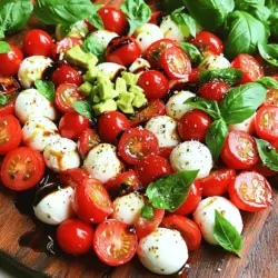 Für den Balsamico-glasierten Caprese-Salat brauchst du folgende Zutaten: - 2 Tassen Kirschtomaten, halbiert - 450 g frische Mozzarellabällchen (Bocconcini), abgetropft - 1 Tasse frische Basilikumblätter - 125 ml Balsamico-Glasur - 2 Esslöffel natives Olivenöl extra - Salz und Pfeffer nach Geschmack - Optional: 1 Avocado, gewürfelt Wähle frische Kirschtomaten. Sie sollten fest und glänzend sein. Achte darauf, dass die Mozzarella-Bocconcini weich sind und gut riechen. Frische Basilikumblätter sind grün und duftend. Diese Zutaten sind der Schlüssel für einen leckeren Salat. Du kannst dem Salat eine Avocado hinzufügen. Sie gibt eine cremige Textur. Andere Optionen sind Rucola oder sogar gegrillte Zucchini. Sei kreativ! Experimentiere mit verschiedenen Zutaten, um deinen perfekten Salat zu finden. Zuerst halbierst du die Kirschtomaten. Das gibt dem Salat mehr Geschmack. Dann lässt du die Mozzarellabällchen abtropfen. So wird der Salat nicht zu wässrig. In einer großen Schüssel vermengst du die halbierten Tomaten mit den Mozzarellabällchen. Wenn du magst, kannst du auch die gewürfelte Avocado hinzufügen. Sie macht den Salat cremiger und leckerer. Füge dann die frischen Basilikumblätter hinzu. Reiß sie leicht, um ihr Aroma freizusetzen. Jetzt kommt der beste Teil! Träufle die Balsamico-Glasur und das Olivenöl über die Mischung. Achte darauf, alles gleichmäßig zu verteilen. Würze den Salat mit Salz und Pfeffer nach Geschmack. Mische alles vorsichtig, damit die Zutaten gut überzogen sind. Lass den Salat für 5-10 Minuten ruhen. So können sich die Aromen entfalten. Serviere ihn dann in einer schönen Schüssel. Für mehr Stil kannst du etwas Balsamico-Glasur darüber träufeln. Für das volle Rezept, siehe [Full Recipe]. Lass deinen Salat vor dem Servieren ruhen. Diese Ruhezeit gibt den Aromen Zeit zum Mischen. Nach etwa 5 bis 10 Minuten sind die Aromen reifer und intensiver. Dadurch schmeckt alles besser miteinander verbunden. Du wirst den Unterschied schmecken! Wie man die Glasur anpasst? Die Dicke der Balsamico-Glasur ist wichtig. Eine dicke Glasur bleibt besser auf den Zutaten haften. Du kannst die Glasur einkochen, um die Konsistenz zu ändern. Koche sie einfach auf niedriger Hitze, bis sie dicker wird. Achte darauf, ständig zu rühren, damit sie nicht anbrennt. So bekommst du die perfekte Glasur für deinen Salat! Für das vollständige Rezept, schau dir die [Full Recipe] an. {{image_4}} Manchmal möchte ich etwas Abwechslung im Salat. Du kannst die Kirschtomaten durch andere Sorten ersetzen. Probier einmal kleine, süße Traubentomaten oder sogar rote Paprika. Sie bringen eine neue Süße und Farbe ins Spiel. Auch die Mozzarella-Bällchen sind nicht die einzige Wahl. Feta oder Ziegenkäse geben dem Salat einen ganz anderen Geschmack. Eine weitere tolle Ergänzung ist die Avocado, die du schon in der Grundrezeptur findest. Sie macht den Salat cremiger und reichhaltiger. Der Balsamico-Glasierte Caprese Salat eignet sich gut als Vorspeise oder Hauptgericht. Wenn du ihn als Vorspeise servierst, kannst du ihn in kleinen Schalen anrichten. Das sieht schön aus und macht Lust auf mehr. Als Hauptgericht empfehle ich, ihn mit frischem Brot zu servieren. Das Brot nimmt die leckere Glasur auf und ergänzt die Aromen perfekt. Ich liebe es, regionale Zutaten zu nutzen, um den Salat frisch und spannend zu machen. Im Sommer sind heimische Tomaten einfach am besten. Im Herbst kannst du Kürbiswürfel hinzufügen, die du leicht rösten kannst. Im Winter sind Rucola oder Feldsalat tolle Alternativen zu Basilikum. Diese Anpassungen machen den Salat nicht nur lecker, sondern auch saisonal relevant. So bleibt er immer frisch und interessant. Für die vollständige Zubereitung schaue dir das [Full Recipe] an. Um die Frische des Balsamico-glasierten Caprese-Salats zu sichern, lagere ihn richtig. Verwende einen luftdichten Behälter, um den Salat aufzubewahren. So bleibt die Textur der Zutaten erhalten. Halte den Salat im Kühlschrank. Er schmeckt am besten frisch. Wenn du Reste hast, iss sie innerhalb von zwei Tagen. Wenn du den Salat im Voraus machen möchtest, lagere die Zutaten getrennt. Die Tomaten, den Mozzarella und das Basilikum kannst du in einem Behälter aufbewahren. Halte die Balsamico-Glasur separat, bis du bereit bist zu servieren. So bleiben die Aromen frisch und die Zutaten knackig. Du kannst die geschnittene Avocado auch separat lagern, um sie vor dem Bräunen zu schützen. Halte sie in einer Schüssel mit etwas Zitronensaft. Diese einfache Vorbereitung spart Zeit und sorgt für einen leckeren Salat. Für das vollständige Rezept, schau dir den [Full Recipe] an. Balsamico-Glasur ist eine dicke, süße Sauce aus Balsamico-Essig. Sie hat einen reichen, komplexen Geschmack. Man verwendet sie oft als Topping für Salate oder Fleischgerichte. Du kannst sie in fast jedem Supermarkt finden. Achte auf die Regale mit den Saucen oder im Bio-Bereich. Wenn du eine besondere Qualität suchst, schau in Feinkostläden oder online. Ja, du kannst den Salat im Voraus machen. Bereite die Zutaten wie gewohnt vor und vermische sie. Lass die Balsamico-Glasur aber erst kurz vor dem Servieren dazu. Das hält alles frisch und knackig. Du kannst den Salat bis zu zwei Stunden vorher machen. Lagere ihn in einem luftdichten Behälter im Kühlschrank. So bleiben die Aromen gut erhalten. Ja, du kannst den Salat vegan machen. Ersetze den Mozzarella durch eine pflanzliche Alternative. Viele Märkte bieten vegane Käseoptionen an. Auch Cashew-Käse funktioniert gut. Achte darauf, dass die Balsamico-Glasur vegan ist. Die meisten sind es, aber es lohnt sich, das Etikett zu prüfen. So kannst du ohne Bedenken genießen. Dieser Blogbeitrag behandelte die wichtigsten Zutaten für den perfekten Salat und gab klare Anleitungen. Ich habe die besten Tipps zur Auswahl und Lagerung aller Zutaten geteilt. Zudem gab ich Ideen für Variationen. Ihr könnt mit verschiedenen Zutaten spielerisch experimentieren. Denkt daran, frische Produkte zu wählen und gut zu würzen. Ein leckerer Salat bringt Freude und ist vielseitig. Experimentiert, um euren perfekten Salat zu finden!