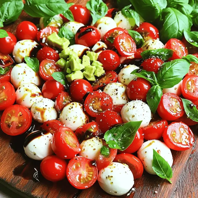Für den Balsamico-glasierten Caprese-Salat brauchst du folgende Zutaten: - 2 Tassen Kirschtomaten, halbiert - 450 g frische Mozzarellabällchen (Bocconcini), abgetropft - 1 Tasse frische Basilikumblätter - 125 ml Balsamico-Glasur - 2 Esslöffel natives Olivenöl extra - Salz und Pfeffer nach Geschmack - Optional: 1 Avocado, gewürfelt Wähle frische Kirschtomaten. Sie sollten fest und glänzend sein. Achte darauf, dass die Mozzarella-Bocconcini weich sind und gut riechen. Frische Basilikumblätter sind grün und duftend. Diese Zutaten sind der Schlüssel für einen leckeren Salat. Du kannst dem Salat eine Avocado hinzufügen. Sie gibt eine cremige Textur. Andere Optionen sind Rucola oder sogar gegrillte Zucchini. Sei kreativ! Experimentiere mit verschiedenen Zutaten, um deinen perfekten Salat zu finden. Zuerst halbierst du die Kirschtomaten. Das gibt dem Salat mehr Geschmack. Dann lässt du die Mozzarellabällchen abtropfen. So wird der Salat nicht zu wässrig. In einer großen Schüssel vermengst du die halbierten Tomaten mit den Mozzarellabällchen. Wenn du magst, kannst du auch die gewürfelte Avocado hinzufügen. Sie macht den Salat cremiger und leckerer. Füge dann die frischen Basilikumblätter hinzu. Reiß sie leicht, um ihr Aroma freizusetzen. Jetzt kommt der beste Teil! Träufle die Balsamico-Glasur und das Olivenöl über die Mischung. Achte darauf, alles gleichmäßig zu verteilen. Würze den Salat mit Salz und Pfeffer nach Geschmack. Mische alles vorsichtig, damit die Zutaten gut überzogen sind. Lass den Salat für 5-10 Minuten ruhen. So können sich die Aromen entfalten. Serviere ihn dann in einer schönen Schüssel. Für mehr Stil kannst du etwas Balsamico-Glasur darüber träufeln. Für das volle Rezept, siehe [Full Recipe]. Lass deinen Salat vor dem Servieren ruhen. Diese Ruhezeit gibt den Aromen Zeit zum Mischen. Nach etwa 5 bis 10 Minuten sind die Aromen reifer und intensiver. Dadurch schmeckt alles besser miteinander verbunden. Du wirst den Unterschied schmecken! Wie man die Glasur anpasst? Die Dicke der Balsamico-Glasur ist wichtig. Eine dicke Glasur bleibt besser auf den Zutaten haften. Du kannst die Glasur einkochen, um die Konsistenz zu ändern. Koche sie einfach auf niedriger Hitze, bis sie dicker wird. Achte darauf, ständig zu rühren, damit sie nicht anbrennt. So bekommst du die perfekte Glasur für deinen Salat! Für das vollständige Rezept, schau dir die [Full Recipe] an. {{image_4}} Manchmal möchte ich etwas Abwechslung im Salat. Du kannst die Kirschtomaten durch andere Sorten ersetzen. Probier einmal kleine, süße Traubentomaten oder sogar rote Paprika. Sie bringen eine neue Süße und Farbe ins Spiel. Auch die Mozzarella-Bällchen sind nicht die einzige Wahl. Feta oder Ziegenkäse geben dem Salat einen ganz anderen Geschmack. Eine weitere tolle Ergänzung ist die Avocado, die du schon in der Grundrezeptur findest. Sie macht den Salat cremiger und reichhaltiger. Der Balsamico-Glasierte Caprese Salat eignet sich gut als Vorspeise oder Hauptgericht. Wenn du ihn als Vorspeise servierst, kannst du ihn in kleinen Schalen anrichten. Das sieht schön aus und macht Lust auf mehr. Als Hauptgericht empfehle ich, ihn mit frischem Brot zu servieren. Das Brot nimmt die leckere Glasur auf und ergänzt die Aromen perfekt. Ich liebe es, regionale Zutaten zu nutzen, um den Salat frisch und spannend zu machen. Im Sommer sind heimische Tomaten einfach am besten. Im Herbst kannst du Kürbiswürfel hinzufügen, die du leicht rösten kannst. Im Winter sind Rucola oder Feldsalat tolle Alternativen zu Basilikum. Diese Anpassungen machen den Salat nicht nur lecker, sondern auch saisonal relevant. So bleibt er immer frisch und interessant. Für die vollständige Zubereitung schaue dir das [Full Recipe] an. Um die Frische des Balsamico-glasierten Caprese-Salats zu sichern, lagere ihn richtig. Verwende einen luftdichten Behälter, um den Salat aufzubewahren. So bleibt die Textur der Zutaten erhalten. Halte den Salat im Kühlschrank. Er schmeckt am besten frisch. Wenn du Reste hast, iss sie innerhalb von zwei Tagen. Wenn du den Salat im Voraus machen möchtest, lagere die Zutaten getrennt. Die Tomaten, den Mozzarella und das Basilikum kannst du in einem Behälter aufbewahren. Halte die Balsamico-Glasur separat, bis du bereit bist zu servieren. So bleiben die Aromen frisch und die Zutaten knackig. Du kannst die geschnittene Avocado auch separat lagern, um sie vor dem Bräunen zu schützen. Halte sie in einer Schüssel mit etwas Zitronensaft. Diese einfache Vorbereitung spart Zeit und sorgt für einen leckeren Salat. Für das vollständige Rezept, schau dir den [Full Recipe] an. Balsamico-Glasur ist eine dicke, süße Sauce aus Balsamico-Essig. Sie hat einen reichen, komplexen Geschmack. Man verwendet sie oft als Topping für Salate oder Fleischgerichte. Du kannst sie in fast jedem Supermarkt finden. Achte auf die Regale mit den Saucen oder im Bio-Bereich. Wenn du eine besondere Qualität suchst, schau in Feinkostläden oder online. Ja, du kannst den Salat im Voraus machen. Bereite die Zutaten wie gewohnt vor und vermische sie. Lass die Balsamico-Glasur aber erst kurz vor dem Servieren dazu. Das hält alles frisch und knackig. Du kannst den Salat bis zu zwei Stunden vorher machen. Lagere ihn in einem luftdichten Behälter im Kühlschrank. So bleiben die Aromen gut erhalten. Ja, du kannst den Salat vegan machen. Ersetze den Mozzarella durch eine pflanzliche Alternative. Viele Märkte bieten vegane Käseoptionen an. Auch Cashew-Käse funktioniert gut. Achte darauf, dass die Balsamico-Glasur vegan ist. Die meisten sind es, aber es lohnt sich, das Etikett zu prüfen. So kannst du ohne Bedenken genießen. Dieser Blogbeitrag behandelte die wichtigsten Zutaten für den perfekten Salat und gab klare Anleitungen. Ich habe die besten Tipps zur Auswahl und Lagerung aller Zutaten geteilt. Zudem gab ich Ideen für Variationen. Ihr könnt mit verschiedenen Zutaten spielerisch experimentieren. Denkt daran, frische Produkte zu wählen und gut zu würzen. Ein leckerer Salat bringt Freude und ist vielseitig. Experimentiert, um euren perfekten Salat zu finden!
