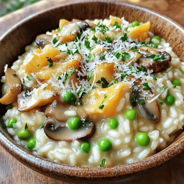 - 1 Tasse Arborio-Reis - 4 Tassen Gemüsebrühe - 2 Tassen gemischte Pilze (Shiitake, Kremini und Austernpilze), in Scheiben geschnitten Arborio-Reis ist der Schlüssel. Er gibt dem Risotto die perfekte cremige Textur. Gemüsebrühe sorgt für einen reichen Geschmack. Gemischte Pilze bringen Umami und Tiefe in das Gericht. - 1 kleine Zwiebel, fein gehackt - 2 Knoblauchzehen, minced - 1/2 Tasse Parmesan, gerieben (oder Nährhefe für eine vegane Option) - 2 Esslöffel Olivenöl - 1 Esslöffel Butter (oder vegane Butter) - Salz und Pfeffer nach Geschmack - Frische Petersilie, gehackt (zum Garnieren) - 1 Teelöffel Thymian (frisch oder getrocknet) - 1/2 Tasse gefrorene Erbsen (optional, für Farbe) Zwiebel und Knoblauch bilden die Basis. Sie geben dem Gericht Aroma und Geschmack. Parmesan bringt eine salzige Tiefe, während Nährhefe eine tolle vegane Option ist. Bei der Zubereitung ist es wichtig, die Gewürze gut abzustimmen. So wird das Risotto noch schmackhafter. Du kannst auch gefrorene Erbsen für mehr Farbe hinzufügen. Für das vollständige Rezept, schau dir die [Full Recipe] an. 1. Erhitze die Gemüsebrühe in einem kleinen Topf bei niedriger Hitze. So bleibt sie warm. 2. Hacke die Zwiebel fein und schneide die gemischten Pilze in Scheiben. 1. In einer großen Pfanne erhitze das Olivenöl und die Butter bei mittlerer Hitze. 2. Gib die Zwiebel in die Pfanne. Brate sie 3-4 Minuten lang, bis sie weich ist. 3. Füge den minced Knoblauch und die Pilze hinzu. Koche sie 5-7 Minuten, bis sie goldbraun sind. 4. Würze die Mischung mit Salz, Pfeffer und Thymian. 5. Rühre den Arborio-Reis ein. Koche ihn 1-2 Minuten, damit er die Aromen aufnehmen kann. 6. Füge die warme Brühe schaumweise hinzu. Rühre ständig und warte, bis die Flüssigkeit fast aufgenommen ist. 7. Wiederhole diesen Schritt, bis der Reis cremig und al dente ist. Das dauert etwa 18-20 Minuten. 8. Wenn du magst, füge in den letzten Minuten gefrorene Erbsen hinzu. 1. Nimm das Risotto vom Herd, wenn es cremig ist. 2. Rühre den Parmesan ein, bis er geschmolzen ist. 3. Schmecke das Risotto mit Salz und Pfeffer ab. 4. Serviere das Risotto heiß und garniere es mit frischer Petersilie. Für die genaue Zubereitung schaue dir das [Full Recipe] an. - Richtiges Rühren: Rühre den Reis oft. So gibt er Stärke ab. Diese Stärke macht das Risotto cremig. Wenn du den Reis nicht oft rührst, wird es nicht so gut. Achte darauf, dass du die Brühe gleichmäßig einrührst. - Die richtige Brühe hinzufügen: Verwende warme Brühe. Kalte Brühe stoppt den Kochprozess. Füge die Brühe langsam hinzu. Eine Kelle auf einmal funktioniert am besten. Warte, bis die Flüssigkeit fast ganz aufgenommen ist, bevor du mehr hinzufügst. - Gewürze anpassen: Experimentiere mit Gewürzen. Thymian und Pfeffer sind toll, aber du kannst auch andere Kräuter verwenden. Frische Kräuter bringen mehr Geschmack. Füge sie am Ende hinzu, damit sie frisch bleiben. - Zusätzliche Zutaten hinzufügen: Willst du mehr Farben? Füge gefrorene Erbsen oder Spinat hinzu. Diese Zutaten sind gesund und lecker. Du kannst auch andere Pilzsorten probieren. Shiitake, Champignons oder Portobello geben einen neuen Geschmack. Für das vollständige Rezept schau dir den Full Recipe an. {{image_4}} Wenn du ein veganes Risotto zaubern möchtest, gibt es tolle Optionen. - Nährhefe statt Parmesan: Nährhefe gibt deinem Gericht einen herzhaften Geschmack. Sie ist reich an Vitaminen. Einfach die gleiche Menge wie Parmesan verwenden. - Vegane Butter: Ersetze die Butter durch vegane Butter. Sie sorgt für eine cremige Textur. Achte darauf, eine Marke zu wählen, die dir schmeckt. Um dein Risotto zu verfeinern, kannst du weitere Zutaten hinzufügen. - Erbsen und andere Gemüse: Gefrorene Erbsen sind eine einfache Option. Sie bringen Farbe und Nährstoffe. Du kannst auch Paprika oder Spinat verwenden. - Unterschiedliche Pilzarten: Experimentiere mit verschiedenen Pilzen. Champignons, Pfifferlinge oder Morcheln können den Geschmack ändern. Jeder Pilz hat sein eigenes Aroma, das dein Risotto bereichert. Diese Variationen machen das Gericht noch schmackhafter. Du kannst kreativ sein und neue Geschmäcker entdecken! Für das vollständige Rezept, siehe [Full Recipe]. Nach dem Kochen ist es wichtig, das Risotto richtig zu lagern. - Im Kühlschrank aufbewahren: Lass das Risotto zuerst auf Raumtemperatur abkühlen. Danach füllst du es in einen luftdichten Behälter. So bleibt es frisch für bis zu drei Tage. - Im Gefrierschrank lagern: Du kannst das Risotto auch einfrieren. Fülle es in gefriergeeignete Behälter oder Beutel. So bleibt es bis zu drei Monate haltbar. Denke daran, das Risotto gut zu beschriften. Wenn du das Risotto wieder aufwärmen möchtest, gibt es einige einfache Schritte. - Mikrowelle oder Herd verwenden: Du kannst das Risotto in der Mikrowelle erwärmen. Achte darauf, es in kurzen Intervallen zu machen. Alternativ kannst du es in einem Topf auf dem Herd erhitzen. - Flüssigkeit hinzufügen für cremige Konsistenz: Füge beim Erwärmen etwas Gemüsebrühe oder Wasser hinzu. Dies hilft, die cremige Konsistenz zurückzubringen. Rühre gut um, um ein Anbrennen zu vermeiden. Für das vollständige Rezept schau dir die [Full Recipe] an. Um dein Risotto cremiger zu machen, gibt es einige einfache Tipps. Stelle sicher, dass du Arborio-Reis verwendest. Dieser Reis hat viel Stärke. Dadurch wird dein Risotto schön cremig. Rühre das Risotto häufig um. Dadurch gibt der Reis mehr Stärke ab. Füge die Brühe schaumweise hinzu. Warte, bis die Flüssigkeit fast ganz aufgenommen ist, bevor du mehr hinzufügst. Das macht einen großen Unterschied. Am Ende, rühre etwas Butter und Parmesan ein. Das gibt einen tollen Geschmack und eine reichhaltige Textur. Ja, du kannst andere Pilze verwenden. Shiitake, Champignons oder sogar Portobello sind großartige Optionen. Jede Pilzart hat ihren eigenen Geschmack. Probiere verschiedene Kombinationen aus, um deinen Favoriten zu finden. Zum Beispiel, für einen kräftigeren Geschmack, nimm Steinpilze. Für einen milden Geschmack sind Champignons gut. Denk daran, die Pilze gut zu braten. Sie sollten goldbraun und weich sein, bevor du den Reis hinzufügst. Risotto bleibt im Kühlschrank etwa 3 bis 4 Tage frisch. Stelle sicher, dass du es in einem luftdichten Behälter aufbewahrst. So bleibt der Geschmack besser erhalten. Wenn du das Risotto aufwärmst, füge etwas Brühe oder Wasser hinzu. Das macht es wieder cremig. Rühre gut um, während du es erhitzt. So wird das Risotto gleichmäßig warm und lecker. In diesem Artikel habe ich die Hauptzutaten für ein köstliches Risotto vorgestellt. Wir haben gelernt, wie man es Schritt für Schritt zubereitet und welche Tipps helfen, die perfekte Konsistenz zu erreichen. Variationen und Lagertipps sichern zusätzlich den Genuss. Risotto ist vielseitig und einfach. Mit ein wenig Übung kannst du selbst kreative Gerichte zaubern. Nutze die Tipps, um dein Risotto noch besser zu machen. Prost auf deine nächste Risotto-Kreation!