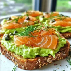 - 2 reife Avocados - 4 Scheiben Vollkorn- oder Roggenbrot - 113 g Räucherlachs - 1 Esslöffel Frischkäse - 1 Esslöffel Zitronensaft - Salz und Pfeffer nach Geschmack - 1 Esslöffel Kapern - Frischer Dill oder Schnittlauch - Rote Paprikaflocken Um den perfekten Räucherlachs Avocado Toast zu machen, brauche ich frische Zutaten. Die Avocados sollten reif sein, damit sie schön cremig werden. Vollkorn- oder Roggenbrot bringt einen tollen Geschmack und ist auch gesund. Ich liebe es, mit den Hauptzutaten zu starten. Für den zusätzlichen Kick gebe ich immer etwas Frischkäse und Zitronensaft hinzu. Das hilft, die Avocados frisch zu halten und gibt einen tollen Geschmack. Salz und Pfeffer sind ein Muss, um alles abzurunden. Wenn ich etwas mehr Vielfalt möchte, füge ich gerne Kapern hinzu. Sie bringen eine salzige Note, die perfekt mit dem Räucherlachs harmoniert. Frischer Dill oder Schnittlauch sind auch großartige Optionen für die Garnitur. Rote Paprikaflocken sorgen für eine leichte Schärfe und bringen Farbe ins Spiel. Du kannst diese Zutaten nach Belieben anpassen. Für das vollständige Rezept schau dir die [Full Recipe] an. - Toasten der Brotscheiben: Beginnen Sie mit dem Toasten der Brotscheiben. Verwenden Sie einen Toaster oder eine Grillplatte. Die Brote sollen goldbraun werden. - Wahl der perfekten Knusprigkeit: Achten Sie darauf, dass das Brot knusprig ist, aber nicht zu hart. Der perfekte Toast ist leicht knusprig, aber bleibt weich im Inneren. - Avocados halbieren und aufschneiden: Nehmen Sie die reifen Avocados und halbieren Sie sie. Entfernen Sie den Kern vorsichtig. Schöpfen Sie das Fruchtfleisch in eine Rührschüssel. - Zitronensaft hinzufügen und zerdrücken: Geben Sie einen Esslöffel Zitronensaft zu den Avocados. Dies verhindert, dass sie braun werden. Zerdrücken Sie die Avocados mit einer Gabel, bis eine cremige Masse entsteht. - Frischkäse auf das Brot auftragen: Nehmen Sie etwas Frischkäse und streichen Sie ihn gleichmäßig auf jede Brotscheibe. Das gibt einen tollen Geschmack. - Avocado und Räucherlachs anrichten: Verbreiten Sie die Avocadocreme großzügig auf dem Frischkäse. Legen Sie dann die Scheiben von Räucherlachs kunstvoll darauf. Mit diesen Schritten können Sie das Rezept für Räucherlachs-Avocado-Toast ganz einfach nachmachen. Es schmeckt köstlich und sieht toll aus! Probieren Sie das vollständige Rezept für eine leckere Mahlzeit. Reifegrade erkennen: Wählen Sie Avocados, die leicht auf Druck nachgeben. Diese sind reif. Vermeiden Sie zu harte oder zu weiche Früchte. Ein dunklerer Farbton kann auch auf Reife hinweisen. Lagerungstipps für Avocados: Bewahren Sie reife Avocados im Kühlschrank auf, um die Frische zu erhalten. Unreife Avocados lassen sich bei Raumtemperatur lagern. Legen Sie sie in eine Papiertüte, um den Reifungsprozess zu beschleunigen. Optimaler Toastgrad: Der Toast sollte goldbraun und knusprig sein. Achten Sie darauf, dass er nicht zu dunkel wird. Das richtige Rösten bringt den besten Geschmack hervor und wird die Textur verbessern. Kombination von Aromen: Mischen Sie die Avocado mit etwas Zitronensaft. Dies verhindert, dass sie braun wird. Kombinieren Sie auch Kräuter wie Dill oder Schnittlauch für zusätzlichen Geschmack. Ein Hauch von Salz und Pfeffer rundet die Aromen perfekt ab. Ergänzende Beilagen: Servieren Sie den Toast mit einem frischen Salat oder einer Beilage aus Gemüse. Ein paar Gurkenscheiben passen gut dazu. Auch eine kleine Portion Essiggurken sorgt für einen knackigen Kontrast. Anrichten der Toasts: Stellen Sie sicher, dass die Avocado gleichmäßig verteilt ist. Legen Sie den Räucherlachs kreativ obenauf. Garnieren Sie mit Kapern und frischen Kräutern für einen schönen Look. Diese Details machen den Toast besonders ansprechend. Für das vollständige Rezept schauen Sie sich das [Full Recipe](#) an. {{image_4}} Die mediterrane Variante des Avocado-Toast bringt frische Aromen auf den Tisch. Fügen Sie einfach zerbröckelten Feta und schwarze Oliven hinzu. Diese Zutaten geben dem Toast mehr Geschmack und Textur. Der salzige Feta harmoniert perfekt mit der cremigen Avocado. Die Oliven fügen eine knackige Note hinzu. Diese Kombination ist einfach köstlich und bringt Urlaubsgefühle auf den Teller. Für die asiatische Variante können Sie Wasabi und Gurken verwenden. Wasabi bringt eine angenehme Schärfe, die den Geschmack des Räucherlachses ergänzt. Die Gurken sorgen für eine frische und knusprige Komponente. Schneiden Sie die Gurken in dünne Scheiben und legen Sie sie auf den Avocado-Toast. Diese Mischung ist ideal, wenn Sie etwas Neues und Aufregendes ausprobieren möchten. Wenn Sie eine vegane Variante wünschen, ersetzen Sie den Räucherlachs und den Frischkäse. Verwenden Sie geräucherten Tofu oder eine pflanzliche Creme. Diese Alternativen bieten einen ähnlichen Geschmack und eine schöne Konsistenz. Fügen Sie etwas Zitronensaft und frische Kräuter hinzu, um den Geschmack zu verstärken. So bleibt der Genuss ohne tierische Produkte erhalten. Um Reste von Räucherlachs Avocado Toast richtig zu lagern, lege sie in einen luftdichten Behälter. So bleibt die Frische erhalten. Stelle den Behälter in den Kühlschrank. Achte darauf, die Toasts nicht länger als zwei Tage zu lagern. So schmecken sie noch gut. Du kannst die Avocado-Creme im Voraus vorbereiten. Bewahre sie in einem luftdichten Behälter auf, um sie frisch zu halten. Um die Frische zu erneuern, füge einen Spritzer Zitronensaft hinzu. Das hilft, die Farbe zu bewahren. Toast das Brot erst kurz vor dem Servieren. So bleibt es knusprig und lecker. Leider ist das Einfrieren des Toasts nicht ideal. Das Brot kann matschig werden. Du kannst jedoch die Avocado-Creme einfrieren. Achte darauf, sie in einem luftdichten Behälter zu lagern. Zum Auftauen nimm sie einfach über Nacht aus dem Gefrierfach. Lass sie im Kühlschrank auftauen. So bleibt sie frisch und lecker. Räucherlachs ist sehr nahrhaft. Er enthält viele gesunde Fette. Diese Fette sind wichtig für dein Herz. Zudem hat Räucherlachs viel Eiweiß. Ein Stück hat etwa 20 Gramm Eiweiß. Auch Omega-3-Fettsäuren sind drin. Diese helfen deinem Gehirn und deinen Augen. Der Fisch hat wenig Zucker und keine Kohlenhydrate. So passt er gut in viele Diäten. Ja, du kannst glutenfreies Brot verwenden. Es gibt viele Sorten im Handel. Du kannst auch selbst Brot backen. Mandelmehl oder Kokosmehl sind gute Alternativen. Achte darauf, dass das Brot frisch ist. So bleibt der Geschmack toll. Glutenfreies Brot hat oft weniger Ballaststoffe. Ergänze deine Mahlzeit mit frischem Gemüse. Garnierungen machen dein Gericht besonders. Du kannst frische Kräuter wie Dill oder Schnittlauch nutzen. Diese geben einen frischen Geschmack. Kapern sind auch lecker und pikant. Für einen Kick kannst du rote Paprikaflocken hinzufügen. Diese bringen Farbe und Schärfe. Ein Spritzer Zitronensaft macht alles frisch. Experimentiere mit verschiedenen Ideen. Ja, dieses Rezept ist ideal für Meal Prep. Du kannst Avocado und Räucherlachs getrennt lagern. So bleibt alles frisch. Bereite die Brotscheiben vor und lagere sie in einem Behälter. Die Avocado kannst du in einer luftdichten Schüssel aufbewahren. So bleibt sie grün und lecker. Am besten bereitest du die Toasts kurz vor dem Essen zu. So schmecken sie am besten. Zusammenfassend haben wir über köstliche Avocado-Toast-Rezepte gesprochen. Wir haben die Hauptzutaten wie Avocados, Brot und Räucherlachs herausgestellt. Die Zubereitung ist einfach und macht Spaß, besonders wenn man die Tipps zur perfekten Zubereitung beachtet. Variationen und Lagerungsmöglichkeiten erweitern den Genuss. Experimentieren Sie mit verschiedenen Geschmäckern. Ihr Toast wird so einzigartig wie Sie. Genießen Sie das Kochen und teilen Sie Ihre Kreationen mit Freunden!