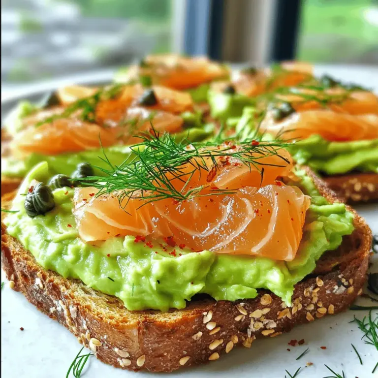 - 2 reife Avocados - 4 Scheiben Vollkorn- oder Roggenbrot - 113 g Räucherlachs - 1 Esslöffel Frischkäse - 1 Esslöffel Zitronensaft - Salz und Pfeffer nach Geschmack - 1 Esslöffel Kapern - Frischer Dill oder Schnittlauch - Rote Paprikaflocken Um den perfekten Räucherlachs Avocado Toast zu machen, brauche ich frische Zutaten. Die Avocados sollten reif sein, damit sie schön cremig werden. Vollkorn- oder Roggenbrot bringt einen tollen Geschmack und ist auch gesund. Ich liebe es, mit den Hauptzutaten zu starten. Für den zusätzlichen Kick gebe ich immer etwas Frischkäse und Zitronensaft hinzu. Das hilft, die Avocados frisch zu halten und gibt einen tollen Geschmack. Salz und Pfeffer sind ein Muss, um alles abzurunden. Wenn ich etwas mehr Vielfalt möchte, füge ich gerne Kapern hinzu. Sie bringen eine salzige Note, die perfekt mit dem Räucherlachs harmoniert. Frischer Dill oder Schnittlauch sind auch großartige Optionen für die Garnitur. Rote Paprikaflocken sorgen für eine leichte Schärfe und bringen Farbe ins Spiel. Du kannst diese Zutaten nach Belieben anpassen. Für das vollständige Rezept schau dir die [Full Recipe] an. - Toasten der Brotscheiben: Beginnen Sie mit dem Toasten der Brotscheiben. Verwenden Sie einen Toaster oder eine Grillplatte. Die Brote sollen goldbraun werden. - Wahl der perfekten Knusprigkeit: Achten Sie darauf, dass das Brot knusprig ist, aber nicht zu hart. Der perfekte Toast ist leicht knusprig, aber bleibt weich im Inneren. - Avocados halbieren und aufschneiden: Nehmen Sie die reifen Avocados und halbieren Sie sie. Entfernen Sie den Kern vorsichtig. Schöpfen Sie das Fruchtfleisch in eine Rührschüssel. - Zitronensaft hinzufügen und zerdrücken: Geben Sie einen Esslöffel Zitronensaft zu den Avocados. Dies verhindert, dass sie braun werden. Zerdrücken Sie die Avocados mit einer Gabel, bis eine cremige Masse entsteht. - Frischkäse auf das Brot auftragen: Nehmen Sie etwas Frischkäse und streichen Sie ihn gleichmäßig auf jede Brotscheibe. Das gibt einen tollen Geschmack. - Avocado und Räucherlachs anrichten: Verbreiten Sie die Avocadocreme großzügig auf dem Frischkäse. Legen Sie dann die Scheiben von Räucherlachs kunstvoll darauf. Mit diesen Schritten können Sie das Rezept für Räucherlachs-Avocado-Toast ganz einfach nachmachen. Es schmeckt köstlich und sieht toll aus! Probieren Sie das vollständige Rezept für eine leckere Mahlzeit. Reifegrade erkennen: Wählen Sie Avocados, die leicht auf Druck nachgeben. Diese sind reif. Vermeiden Sie zu harte oder zu weiche Früchte. Ein dunklerer Farbton kann auch auf Reife hinweisen. Lagerungstipps für Avocados: Bewahren Sie reife Avocados im Kühlschrank auf, um die Frische zu erhalten. Unreife Avocados lassen sich bei Raumtemperatur lagern. Legen Sie sie in eine Papiertüte, um den Reifungsprozess zu beschleunigen. Optimaler Toastgrad: Der Toast sollte goldbraun und knusprig sein. Achten Sie darauf, dass er nicht zu dunkel wird. Das richtige Rösten bringt den besten Geschmack hervor und wird die Textur verbessern. Kombination von Aromen: Mischen Sie die Avocado mit etwas Zitronensaft. Dies verhindert, dass sie braun wird. Kombinieren Sie auch Kräuter wie Dill oder Schnittlauch für zusätzlichen Geschmack. Ein Hauch von Salz und Pfeffer rundet die Aromen perfekt ab. Ergänzende Beilagen: Servieren Sie den Toast mit einem frischen Salat oder einer Beilage aus Gemüse. Ein paar Gurkenscheiben passen gut dazu. Auch eine kleine Portion Essiggurken sorgt für einen knackigen Kontrast. Anrichten der Toasts: Stellen Sie sicher, dass die Avocado gleichmäßig verteilt ist. Legen Sie den Räucherlachs kreativ obenauf. Garnieren Sie mit Kapern und frischen Kräutern für einen schönen Look. Diese Details machen den Toast besonders ansprechend. Für das vollständige Rezept schauen Sie sich das [Full Recipe](#) an. {{image_4}} Die mediterrane Variante des Avocado-Toast bringt frische Aromen auf den Tisch. Fügen Sie einfach zerbröckelten Feta und schwarze Oliven hinzu. Diese Zutaten geben dem Toast mehr Geschmack und Textur. Der salzige Feta harmoniert perfekt mit der cremigen Avocado. Die Oliven fügen eine knackige Note hinzu. Diese Kombination ist einfach köstlich und bringt Urlaubsgefühle auf den Teller. Für die asiatische Variante können Sie Wasabi und Gurken verwenden. Wasabi bringt eine angenehme Schärfe, die den Geschmack des Räucherlachses ergänzt. Die Gurken sorgen für eine frische und knusprige Komponente. Schneiden Sie die Gurken in dünne Scheiben und legen Sie sie auf den Avocado-Toast. Diese Mischung ist ideal, wenn Sie etwas Neues und Aufregendes ausprobieren möchten. Wenn Sie eine vegane Variante wünschen, ersetzen Sie den Räucherlachs und den Frischkäse. Verwenden Sie geräucherten Tofu oder eine pflanzliche Creme. Diese Alternativen bieten einen ähnlichen Geschmack und eine schöne Konsistenz. Fügen Sie etwas Zitronensaft und frische Kräuter hinzu, um den Geschmack zu verstärken. So bleibt der Genuss ohne tierische Produkte erhalten. Um Reste von Räucherlachs Avocado Toast richtig zu lagern, lege sie in einen luftdichten Behälter. So bleibt die Frische erhalten. Stelle den Behälter in den Kühlschrank. Achte darauf, die Toasts nicht länger als zwei Tage zu lagern. So schmecken sie noch gut. Du kannst die Avocado-Creme im Voraus vorbereiten. Bewahre sie in einem luftdichten Behälter auf, um sie frisch zu halten. Um die Frische zu erneuern, füge einen Spritzer Zitronensaft hinzu. Das hilft, die Farbe zu bewahren. Toast das Brot erst kurz vor dem Servieren. So bleibt es knusprig und lecker. Leider ist das Einfrieren des Toasts nicht ideal. Das Brot kann matschig werden. Du kannst jedoch die Avocado-Creme einfrieren. Achte darauf, sie in einem luftdichten Behälter zu lagern. Zum Auftauen nimm sie einfach über Nacht aus dem Gefrierfach. Lass sie im Kühlschrank auftauen. So bleibt sie frisch und lecker. Räucherlachs ist sehr nahrhaft. Er enthält viele gesunde Fette. Diese Fette sind wichtig für dein Herz. Zudem hat Räucherlachs viel Eiweiß. Ein Stück hat etwa 20 Gramm Eiweiß. Auch Omega-3-Fettsäuren sind drin. Diese helfen deinem Gehirn und deinen Augen. Der Fisch hat wenig Zucker und keine Kohlenhydrate. So passt er gut in viele Diäten. Ja, du kannst glutenfreies Brot verwenden. Es gibt viele Sorten im Handel. Du kannst auch selbst Brot backen. Mandelmehl oder Kokosmehl sind gute Alternativen. Achte darauf, dass das Brot frisch ist. So bleibt der Geschmack toll. Glutenfreies Brot hat oft weniger Ballaststoffe. Ergänze deine Mahlzeit mit frischem Gemüse. Garnierungen machen dein Gericht besonders. Du kannst frische Kräuter wie Dill oder Schnittlauch nutzen. Diese geben einen frischen Geschmack. Kapern sind auch lecker und pikant. Für einen Kick kannst du rote Paprikaflocken hinzufügen. Diese bringen Farbe und Schärfe. Ein Spritzer Zitronensaft macht alles frisch. Experimentiere mit verschiedenen Ideen. Ja, dieses Rezept ist ideal für Meal Prep. Du kannst Avocado und Räucherlachs getrennt lagern. So bleibt alles frisch. Bereite die Brotscheiben vor und lagere sie in einem Behälter. Die Avocado kannst du in einer luftdichten Schüssel aufbewahren. So bleibt sie grün und lecker. Am besten bereitest du die Toasts kurz vor dem Essen zu. So schmecken sie am besten. Zusammenfassend haben wir über köstliche Avocado-Toast-Rezepte gesprochen. Wir haben die Hauptzutaten wie Avocados, Brot und Räucherlachs herausgestellt. Die Zubereitung ist einfach und macht Spaß, besonders wenn man die Tipps zur perfekten Zubereitung beachtet. Variationen und Lagerungsmöglichkeiten erweitern den Genuss. Experimentieren Sie mit verschiedenen Geschmäckern. Ihr Toast wird so einzigartig wie Sie. Genießen Sie das Kochen und teilen Sie Ihre Kreationen mit Freunden!