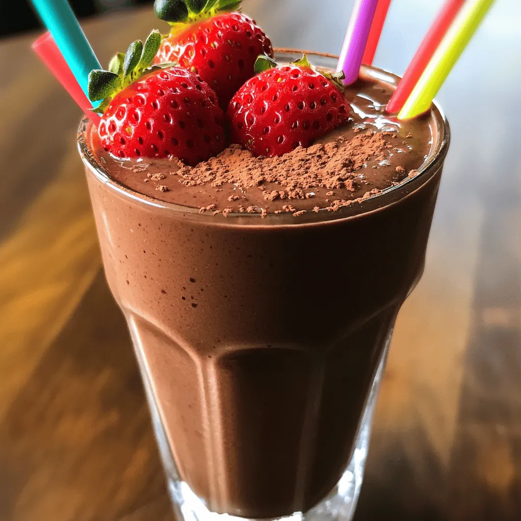 Für meinen Schokoladen-Erdbeer-Smoothie brauchst du: - 1 Tasse frische Erdbeeren, entstielt - 1 reife Banane, gefroren - 1 Tasse ungesüßte Mandelmilch (oder Milch nach Wahl) - 2 Esslöffel Kakaopulver - 1 Esslöffel Honig oder Ahornsirup (nach Geschmack anpassen) - 1 Esslöffel Chiasamen (optional) - Eiswürfel (optional, für eine cremigere Konsistenz) Diese Zutaten machen den Smoothie reichhaltig und lecker. Die Erdbeeren bringen Süße und Frische. Die gefrorene Banane sorgt für die Cremigkeit. Mandelmilch macht es leicht und gesund. Wenn du etwas Abwechslung suchst, probiere diese Optionen: - Ersetze Erdbeeren durch Himbeeren oder Bananen. - Verwende Kokosmilch statt Mandelmilch. - Füge Erdnussbutter für zusätzlichen Geschmack hinzu. - Tausche Honig mit Agavendicksaft aus, um es vegan zu machen. Diese Alternativen können den Geschmack verändern und neue Texturen bieten. So bleibt der Smoothie spannend. Hier sind die Nährwerte für eine Portion des Schokoladen-Erdbeer-Smoothies: - Kalorien: ca. 200 - Kohlenhydrate: 35 g - Eiweiß: 4 g - Fett: 5 g - Ballaststoffe: 6 g Die Nährstoffe in diesem Smoothie sind gesund und nahrhaft. Die Kombination aus Obst und Chiasamen bietet viele Vitamine und Mineralien. Die Energie hält dich den ganzen Tag über aktiv! Für das gesamte Rezept, schau dir die Full Recipe an und entdecke, wie einfach es ist, diesen köstlichen Smoothie zuzubereiten. Zuerst bereite ich die Zutaten vor. Ich entferne die Stiele von den Erdbeeren. Die Banane schäle ich, falls sie frisch ist. Wenn sie gefroren ist, kann ich sie direkt verwenden. Diese Schritte sind einfach und schnell. Ich stelle sicher, dass alles bereit ist, bevor ich mit dem Mixen beginne. Ich gebe die entstielten Erdbeeren in den Mixer. Dann füge ich die gefrorene Banane hinzu. Jetzt kommt die ungesüßte Mandelmilch dazu. Ich streue das Kakaopulver über die Zutaten. Danach gebe ich den Honig oder Ahornsirup hinzu. Wenn ich Chiasamen verwenden möchte, füge ich sie jetzt hinzu. Ich schalte den Mixer ein und mixe alles auf höchster Stufe. Ich warte, bis die Mischung ganz glatt ist. Jetzt probiere ich den Smoothie. Wenn er nicht süß genug ist, füge ich mehr Honig oder Ahornsirup hinzu. Ich mixe kurz erneut, um alles gut zu vermengen. Wenn ich eine dickere Konsistenz will, gebe ich Eiswürfel hinzu. Ich mixe wieder, bis es cremig ist. So kann ich meinen Schokoladen-Erdbeer-Smoothie nach meinem Geschmack anpassen. Ein Schokoladen-Erdbeer-Smoothie ist perfekt für heiße Tage. Er ist kühl und erfrischend. Die Kombination aus Schokolade und Erdbeeren bringt gute Laune. Zudem ist er schnell gemacht. Du kannst ihn in nur fünf Minuten zubereiten. Dies macht ihn zum idealen Snack für den Sommer. Frische Erdbeeren sind der Schlüssel zu einem großartigen Smoothie. Suche nach Erdbeeren, die rot und fest sind. Sie sollten einen süßen Duft haben. Vermeide matschige oder grüne Erdbeeren. Wenn möglich, kaufe lokale Erdbeeren. Diese sind oft frischer und geschmackvoller. Achte darauf, die Erdbeeren vor dem Gebrauch gut zu waschen. So entfernst du Schmutz und Pestizide. Die Konsistenz deines Smoothies ist wichtig. Für einen dickeren Smoothie füge mehr gefrorene Banane hinzu. Du kannst auch Eiswürfel verwenden. Diese machen den Smoothie cremiger. Wenn du einen dünneren Smoothie magst, füge mehr Mandelmilch hinzu. Mixe alles gut, bis es ganz glatt ist. Probier den Smoothie und passe die Konsistenz nach deinem Geschmack an. So machst du jeden Schluck zum Genuss. {{image_4}} Es gibt viele Wege, deinen Schokoladen-Erdbeer-Smoothie zu variieren. Du kannst zum Beispiel eine Prise Zimt oder Vanille hinzufügen. Diese Aromen bringen einen neuen Twist. Viele Leute lieben auch die Kombination mit Erdnussbutter. Ein Esslöffel Erdnussbutter gibt eine extra Cremigkeit und einen nussigen Geschmack. Du kannst auch gefrorene Kirschen oder Himbeeren hinzufügen. Diese Früchte passen gut zu Schokolade und Erdbeeren. Wenn du vegan lebst, kannst du den Honig durch Agavendicksaft ersetzen. Das macht den Smoothie komplett pflanzlich. Für eine glutenfreie Variante, achte darauf, dass das Kakaopulver keine Zusätze hat. Viele Marken bieten glutenfreie Optionen an. Auch die Chiasamen sind glutenfrei und bieten einen tollen Nährwert. Sie helfen, die Mischung dicker zu machen und sind sehr gesund. Wenn du keine Mandelmilch magst, probiere Hafermilch oder Kokosmilch. Beide Optionen bringen ihren eigenen Geschmack mit. Hafermilch macht den Smoothie cremiger, während Kokosmilch einen tropischen Flair gibt. Du kannst auch Sojamilch verwenden. Sie hat einen neutralen Geschmack und ist reich an Protein. Jede Milchalternative verändert die Textur und den Geschmack leicht, also teste, was dir am besten gefällt. Um den Schokoladen-Erdbeer-Smoothie frisch zu halten, stelle ihn in den Kühlschrank. Verwende einen luftdichten Behälter. So bleibt er bis zu zwei Tage frisch. Vor dem Trinken schüttle ihn gut durch, da sich die Zutaten setzen können. Wenn du den Smoothie länger aufbewahren möchtest, friere ihn ein. Gieße die Mischung in Eiswürfelformen oder einen gefrierfesten Behälter. So kannst du ihn bis zu drei Monate aufbewahren. Um ihn später zu genießen, lasse ihn im Kühlschrank auftauen oder mixe ihn direkt aus dem Gefrierfach. Die Haltbarkeit des Smoothies hängt von den Zutaten ab. Frische Erdbeeren und Bananen sind am besten, wenn sie frisch sind. Wenn du gefrorene Früchte verwendest, bleibt die Qualität länger erhalten. Achte darauf, den Smoothie vor dem Trinken zu riechen und zu schmecken. Wenn er komisch riecht oder schmeckt, solltest du ihn nicht mehr trinken. Ja, du kannst andere Früchte verwenden! Banane ist eine gute Wahl. Sie macht den Smoothie süßer und cremiger. Du kannst auch Himbeeren oder Blaubeeren ausprobieren. Diese Früchte passen gut zu Schokolade und Erdbeeren. Wenn du etwas Exotisches möchtest, versuche Mango oder Ananas. Das bringt einen neuen Geschmack in den Smoothie. Denke daran, die Menge anzupassen, um die Balance zu halten. Um deinen Smoothie dicker zu machen, füge mehr gefrorene Früchte hinzu. Gefrorene Bananen sind perfekt dafür. Du kannst auch einige Eiswürfel hinzufügen. Chiasamen helfen ebenfalls, die Konsistenz zu verbessern. Sie quellen auf und machen den Smoothie cremiger. Achte darauf, ihn gut zu mixen, damit alles gleichmäßig verteilt ist. Wenn du weniger Flüssigkeit verwendest, wird der Smoothie auch dicker. Der Schokoladen-Erdbeer-Smoothie hat viele Vorteile. Erdbeeren sind reich an Vitaminen und Antioxidantien. Sie stärken dein Immunsystem und fördern die Hautgesundheit. Banane liefert schnelle Energie und Kalium. Kakaopulver hat viele Mineralien und kann die Stimmung heben. Wenn du Chiasamen hinzufügst, erhältst du Ballaststoffe und Omega-3-Fettsäuren. So bekommst du einen nahrhaften, leckeren Snack! Wir haben alles für deinen Schokoladen-Erdbeer-Genuss-Smoothie behandelt. Wir haben die besten Zutaten aufgelistet und Tipps gegeben, wie du sie auswählen kannst. Außerdem hast du gelernt, wie man den Smoothie mixt und anpasst. Variationen und Lagerungshinweise helfen dir, das Beste aus diesem Rezept herauszuholen. Denke daran, dass du mit verschiedenen Obstsorten und Milchalternativen spielen kannst. So bleibt der Smoothie frisch und lecker. Viel Spaß beim Mixen!