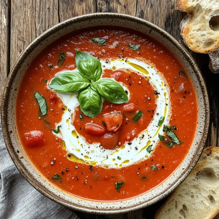 Für diese einfache und leckere Suppe brauchst du einige Hauptzutaten. Hier ist, was du benötigst: - 2 Esslöffel Olivenöl - 1 mittlere Zwiebel, fein gehackt - 3 Knoblauchzehen, gehackt - 900 g reife Tomaten, gewürfelt (oder 2 Dosen ganze geschälte Tomaten) - 240 ml Gemüsebrühe - 1 Teelöffel Zucker - Salz und Pfeffer nach Geschmack - 120 ml frische Basilikumblätter, grob gehackt - 1/2 Teelöffel getrockneter Oregano - 60 ml Schlagsahne (optional für zusätzliche Cremigkeit) - Krustiges Brot zum Servieren Diese Zutaten sind die Basis für den vollen Geschmack der Suppe. Frische Tomaten bringen viel Aroma mit. Um deiner Suppe noch mehr Tiefe zu verleihen, kannst du einige zusätzliche Zutaten einfügen: - Karotten oder Sellerie für mehr Süße - Eine Prise Chili für etwas Schärfe - Eine Spritze Zitronensaft für Frische Diese Zutaten machen die Suppe interessanter. Probiere sie aus, um deinen eigenen Geschmack zu finden. Die Qualität der Zutaten ist wichtig für den Geschmack. Frische, reife Tomaten schmecken viel besser als Dosen-Tomaten. Wenn du frische Kräuter verwendest, erhältst du mehr Aroma. Hier sind einige Tipps zur Auswahl der besten Zutaten: - Wähle hellrote und feste Tomaten. Sie sind süßer. - Achte auf frische Basilikumblätter. Sie sollten grün und duftend sein. - Verwende natives Olivenöl extra für den besten Geschmack. Die richtige Auswahl macht deine rustikale Tomaten-Basilikum-Suppe zu einem Genuss. Du kannst das gesamte Rezept hier finden: [Full Recipe]. Fangen wir mit der Zubereitung an. Du benötigst einen großen Topf. Erhitze das Olivenöl bei mittlerer Hitze. Füge die fein gehackte Zwiebel hinzu und dünste sie etwa 5-7 Minuten. Die Zwiebel sollte weich und durchsichtig sein. Dann kommt der gehackte Knoblauch dazu. Koche ihn für 1-2 Minuten, bis er duftet. Jetzt gibst du die gewürfelten frischen Tomaten in den Topf. Du kannst auch Dosen-Tomaten verwenden. Füge die Gemüsebrühe hinzu, dann Zucker, Salz, Pfeffer und Oregano. Lass die Mischung aufkochen. Reduziere die Hitze und lasse die Suppe 20-30 Minuten köcheln. Rühre gelegentlich um, bis die Tomaten zerfallen. Hier sind ein paar Tipps für dich. Achte darauf, die Zwiebel nicht zu bräunen. Das gibt der Suppe einen bitteren Geschmack. Wenn du frische Tomaten verwendest, wähle reife und saftige. Sie geben der Suppe mehr Geschmack. Teste die Gewürze während des Kochens. Du kannst das Salz oder den Zucker nach Geschmack anpassen. Nach dem Kochen nimm den Topf vom Herd. Jetzt kommt der spaßige Teil: das Pürieren. Verwende einen Stabmixer, um die Suppe glatt zu machen. Alternativ kannst du die Suppe in einen Standmixer geben. Sei vorsichtig, wenn du heiße Flüssigkeit pürierst. Falls du es cremiger magst, füge die Schlagsahne hinzu. Setze die Suppe wieder auf niedrige Hitze und mische das frische Basilikum unter. Lass es kurz verwelken, dann schmecke die Suppe ab. Garniere sie mit frischen Basilikumblättern und serviere sie mit krustigem Brot. So einfach ist es! Für die genaue Anleitung schau dir das [Full Recipe] an. Um die perfekte Konsistenz zu erreichen, püriere die Suppe gründlich. Ich empfehle, einen Stabmixer zu verwenden. Dies macht es einfach, die Suppe zu glätten. Wenn du eine dickere Suppe magst, püriere sie nicht zu lange. Für eine dünnere Konsistenz kannst du etwas mehr Brühe hinzufügen. Experimentiere, bis es dir gefällt. Die Aromen sind der Schlüssel. Beginne mit den Grundgewürzen: Salz und Pfeffer. Du kannst auch frische Kräuter wie Thymian oder Rosmarin hinzufügen. Wenn die Suppe süßlich schmeckt, füge etwas mehr Salz hinzu. Ein Spritzer Zitronensaft bringt Frische. Probiere die Suppe während des Kochens und passe die Gewürze nach deinem Geschmack an. Die Präsentation macht viel aus. Serviere die Suppe in einer schönen Schüssel. Garniere sie mit frischen Basilikumblättern für Farbe. Ein Klecks Schlagsahne kann die Suppe verfeinern. Denke daran, krustiges Brot daneben zu legen. Das macht das Essen noch besser. So wird deine rustikale Tomaten-Basilikum-Suppe ein echter Hingucker. Für die vollständige Zubereitung kannst du das [Full Recipe] anschauen. {{image_4}} Um diese Suppe vegetarisch zu machen, lasse die Schlagsahne weg. Du kannst auch pflanzliche Sahne verwenden. Sie gibt der Suppe eine ähnliche Konsistenz. Für eine vegane Version, nutze nur Gemüsebrühe und die pflanzliche Sahne. Diese Dinge machen den Geschmack nicht weniger gut. Du kannst die Gewürze nach deinem Geschmack anpassen. Füge mehr Knoblauch hinzu, wenn du es würziger magst. Magst du es scharf? Ein bisschen rote Paprika passt perfekt. Für einen süßeren Geschmack, nutze mehr Zucker oder füge Karotten zu den Zwiebeln in der Pfanne hinzu. Im Frühling kannst du frische Erbsen hinzufügen. Sie geben der Suppe eine süße Note. Im Sommer sind frische, sonnengereifte Tomaten perfekt. Im Herbst kannst du Kürbis hinzufügen. Im Winter fügen geröstete Paprika einen tollen Geschmack hinzu. Jede Saison bringt neue Möglichkeiten. Für das komplette Rezept, schau dir den [Full Recipe] an. Um die rustikale Tomaten-Basilikum-Suppe frisch zu halten, lagere sie in einem luftdichten Behälter. Lass die Suppe zuerst abkühlen, bevor du sie in den Kühlschrank stellst. So verhinderst du, dass sich Kondenswasser bildet. Du kannst die Suppe auch in Portionen aufteilen. Das macht das Aufwärmen später einfacher. Wenn du die Suppe aufwärmen möchtest, verwende entweder den Herd oder die Mikrowelle. Erhitze sie langsam, um den Geschmack zu bewahren. Rühre gelegentlich um, damit sie gleichmäßig warm wird. Du kannst die Suppe mit frischem Basilikum oder einem Klecks Schlagsahne garnieren. Serviere dazu krustiges Brot, um das Essen noch genussvoller zu machen. Im Kühlschrank hält sich die Suppe 3 bis 4 Tage. Du kannst sie auch einfrieren, um sie länger zu bewahren. Fülle die Suppe in gefrierfeste Behälter und lasse etwas Platz für die Ausdehnung. So bleibt die Suppe bis zu 3 Monate frisch im Gefrierschrank. Achte darauf, sie gut zu beschriften, damit du weißt, was drin ist. Du kannst die Suppe bis zu fünf Tage im Kühlschrank aufbewahren. Stelle sicher, dass du sie in einem luftdichten Behälter lagerst. Um die Suppe länger frisch zu halten, friere sie ein. So hält sie bis zu drei Monate. Achte darauf, die Suppe vor dem Einfrieren gut abzukühlen. Ja, du kannst frische Tomaten verwenden! Ich empfehle, reife, saftige Tomaten zu wählen. Schneide sie in Würfel, um die Suppe mit einem frischen Geschmack zu bereichern. Wenn du frische Tomaten nimmst, verwende etwa 900 g. Koche sie länger, damit sie weich werden und die Aromen gut durchziehen. Diese Suppe schmeckt hervorragend mit krustigem Brot. Du kannst auch einen frischen Salat dazu servieren. Ein wenig geriebener Parmesan auf der Suppe bringt einen tollen Geschmack. Wenn du es magst, füge ein paar knusprige Croutons hinzu. Diese Kombination macht die Mahlzeit noch besser. Für das vollständige Rezept besuche die Seite mit dem [Full Recipe]. Diese rustikale Tomaten-Basilikum-Suppe ist einfach und lecker. Wir haben die Hauptzutaten und zusätzliche Aromen besprochen. Gute Qualität macht einen großen Unterschied. Die Schritt-für-Schritt-Anleitung hilft dir beim Zubereiten. Tipps zur Konsistenz und Variationen halten das Rezept frisch. Denke daran, wie du die Suppe lagerst und erwärmst. So bleibt sie lange schmackhaft. Sei kreativ und passe das Rezept an deinen Geschmack an. Bereite die Suppe zu und genieße die Aromen!