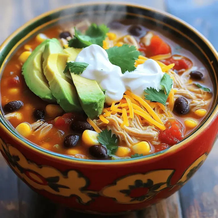 Die Zutaten für die einfache Hähnchen-Taco-Suppe sind einfach und lecker. Hier sind die Hauptzutaten: - 2 Tassen gekochtes Hähnchen, zerrupft - 1 Dose (425 g) schwarze Bohnen, abgespült und abgetropft - 1 Dose (425 g) Mais, abgetropft - 1 Dose (284 g) gewürfelte Tomaten mit grünen Chilis - 1 mittelgroße Zwiebel, gewürfelt - 2 Knoblauchzehen, fein gehackt - 2 Tassen Hühnerbrühe - 1 Päckchen Taco-Gewürzmischung - 1 Teelöffel Kreuzkümmel - 1 Esslöffel Olivenöl - Salz und Pfeffer nach Geschmack Die Kombination dieser Zutaten sorgt für einen großartigen Geschmack. Das Hähnchen liefert Protein und macht die Suppe sättigend. Die Bohnen und der Mais bringen Textur und Süße. Toppings machen die Suppe noch besser. Hier sind einige Vorschläge: - Geriebener Käse - Saure Sahne - Gewürfelte Avocado - Gehackter Koriander Diese Toppings sorgen für mehr Geschmack und Farbe. Sie können sie nach Belieben hinzufügen. So gestalten Sie Ihre Suppe nach Ihrem Geschmack. Frische Zutaten machen einen großen Unterschied. Achten Sie beim Kauf auf folgende Tipps: - Wählen Sie Hähnchen von guter Qualität, am besten frisch oder gefroren. - Suchen Sie nach Bohnen und Mais in Dosen ohne Zusatzstoffe. - Achten Sie auf reife, saftige Tomaten und frische Zwiebeln. - Knoblauch sollte fest und ohne Keime sein. Frische Zutaten geben der Suppe den besten Geschmack. Wenn Sie die besten Zutaten wählen, wird Ihre Hähnchen-Taco-Suppe ein Hit. Für das vollständige Rezept besuchen Sie [Full Recipe]. Um die Suppe zuzubereiten, brauche ich frische Zutaten. Ich beginne mit zwei Tassen gekochtem Hähnchen. Dieses Hähnchen kann ich einfach zerrupfen. Dann nehme ich eine Dose schwarze Bohnen und spüle sie gründlich ab. Ich gebe auch eine Dose Mais dazu. Für den Geschmack wähle ich eine Dose gewürfelte Tomaten mit grünen Chilis. Ich schneide eine Zwiebel in kleine Würfel und hacke zwei Knoblauchzehen. Diese Zutaten sind wichtig für den tollen Geschmack. Ich erhitze einen großen Topf mit einem Esslöffel Olivenöl. Bei mittlerer Hitze brate ich die Zwiebel für etwa fünf Minuten an. Die Zwiebel sollte glasig sein. Danach gebe ich den Knoblauch hinzu und brate alles für eine weitere Minute. Jetzt kommen das zerrupfte Hähnchen, die schwarzen Bohnen, der Mais, die gewürfelten Tomaten, die Hühnerbrühe, die Taco-Gewürzmischung und der Kreuzkümmel in den Topf. Ich lasse alles aufkochen und dann köcheln. Nach 15 bis 20 Minuten sind die Aromen gut vermischt. Ich rühre regelmäßig um. Zum Schluss schmecke ich die Suppe mit Salz und Pfeffer ab. Timing ist wichtig, um die Suppe perfekt zu machen. Ich beginne mit der Zwiebel, da sie die Basis bildet. Während ich die Zwiebel brate, kann ich die anderen Zutaten vorbereiten. So spare ich Zeit. Nach dem Hinzufügen des Knoblauchs kann ich gleich die restlichen Zutaten vorbereiten. Wenn ich alles gut im Auge behalte, ist die Suppe in nur 30 Minuten fertig. Das macht sie zu einem schnellen und leckeren Gericht. Um die beste Hähnchen-Taco-Suppe zu machen, nutzen Sie frische Zutaten. Frische Zwiebeln und Knoblauch geben mehr Geschmack. Kochen Sie die Zwiebeln, bis sie weich sind. Das bringt süße Aromen hervor. Fügen Sie den Knoblauch hinzu, bevor Sie die anderen Zutaten geben. So entfalten sich die Aromen besser. Ein häufiger Fehler ist, die Suppe zu lange zu kochen. Lassen Sie sie nur 15 bis 20 Minuten köcheln. So bleiben die Zutaten frisch und knackig. Achten Sie auch darauf, die Brühe nicht zu stark zu würzen. Zu viel Salz kann den Geschmack ruinieren. Testen Sie die Suppe, bevor Sie mehr Gewürze hinzufügen. Sie können die Gewürze leicht anpassen. Fügen Sie mehr Kreuzkümmel hinzu, wenn Sie es würziger wollen. Für mehr Frische können Sie Limettensaft verwenden. Wenn Sie es scharf mögen, geben Sie frische Chilis dazu. Experimentieren Sie mit verschiedenen Toppings, um neue Aromen zu entdecken. Probieren Sie auch geräucherte Paprika oder Chili-Pulver. Sie bringen interessante Geschmäcker in die Suppe. Für das komplette Rezept schauen Sie sich das Full Recipe an. {{image_4}} Wenn du eine vegetarische oder vegane Variante der Taco-Suppe machen möchtest, tausche einfach das Hähnchen aus. Nutze stattdessen Tofu oder Kichererbsen. Beide geben einen tollen Geschmack und viel Protein. Du kannst auch mehr Gemüse hinzufügen. Zucchini, Paprika oder Spinat passen gut dazu. Diese Zutaten machen die Suppe bunt und gesund. Neben Hähnchen kannst du auch andere Proteine verwenden. Rindfleisch oder Schweinefleisch sind gute Alternativen. Für eine würzige Note, probiere Chorizo. Du kannst auch Fisch, wie Lachs, verwenden. Das gibt der Suppe eine frische Note. Achte darauf, die Kochzeit etwas anzupassen. Die Taco-Suppe kann auch regionale Einflüsse aufnehmen. In Texas ist die Suppe oft schärfer. Füge mehr Chilis oder scharfe Sauce hinzu. In Kalifornien mag man sie frischer. Verwende frische Limetten und Koriander für einen helleren Geschmack. Jede Region hat ihren eigenen Stil. Experimentiere und finde deinen Favoriten. Für das komplette Rezept, siehe die [Full Recipe]. Um die Hähnchen-Taco-Suppe richtig zu lagern, lassen Sie sie zuerst abkühlen. Füllen Sie die Suppe dann in einen luftdichten Behälter. Stellen Sie sicher, dass der Behälter gut verschlossen ist, um die Frische zu bewahren. So bleibt der Geschmack erhalten. Lagern Sie die Suppe im Kühlschrank oder Gefrierschrank. Um die Suppe aufzuwärmen, geben Sie sie in einen Topf. Erwärmen Sie sie bei mittlerer Hitze. Rühren Sie die Suppe gelegentlich um, damit sie gleichmäßig warm wird. Sie können etwas Wasser oder Brühe hinzufügen, falls die Suppe zu dick ist. Vermeiden Sie das Kochen, um den Geschmack nicht zu verändern. Im Kühlschrank hält die Hähnchen-Taco-Suppe etwa 3 bis 4 Tage. Im Gefrierschrank kann sie bis zu 3 Monate gelagert werden. Achten Sie darauf, die Suppe in Portionen einzufrieren. So können Sie sie leicht auftauen und genießen. Die Zubereitung der einfachen Hähnchen-Taco-Suppe dauert nur etwa 10 Minuten. Nach dem Kochen ist die gesamte Zeit etwa 30 Minuten. Es ist ein schnelles und einfaches Gericht, das perfekt für hektische Tage ist. Ja, du kannst die Suppe im Voraus zubereiten. Lass sie nach dem Kochen abkühlen und fülle sie in einen Behälter. Bewahre sie dann im Kühlschrank auf. Sie bleibt bis zu drei Tage frisch. Du kannst auch eine größere Menge machen und sie einfrieren. Zu dieser leckeren Suppe passen viele Beilagen. Hier sind einige gute Optionen: - Tortilla-Chips - Guacamole - Frisches Brot - Reis - Ein einfacher grüner Salat Diese Beilagen ergänzen den Geschmack und machen die Mahlzeit noch besser. Die Hähnchen-Taco-Suppe ist einfach und lecker. Du hast gelernt, welche Zutaten du brauchst und wie man sie zubereitet. Wir haben Tipps gesehen, um den Geschmack zu verbessern und häufige Fehler zu vermeiden. Variationen zeigen dir, wie flexibel dieses Rezept ist. Denke daran, deine Suppe richtig zu lagern und aufzuwärmen. Es ist eine tolle Option für jede Woche. Probiere verschiedene Toppings und gewürze aus, um deine eigene, perfekte Suppe zu kreieren. Viel Spaß beim Kochen!