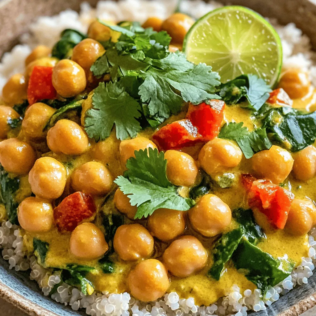 Für ein köstliches Coconut Chickpea Curry benötigst du folgende Zutaten: - 1 Dose (425 g) Kichererbsen, abgetropft und abgespült - 1 Esslöffel Kokosnussöl - 1 mittlere Zwiebel, gewürfelt - 2 Knoblauchzehen, fein gehackt - 1 Esslöffel Ingwer, gerieben - 1 rote Paprika, gewürfelt - 1 Teelöffel gemahlener Kreuzkümmel - 1 Teelöffel Korianderpulver - 1/2 Teelöffel Kurkuma-Pulver - 1 Teelöffel Garam Masala - 1 Dose (400 ml) Kokosmilch - 240 ml Gemüsebrühe - 1 Tasse frischer oder gefrorener Spinat - Salz und Pfeffer nach Geschmack - Frischer Koriander, zur Garnitur - Gekochter Reis oder Quinoa, zum Servieren Ich empfehle, Dosenkichererbsen zu verwenden. Sie sind schnell und bereits gekocht. Wenn du frische Kichererbsen nutzen möchtest, musst du sie vorher einweichen und kochen. Das dauert länger, aber der Geschmack ist frisch und lecker. Achte darauf, die Kichererbsen gut abzuspülen, um den Dosengeschmack zu entfernen. Beim Einkauf von Gemüse ist Frische wichtig. Wähle leuchtende Farben und feste Texturen. Die Zwiebel sollte keine Druckstellen haben. Achte darauf, dass der Ingwer frisch aussieht, ohne Schimmel oder Falten. Die Paprika sollte knackig sein. Wenn möglich, kaufe Bio-Gemüse. Es hat oft mehr Geschmack und ist frei von Pestiziden. Beginne mit der Vorbereitung deiner Zutaten. Das macht das Kochen einfacher. Du benötigst: - 1 Dose (425 g) Kichererbsen, abgetropft und abgespült - 1 Esslöffel Kokosnussöl - 1 mittlere Zwiebel, gewürfelt - 2 Knoblauchzehen, fein gehackt - 1 Esslöffel Ingwer, gerieben - 1 rote Paprika, gewürfelt - 1 Teelöffel gemahlener Kreuzkümmel - 1 Teelöffel Korianderpulver - 1/2 Teelöffel Kurkuma-Pulver - 1 Teelöffel Garam Masala - 1 Dose (400 ml) Kokosmilch - 240 ml Gemüsebrühe - 1 Tasse frischer oder gefrorener Spinat - Salz und Pfeffer nach Geschmack - Frischer Koriander, zur Garnitur - Gekochter Reis oder Quinoa, zum Servieren Sorge dafür, dass alles bereit ist. So arbeitest du schneller. Jetzt geht es ans Kochen! Folgt diesen Schritten: 1. Erhitze das Kokosnussöl in einem großen Topf bei mittlerer Hitze. 2. Füge die gewürfelte Zwiebel hinzu. Brate sie 5 Minuten lang, bis sie durchsichtig ist. 3. Rühre den gehackten Knoblauch und den geriebenen Ingwer unter. Brate für eine weitere Minute, bis es gut riecht. 4. Die gewürfelte rote Paprika kommt jetzt dazu. Brate sie 3-4 Minuten lang, bis sie etwas weich ist. 5. Streue Kreuzkümmel, Koriander, Kurkuma und Garam Masala darüber. Mische alles gut und brate noch 1 Minute. 6. Jetzt kommen die Kokosmilch und die Gemüsebrühe in den Topf. Rühre alles gut um. 7. Gib die abgetropften Kichererbsen hinzu. Lass die Mischung sanft simmern. 8. Köchle das Curry 15-20 Minuten bei niedriger Hitze. Rühre gelegentlich um, bis es etwas dick wird. 9. Wenn du frischen Spinat verwendest, füge ihn in den letzten 5 Minuten hinzu. Bei gefrorenem Spinat, auch gegen Ende zufügen. 10. Schmecke mit Salz und Pfeffer ab. Serviere das Curry über einer Bett aus gekochtem Reis oder Quinoa. Das sieht toll aus! Garniere es mit frischem Koriander. Ein Limettenstück an der Seite bringt einen frischen Kick. Das macht das Gericht noch leckerer! Du findest das vollständige Rezept im Abschnitt "Vollständiges Rezept". Ein häufiger Fehler beim Currykochen ist, die Zwiebeln nicht genug zu braten. Sie sollten goldbraun und weich sein. Wenn sie zu kurz braten, fehlt das Aroma. Auch die Hitze ist wichtig. Zu hohe Hitze kann das Gemüse verbrennen. Kochen Sie das Curry bei mittlerer Hitze, um die Geschmäcker gut zu entfalten. Achten Sie darauf, die Gewürze nicht zu früh hinzuzufügen. Sie sollten kurz vor der Flüssigkeit in die Pfanne. So bleiben die Aromen frisch. Jeder hat einen anderen Geschmack. Passen Sie die Gewürze an, um Ihr perfektes Curry zu finden. Wenn Sie es schärfer mögen, fügen Sie mehr Garam Masala oder Chili hinzu. Für ein milderes Curry können Sie die Gewürze reduzieren. Kosten Sie während des Kochens. So können Sie die Würze nach Ihrem Wunsch einstellen. Experimentieren Sie mit verschiedenen Kräutern, um neue Aromen zu entdecken. Kräuter und Gewürze machen Ihr Curry lebendig. Frischer Koriander am Ende bringt Frische. Auch Limettensaft kann einen tollen Geschmack hinzufügen. Verwenden Sie für mehr Tiefe geräucherte Paprika oder Kurkuma. Sie verleihen Ihrem Gericht eine besondere Note. Frische Kräuter sind besser als getrocknete. Sie bringen mehr Aroma in Ihr Curry. Wenn Sie mehr Geschmack wollen, probieren Sie auch andere Gewürze aus. Cardamom oder Zimt können interessante neue Aromen schaffen. {{image_4}} Wenn Sie eine vegane oder glutenfreie Version von Coconut Chickpea Curry machen möchten, sind die Zutaten einfach anzupassen. Die meisten Zutaten in diesem Rezept sind bereits vegan und glutenfrei. Achten Sie darauf, dass die Gemüsebrühe und die Gewürze frei von Gluten sind. Verwenden Sie frische Kräuter statt getrockneter, um mehr Geschmack zu bekommen. Um das Gericht noch interessanter zu machen, können Sie zusätzliche Zutaten hinzufügen. Hier sind einige Möglichkeiten: - Süßkartoffeln: Diese geben eine süße Note und viele Nährstoffe. - Karotten: Sie fügen Farbe und Süße hinzu. - Erbsen: Sie bringen eine frische Textur ins Curry. - Kichererbsenmehl: Dies kann helfen, die Sauce dickflüssiger zu machen. Experimentieren Sie mit diesen Zutaten, um neue Geschmäcker zu entdecken. Wenn Sie wenig Zeit haben, ist der Slow Cooker eine tolle Option. Geben Sie einfach alle Zutaten in den Slow Cooker. Stellen Sie ihn auf niedrige Hitze und lassen Sie das Curry 6-8 Stunden garen. So entwickeln die Aromen sich perfekt. Alternativ können Sie das Curry auch im Schnellkochtopf zubereiten. Kochen Sie es dort für 10 Minuten bei hohem Druck. So sparen Sie Zeit und erhalten ein ebenso köstliches Ergebnis. Für die vollständige Zubereitung und Zutaten können Sie das Rezept hier finden: [Full Recipe]. Bewahre dein Kokos-Chickpea-Curry in einem luftdichten Behälter auf. Lass das Curry zuerst abkühlen, bevor du es in den Kühlschrank stellst. So bleibt der Geschmack frisch. Du kannst auch kleinere Portionen einfrieren. Das macht die spätere Verwendung einfacher. Achte darauf, das Curry vor dem Einfrieren gut zu portionieren. Im Kühlschrank hält sich das Curry etwa 3 bis 4 Tage. Du kannst es bis zu 3 Monate im Gefrierfach lagern. Achte darauf, dass der Behälter gut verschlossen ist. So vermeidest du Gefrierbrand und verlierst keinen Geschmack. Um das Curry aufzuwärmen, kannst du es in einem Topf auf dem Herd erhitzen. Stelle die Hitze auf mittel und rühre oft um. Du kannst auch einen Mikrowellenbehälter verwenden. Erhitze das Curry in kurzen Intervallen von 1 bis 2 Minuten. Achte darauf, dass es gleichmäßig heiß wird. Füge nach Belieben etwas Brühe oder Wasser hinzu, falls es zu dick ist. Du findest das vollständige Rezept in der Sektion "Vollständiges Rezept". Um das Curry schärfer zu machen, füge einfach etwas frische Chili hinzu. Du kannst auch Cayennepfeffer oder rote Paprikaflocken verwenden. Beginne mit einer kleinen Menge und taste dich vor. So kannst du die Schärfe nach deinem Geschmack anpassen. Ja, das Rezept ist perfekt für Meal Prep. Du kannst das Curry in Portionen aufteilen und in luftdichten Behältern im Kühlschrank lagern. Es bleibt bis zu fünf Tage frisch. Du kannst es auch einfrieren und bei Bedarf aufwärmen. So hast du immer eine schnelle, gesunde Mahlzeit bereit. Zu diesem Curry passen viele Beilagen. Gekochter Reis oder Quinoa sind klassische Optionen. Sie nehmen die Aromen gut auf. Du kannst auch Naan-Brot oder Roti servieren, um das Curry aufzusaugen. Ein frischer Salat oder ein Joghurt-Dip ergänzen das Gericht wunderbar. Wir haben die wichtigen Schritte für das 80. Coconut Chickpea Curry behandelt. Wir haben die Zutaten, die Zubereitung und die besten Tipps besprochen. Es ist einfach, das Curry nach deinem Geschmack anzupassen. Denke daran, frisches Gemüse und Gewürze zu wählen, um den Geschmack zu verbessern. Und vergiss nicht, die Lagerung für Reste zu beachten. Dieses Curry ist nicht nur lecker, sondern auch vielseitig und gesund. Probiere es aus und finde deine eigene perfekte Variante!