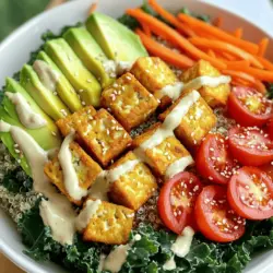 Um die perfekte Buddha Bowl zu machen, brauchst du frische und leckere Zutaten. Hier sind die Hauptzutaten: - 1 Block (400 g) fester Tofu, gepresst und gewürfelt - 2 Esslöffel Maisstärke - 2 Esslöffel Sojasauce - 1 Esslöffel Sesamöl - 1 Tasse gekochte Quinoa - 1 Tasse Grünkohl, grob gehackt - 1 Karotte, in feine Streifen geschnitten - 1 Tasse Edamame, geschält - 1 Avocado, in Scheiben geschnitten - ½ Tasse Kirschtomaten, halbiert - 2 Esslöffel Tahini - 1 Esslöffel Zitronensaft - Salz und Pfeffer nach Geschmack - Sesamsamen zum Garnieren - Optional: Chiliflocken nach Wunsch für etwas Schärfe Die richtigen Gewürze und Öle machen den Unterschied. Für dieses Rezept brauchst du: - Sojasauce bringt einen herzhaften Geschmack. - Sesamöl fügt ein nussiges Aroma hinzu. - Tahini ist cremig und lecker und gibt der Bowl eine besondere Note. - Zitronensaft sorgt für Frische und Balance. - Salz und Pfeffer runden den Geschmack ab. Diese Buddha Bowl ist nicht nur lecker, sondern auch nahrhaft. Hier sind einige Nährwertangaben für die Zutaten: - Tofu ist reich an Protein und enthält wichtige Aminosäuren. - Quinoa ist ein tolles Getreide mit Ballaststoffen und Proteinen. - Grünkohl ist voll von Vitaminen A, C und K. - Edamame liefert zusätzliches Protein und gesunde Fette. - Avocado enthält gesunde Fette und viele Nährstoffe. Das macht die Buddha Bowl zu einer gesunden Wahl für dein nächstes Essen! Für das komplette Rezept, schau dir die [Full Recipe] an. Zuerst heize deinen Ofen auf 220°C vor. Lege ein Backblech mit Backpapier aus. Nimm einen Block festen Tofu und presse ihn gut. Das entfernt überschüssige Feuchtigkeit. Schneide den Tofu in Würfel. Jetzt ist der Tofu bereit für die Marinade. In einer Schüssel vermischst du die Sojasauce und das Sesamöl. Gib die Tofuwürfel hinein und rühre um, bis alle Stücke gut bedeckt sind. Streue die Maisstärke über den marinierten Tofu. Tossiere die Stücke vorsichtig, sodass die Maisstärke gleichmäßig verteilt ist. Jetzt verteile die Tofuwürfel in einer einzigen Schicht auf dem Backblech. Backe sie für 25 bis 30 Minuten. Wende die Tofuwürfel einmal in der Mitte. Sie sollten goldbraun und knusprig sein, wenn du sie herausnimmst. Während der Tofu backt, dämpfe den gehackten Grünkohl für 3 bis 5 Minuten. In einer großen Schüssel schichte die gekochte Quinoa, den gedämpften Grünkohl, die Karottenstreifen, die Edamame, die Avocadoscheiben und die Kirschtomaten. Mische das Tahini mit Zitronensaft, Salz und Pfeffer in einer kleinen Schüssel. Wenn nötig, füge Wasser hinzu, um die Sauce zu verdünnen. Sobald der Tofu fertig ist, gib ihn zur Schüssel. Übergieße die Bowl mit dem Tahini-Dressing und bestreue sie mit Sesamsamen. Jetzt ist deine Buddha Bowl fertig. Du kannst sie sofort servieren! Um Tofu knusprig zu machen, wähle festen Tofu. Drücke ihn gut, um überschüssige Feuchtigkeit zu entfernen. Verwende Maisstärke für eine knusprige Textur. Mische den Tofu mit Sojasauce und Sesamöl, bevor du die Maisstärke hinzufügst. Backe ihn bei hoher Temperatur. So wird er goldbraun und knusprig. Marinaden geben Tofu Geschmack und Tiefe. Neben Sojasauce probiere auch Tamari für eine glutenfreie Option. Eine Mischung aus Olivenöl, Zitronensaft und Knoblauch ist frisch und lecker. Für einen nussigen Geschmack kannst du Erdnuss- oder Tahini-Dressing verwenden. Diese passen perfekt zu deiner Buddha Bowl. Für das Beste aus deiner Buddha Bowl achte auf die Farben. Schichte die Zutaten schön aufeinander. Beginne mit Quinoa, gefolgt von Gemüse und Tofu. Garniere die Bowl mit Sesamsamen und Chiliflocken. Das sieht nicht nur gut aus, sondern schmeckt auch toll. Serviere sie sofort, damit alles frisch bleibt. Für das vollständige Rezept, schau dir die Full Recipe an. {{image_4}} Du kannst viele leckere Varianten der Buddha Bowl machen. Für Vegetarier ist die Bowl schon perfekt. Wenn du vegan bist, achte einfach auf die Dressings. Nutze Tahini oder Avocadocreme als Extras. Beide sind sehr cremig und lecker. Die Buddha Bowl lebt von frischen Zutaten. Im Frühling sind Spargel und Erbsen toll. Im Sommer passen Zucchini und Paprika gut. Im Herbst kannst du Kürbis und Rüben verwenden. Im Winter sind Karotten und Kohl ideal. Probiere verschiedene Gemüsesorten aus, um neue Geschmäcker zu entdecken. Möchtest du mehr Protein? Füge Kichererbsen oder Linsen hinzu. Diese Hülsenfrüchte sind nahrhaft und lecker. Du kannst auch Nüsse oder Samen wie Mandeln oder Chiasamen verwenden. Diese geben zusätzlich Crunch und gesunde Fette. Ein Ei ist eine weitere Option, wenn du nicht vegan bist. Diese Variationen machen deine Buddha Bowl noch besser. Besuche die [Full Recipe] für mehr Ideen und Tipps! Wenn du Reste von deiner Buddha Bowl hast, lagere sie in einem luftdichten Behälter. Stelle sicher, dass der Tofu und das Gemüse gut abgedeckt sind. So bleiben sie frisch. Du kannst die Reste bis zu drei Tage im Kühlschrank aufbewahren. Achte darauf, die Sauce separat zu lagern, damit der Tofu nicht matschig wird. Du kannst Tofu auch einfrieren. Schneide ihn in Würfel und lege ihn in einen Gefrierbeutel. Drücke die Luft heraus und friere ihn ein. So bleibt er bis zu drei Monate frisch. Gemüse wie Karotten oder Grünkohl kann auch eingefroren werden. Stelle sicher, dass sie gut gewaschen und trocken sind, bevor du sie einpackst. Um die Buddha Bowl aufzuwärmen, kannst du die Reste einfach in der Mikrowelle erhitzen. Stelle die Mikrowelle auf mittlere Hitze. Achte darauf, den Tofu nicht zu lange zu erhitzen. Alternativ kannst du den Tofu in einer Pfanne kurz anbraten. So bleibt er knusprig. Füge das Dressing erst nach dem Aufwärmen hinzu, um den Geschmack zu bewahren. Um Tofu knusprig zu machen, drücke zuerst das Wasser heraus. Das verhindert, dass der Tofu matschig wird. Dann schneide ihn in gleichmäßige Würfel. Mische ihn mit Sojasauce und Sesamöl für Geschmack. Streue Maisstärke darüber. Das gibt eine schöne Kruste. Backe den Tofu bei 220°C für 25-30 Minuten. Wende ihn einmal, damit er gleichmäßig bräunt. Du wirst sehen, wie knusprig er wird. Ja, du kannst andere Getreidearten nutzen. Quinoa ist großartig, aber auch brauner Reis, Couscous oder Bulgur passen gut. Diese Getreide haben verschiedene Texturen. Probiere, was dir am besten schmeckt. Achte darauf, die Garzeiten zu beachten. So bleibt alles schön frisch und lecker. Zu einer Buddha Bowl passen viele Beilagen. Frisches Gemüse wie Paprika, Gurken oder Radieschen bringen Farbe. Du kannst auch Nüsse oder Samen für Crunch hinzufügen. Avocado gibt gesunde Fette. Für mehr Protein sind Kichererbsen oder Linsen toll. Experimentiere mit verschiedenen Zutaten. Mixe und kombiniere, um deinen perfekten Geschmack zu finden. Eine Buddha Bowl ist einfach zuzubereiten und lecker. Wir haben die Hauptzutaten, Gewürze und Nährwerte besprochen. Ich gab eine Schritt-für-Schritt-Anleitung für knusprigen Tofu und die Bowl-Vorbereitung. Außerdem habe ich nützliche Tipps für Tofu, Marinaden und das Servieren geteilt. Variationen für Vegetarier und Veganer sowie Tipps zur Lagerung und Aufwärmung sind wichtig. Mit diesen Informationen kannst du deine eigene Buddha Bowl meistern und anpassen. Viel Spaß beim Ausprobieren und Genießen deiner neuen Kreationen!