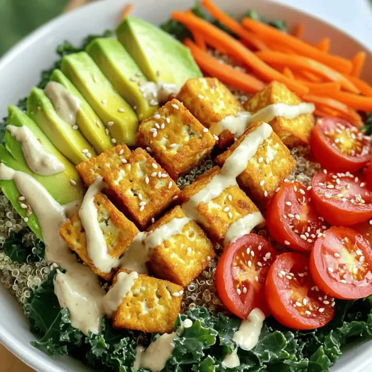 Um die perfekte Buddha Bowl zu machen, brauchst du frische und leckere Zutaten. Hier sind die Hauptzutaten: - 1 Block (400 g) fester Tofu, gepresst und gewürfelt - 2 Esslöffel Maisstärke - 2 Esslöffel Sojasauce - 1 Esslöffel Sesamöl - 1 Tasse gekochte Quinoa - 1 Tasse Grünkohl, grob gehackt - 1 Karotte, in feine Streifen geschnitten - 1 Tasse Edamame, geschält - 1 Avocado, in Scheiben geschnitten - ½ Tasse Kirschtomaten, halbiert - 2 Esslöffel Tahini - 1 Esslöffel Zitronensaft - Salz und Pfeffer nach Geschmack - Sesamsamen zum Garnieren - Optional: Chiliflocken nach Wunsch für etwas Schärfe Die richtigen Gewürze und Öle machen den Unterschied. Für dieses Rezept brauchst du: - Sojasauce bringt einen herzhaften Geschmack. - Sesamöl fügt ein nussiges Aroma hinzu. - Tahini ist cremig und lecker und gibt der Bowl eine besondere Note. - Zitronensaft sorgt für Frische und Balance. - Salz und Pfeffer runden den Geschmack ab. Diese Buddha Bowl ist nicht nur lecker, sondern auch nahrhaft. Hier sind einige Nährwertangaben für die Zutaten: - Tofu ist reich an Protein und enthält wichtige Aminosäuren. - Quinoa ist ein tolles Getreide mit Ballaststoffen und Proteinen. - Grünkohl ist voll von Vitaminen A, C und K. - Edamame liefert zusätzliches Protein und gesunde Fette. - Avocado enthält gesunde Fette und viele Nährstoffe. Das macht die Buddha Bowl zu einer gesunden Wahl für dein nächstes Essen! Für das komplette Rezept, schau dir die [Full Recipe] an. Zuerst heize deinen Ofen auf 220°C vor. Lege ein Backblech mit Backpapier aus. Nimm einen Block festen Tofu und presse ihn gut. Das entfernt überschüssige Feuchtigkeit. Schneide den Tofu in Würfel. Jetzt ist der Tofu bereit für die Marinade. In einer Schüssel vermischst du die Sojasauce und das Sesamöl. Gib die Tofuwürfel hinein und rühre um, bis alle Stücke gut bedeckt sind. Streue die Maisstärke über den marinierten Tofu. Tossiere die Stücke vorsichtig, sodass die Maisstärke gleichmäßig verteilt ist. Jetzt verteile die Tofuwürfel in einer einzigen Schicht auf dem Backblech. Backe sie für 25 bis 30 Minuten. Wende die Tofuwürfel einmal in der Mitte. Sie sollten goldbraun und knusprig sein, wenn du sie herausnimmst. Während der Tofu backt, dämpfe den gehackten Grünkohl für 3 bis 5 Minuten. In einer großen Schüssel schichte die gekochte Quinoa, den gedämpften Grünkohl, die Karottenstreifen, die Edamame, die Avocadoscheiben und die Kirschtomaten. Mische das Tahini mit Zitronensaft, Salz und Pfeffer in einer kleinen Schüssel. Wenn nötig, füge Wasser hinzu, um die Sauce zu verdünnen. Sobald der Tofu fertig ist, gib ihn zur Schüssel. Übergieße die Bowl mit dem Tahini-Dressing und bestreue sie mit Sesamsamen. Jetzt ist deine Buddha Bowl fertig. Du kannst sie sofort servieren! Um Tofu knusprig zu machen, wähle festen Tofu. Drücke ihn gut, um überschüssige Feuchtigkeit zu entfernen. Verwende Maisstärke für eine knusprige Textur. Mische den Tofu mit Sojasauce und Sesamöl, bevor du die Maisstärke hinzufügst. Backe ihn bei hoher Temperatur. So wird er goldbraun und knusprig. Marinaden geben Tofu Geschmack und Tiefe. Neben Sojasauce probiere auch Tamari für eine glutenfreie Option. Eine Mischung aus Olivenöl, Zitronensaft und Knoblauch ist frisch und lecker. Für einen nussigen Geschmack kannst du Erdnuss- oder Tahini-Dressing verwenden. Diese passen perfekt zu deiner Buddha Bowl. Für das Beste aus deiner Buddha Bowl achte auf die Farben. Schichte die Zutaten schön aufeinander. Beginne mit Quinoa, gefolgt von Gemüse und Tofu. Garniere die Bowl mit Sesamsamen und Chiliflocken. Das sieht nicht nur gut aus, sondern schmeckt auch toll. Serviere sie sofort, damit alles frisch bleibt. Für das vollständige Rezept, schau dir die Full Recipe an. {{image_4}} Du kannst viele leckere Varianten der Buddha Bowl machen. Für Vegetarier ist die Bowl schon perfekt. Wenn du vegan bist, achte einfach auf die Dressings. Nutze Tahini oder Avocadocreme als Extras. Beide sind sehr cremig und lecker. Die Buddha Bowl lebt von frischen Zutaten. Im Frühling sind Spargel und Erbsen toll. Im Sommer passen Zucchini und Paprika gut. Im Herbst kannst du Kürbis und Rüben verwenden. Im Winter sind Karotten und Kohl ideal. Probiere verschiedene Gemüsesorten aus, um neue Geschmäcker zu entdecken. Möchtest du mehr Protein? Füge Kichererbsen oder Linsen hinzu. Diese Hülsenfrüchte sind nahrhaft und lecker. Du kannst auch Nüsse oder Samen wie Mandeln oder Chiasamen verwenden. Diese geben zusätzlich Crunch und gesunde Fette. Ein Ei ist eine weitere Option, wenn du nicht vegan bist. Diese Variationen machen deine Buddha Bowl noch besser. Besuche die [Full Recipe] für mehr Ideen und Tipps! Wenn du Reste von deiner Buddha Bowl hast, lagere sie in einem luftdichten Behälter. Stelle sicher, dass der Tofu und das Gemüse gut abgedeckt sind. So bleiben sie frisch. Du kannst die Reste bis zu drei Tage im Kühlschrank aufbewahren. Achte darauf, die Sauce separat zu lagern, damit der Tofu nicht matschig wird. Du kannst Tofu auch einfrieren. Schneide ihn in Würfel und lege ihn in einen Gefrierbeutel. Drücke die Luft heraus und friere ihn ein. So bleibt er bis zu drei Monate frisch. Gemüse wie Karotten oder Grünkohl kann auch eingefroren werden. Stelle sicher, dass sie gut gewaschen und trocken sind, bevor du sie einpackst. Um die Buddha Bowl aufzuwärmen, kannst du die Reste einfach in der Mikrowelle erhitzen. Stelle die Mikrowelle auf mittlere Hitze. Achte darauf, den Tofu nicht zu lange zu erhitzen. Alternativ kannst du den Tofu in einer Pfanne kurz anbraten. So bleibt er knusprig. Füge das Dressing erst nach dem Aufwärmen hinzu, um den Geschmack zu bewahren. Um Tofu knusprig zu machen, drücke zuerst das Wasser heraus. Das verhindert, dass der Tofu matschig wird. Dann schneide ihn in gleichmäßige Würfel. Mische ihn mit Sojasauce und Sesamöl für Geschmack. Streue Maisstärke darüber. Das gibt eine schöne Kruste. Backe den Tofu bei 220°C für 25-30 Minuten. Wende ihn einmal, damit er gleichmäßig bräunt. Du wirst sehen, wie knusprig er wird. Ja, du kannst andere Getreidearten nutzen. Quinoa ist großartig, aber auch brauner Reis, Couscous oder Bulgur passen gut. Diese Getreide haben verschiedene Texturen. Probiere, was dir am besten schmeckt. Achte darauf, die Garzeiten zu beachten. So bleibt alles schön frisch und lecker. Zu einer Buddha Bowl passen viele Beilagen. Frisches Gemüse wie Paprika, Gurken oder Radieschen bringen Farbe. Du kannst auch Nüsse oder Samen für Crunch hinzufügen. Avocado gibt gesunde Fette. Für mehr Protein sind Kichererbsen oder Linsen toll. Experimentiere mit verschiedenen Zutaten. Mixe und kombiniere, um deinen perfekten Geschmack zu finden. Eine Buddha Bowl ist einfach zuzubereiten und lecker. Wir haben die Hauptzutaten, Gewürze und Nährwerte besprochen. Ich gab eine Schritt-für-Schritt-Anleitung für knusprigen Tofu und die Bowl-Vorbereitung. Außerdem habe ich nützliche Tipps für Tofu, Marinaden und das Servieren geteilt. Variationen für Vegetarier und Veganer sowie Tipps zur Lagerung und Aufwärmung sind wichtig. Mit diesen Informationen kannst du deine eigene Buddha Bowl meistern und anpassen. Viel Spaß beim Ausprobieren und Genießen deiner neuen Kreationen!