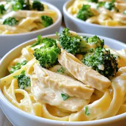 - 900 g Hähnchenbrustfilets - 450 g Fettuccine-Pasta - 225 g Brokkoliröschen - 55 g ungesalzene Butter - 3 Knoblauchzehen - 240 ml Schlagsahne - 100 g frisch geriebener Parmesan - 1 Teelöffel italienische Gewürzmischung - Frische Petersilie, Salz und Pfeffer Hähnchenbrustfilets sind die Hauptzutat. Sie geben dem Gericht Protein und Geschmack. Ich empfehle, die Filets ohne Haut und Knochen zu wählen. Fettuccine-Pasta ist eine gute Wahl. Ihre Form hält die Sauce gut. Brokkoli bringt frisches Gemüse und Farbe ins Spiel. Die Butter sorgt für einen reichen Geschmack. Knoblauch gibt der Sauce einen tollen Duft. Schlagsahne macht die Sauce cremig und vollmundig. Parmesan verleiht dem Gericht eine salzige Note und Tiefe. Die italienische Gewürzmischung bringt Aromen zusammen. Petersilie ist nicht nur schön, sondern auch frisch. Salz und Pfeffer runden das Gericht ab. Diese Zutaten sind einfach zu finden. Sie sind auch oft in der Küche. Für das gesamte Rezept schauen Sie sich bitte die [Full Recipe] an. - Würze die Hähnchenbrustfilets mit Salz, Pfeffer und italienischer Gewürzmischung. - Schmelze 2 Esslöffel Butter in einer großen Pfanne bei mittlerer Hitze. - Lege die gewürzten Hähnchenbrustfilets in die Pfanne. - Brate sie 6-7 Minuten pro Seite, bis sie durchgegart sind. - Nimm sie aus der Pfanne und lass sie ruhen. - Schneide die Hähnchenbrust in Streifen. - Füge die restliche Butter und den gehackten Knoblauch in die Pfanne hinzu. - Brate den Knoblauch etwa 1 Minute lang an, bis er duftet. - Gib die Brokkoliröschen und etwas Wasser in die Pfanne. - Setze den Deckel auf und dämpfe den Brokkoli 3-4 Minuten lang, bis er zart ist. - Koche die Fettuccine in einem großen Topf mit sprudelndem, gesalzenem Wasser. - Halte dich an die Packungsanweisung für al dente (ca. 8-10 Minuten). - Gieße die Pasta ab und stelle sie beiseite. - In der Pfanne mit Brokkoli und Knoblauch füge die Schlagsahne hinzu. - Lasse die Mischung sanft köcheln und rühre den frisch geriebenen Parmesan ein. - Gib die gekochten Fettuccine und die Hähnchenstreifen in die Pfanne mit der Alfredo-Sauce. - Rühre vorsichtig um, bis alles gleichmäßig mit der Sauce umhüllt ist. - Richte den Hähnchen-Alfredo mit Brokkoli in flachen Schalen an. - Garniere das Gericht mit gehackter frischer Petersilie für den letzten Schliff. Für das komplette Rezept schau dir die [Full Recipe] an. - Perfekte Garzeit für das Hähnchen: Brate das Hähnchen für 6-7 Minuten auf jeder Seite. Es sollte gut durchgegart sein. Verwende ein Fleischthermometer, um sicherzustellen, dass die Innentemperatur mindestens 75 °C beträgt. - Verwendung von frischen Zutaten: Frische Zutaten machen einen großen Unterschied. Wähle knackigen Brokkoli und frischen Parmesan für den besten Geschmack. - Optimaler Parmesan: Nutze frisch geriebenen Parmesan. Er schmilzt besser und sorgt für eine reichhaltige Sauce. Vermeide den vorgeriebenen Parmesan aus der Tüte, da er oft Zusatzstoffe enthält. - Anpassung der Konsistenz: Möchtest du eine dickere Sauce? Koche sie länger. Für eine dünnere Sauce füge mehr Sahne oder etwas Nudelwasser hinzu. So passt du die Sauce perfekt an deinen Geschmack an. - Ansprechendes Servieren: Serviere das Gericht in flachen, weißen Schalen. Das lässt die Farben leuchten und sieht appetitlich aus. - Verwendete Geschirrarten: Nutze große Teller oder Schalen für eine bessere Präsentation. Ein Hauch von frischer Petersilie obendrauf sorgt für den letzten Schliff. Für das vollständige Rezept besuche die [Full Recipe]. {{image_4}} Für eine vegetarische Version von Chicken Alfredo mit Broccoli können Sie pflanzliche Alternativen verwenden. Ersetzen Sie das Hähnchen durch Tofu oder Seitan. Diese Zutaten nehmen die Aromen der Sauce gut auf. Sie können auch Kichererbsen nutzen, um Protein hinzuzufügen. Diese Alternativen machen das Gericht gesund und lecker. Sie können auch andere Gemüsesorten hinzufügen, um mehr Geschmack und Farbe zu erhalten. Paprika, Karotten oder Spinat sind tolle Optionen. Diese Gemüsesorten bringen zusätzliche Nährstoffe und Texturen. Dämpfen Sie das Gemüse einfach zusammen mit dem Brokkoli. So bleibt alles schön knackig und frisch. Es gibt viele Möglichkeiten, das Rezept anzupassen. Sie können verschiedene Gewürze ausprobieren, um neue Aromen zu entdecken. Zum Beispiel, fügen Sie etwas Paprika oder Muskatnuss hinzu. Diese Gewürze geben dem Gericht eine besondere Note. Wenn Sie Lebensmittelunverträglichkeiten haben, passen Sie die Zutaten an. Verwenden Sie glutenfreie Pasta, wenn nötig. Für eine laktosefreie Option, nehmen Sie pflanzliche Sahne und Käse. So können Sie das Gericht genießen, ohne auf den Geschmack verzichten zu müssen. Für die vollständige Anleitung und Zutaten schauen Sie sich das [Full Recipe] an. Wenn Sie Reste von diesem Gericht haben, lagern Sie sie im Kühlschrank. Nutzen Sie dafür einen luftdichten Behälter. So bleibt das Hähnchen Alfredo mit Broccoli frisch. Die Reste halten sich etwa drei bis vier Tage im Kühlschrank. Alternativ können Sie die Reste auch einfrieren. Verwenden Sie dazu einen gefriergeeigneten Behälter oder Gefrierbeutel. So bleibt das Gericht bis zu drei Monate genießbar. Um das Hähnchen Alfredo wieder aufzuwärmen, gibt es zwei gute Methoden. Sie können den Ofen verwenden oder die Mikrowelle. Für den Ofen heizen Sie ihn auf 180 Grad vor. Geben Sie das Gericht in eine Auflaufform und decken Sie es mit Aluminiumfolie ab. Erwärmen Sie es etwa 20 Minuten. In der Mikrowelle geben Sie das Gericht in eine mikrowellengeeignete Schüssel. Decken Sie die Schüssel ab und erhitzen Sie es in 1-Minuten-Intervallen. Rühren Sie zwischendurch um, damit es gleichmäßig warm wird. Das Gericht bleibt im Kühlschrank drei bis vier Tage frisch. Wenn Sie es einfrieren, können Sie es bis zu drei Monate lagern. Achten Sie darauf, das Gericht vor dem Einfrieren gut zu verpacken. So verhindern Sie Gefrierbrand und erhalten den besten Geschmack. Die Zubereitung von Hähnchen-Alfredo mit Brokkoli dauert etwa 40 Minuten. Die Vorbereitungszeit beträgt 15 Minuten. Die Kochzeit benötigt dann 25 Minuten. Ja, du kannst frische Nudeln verwenden. Frische Nudeln kochen schneller als trockene. Sie benötigen oft nur 2-3 Minuten in kochendem Wasser. Das kann die Zubereitungszeit verkürzen. Ja, dieses Rezept ist kinderfreundlich. Du kannst die Gewürze anpassen und weniger Knoblauch verwenden. Das macht das Gericht milder und kinderfreundlicher. Bewahre übrig gebliebenes Hähnchen-Alfredo in einem luftdichten Behälter auf. Im Kühlschrank hält es sich 3-4 Tage. Du kannst es auch einfrieren, wenn du es länger aufbewahren möchtest. Zu Hähnchen-Alfredo passen viele Gemüsesorten. Zucchini, Erbsen und Paprika sind tolle Optionen. Du kannst auch Spinat oder Karotten hinzufügen, um mehr Farbe und Nährstoffe zu bekommen. Die Zubereitung von Hähnchen-Alfredo mit Brokkoli ist einfach und lecker. Wir haben alle wichtigen Zutaten, die Zubereitungsschritte und hilfreiche Tipps betrachtet. Egal, ob du frische Zutaten verwendest oder Anpassungen machst, dieses Gericht bleibt vielseitig. Denke daran, beim Servieren kreativ zu sein. Mit der richtigen Lagerung bleibt dein Essen frisch. Probiere verschiedene Variationen aus, um es spannend zu halten. Dieses Rezept ist ideal für alle, die schnelle und gesunde Mahlzeiten lieben. Viel Spaß beim Kochen!