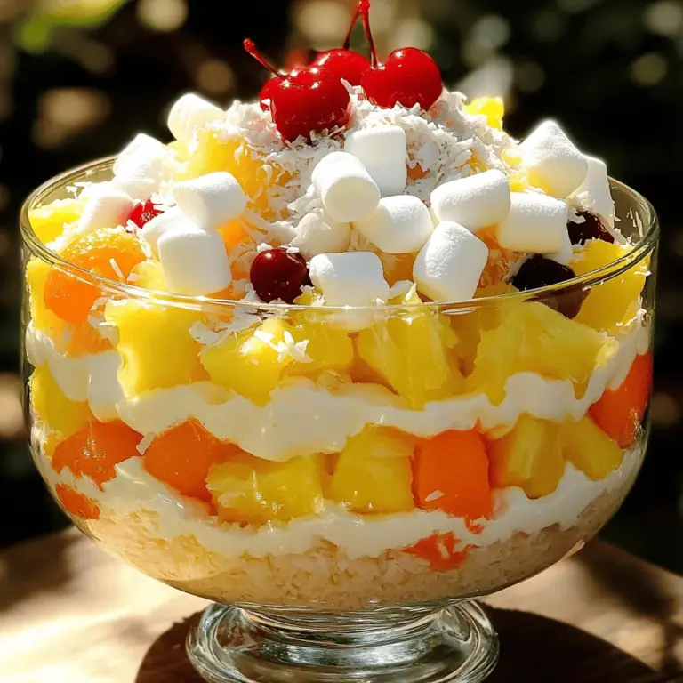 - 1 Tasse Mini-Marshmallows - 1 Tasse Kokosraspel - 1 Tasse gewürfelte Ananas (frisch oder aus der Dose, gut abgetropft) Die Hauptzutaten sind wichtig für den Geschmack. Mini-Marshmallows geben eine süße Note. Kokosraspel sorgen für einen tropischen Touch. Ananas bringt Frische und Saftigkeit in den Salat. Diese drei Zutaten sind die Basis für jeden Ambrosia-Salat. - 1 Tasse Mandarinen (aus der Dose oder frisch, gut abgetropft) - 1 Tasse Sauerrahm - 1 Tasse Schlagsahne (oder Cool Whip) - 1 Teelöffel Vanilleextrakt - ½ Tasse gehackte Pekannüsse oder Walnüsse (optional) Mandarinen fügen eine schöne Fruchtnote hinzu. Sauerrahm und Schlagsahne machen den Salat cremig und reichhaltig. Vanilleextrakt sorgt für zusätzlichen Geschmack. Wenn du Nüsse magst, füge sie hinzu. Sie geben dem Salat einen knusprigen Biss. - ½ Tasse Kirschen - Zusätzliche Kokosraspel für das Topping Kirschen sind ideal zum Garnieren. Sie bringen Farbe und Süße. Zusätzliche Kokosraspel obenauf machen den Salat noch schöner. Diese Garnierung macht den Ambrosia-Salat perfekt für jede Feier. Wenn du mehr über die Zubereitung erfahren möchtest, schau dir das Full Recipe an. Zuerst bereite die Früchte und Marshmallows vor. Nimm eine große Schüssel. Füge die Mini-Marshmallows, die Kokosraspel, die gewürfelte Ananas und die Mandarinen hinzu. Mische sie vorsichtig. So verteilen sich die Zutaten gleichmäßig. Jetzt kommt die Crememischung. Nimm eine separate Schüssel. Hier vermenge den Sauerrahm, die Schlagsahne und den Vanilleextrakt. Rühre alles gut um. Die Mischung sollte glatt und cremig sein. Nun gieße die Crememischung über die vorbereiteten Früchte. Mit einem großen Löffel hebe die Mischung vorsichtig unter. Achte darauf, dass alle Früchte gut bedeckt sind. Falls du Nüsse magst, füge die gehackten Pekannüsse oder Walnüsse hinzu. Sie geben einen schönen Crunch. Auch diese unterheben, aber sanft. Decke die Schüssel mit Frischhaltefolie ab. Stelle sie für mindestens eine Stunde in den Kühlschrank. So verbinden sich die Aromen gut. Vor dem Servieren garniere den Salat mit Kirschen. Das gibt eine süße und farbenfrohe Note. Wenn du magst, streue noch etwas Kokosraspel darüber. So sieht der Salat besonders einladend aus. Für die vollständige Anleitung, siehe das [Full Recipe]. - Lassen Sie die Früchte gut abtropfen, damit der Salat nicht zu nass wird. - Planen Sie Zeit zum Kühlen ein. Der Salat schmeckt besser, wenn die Aromen ziehen. - Präsentieren Sie den Salat in einer Glasschüssel. So sieht man die bunten Farben. - Verwenden Sie extra Kokosraspeln obenauf. Das sorgt für mehr Textur und Geschmack. - Sie können die Früchte variieren. Fügen Sie Beeren oder Äpfel hinzu, um neue Geschmäcker zu entdecken. - Nutzen Sie alternative Sahneoptionen. Vegane Sahne oder griechischer Joghurt sind tolle Optionen. Mit diesen Tipps wird Ihr Classic Ambrosia Salad einfach und lecker! Die Details zur Zubereitung finden Sie im Full Recipe. {{image_4}} Sie können viele verschiedene Früchte in Ihrem Ambrosia-Salat verwenden. Beeren sind eine tolle Wahl. Erdbeeren, Himbeeren oder Heidelbeeren bringen frische Farben. Äpfel sind auch lecker und fügen eine knackige Textur hinzu. Wählen Sie saisonale Früchte, um den besten Geschmack zu erzielen. Im Sommer sind Pfirsiche und Melonen großartig. Im Winter können Sie Zitrusfrüchte wie Grapefruits und Orangen ausprobieren. Wenn Sie glutenfrei essen, ist dieser Salat perfekt für Sie. Alle Zutaten sind von Natur aus glutenfrei. Für vegane Optionen können Sie pflanzliche Sahne verwenden. Tauschen Sie den Sauerrahm gegen eine vegane Alternative aus. Achten Sie darauf, nussfreie Alternativen zu wählen, wenn Sie Nussallergien haben. Zum Beispiel können Sie Sonnenblumenkerne anstelle von Nüssen nutzen, um den Crunch zu bekommen. Möchten Sie etwas mehr Geschmack? Fügen Sie Schokoladenstückchen hinzu! Diese geben eine süße Note und passen gut zu den Früchten. Sie können auch Joghurt hinzufügen, um den Salat cremiger zu machen. Griechischer Joghurt ist eine gute Wahl, da er extra Protein bietet. Diese kleinen Extras machen Ihren Ambrosia-Salat noch interessanter und leckerer. Für das vollständige Rezept, schauen Sie sich die [Full Recipe] an. Um den frischen Geschmack des Ambrosia-Salats zu bewahren, lagern Sie ihn im Kühlschrank. Der Salat bleibt bis zu drei Tage frisch, wenn Sie ihn gut abgedeckt aufbewahren. Verwenden Sie dazu Frischhaltefolie oder einen luftdichten Behälter. So bleiben die Aromen intensiv und die Textur bleibt angenehm. Einfrieren von Ambrosia-Salat ist möglich, aber nicht ideal. Die Früchte können nach dem Auftauen matschig werden. Wenn Sie es dennoch versuchen möchten, verwenden Sie einen luftdichten Behälter. Achten Sie darauf, so viel Luft wie möglich zu entfernen. Zum Auftauen stellen Sie den Behälter einfach in den Kühlschrank. Lassen Sie ihn dort über Nacht. Servieren Sie den Salat sofort nach dem Auftauen für den besten Geschmack. Haben Sie Reste? Verwenden Sie sie kreativ! Fügen Sie den Salat zu Joghurt hinzu oder genießen Sie ihn als Topping für Pfannkuchen. Sie können auch einen Smoothie daraus machen. Mischen Sie die Reste mit etwas Milch und Eis. So verwandeln Sie die Reste in ein neues, köstliches Gericht. Ambrosia-Salat bleibt frisch für drei bis fünf Tage im Kühlschrank. Achte darauf, den Salat gut abzudecken. So bleibt er länger lecker. Nach ein paar Tagen kann die Textur der Früchte weich werden. Ich empfehle, den Salat in einer luftdichten Schüssel aufzubewahren. So bleibt er frisch und schmackhaft. Ja, du kannst viele verschiedene Früchte verwenden. Äpfel, Trauben oder Erdbeeren passen gut dazu. Du kannst auch saisonale Früchte ausprobieren. Ich empfehle, die Früchte gut abzutropfen. So wird dein Salat nicht wässrig. Denk daran, die Farben und Texturen schön zu mischen. Das macht deinen Salat noch ansprechender. Ja, Ambrosia-Salat ist glutenfrei, wenn du glutenfreie Zutaten verwendest. Die Hauptzutaten wie Früchte und Marshmallows enthalten kein Gluten. Achte darauf, dass die Nüsse ebenfalls glutenfrei sind, wenn du sie hinzufügst. So kann jeder diesen köstlichen Salat genießen. Der Ambrosia-Salat ist einfach zuzubereiten und bietet viele Variationen. Sie benötigen Mini-Marshmallows, Kokosraspel und frische Früchte. Mischen Sie alles gut und lassen Sie es kühlen. Vergessen Sie nicht, die Reste kreativ zu verwenden. Dieser Salat ist vielseitig und lässt sich leicht anpassen. Experimentieren Sie mit verschiedenen Früchten und Toppings. Mit diesen Tipps und der passenden Technik gelingt Ihnen ein frischer Genuss. Genießen Sie ihn einfach selbst oder teilen Sie ihn mit Freunden.