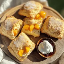 - 2 Tassen Weizenmehl - 1/3 Tasse Zucker - 1 Esslöffel Backpulver - 1/2 Teelöffel Salz - 6 Esslöffel kalte, ungesalzene Butter - 1 Tasse frische Pfirsiche - 1/2 Tasse Schlagsahne - 1 großes Ei - 1 Teelöffel Vanilleextrakt - 1/4 Teelöffel Mandelextrakt Die Hauptzutaten bilden die Basis der Scones. Das Weizenmehl gibt Struktur. Zucker sorgt für Süße. Ein Esslöffel Backpulver hilft den Scones, schön aufzugehen. Ergänzende Zutaten wie Salz bringen den Geschmack hervor. Kalte Butter macht die Scones zart. Frische Pfirsiche fügen Saftigkeit und einen fruchtigen Geschmack hinzu. Die flüssigen Zutaten sind wichtig für die Bindung. Schlagsahne macht den Teig reichhaltig. Das Ei sorgt für eine gute Textur. Vanille- und Mandelextrakt bringen Aroma und Tiefe. Für das vollständige Rezept, schaue dir das Pfirsich-Paradies-Scones an. - Stellen Sie die Temperatur auf 200°C ein. - Legen Sie ein Backblech mit Backpapier aus. Jetzt haben wir den Ofen bereit. Das Backpapier hilft, die Scones nicht anzuhaften. Es ist wichtig, dass der Ofen heiß ist, wenn Sie die Scones hineinlegen. So werden sie schön knusprig und goldbraun. - Mehl, Zucker, Backpulver und Salz in einer Schüssel verrühren. In einer großen Schüssel mixen Sie das Mehl, den Zucker, das Backpulver und das Salz. Rühren Sie gut um, damit alles gleichmäßig verteilt ist. Dies ist der erste Schritt für die perfekte Textur Ihrer Scones. Das Salz bringt den Geschmack der anderen Zutaten hervor. - Butter hinzufügen und vermengen. - Pfirsiche und feuchte Zutaten hinzufügen. Jetzt kommt die kalte Butter. Schneiden Sie sie in kleine Stücke und geben Sie sie in die Schüssel. Mischen Sie die Butter mit den trockenen Zutaten. Verwenden Sie Ihre Hände oder einen Teigmischer. Es sollte eine krümelige Konsistenz entstehen. Danach fügen Sie die gewürfelten Pfirsiche hinzu. Mischen Sie vorsichtig, damit die Pfirsiche nicht zerdrückt werden. In einer anderen Schüssel verquirlen Sie die Schlagsahne, das Ei, den Vanilleextrakt und den Mandelextrakt. Gießen Sie diese Mischung in die Schüssel mit den trockenen Zutaten. Rühren Sie vorsichtig, bis alles gerade vermischt ist. Der Teig sollte leicht klebrig sein. Jetzt sind wir bereit, die Scones zu formen! Um die besten Scones zu backen, ist die Backzeit wichtig. Stellen Sie die Zeit auf 15 bis 20 Minuten ein. Achten Sie darauf, dass die Scones goldbraun sind. Ein Zahnstocher sollte sauber herauskommen, wenn Sie ihn hineinstecken. Das zeigt, dass sie gut durchgebacken sind. Beim Rühren ist weniger mehr. Rühren Sie nur, bis die Zutaten gerade vermischt sind. Zu viel Rühren macht die Scones hart. Der Teig sollte leicht klebrig sein, das sorgt für eine gute Textur. Wenn Sie keine Pfirsiche haben, können Sie andere Früchte verwenden. Blaubeeren oder Himbeeren sind tolle Optionen. Sie geben den Scones einen frischen Geschmack. Für glutenfreie Scones benutzen Sie einfach glutenfreies Mehl. Es gibt viele gute Marken, die einen ähnlichen Geschmack bieten. Für die Zubereitung brauchen Sie einige Utensilien. Eine große Rührschüssel ist wichtig, ebenso ein Backblech und Backpapier. Ein Teigmischer hilft Ihnen, die Butter gut zu vermengen. Für die Reinigung ist es einfach, wenn Sie alles gleich nach der Nutzung abspülen. So bleibt Ihre Küche ordentlich. Für die vollständige Zubereitung der Scones können Sie das Full Recipe konsultieren. {{image_4}} Um den Geschmack der Scones zu verbessern, können Sie Gewürze hinzufügen. Zimt oder Muskatnuss bringen eine warme Note. Ein Teelöffel Zimt macht die Scones besonders aromatisch. Muskatnuss gibt einen feinen, würzigen Touch. Zitronenschale ist perfekt für Frische. Die Zesten einer Zitrone bringen einen spritzigen Geschmack. Diese einfache Ergänzung hebt die Süße der Pfirsiche hervor. Experimentieren Sie mit diesen Gewürzen. So finden Sie den perfekten Mix für Ihren Geschmack. Süßigkeiten machen die Scones noch besser! Fügen Sie Schokoladenstückchen hinzu. Diese schmelzen und geben einen köstlichen Geschmack. Nüsse, wie Mandeln oder Walnüsse, bringen einen knusprigen Biss. Sie geben auch einen tollen Kontrast zur weichen Textur. Kombinieren Sie die Pfirsiche mit getrockneten Früchten. Aprikosen oder Cranberries passen gut dazu. Diese geben eine zusätzliche Süße und eine schöne Farbe. Probieren Sie verschiedene Kombinationen und finden Sie Ihre Lieblingsversion. Sie können die Scones sowohl zum Frühstück als auch als Dessert servieren. Für das Frühstück passen frische Früchte und Joghurt gut dazu. Auch ein Becher Kaffee oder Tee ist eine gute Wahl. Als Dessert können Sie die Scones mit Sahne oder Eis servieren. Ein Klecks Pfirsichmarmelade rundet das Ganze ab. Diese Ideen machen die Scones vielseitig und lecker. Sie sind perfekt für jede Tageszeit. Um Scones frisch zu halten, bewahre sie in einem luftdichten Behälter auf. So bleiben sie weich und lecker. Die Scones halten sich bei Raumtemperatur etwa drei Tage. Für längere Frische lege sie in den Kühlschrank. Dort bleiben sie bis zu einer Woche gut. Vor dem Servieren solltest du sie leicht aufwärmen. Das macht sie wieder lecker und warm. Wenn du Scones einfrieren willst, lass sie zuerst ganz abkühlen. Danach lege sie in einen gefriergeeigneten Beutel. Drücke die Luft heraus, um Gefrierbrand zu vermeiden. So halten sie sich bis zu drei Monate. Zum Wiedererwärmen, nimm sie einfach aus dem Gefrierfach. Heize den Ofen auf 180°C vor und lege die Scones auf ein Backblech. Backe sie für 10-15 Minuten, bis sie warm sind. Du kannst die Scones auch im Voraus zubereiten. Mische die trockenen Zutaten und bewahre sie in einem Behälter auf. Wenn du sie backen willst, füge einfach die feuchten Zutaten hinzu. Alternativ kannst du den Teig formen und die Scones vor dem Backen für bis zu zwei Tage im Kühlschrank lagern. So sparst du Zeit am Backtag. Es ist einfach und macht das Backen sehr flexibel. Wenn Sie die Scones süßer mögen, können Sie mehr Zucker hinzufügen. Probieren Sie, die Zuckermenge auf 1/2 Tasse zu erhöhen. Wenn Sie möchten, fügen Sie auch ein wenig Honig oder Ahornsirup hinzu. Diese Alternativen geben den Scones eine besondere Note. Achten Sie darauf, den Teig nicht zu feucht zu machen. So bleiben die Scones schön locker. Ja, Sie können die Scones vegan machen! Ersetzen Sie die Butter durch pflanzliche Margarine. Verwenden Sie Pflanzenmilch anstelle von Schlagsahne. Ein Leinsamen-Ei kann auch als Ei-Ersatz dienen. Mischen Sie einen Esslöffel gemahlenen Leinsamen mit drei Esslöffeln Wasser und lassen Sie es kurz stehen. So bleiben die Scones lecker und leicht. Die Scones bleiben bei Raumtemperatur für 2-3 Tage frisch. Legen Sie sie in eine luftdichte Box. Im Kühlschrank halten sie bis zu einer Woche. Wenn Sie die Scones länger aufbewahren möchten, frieren Sie sie ein. Sie können die Scones nach dem Einfrieren einfach im Ofen aufbacken. Sie finden das vollständige Rezept unter Pfirsich-Paradies-Scones . Dort sind alle Schritte und Zutaten genau beschrieben. Das hilft Ihnen, die perfekten Scones zu backen! Die Zutaten für Pfirsich-Scones sind einfach und lecker. Wir haben Mehl, Zucker und frische Pfirsiche verwendet. Die Schritt-für-Schritt-Anleitung macht die Zubereitung leicht. Mit ein paar Tipps und Tricks backen Sie perfekte Scones. Variationen, wie die Mitgestaltung mit Gewürzen oder Nüssen, machen Ihr Gebäck einzigartig. Beachten Sie die Aufbewahrungshinweise, um die Frische zu verlängern. Jetzt wissen Sie, wie man köstliche Scones bäckt. Viel Spaß beim Ausprobieren dieser tollen Rezepte!