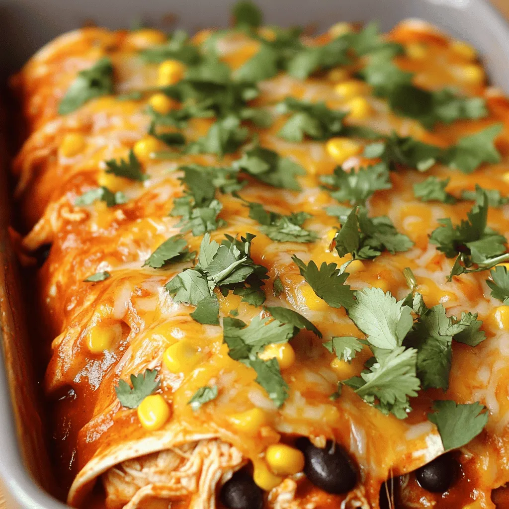 Für leckere Classic Chicken Enchiladas brauchst du frische und einfache Zutaten. Hier sind die Hauptbestandteile: - 2 Tassen gekochtes, zerrissenes Hähnchen - 1 Tasse schwarze Bohnen, abgetropft und abgespült - 1 Tasse Mais, gefroren oder frisch - 2 Tassen Enchiladasauce (gekauft oder hausgemacht) - 2 Tassen geriebener Käse (Mischung aus Cheddar und Monterey Jack) - 8 Weizentortillas (25 cm Durchmesser) - 1 kleine Zwiebel, fein gehackt - 2 Knoblauchzehen, gehackt Diese Zutaten ergeben eine großartige Basis für deine Enchiladas. Du kannst das Hähnchen auch durch eine andere Proteinquelle ersetzen, wenn du magst. Die Gewürze bringen die Enchiladas wirklich zum Leben. Hier sind die wichtigen Gewürze, die du brauchst: - 1 Teelöffel Kreuzkümmel - 1 Teelöffel Chilipulver - Salz und Pfeffer nach Geschmack Kreuzkümmel gibt einen warmen, nussigen Geschmack. Chilipulver gibt Würze. Du kannst die Menge nach deinem Geschmack anpassen. Um deine Enchiladas zu verfeinern, kannst du einige Garnituren und Beilagen hinzufügen: - Frischer Koriander zur Garnitur (optional) - Sour Cream zum Servieren (optional) Diese Optionen machen das Gericht frisch und lecker. Du kannst auch Guacamole oder eine einfache Salatbeilage dazu servieren. Wenn du mehr Ideen suchst, schau dir das Full Recipe an. Heize deinen Backofen auf 190°C (375°F) vor. Dies hilft, die Enchiladas gleichmäßig zu garen. Ein vorgeheizter Ofen sorgt dafür, dass die Enchiladas von Anfang an gut gebacken werden. Erhitze in einer großen Pfanne etwas Öl bei mittlerer Hitze. Füge die fein gehackte Zwiebel hinzu und brate sie für 3 bis 4 Minuten, bis sie durchsichtig ist. Danach gib den gehackten Knoblauch dazu und brate ihn eine weitere Minute. Rühre dann die Gewürze wie Kreuzkümmel und Chilipulver unter. Jetzt kommt das zerrissene Hähnchen, die schwarzen Bohnen und der Mais in die Pfanne. Mische alles gut und lasse es für 5 Minuten erhitzen. Nimm eine Weizentortilla und lege einen großzügigen Löffel der Füllung in die Mitte. Rolle die Tortilla eng um die Füllung. Lege sie mit der Nahtseite nach unten in eine gefettete Auflaufform. Mache dies auch mit den restlichen Tortillas und der Füllung. Gieße die Enchiladasauce gleichmäßig über die Enchiladas in der Form. Bestreue alles mit dem geriebenen Käse. Decke die Form mit Aluminiumfolie ab und backe sie 20 Minuten lang. Nimm die Folie ab und backe weitere 10 bis 15 Minuten, bis der Käse blubbert und goldbraun ist. Lass die Enchiladas vor dem Servieren einige Minuten ruhen. Um die beste Füllung zu machen, kombiniere zerrissenes Hähnchen mit Bohnen und Mais. Du kannst auch etwas Zwiebel und Knoblauch hinzufügen. Diese Zutaten geben viel Geschmack. Achte darauf, die Füllung nicht zu trocken zu machen. Ein bisschen Enchiladasauce in die Mischung kann helfen. So bleibt alles saftig. Ein häufiger Fehler ist, zu viel Füllung in die Tortillas zu geben. Wenn du es überfüllst, wird es schwer, sie zu rollen. Halte die Menge klein. Ein weiterer Fehler ist, die Enchiladas nicht genug zu backen. Der Käse sollte schön schmelzen und blubbern. Wenn du die Folie zu früh abnimmst, kann der Käse nicht bräunen. Für die perfekte Zubereitung von Enchiladas brauchst du einige nützliche Utensilien: - Eine große Pfanne zum Anbraten - Eine Auflaufform für das Backen - Ein Holzlöffel zum Rühren - Ein scharfes Messer zum Schneiden - Ein Messbecher für die Zutaten Mit diesen Utensilien läuft alles glatt. Du kannst die Enchiladas ganz entspannt zubereiten! Für das vollständige Rezept, schau dir die [Full Recipe] an. {{image_4}} Vegetarische Enchiladas sind eine tolle Option für alle, die kein Fleisch essen. Du kannst sie mit vielen gesunden Zutaten füllen. Zum Beispiel kannst du schwarze Bohnen, Spinat und Zucchini verwenden. Auch Käse oder Avocado passen gut. Die Füllung schmeckt köstlich mit einer guten Enchiladasauce. Die Füllungen für Enchiladas sind sehr vielseitig. Probiere zum Beispiel Rinderhackfleisch, wenn du etwas Herzhaftes magst. Für eine fruchtige Note kannst du Ananas und Hähnchen kombinieren. Du kannst auch Quinoa für eine nahrhafte Variante nutzen. Die Möglichkeiten sind endlos, also sei kreativ! Wenn du Gluten vermeiden möchtest, gibt es einfache Wege. Du kannst Maistortillas statt Weizentortillas verwenden. Diese sind oft glutenfrei und schmecken fantastisch. Achte beim Kauf darauf, dass keine Glutenstoffe enthalten sind. So kannst du deine Enchiladas ohne Sorgen genießen. Für das vollständige Rezept für würzige Hähnchen-Enchiladas, schau dir die [Full Recipe] an. Wenn du nach dem Abendessen noch Enchiladas übrig hast, lagerst du sie am besten in einem luftdichten Behälter. So bleiben sie frisch und schmackhaft. Du kannst die Reste im Kühlschrank für bis zu drei Tage aufbewahren. Achte darauf, die Enchiladas nicht länger als nötig stehen zu lassen. Sie schmecken frisch am besten! Wenn du mehr Enchiladas gemacht hast, als du essen kannst, friere sie ein. Du kannst sie entweder vor dem Backen oder nach dem Backen einfrieren. Um sie vor dem Backen einzufrieren, rolle die Enchiladas in die Tortillas, lege sie in eine gefrierfeste Form und decke sie gut ab. So halten sie sich bis zu drei Monate. Wenn du sie nach dem Backen einfrierst, lass sie zuerst abkühlen. Dann packe sie in einen Behälter oder in Folie. Um die Enchiladas aufzuwärmen, heize den Ofen auf 180°C vor. Lege die Enchiladas in eine Auflaufform und decke sie mit Folie ab. Backe sie für 15 bis 20 Minuten, bis sie gut durchwärmt sind. Du kannst sie auch in der Mikrowelle aufwärmen, aber der Ofen gibt dir das beste Ergebnis. So bleiben die Tortillas knusprig und der Käse schmilzt perfekt. Du kannst die Enchiladas im Kühlschrank bis zu vier Tage aufbewahren. Achte darauf, sie in einem luftdichten Behälter zu lagern. So bleiben sie frisch und lecker. Wenn du sie länger aufbewahren möchtest, friere sie ein. Eingefroren halten sie bis zu drei Monate. Ja, das kannst du! Du kannst die Enchiladas bis zu zwei Tage im Voraus zubereiten. Stelle sie einfach zusammen und lasse sie im Kühlschrank stehen. Du kannst sie dann direkt im Ofen backen. Es ist eine tolle Möglichkeit, Zeit zu sparen. Um die Enchiladas schärfer zu machen, füge mehr Chilipulver hinzu. Du kannst auch frische Chilis oder Jalapeños in die Füllung geben. Wenn du es besonders scharf magst, verwende scharfe Enchiladasauce. Experimentiere ein wenig, um die perfekte Schärfe für deinen Geschmack zu finden. Classic Chicken Enchiladas sind einfach zuzubereiten und sehr lecker. Du hast gelernt, welche Zutaten du brauchst, wie du sie zubereitest und welche Tipps nützlich sind. Es gibt auch viele Variationen, die du ausprobieren kannst. Denke daran, dass die richtige Lagerung wichtig ist, um die Frische zu erhalten. Diese Enchiladas sind nicht nur vielseitig, sondern auch ein Hit bei jeder Mahlzeit. Mach dich bereit, deine Gäste zu beeindrucken!