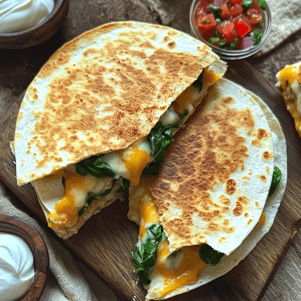 - 1 Dose (15 oz) weiße Bohnen, abgetropft und gespült - 2 Tassen frischer Spinat, grob gehackt - 1 Tasse geriebener Monterey Jack Käse (oder Käse nach Wahl) - 1 kleine Zwiebel, fein gewürfelt - 2 Knoblauchzehen, gehackt - 1 Teelöffel gemahlener Kreuzkümmel - 1 Teelöffel Chili-Pulver - Salz und Pfeffer nach Geschmack - 4 große Weizentortillas - 1 Esslöffel Olivenöl (zum Braten) - Optional: Sauerrahm und Salsa zum Servieren Die Hauptzutaten sind einfach zu finden. Die weißen Bohnen geben einen tollen Geschmack. Sie sind auch gesund und reich an Ballaststoffen. Frischer Spinat bringt Farbe und viele Nährstoffe. Der Käse sorgt für eine cremige Textur. Zwiebeln und Knoblauch geben der Füllung einen leckeren Kick. Gewürze wie Kreuzkümmel und Chili-Pulver bringen eine angenehme Wärme. Die Tortillas sind die Basis. Sie halten die Füllung und machen die Quesadillas knusprig. Ein wenig Olivenöl hilft beim Braten. Du kannst die Quesadillas auch mit Sauerrahm und Salsa servieren. Das ist besonders lecker! Du findest die vollständige Anleitung im [Full Recipe]. Zuerst zerdrücken Sie die weißen Bohnen. Nehmen Sie eine Schüssel und verwenden Sie eine Gabel. Die Bohnen sollten stückig, aber fast glatt sein. Dann erhitzen Sie in einer Pfanne das Olivenöl. Fügen Sie die gewürfelte Zwiebel hinzu und braten Sie sie für 3-4 Minuten. Sie sollte weich und leicht goldbraun sein. Jetzt kommt der gehackte Knoblauch dazu. Rühren Sie alles eine Minute lang, bis es gut duftet. Nun ist es Zeit für den Spinat. Geben Sie ihn in die Pfanne und rühren Sie weiter. Kochen Sie den Spinat, bis er verwelkt, etwa 1-2 Minuten. Nehmen Sie die Pfanne vom Herd. Mischen Sie die Zwiebelmischung mit den zerdrückten Bohnen in der Schüssel. Fügen Sie die Hälfte des Käses hinzu und vermengen Sie alles gut. Würzen Sie mit Salz und Pfeffer nach Geschmack. Erhitzen Sie eine saubere Pfanne bei mittlerer Hitze. Legen Sie eine Tortilla in die Pfanne. Verteilen Sie ein Viertel der Bohnen-Spinat-Mischung auf eine Hälfte der Tortilla. Bestreuen Sie die Mischung mit zusätzlichem Käse. Falten Sie die Tortilla zu einem Halbmond. Braten Sie die Quesadilla 2-3 Minuten auf jeder Seite. Sie sollte goldbraun sein, und der Käse muss geschmolzen sein. Wiederholen Sie diesen Vorgang mit den restlichen Tortillas. Schneiden Sie jede Quesadilla in Keile und servieren Sie sie warm. Dazu passen Sauerrahm und Salsa. Für das vollständige Rezept schauen Sie sich die [Full Recipe] an. Um perfekte Quesadillas zu machen, achte auf die Temperatur der Pfanne. Eine mittlere Hitze sorgt für knusprige Tortillas. Zu hohe Hitze kann sie verbrennen. Brate jede Quesadilla etwa 2-3 Minuten auf jeder Seite. So wird der Käse schön schmelzig und die Tortilla goldbraun. Der optimale Käse für die Füllung ist Monterey Jack. Er schmilzt gut und gibt einen tollen Geschmack. Alternativ kannst du auch Cheddar oder Gouda verwenden. Mische verschiedene Käsesorten, um mehr Tiefe zu erreichen. Um den Geschmack zu variieren, füge verschiedene Gewürze hinzu. Paprika oder Oregano bringen neue Aromen. Du kannst auch etwas Cayennepfeffer für eine scharfe Note verwenden. Experimentiere mit den Gewürzen, um deinen persönlichen Favoriten zu finden. Frische Kräuter sind eine hervorragende Ergänzung. Koriander oder Petersilie verleihen den Quesadillas Frische. Hacke sie fein und mische sie in die Füllung. So machst du die Quesadillas noch aromatischer und gesünder. Für das gesamte Rezept, siehe [Full Recipe]. {{image_4}} Für eine bunte Note in deinen Quesadillas kannst du verschiedene Gemüsesorten nutzen. Zucchini, Paprika und Pilze passen gut dazu. Diese Zutaten bringen nicht nur Geschmack, sondern auch Farbe. Du kannst auch Süßkartoffeln oder Kürbis probieren. Diese Optionen sind nahrhaft und machen das Gericht noch interessanter. Eine Kombination mit anderen Hülsenfrüchten ist ebenfalls möglich. Kichererbsen oder schwarze Bohnen können die weißen Bohnen ergänzen. Sie geben der Füllung eine neue Textur und einen anderen Geschmack. Dies macht deine Quesadillas noch vielfältiger und leckerer. Salsas und Dips sind perfekte Begleiter für deine Quesadillas. Eine frische Tomatensalsa bringt Frische und Schärfe. Du kannst auch eine Guacamole machen, um eine cremige Note hinzuzufügen. Diese Dips sorgen für einen tollen Kontrast zu den knusprigen Quesadillas. Für eine vollständige Mahlzeit kannst du einen einfachen grünen Salat servieren. Dieser sorgt für eine frische und leichte Ergänzung. Du kannst auch Reis oder Bohnen als Beilage anbieten. So hast du ein rundum leckeres Essen, das alle glücklich macht. Wenn du mehr über das Rezept erfahren möchtest, schaue dir die [Full Recipe] an. Um die Quesadillas frisch zu halten, lagere sie im Kühlschrank. Wickel sie in Folie oder lege sie in einen luftdichten Behälter. So bleiben sie 3-4 Tage haltbar. Für längere Lagerung friere die Quesadillas ein. Lege sie in einen Gefrierbeutel. So bleiben sie bis zu 3 Monate frisch. Um die Quesadillas aufzuwärmen, benutze eine heiße Pfanne. Dies hilft, die Knusprigkeit zu bewahren. Lege die Quesadilla in die Pfanne und erhitze sie 2-3 Minuten auf jeder Seite. Vermeide die Mikrowelle, da sie die Tortilla weich macht. Ein schöner Crunch ist wichtig, also achte darauf, sie richtig zu wärmen. Die Quesadillas sind im Kühlschrank etwa 3 bis 4 Tage haltbar. Lagern Sie sie in einem luftdichten Behälter. Vor dem Verzehr sollten Sie sie gut aufwärmen. Die Textur bleibt so optimal. Ja, Sie können die Quesadillas auch im Ofen zubereiten. Heizen Sie den Ofen auf 200 Grad Celsius vor. Legen Sie die gefüllten Tortillas auf ein Backblech. Backen Sie sie etwa 10 bis 15 Minuten, bis sie goldbraun sind. Wenden Sie die Quesadillas nach der Hälfte der Zeit, um eine gleichmäßige Bräunung zu erreichen. Für diese Quesadillas sind verschiedene Käsesorten geeignet. Monterey Jack ist eine gute Wahl, da er gut schmilzt. Cheddar verleiht einen kräftigen Geschmack. Auch Mozzarella oder Gouda können Sie verwenden. Mischen Sie verschiedene Käsesorten für mehr Geschmack. Diese Quesadillas sind einfach und lecker. Wir haben die Hauptzutaten wie weiße Bohnen, frischen Spinat und Käse betrachtet. Ich habe Ihnen gezeigt, wie Sie die Füllung zubereiten und die Quesadillas braten. Die Tipps helfen, perfekte Ergebnisse zu erzielen. Variationen zeigen, wie Sie kreativ sein können. Sie können die Quesadillas auch lagern und aufwärmen, ohne dass sie weich werden. Genießen Sie diese köstlichen Snacks!