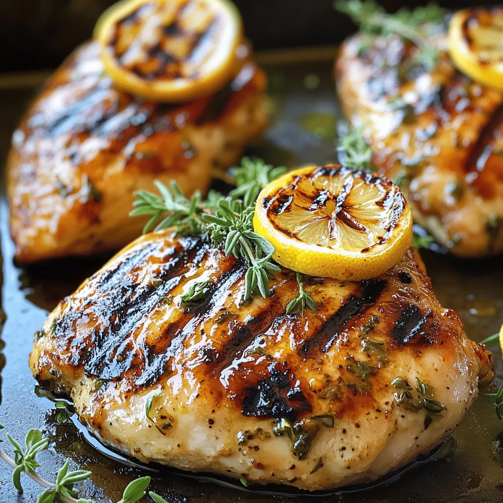 - 4 Hähnchenbrustfilets ohne Knochen und Haut - 60 ml Olivenöl - 45 ml frischer Zitronensaft - Abrieb von 1 Zitrone - 3 Zehen Knoblauch, fein gehackt - 2 Esslöffel frischer Rosmarin, gehackt - 2 Esslöffel frischer Thymian, gehackt - 1 Teelöffel Salz - 1/2 Teelöffel schwarzer Pfeffer - Zitronenscheiben zum Grillen und Garnieren Um ein großartiges Grillhähnchen zuzubereiten, beginnt alles mit den richtigen Zutaten. Frische Hähnchenbrustfilets sind wichtig. Sie machen das Hähnchen zart und saftig. Olivenöl und Zitronensaft sorgen für einen tollen Geschmack. Der Zitronenabrieb erhöht das Aroma und gibt dem Hähnchen eine spritzige Note. Knoblauch, Rosmarin und Thymian bringen die Aromen zusammen. Diese Kräuter passen perfekt zum Hähnchen. Gewürze wie Salz und schwarzer Pfeffer bringen alles zum Leben. Vergessen Sie nicht die Zitronenscheiben! Diese sind nicht nur zum Garnieren. Sie können auch gegrillt werden, um einen zusätzlichen frischen Geschmack hinzuzufügen. Diese Zutaten sind einfach zu finden und machen den Unterschied. Verwenden Sie sie, um die beste Erfahrung zu kreieren. Für die vollständige Anleitung, schauen Sie sich das [Full Recipe] an. Um die Marinade zu machen, vermenge zuerst die Zutaten. Nimm eine mittelgroße Schüssel. Gib 60 ml Olivenöl, 45 ml frischen Zitronensaft, den Abrieb von einer Zitrone, 3 gehackte Knoblauchzehen, 2 Esslöffel frischen Rosmarin, 2 Esslöffel frischen Thymian, 1 Teelöffel Salz und 1/2 Teelöffel schwarzen Pfeffer hinein. Rühre alles gut um. Dann nimm 4 Hähnchenbrustfilets ohne Knochen und Haut. Lege die Filets in einen großen, wiederverschließbaren Beutel. Gieße die Marinade gleichmäßig über das Hähnchen. Verschließe den Beutel und schüttle ihn vorsichtig. So verteilt sich die Marinade gut. Die Marinierzeit ist sehr wichtig. Du solltest das Hähnchen mindestens 30 Minuten marinieren. Für mehr Geschmack kannst du es bis zu 4 Stunden im Kühlschrank lassen. Längeres Marinieren bringt intensivere Aromen. Achte darauf, dass das Hähnchen gleichmäßig mariniert ist. Wenn du Zeit hast, ist es besser, länger zu marinieren. Ein weiterer Tipp: Wende den Beutel gelegentlich. So kann die Marinade überall hin gelangen. Jetzt ist es Zeit zu grillen! Bereite deinen Grill auf mittelhohe Hitze vor. Bei einem Holzkohlegrill warte, bis die Kohlen eine weiße Ascheschicht zeigen. Nimm das Hähnchen aus dem Beutel. Werfe die überschüssige Marinade weg. Lege die Hähnchenbrustfilets auf den Grill. Grill sie für 6-7 Minuten pro Seite. Achte darauf, dass das Hähnchen eine Innentemperatur von 75°C erreicht. Überprüfe die Mitte, sie sollte nicht mehr rosa sein. In den letzten Minuten kannst du Zitronenscheiben auf den Grill legen. Das gibt einen tollen Geschmack. Lass das Hähnchen nach dem Grillen 5 Minuten ruhen, bevor du es anschneidest. Die richtige Grilltemperatur ist wichtig für zartes Hähnchen. Ein Grill mit mittlerer Hitze ist ideal, also etwa 180-200 °C. Bei einem Holzkohlegrill sollten die Kohlen eine weiße Ascheschicht haben. So wird das Hähnchen gleichmäßig gegart. Wenn der Grill zu heiß ist, kann das Hähnchen außen verbrennen. Ist der Grill zu kalt, wird das Hähnchen nicht richtig gar. Für die Präsentation empfehle ich ein rustikales Holzbrett. Legen Sie das Hähnchen darauf und garnieren Sie es mit frischen Kräutern. Dazu passen Beilagen wie frischer Salat oder gegrilltes Gemüse. Auch Reis oder Kartoffeln sind gute Optionen. Die Farben der Beilagen machen das Gericht noch ansprechender. Ein häufiger Fehler ist das Übermarinieren des Hähnchens. 30 Minuten sind oft genug, aber bis zu 4 Stunden sind möglich. Zu langes Marinieren kann das Fleisch zäh machen. Achten Sie auch auf die Grillzeit. Grillen Sie das Hähnchen 6-7 Minuten pro Seite. Prüfen Sie die Innentemperatur. Sie sollte 75 °C erreichen, damit das Hähnchen gut durch ist. {{image_4}} Du kannst viele Kräuter verwenden, um das Hähnchen zu würzen. Basilikum und Oregano bringen neue Geschmäcker. Sie ergänzen die Zitrone sehr gut. Eine andere Idee ist, Lime anstelle von Zitrone zu verwenden. Lime hat einen anderen, süßeren Geschmack. So bleibt dein Grillhähnchen frisch und aufregend. Wenn du Abwechslung suchst, probiere Fisch oder Tofu. Fisch, wie Lachs, ist sehr saftig und lecker. Tofu nimmt die Marinade gut auf. So schaffst du eine vegetarische Version. Du kannst auch Grillgemüse dazugeben. Zucchini, Paprika und Aubergine sind tolle Optionen. Für eine Low-Carb-Option kannst du einfach Süßstoffe nutzen. Sie machen die Marinade süß, ohne Zucker hinzuzufügen. Glutenfreie Alternativen sind auch wichtig. Verwende glutenfreies Sojasoßen oder Brühe. So bleibt dein Gericht gesund und schmackhaft. Das sind einige tolle Möglichkeiten, um dein Zesty Lemon Herb Grilled Chicken zu variieren. Du wirst überrascht sein, wie viele Wege es gibt, den Geschmack zu verändern! Für die vollständige Rezeptanleitung schau dir das [Full Recipe] an. Nach dem Grillen lasse ich das Hähnchen etwa fünf Minuten ruhen. So bleibt der Saft im Fleisch. Danach schneide ich das Hähnchen in Portionen. Am besten lege ich sie in einen luftdichten Behälter. Alternativ kann ich auch einen wiederverschließbaren Plastikbeutel nutzen. Es ist wichtig, das Hähnchen vollständig abkühlen zu lassen, bevor ich es einlagere. Das verhindert, dass sich Kondenswasser bildet. Im Kühlschrank kann das gegrillte Hähnchen bis zu vier Tage frisch bleiben. Ich lagere es immer in der kältesten Zone, meist in der Rückwand. Um die Frische zu sichern, achte ich darauf, dass der Behälter gut verschlossen ist. Ich überprüfe regelmäßig, ob das Hähnchen noch gut riecht und aussieht, bevor ich es esse. Wenn ich das Hähnchen länger aufbewahren möchte, kann ich es einfrieren. Ich schneide es in Portionen und lege es in einen gefriergeeigneten Beutel. Dabei drücke ich die Luft heraus, um Gefrierbrand zu vermeiden. Zum Wiederaufwärmen tauche ich das Hähnchen am besten im Kühlschrank auf. Danach kann ich es in der Mikrowelle oder im Ofen erhitzen. Ich achte darauf, dass die Innentemperatur mindestens 75 °C erreicht. So bleibt es sicher und lecker. Für das vollständige Rezept, siehe [Full Recipe]. Das Hähnchen sollte mindestens 30 Minuten marinieren. Dies gibt den Aromen Zeit, in das Fleisch einzudringen. Für ein intensiveres Aroma empfehle ich, das Hähnchen bis zu 4 Stunden im Kühlschrank zu lassen. So wird der Geschmack viel reicher. Zu langes Marinieren kann das Hähnchen jedoch zäh machen. Achte also darauf, die Zeit im Blick zu behalten. Es ist nicht sicher, die Marinade wiederzuverwenden, nachdem sie mit rohem Hähnchen in Kontakt war. Die Marinade kann Bakterien enthalten. Wenn du die Marinade verwenden möchtest, koche sie zuerst auf. So tötest du schädliche Keime ab. Du kannst auch eine frische Marinade zubereiten, um dein Hähnchen zu würzen. So bleibst du auf der sicheren Seite. Die ideale Grilltemperatur für Hähnchen liegt bei etwa 180 bis 200 Grad Celsius. Bei dieser Temperatur gart das Hähnchen gleichmäßig und bleibt saftig. Du kannst ein Grillthermometer verwenden, um die Innentemperatur zu prüfen. Achte darauf, dass die Innentemperatur 75 Grad Celsius erreicht, um sicherzustellen, dass das Hähnchen gut durchgegart ist. So wird dein Hähnchen perfekt zart. In diesem Blogbeitrag habe ich die besten Zutaten und Schritte für gegrilltes Hähnchen vorgestellt. Du hast gelernt, wie man eine schmackhafte Marinade erstellt und wichtige Grilltechniken anwendet. Außerdem habe ich Tipps zum Servieren und Lagern gegeben. Experimentiere mit verschiedenen Gewürzen und Gemüse für neue Geschmäcker. Achte auf die Grillzeit und Temperatur. So wird dein Hähnchen immer perfekt. Wenn du diese Tipps befolgst, hast du immer ein köstliches Gericht auf dem Grill.