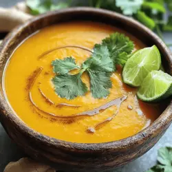 Um die köstliche Spiced Carrot and Ginger Soup zuzubereiten, benötigen wir folgende Zutaten: - 1 Esslöffel Olivenöl - 1 mittelgroße Zwiebel, gehackt - 2 Knoblauchzehen, fein gehackt - 1 Esslöffel frischer Ingwer, gerieben - 1 Teelöffel Kreuzkümmel, gemahlen - 1 Teelöffel Koriander, gemahlen - ½ Teelöffel Kurkuma, gemahlen - ½ Teelöffel Zimt, gemahlen - 4 Tassen Karotten, geschält und grob gehackt - 4 Tassen Gemüsebrühe - 1 Tasse Kokosmilch - Salz und Pfeffer nach Geschmack - Frischer Koriander zur Garnitur (optional) - Limettenviertel zum Servieren Diese Zutaten sind einfach zu finden. Karotten bringen eine süße Note, während Ingwer die Suppe würzig macht. Die Gewürze wie Kreuzkümmel und Koriander geben der Suppe Tiefe. Kokosmilch sorgt für eine cremige Konsistenz. Achten Sie darauf, frische Zutaten zu wählen, um den besten Geschmack zu erzielen. Für das volle Rezept schauen Sie sich bitte die vollständige Anleitung an. Um die Gewürzte Karotten-Ingwer-Suppe zu machen, beginnen wir mit dem Olivenöl. Erhitze es in einem großen Topf bei mittlerer Hitze. Füge die gehackte Zwiebel hinzu und brate sie etwa 5 Minuten lang, bis sie glasig ist. Das gibt der Suppe eine tolle Basis. Jetzt kommt der Knoblauch und der frische Ingwer ins Spiel. Gib sie dazu und brate sie für 2 Minuten. Dadurch entfalten sich die Aromen. Die gemahlenen Gewürze, wie Kreuzkümmel und Zimt, kommen nun hinzu. Röste sie für etwa 1 Minute, um ihren Geschmack zu intensivieren. Dann fügen wir die grob gehackten Karotten und die Gemüsebrühe hinzu. Bringe die Mischung zum Kochen, reduziere die Hitze und lasse sie 25 Minuten köcheln. So werden die Karotten schön weich. Die gesamte Kochzeit beträgt etwa 40 Minuten. Die ersten 15 Minuten sind für das Anbraten der Zwiebel, des Knoblauchs und der Gewürze. Danach köcheln wir die Karotten in der Brühe für 25 Minuten. Achte darauf, die Hitze niedrig zu halten, damit die Suppe nicht anbrennt. Sobald die Karotten weich sind, ist es Zeit zum Pürieren. Du kannst entweder einen Stabmixer verwenden oder die Mischung in einen Standmixer umfüllen. Mixe die Suppe bis sie glatt ist. Gib die pürierte Suppe zurück in den Topf. Jetzt füge die Kokosmilch hinzu. Rühre gut um und schmecke die Suppe mit Salz und Pfeffer ab. Erwärme sie sanft, bis sie gleichmäßig warm ist. Serviere die Suppe heiß. Optional kannst du frischen Koriander darauf geben und einen Spritzer Limettensaft hinzufügen. Das macht die Suppe noch frischer. Für das komplette Rezept sieh dir die Full Recipe an. Um den Geschmack der gewürzten Karotten-Ingwer-Suppe zu verbessern, achte auf frische Zutaten. Frischer Ingwer und frische Karotten bringen mehr Aroma. Röste die Gewürze kurz an, bevor du die Brühe hinzufügst. Das hebt die Aromen und macht die Suppe reichhaltiger. Ein Spritzer Limettensaft kurz vor dem Servieren bringt Frische ins Gericht. Die Schärfe der Suppe kannst du leicht anpassen. Wenn du es schärfer magst, füge eine kleine Menge frischen Chili oder Cayennepfeffer hinzu. Für eine mildere Variante lass die scharfen Zutaten einfach weg. Du kannst auch mehr Kokosmilch verwenden, um die Schärfe auszugleichen. Probiere es aus und finde deinen perfekten Geschmack. Die Präsentation macht viel aus. Serviere die Suppe in schönen, tiefen Schalen. Garniere sie mit frischen Korianderblättern für einen farbenfrohen Kontrast. Ein Limettenviertel auf der Seite ermöglicht es den Gästen, nach Belieben mehr Frische hinzuzufügen. Diese kleinen Details machen das Essen noch einladender und schmackhafter. {{image_4}} Die Gewürzte Karotten-Ingwer-Suppe ist von Natur aus vegetarisch. Um sie vegan zu machen, verwenden Sie einfach Gemüsebrühe und Kokosmilch. Es gibt keine tierischen Produkte in diesem Rezept. So bleibt der Geschmack intensiv und die Suppe bleibt cremig. Möchten Sie die Suppe aufpeppen? Fügen Sie einige dieser Zutaten hinzu: - 1 Teelöffel Curry-Pulver für eine würzige Note. - 1 kleine Chili, fein gehackt, für mehr Schärfe. - 1 Apfel, geschält und gewürfelt, für eine süße Note. - Einige geröstete Nüsse für den Crunch. Diese Zutaten bringen neuen Schwung in die Suppe und machen sie einzigartig. Servieren Sie die Suppe heiß in tiefen Schalen. Garnieren Sie sie mit frischem Koriander. Ein Limettenviertel auf der Seite gibt den Gästen die Möglichkeit, mehr Frische hinzuzufügen. Sie können auch knuspriges Brot oder Cracker dazu reichen. Diese Beilagen passen perfekt zur Wärme der Suppe. So wird jede Schüssel zu einem vollen Genuss. Du kannst die Suppe bis zu fünf Tage im Kühlschrank aufbewahren. Fülle die abgekühlte Suppe in einen luftdichten Behälter. Achte darauf, dass sie gut verschlossen ist. So bleibt der Geschmack frisch. Vor dem Servieren solltest du die Suppe gut umrühren. Wenn du die Suppe länger aufbewahren möchtest, friere sie ein. Fülle die abgekühlte Suppe in Gefrierbeutel oder -behälter. Lass etwas Platz für die Ausdehnung. So bleibt die Suppe bis zu drei Monate haltbar. Beschrifte die Behälter mit Datum und Inhalt. Um die Suppe aufzuwärmen, mache dies langsam. Gieße die gefrorene oder gekühlte Suppe in einen Topf. Erhitze sie bei mittlerer Hitze und rühre gelegentlich um. Du kannst auch die Mikrowelle nutzen. Erwärme die Suppe in kurzen Intervallen von 1 bis 2 Minuten. Überprüfe die Temperatur, bevor du sie servierst. Für das vollständige Rezept, sieh dir die Gewürzte Karotten-Ingwer-Suppe an. Du kannst die Suppe bis zu fünf Tage im Kühlschrank aufbewahren. Stelle sicher, dass du sie in einem luftdichten Behälter lagern. Wenn du die Suppe länger aufbewahren möchtest, friere sie ein. So bleibt der Geschmack und die Frische erhalten. Zum Auftauen einfach über Nacht im Kühlschrank lagern. Ja, gefrorene Karotten sind eine gute Alternative. Sie sind oft schon vorbereitet und können direkt in die Suppe gegeben werden. Achte darauf, die gefrorenen Karotten vorher kurz anzutauen, um die Kochzeit anzupassen. Sie haben einen ähnlichen Geschmack und behalten ihre Nährstoffe gut. Ingwer hat viele Vorteile. Er kann die Verdauung fördern und Entzündungen reduzieren. Karotten sind reich an Vitamin A, was gut für die Augen ist. Beide Zutaten stärken das Immunsystem. Außerdem bieten sie wichtige Antioxidantien, die deinem Körper helfen, gesund zu bleiben. Diese Suppe nutzt einfache, gesunde Zutaten und ist schnell gemacht. Wir haben die Zubereitung, Kochzeiten und Tipps für besseren Geschmack behandelt. Es gibt auch leckere Variationen und Aufbewahrungstipps. Mach dir keine Sorgen, wenn du mal Reste hast – die Suppe ist einfach aufzuwärmen oder einzufrieren. Probiere die verschiedenen Optionen aus und passe sie an deinen Geschmack an. Experimentiere und finde deine perfekte Kombination!